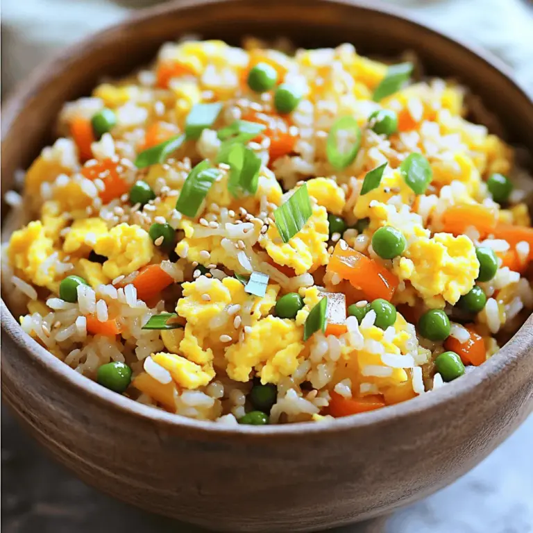 Für ein köstliches Fried Rice brauche ich einige Hauptzutaten: - 2 Tassen gekochter Jasminreis - 2 Esslöffel Pflanzenöl - 1 mittelgroße Zwiebel, gewürfelt - 2 Knoblauchzehen, fein gehackt Gekochter Jasminreis ist ideal. Er bleibt locker und hat einen feinen Geschmack. Verwende am besten abgekühlten Reis. So wird der Reis beim Braten nicht klebrig. Pflanzenöl sorgt dafür, dass alles schön brät. Zwiebel und Knoblauch geben dem Gericht viel Aroma. Gemüse ist wichtig für den besten Geschmack. Ich empfehle, eine Tasse gemischtes Gemüse zu verwenden, wie: - Erbsen - Karotten - Paprika Diese Farben und Texturen machen den Reis spannend. Eier sind ein Muss in gebratenem Reis. Ich verwende zwei große Eier, die ich verquirle. Sie fügen eine tolle Cremigkeit hinzu und machen das Gericht sättigender. Sojasauce ist die geheime Zutat. Sie bringt Umami und Tiefe ins Gericht. Ich empfehle, 3 Esslöffel zu verwenden. Sesamöl bringt das Aroma. Ein Esslöffel reicht aus, um alles geschmacklich abzurunden. Es gibt dem Gericht einen nussigen Geschmack, der einfach lecker ist. Für die vollständige Zubereitung schaue dir das Full Recipe an. Zuerst bereiten wir den Reis vor. Du brauchst gekochten Jasminreis. Ideal ist, wenn dieser abgekühlt ist. Kalter Reis verhindert, dass der gebratene Reis matschig wird. Verwende am besten Reis, der schon einen Tag alt ist. Jetzt schneide das Gemüse und die Zwiebeln. Du kannst Erbsen, Karotten und Paprika nehmen. Diese geben dem Gericht Farbe und Geschmack. Die Zwiebel würfelst du klein. So verteilt sie sich gut im Reis. Den Knoblauch hackst du ebenfalls fein. Erhitze in einer großen Pfanne oder einem Wok das Pflanzenöl. Nimm mittlere bis hohe Hitze. Wenn das Öl heiß ist, gib die Zwiebel hinein. Brate sie für 2-3 Minuten an, bis sie glasig wird. Jetzt kommt der Knoblauch und das Gemüse dazu. Rühre alles gut um und koche es weitere 2-3 Minuten, bis das Gemüse zart ist. Schiebe das Gemüse an die Seite der Pfanne. Füge die verquirlten Eier auf die andere Seite hinzu. Rühre die Eier, bis sie ganz durch sind. Dann vermenge sie mit dem Gemüse. Jetzt ist es Zeit, den Reis hinzuzufügen. Gib den gekochten Jasminreis in die Pfanne. Breche die Klumpen mit einem Kochlöffel auf. Gieße die Sojasauce und das Sesamöl über den Reis. Mische alles gut, damit der Reis gleichmäßig bedeckt ist. Lass den Reis für 2-3 Minuten braten, damit er leicht knusprig wird. Jetzt kannst du die geschnittenen Frühlingszwiebeln und optional dein gewähltes Protein unterrühren. Erhitze alles noch eine Minute. Schmecke mit Salz und Pfeffer ab. Dann ist dein einfaches Fried Rice bereit. Du kannst es heiß servieren. Für das vollständige Rezept schau dir das [Full Recipe] an. - Verwendung von kaltem Reis: Kalter Reis ist der Schlüssel zu gutem gebratenem Reis. Frisch gekochter Reis hat viel Feuchtigkeit. Er klebt und wird matschig. Lass den Reis vor der Zubereitung mindestens 30 Minuten abkühlen. So bekommst du lockeren, knusprigen Reis. - Hitze regeln für knusprigen Reis: Hohe Hitze ist wichtig. Sie hilft, den Reis zu braten und die Aromen zu entwickeln. Stelle sicher, dass die Pfanne oder der Wok gut erhitzt ist, bevor du die Zutaten hinzufügst. So bleibt der Reis schön knusprig. - Praktische Kochutensilien: Verwende eine große Pfanne oder einen Wok für beste Ergebnisse. Ein Wok verteilt die Hitze gleichmäßig. Ein Holzlöffel ist perfekt, um den Reis gut zu vermischen. - Einsatz eines Woks vs. Bratpfanne: Ein Wok hat hohe Wände und eine große Fläche. So kannst du die Zutaten gut bewegen und braten. Eine Bratpfanne kann auch funktionieren, aber ein Wok gibt dir mehr Platz. - Überkochen des Gemüses: Achte darauf, das Gemüse nicht zu lange zu braten. Es soll knackig bleiben. Brate es nur, bis es zart ist, aber nicht matschig. So behält es seine Farbe und Nährstoffe. - Zu viel Sojasauce verwenden: Sojasauce gibt Geschmack, aber Übertreib es nicht. Zu viel macht den Reis salzig und matschig. Beginne mit einer kleinen Menge und füge mehr nach Geschmack hinzu. So bleibt dein Gericht ausgewogen und lecker. Für die vollständige Zubereitung kannst du das [Full Recipe] nutzen. {{image_4}} Fried Rice ist super vielseitig. Du kannst Hähnchen, Garnelen oder Tofu hinzufügen. Diese Optionen bringen mehr Geschmack und Proteine. - Hähnchen: Verwende gekochtes oder gebratenes Hähnchen. Schneide es in kleine Stücke und mische es gut unter den Reis. - Garnelen: Sie sind schnell zubereitet und geben dem Gericht einen tollen Meeresgeschmack. - Tofu: Für eine vegetarische Option ist Tofu ideal. Brate ihn zuerst, bevor du ihn zum Reis gibst. Vegetarische Alternativen sind lecker und gesund. Du kannst auch Kichererbsen oder Seitan verwenden. Diese Optionen bieten eine tolle Textur und Geschmack. Das Gemüse kann variieren. Ich liebe es, saisonales Gemüse zu verwenden. Es bringt frische Aromen. Du kannst Karotten, Erbsen oder Paprika nehmen. - Saisonales Gemüse: Schau dir an, was gerade frisch ist. Zucchini oder Brokkoli sind auch tolle Optionen. - Gefrorenes Gemüse: Wenn du keine frischen Zutaten hast, sind gefrorene Gemüse eine gute Wahl. Sie sind praktisch und behalten ihren Geschmack. Gemüse sorgt für mehr Farbe und Nährstoffe. Es macht dein Fried Rice nicht nur lecker, sondern auch gesund. Die Gewürze machen den Unterschied in deinem Fried Rice. Du kannst Chilisauce hinzufügen, wenn du es scharf magst. Ein kleiner Spritzer reicht oft aus. - Chilisauce: Sie gibt deinem Gericht einen schönen Kick. Fang mit wenig an, dann kannst du mehr hinzufügen. - Ingwer: Frischer Ingwer bringt eine besondere Note. Reibe ihn fein und füge ihn während des Kochens hinzu. Diese einfachen Anpassungen machen dein Gericht besonders. Du kannst auch mit Sojasauce oder Knoblauch variieren. Das macht dein Fried Rice einzigartig und köstlich. Für das vollständige Rezept, schau dir das [Full Recipe] an. Um gebratenen Reis richtig aufzubewahren, sollten Sie ihn zuerst abkühlen lassen. Legen Sie den Reis in einen luftdichten Behälter. Der Kühlschrank ist ideal für die Lagerung. Dort bleibt der gebratene Reis bis zu drei Tage frisch. Wenn Sie mehr Zeit benötigen, frieren Sie ihn ein. In einem gefriergeeigneten Behälter hält er bis zu drei Monate. Die Haltbarkeit hängt von der Lagerung ab. Bei Raumtemperatur sollten Sie ihn nicht länger als zwei Stunden stehen lassen. Im Kühlschrank bleibt er länger frisch. Achten Sie immer auf Geruch oder Aussehen. Wenn der Reis unangenehm riecht, entsorgen Sie ihn. Um den gebratenen Reis aufzuwärmen, gibt es einige gute Methoden. Eine einfache Methode ist die Mikrowelle. Geben Sie den Reis in eine Schüssel und fügen Sie einen Esslöffel Wasser hinzu. Bedecken Sie die Schüssel mit einem Deckel oder einem feuchten Tuch. So bleibt der Reis feucht und lecker. Eine andere Methode ist die Pfanne. Erhitzen Sie etwas Öl in einer Pfanne. Fügen Sie den Reis hinzu und braten Sie ihn kurz an. Rühren Sie oft um, damit er gleichmäßig warm wird. Klumpen können beim Aufwärmen entstehen. Um dies zu vermeiden, verwenden Sie kalten, gekochten Reis. Er sollte gut abgekühlt sein, bevor Sie ihn lagern. Wenn Sie den gebratenen Reis aufwärmen, lockern Sie ihn vorher mit einer Gabel auf. So bleibt er locker und schmackhaft. Für mehr Details und die Zutatenliste schauen Sie sich das [Full Recipe](#) an. Die Zubereitung von fried rice dauert insgesamt 30 Minuten. Davon sind 10 Minuten für die Vorbereitung nötig. Das Kochen dauert etwa 20 Minuten. Sie müssen den Reis zuerst kochen und abkühlen lassen. Wenn Sie bereits gekochten Reis verwenden, sparen Sie Zeit. Bereiten Sie die Zutaten vor, während der Reis kocht. Ja, Sie können gebratenen Reis im Voraus zubereiten. Kochen Sie den Reis und lassen Sie ihn abkühlen. Lagern Sie den Reis in einem luftdichten Behälter im Kühlschrank. Er bleibt dort 3 bis 5 Tage frisch. Wenn Sie ihn aufwärmen, nutzen Sie eine Pfanne oder Mikrowelle. Fügen Sie etwas Öl hinzu, damit er nicht trocken wird. Sie können fried rice als Beilage oder Hauptgericht nutzen. Kombinieren Sie ihn mit Hähnchen, Garnelen oder Tofu. Fügen Sie eine Sauce hinzu, um den Geschmack zu verstärken. Servieren Sie ihn mit einem frischen Salat oder gedünstetem Gemüse. So wird es eine vollständige Mahlzeit. Dieser Artikel hat Ihnen gezeigt, wie man leckeren gebratenen Reis zubereitet. Wir haben die besten Zutaten, Tipps zur Zubereitung und Variationen besprochen. Denken Sie daran, dass kalter Reis und die richtige Hitze der Schlüssel zum Erfolg sind. Mit diesen einfachen Schritten und Tricks können Sie tolle Gerichte zaubern. Gebratener Reis ist vielseitig und lässt sich leicht anpassen. Ich hoffe, Sie fühlen sich inspiriert, eigene Kreationen zu probieren. Viel Spaß beim Kochen!