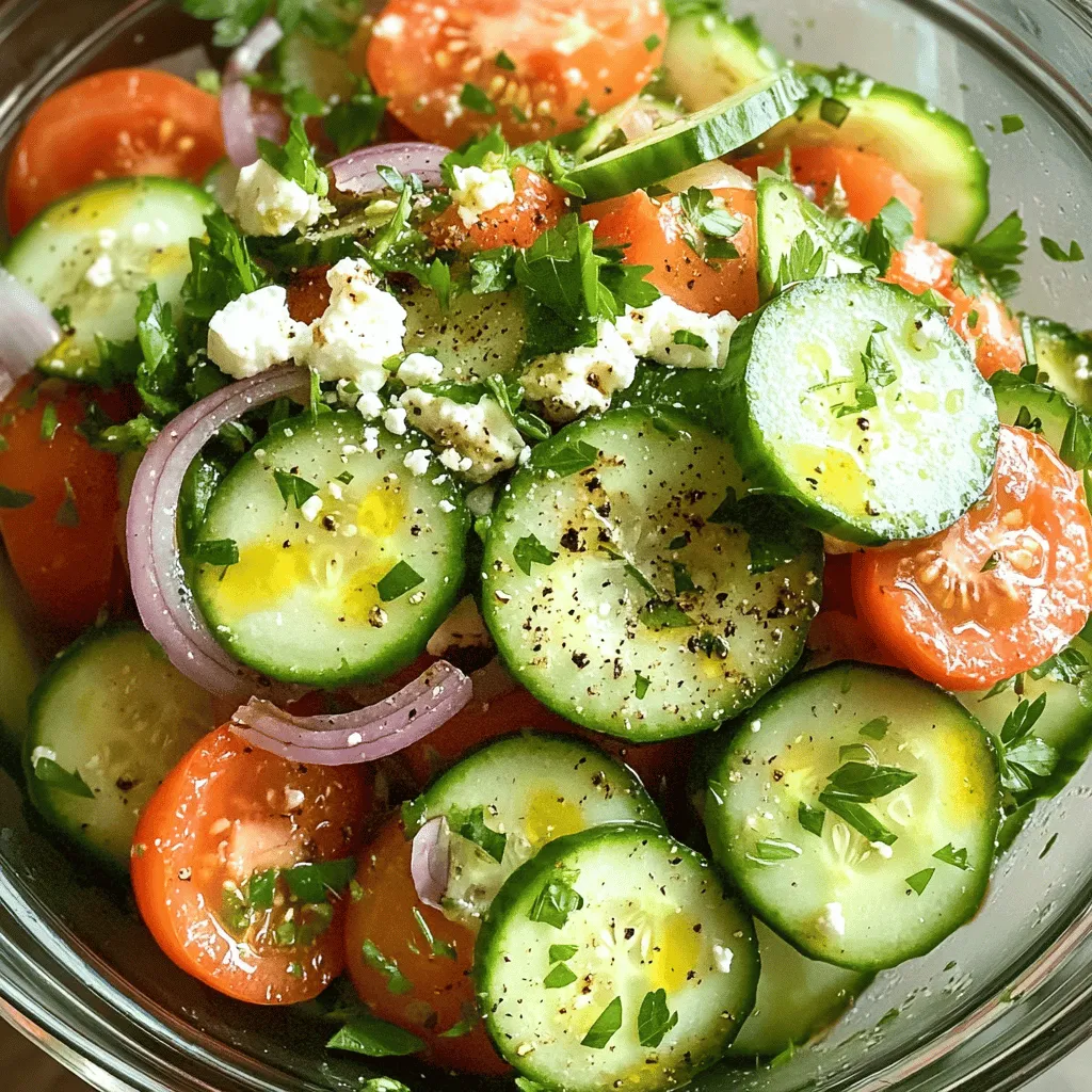Um diesen frischen Salat zuzubereiten, benötigen Sie: - 2 große Gurken, dünn geschnitten - 3 mittlere reife Tomaten, gewürfelt - 1 Tasse Feta-Käse, zerbröselt - 1/4 rote Zwiebel, dünn geschnitten - 1/4 Tasse frische Petersilie, gehackt - 2 Esslöffel Olivenöl - 1 Esslöffel Balsamico-Essig - 1 Teelöffel getrockneter Oregano - Salz und frisch gemahlener schwarzer Pfeffer nach Geschmack Wenn Sie Zutaten auswählen, achten Sie auf Frische. Wählen Sie Gurken, die fest und glänzend sind. Sie sollten keine weichen Stellen haben. Bei Tomaten suchen Sie reife, duftende Früchte. Die Haut sollte glatt und ohne Druckstellen sein. Feta sollte weiß und krümelig sein. Prüfen Sie auch die Zwiebeln. Sie müssen fest und trocken sein. Petersilie sollte hellgrün und frisch riechen. Wenn Sie keine Gurken haben, versuchen Sie Zucchini. Für die Tomaten können Sie auch Kirschtomaten verwenden. Sie sind süß und lecker. Wenn Sie keinen Feta mögen, probieren Sie Ziegenkäse. Er hat einen anderen Geschmack, ist aber auch lecker. Für das Dressing können Sie Apfelessig anstelle von Balsamico verwenden. Das gibt der Mischung eine feine Säure. Um diesen Salat zuzubereiten, brauchst du frische Gurken und Tomaten. Beginne mit der Vorbereitung. Schneide die Gurken in dünne Scheiben. Würfle die Tomaten in kleine Stücke. Mische beides in einer großen Schüssel. Füge dann den zerbröselten Feta-Käse und die dünn geschnittene rote Zwiebel hinzu. Jetzt ist es Zeit für das Dressing. In einer kleinen Schüssel vermische das Olivenöl, Balsamico-Essig und Oregano. Schmecke das Dressing mit Salz und Pfeffer ab. Gieße es über die Salatzutaten. Mische vorsichtig, damit die Feta-Brösel ganz bleiben. Bevor du den Salat servierst, streue die gehackte Petersilie darüber. Dies gibt dem Salat eine schöne Farbe und Frische. Lass den Salat für 10 Minuten bei Zimmertemperatur ruhen. So können die Aromen gut durchziehen. Achte darauf, dass du die Gurken und Tomaten zuerst schneidest. Das hilft, die restlichen Zutaten besser zu mischen. Bereite das Dressing erst nach den geschnittenen Zutaten vor. So bleibt es frisch und aromatisch. Lass den Salat ruhen, damit er noch besser schmeckt. Für das vollständige Rezept, sieh dir bitte die Krosse Gurken-Tomaten-Feta-Delikatesse an. Ein häufiger Fehler ist, die Gurken zu salzen. Das macht sie weich. Schneide sie erst und lass sie dann ruhen. So gibst du ihnen Zeit, Wasser zu verlieren. Achte darauf, die Tomaten nicht zu klein zu schneiden. Größere Stücke sorgen für mehr Biss. Verwende frischen Feta-Käse für den besten Geschmack. Alte oder verpackte Sorten können fade sein. Vergiss nicht, das Dressing erst kurz vor dem Servieren hinzuzufügen. So bleibt der Salat frisch und knackig. Um den Salat aromatischer zu machen, füge frische Kräuter hinzu. Minze oder Basilikum passen gut. Du kannst auch etwas Zitronensaft oder Abrieb verwenden. Das gibt Frische und Säure. Experimentiere mit Gewürzen wie Paprika oder Kreuzkümmel, um neue Aromen zu entdecken. Ein Spritzer Limette bringt eine tolle Note. Lass den Salat vor dem Servieren kurz stehen. So vermischen sich die Aromen besser. Serviere den Salat in einer klaren Schüssel. So kommen die Farben gut zur Geltung. Du kannst ihn mit frischer Petersilie oder Oliven garnieren. Das sieht schön aus und schmeckt gut. Für die richtige Stimmung empfehle ich entspannende Musik. Ein sanfter Jazz oder Akustik-Pop sorgt für eine angenehme Atmosphäre. Genieße den Salat mit einem kühlen Getränk. Ein Glas Mineralwasser oder ein leichter Rosé passt perfekt. Für das vollständige Rezept schau dir die Krosse Gurken-Tomaten-Feta-Delikatesse an. {{image_4}} Sie können den Salat leicht anpassen. Fügen Sie Avocado für eine cremige Note hinzu. Oliven bringen einen salzigen Geschmack. Paprika sorgt für mehr Farbe und Crunch. Wenn Sie etwas Süßes wollen, probieren Sie Kirschtomaten. Sie machen den Salat noch frischer und leckerer. Auch Radieschen passen gut dazu. Sie bringen einen schönen Biss. Das Dressing kann variieren. Probieren Sie Zitrone statt Balsamico für eine frische Note. Eine Kombination aus Honig und Senf ergibt eine süß-scharfe Mischung. Für mehr Würze fügen Sie einen Spritzer Tabasco hinzu. Wer es cremiger mag, kann Joghurt einrühren. Das gibt dem Salat eine ganz neue Dimension. Für eine vegane Version lassen Sie den Feta weg oder ersetzen ihn durch pflanzlichen Käse. Diese Alternativen sind in vielen Geschäften erhältlich. Achten Sie auf Produkte ohne tierische Inhaltsstoffe. Auch Kichererbsen sind eine tolle Ergänzung. Sie machen den Salat nahrhafter und sättigender. Verwenden Sie frische Kräuter wie Basilikum oder Minze für extra Geschmack. Um den Cucumber Tomato Salad with Feta frisch zu halten, sollten Sie ihn kühl lagern. Verwenden Sie einen luftdichten Behälter. Stellen Sie sicher, dass der Salat gut verschlossen ist. So bleibt er knackig und lecker. Lagern Sie ihn im Kühlschrank und vermeiden Sie Wärmequellen. Im Kühlschrank bleibt der Salat für etwa drei Tage frisch. Nach dieser Zeit kann die Textur matschig werden. Feta-Käse kann auch anfangen, seine Frische zu verlieren. Überprüfen Sie den Salat regelmäßig. Wenn er unappetitlich aussieht oder riecht, entsorgen Sie ihn. Haben Sie Reste? Verwenden Sie sie in Wraps oder Sandwiches. Sie können auch die Mischung in eine Omelette geben. Eine weitere Idee ist, die Resten mit Quinoa zu mischen. So wird eine nahrhafte Beilage daraus. Seien Sie kreativ und genießen Sie die Vielfalt! Du kannst den Salat bis zu drei Tage im Kühlschrank aufbewahren. Achte darauf, ihn in einem luftdichten Behälter zu lagern. So bleibt er frisch und knackig. Wenn du ihn länger aufbewahren willst, ist es besser, das Dressing separat zu halten. So bleibt der Salat frisch und die Textur bleibt erhalten. Ja, du kannst Feta-Käse ersetzen. Ziegenkäse oder Ricotta sind gute Alternativen. Beide Käse geben dem Salat einen anderen, aber leckeren Geschmack. Probiere es aus und finde deine Lieblingskombination. Ja, dieser Salat ist sehr diätfreundlich. Er enthält frisches Gemüse und gesunde Fette aus Olivenöl. Die Kombination ist kalorienarm und nährstoffreich. Perfekt für eine ausgewogene Ernährung. Wenn du die Kalorien weiter reduzieren möchtest, verwende weniger Olivenöl oder lasse den Käse weg. Für das vollständige Rezept der krossen Gurken-Tomaten-Feta-Delikatesse, schau dir den Abschnitt „Vollständiges Rezept“ an. Diese Anleitung hat Ihnen gezeigt, wie man einen krossen Gurken-Tomaten-Feta-Salat zubereitet. Wir haben frische Zutaten und wichtige Tipps zur Zubereitung besprochen. Vermeiden Sie häufige Fehler, um den besten Geschmack zu erzielen. Variieren Sie das Rezept mit verschiedenen Dressings und Ergänzungen. Denken Sie daran, den Salat richtig zu lagern, damit er frisch bleibt. Nutzen Sie die FAQs, um Ihre Fragen zu klären. Damit sind Sie gut gerüstet, einen leckeren Salat zu machen. Viel Spaß beim Ausprobieren und Genießen!