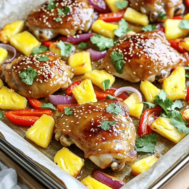 - 4 Hähnchenschenkel, ohne Haut und Knochen - 1 Tasse frische Ananas, gewürfelt - 1 rote Paprika, in Streifen geschnitten - 1 gelbe Paprika, in Streifen geschnitten Die Hauptzutaten machen dieses Gericht frisch und bunt. Die Hähnchenschenkel sind saftig und zart. Die Ananas bringt eine süße Note. Die Paprika sorgt für einen knackigen Biss. - 3 Esslöffel natriumarme Sojasauce - 2 Esslöffel Honig - 1 Esslöffel Sesamöl Die Sojasauce gibt Tiefe und Geschmack. Honig fügt eine süße Dimension hinzu. Sesamöl bringt ein nussiges Aroma. Diese Kombination ist einfach und lecker. - 2 Knoblauchzehen, fein gehackt - 1 Teelöffel frischer Ingwer, gerieben - Salz und Pfeffer nach Geschmack Knoblauch und Ingwer bringen einen tollen Duft. Sie geben dem Gericht Wärme und Tiefe. Salz und Pfeffer runden die Aromen ab. Du kannst die Mengen nach deinem Geschmack anpassen. Für das gesamte Rezept schau bitte in die [Full Recipe]. Heize deinen Ofen auf 200°C (400°F) vor. Dies sorgt für eine gleichmäßige Hitze. Lege ein Backblech mit Backpapier aus. So bleibt das Blech sauber und die Reinigung geht schnell. In einer Schüssel vermische die Sojasauce, den Honig, das Sesamöl, den gehackten Knoblauch, den geriebenen Ingwer sowie etwas Salz und Pfeffer. Rühre alles gut um, bis es glatt ist. Diese Marinade gibt deinem Hähnchen und Gemüse viel Geschmack. Lege die Hähnchenschenkel auf das Backblech. Die Haut sollte entfernt sein, damit sie saftig bleiben. Platziere das Gemüse rund um das Hühnchen. Gieße die Marinade gleichmäßig über alles. So zieht der Geschmack gut ein. Röste das Gericht im Ofen für 25-30 Minuten. Prüfe die Kerntemperatur des Hähnchens. Sie sollte 75°C (165°F) erreichen. So ist das Hähnchen sicher zu essen. Das Gemüse wird weich und lecker. Für das gesamte Rezept schau dir die [Full Recipe] an. Um das Hähnchen perfekt zuzubereiten, ist die Kerntemperatur wichtig. Du solltest sicherstellen, dass das Hühnchen eine Kerntemperatur von 75°C (165°F) erreicht. Hier sind einige Tipps: - Nutze ein Fleischthermometer, um die Temperatur zu messen. - Steche das Thermometer in die dickste Stelle des Hähnchens. - Lass das Hähnchen nach dem Garen kurz ruhen, damit die Säfte sich setzen. Eine andere Möglichkeit für mehr Geschmack ist die Verwendung von Haut und Knochen. Wenn du Hähnchenschenkel mit Haut und Knochen verwendest, bleibt das Fleisch saftiger. Die Haut gibt auch zusätzlichen Geschmack an die Marinade ab. Um einen intensiveren Geschmack zu erzielen, kannst du die Marinade anpassen. Hier sind einige Tipps: - Füge frische Kräuter hinzu, wie Koriander oder Basilikum. - Experimentiere mit verschiedenen Zitrusfrüchten, wie Limette oder Orange. - Ersetze Honig durch Agavendicksaft oder Ahornsirup für interessante Süße. Wenn du nach Alternativen für Süßungsmittel suchst, probiere folgende Optionen: - Verwende braunen Zucker für einen tieferen Geschmack. - Nutze Dattelsirup für eine natürliche Süße. Für eine ausgewogene Mahlzeit empfehle ich Reis oder Quinoa als Beilage. Beide sind einfach zuzubereiten und passen gut zu den Aromen des Hähnchens. Hier sind einige Ideen für kreative Garnituren: - Frischer Koriander als Dekoration. - Sesamkörner für zusätzlichen Crunch. - Limettenspalten für einen Spritzer Frische. Diese Beilagen und Garnituren machen dein Gericht noch leckerer und ansprechender. Du kannst das vollständige Rezept hier finden: [Full Recipe]. {{image_4}} Du kannst das Hähnchen durch Tofu oder Gemüse ersetzen. Tofu nimmt die Marinade gut auf und wird lecker. Schneide ihn in Würfel und mariniere ihn wie das Hähnchen. Gemüse wie Zucchini oder Aubergine sind ebenfalls großartige Alternativen. Die Marinade kann einfach angepasst werden. Statt Honig kannst du Agavendicksaft oder Ahornsirup verwenden. Achte darauf, die Sojasauce und den Knoblauch hinzuzufügen, um den Geschmack zu verstärken. Du kannst saisonale Gemüsesorten verwenden. Im Sommer sind Zucchini oder Tomaten großartig. Im Herbst bieten sich Kürbis oder Rosenkohl an. Diese Variationen geben dem Gericht einen anderen Geschmack. Die Saucen können auch verändert werden. Verwende lokale Saucen wie Teriyaki oder BBQ-Sauce. Diese bringen neue Aromen in dein Gericht und machen es einzigartig. Wenn du es schärfer magst, füge Chili oder scharfe Gewürze hinzu. Ein Teelöffel rote Pfefferflocken kann Wunder wirken. Diese bringen etwas Hitze in das Gericht und machen es spannend. Eine weitere Idee ist das Überbacken mit Käse. Wähle einen starken Käse, der gut schmilzt, wie Cheddar oder Mozzarella. Das gibt dem Gericht eine köstliche, käsige Note. Für mehr Details, schau dir das [Full Recipe] an. Lass das Hühnchen zuerst auf Raumtemperatur abkühlen. Danach packe die Reste in einen luftdichten Behälter. Ein guter Behälter hält das Essen frisch. Du kannst die Reste bis zu drei Tage im Kühlschrank aufbewahren. Für längere Lagerung lege die Portionen in die Gefriertruhe. In der Gefriertruhe bleiben sie bis zu drei Monate gut. Um das Hühnchen wieder aufzuwärmen, benutze den Ofen. Stelle den Ofen auf 180°C (350°F) ein. Lege das Hühnchen auf ein Blech und decke es mit Folie ab. So bleibt es saftig. Erwärme es für 15 bis 20 Minuten. Du kannst auch die Mikrowelle nutzen. Stelle die Mikrowelle auf eine mittlere Stufe. Erwärme das Hühnchen in kurzen Intervallen. Vermeide es, das Hühnchen zu lange zu erhitzen, da es trocken werden kann. Wenn du willst, füge etwas Brühe oder Wasser hinzu, um die Feuchtigkeit zu halten. Die Gesamtzeit für das Gericht beträgt 45 Minuten. Davon sind 15 Minuten für die Vorbereitung nötig. In dieser Zeit schneidest du das Gemüse und bereitest die Marinade vor. Danach backst du das Gericht für etwa 25-30 Minuten im Ofen. Achte darauf, dass das Hühnchen eine Kerntemperatur von 75°C erreicht. Ja, du kannst das Rezept im Voraus zubereiten. Bereite die Marinade und das Gemüse einen Tag vorher vor. Lagere die Marinade im Kühlschrank. Du kannst die Hähnchenschenkel auch marinieren und über Nacht im Kühlschrank lassen. So haben die Aromen mehr Zeit, in das Fleisch einzuziehen. Das Gericht schmeckt hervorragend mit verschiedenen Beilagen. Hier sind einige Vorschläge: - Reis oder Quinoa: Diese Beilagen nehmen die Säfte gut auf. - Grüner Salat: Ein frischer Salat bringt einen schönen Kontrast. - Gedämpftes Gemüse: Brokkoli oder grüne Bohnen ergänzen die Aromen. - Kartoffeln: Süßkartoffeln oder normale Kartoffeln bieten eine sättigende Option. Ja, das Gericht ist kinderfreundlich. Um es familienfreundlicher zu machen, kannst du die Schärfe anpassen. Reduziere den Knoblauch und den Ingwer, wenn deine Kinder empfindlich auf diese Aromen reagieren. Du kannst auch die Ananas weglassen, falls sie diese nicht mögen. Variiere die Beilagen, um es für alle angenehm zu gestalten. Zusammengefasst haben wir ein leckeres und vielseitiges Blechgericht mit Hähnchen, Ananas und Paprika vorbereitet. Diese einfache Methode sorgt für Geschmack und Freude beim Essen. Denke daran, die Reinheit der Zutaten wichtig zu halten. Du kannst das Rezept anpassen, um vegane oder regionale Optionen zu erkunden. Nutze die Tipps zur perfekten Zubereitung und Lagerung für köstliche Reste. Gutes Gelingen!