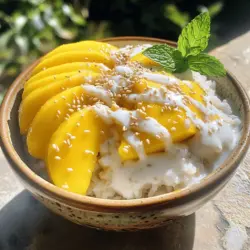 - 1 Tasse Klebreis (glutinous rice) - 1¼ Tassen Kokosmilch - ½ Tasse Zucker - ¼ Teelöffel Salz Klebreis ist die Basis für unser Dessert. Er hat eine klebrige Textur, die perfekt zu den süßen Aromen passt. Achte darauf, dass du echten Klebreis verwendest, nicht den normalen Reis. Kokosmilch bringt den cremigen, tropischen Geschmack. Sie macht das Dessert reichhaltig und lecker. Der Zucker süßt die Mischung und macht sie unwiderstehlich. Ein wenig Salz hebt die Aromen und balanciert die Süße perfekt. - 2 reife Mangos, geschält und in Scheiben geschnitten - 2 Esslöffel Sesamsamen (geröstet, zur Garnitur) - Frische Minzblätter (zur Garnitur) Reife Mangos sind das Herzstück dieses Desserts. Sie sollten süß und saftig sein. Ihr Geschmack passt großartig zum Klebreis. Die gerösteten Sesamsamen geben einen tollen Crunch. Frische Minzblätter sorgen für einen schönen Kontrast und eine frische Note. Diese Zutaten machen das Dessert optisch und geschmacklich ansprechend. Wenn du mehr über die Zubereitung erfahren möchtest, schau dir das [Full Recipe] an. Abspülen und Einweichen Zuerst spülen Sie den Klebreis unter kaltem Wasser. Das Wasser sollte klar sein. Dieser Schritt hilft, überschüssige Stärke zu entfernen. Lassen Sie den Reis danach für mindestens vier Stunden oder über Nacht einweichen. So wird der Reis zart und lecker. Dämpfen des Klebreises Nach dem Einweichen lassen Sie den Reis abtropfen. Legen Sie ihn in ein Dampfkörbchen aus Stoff oder Käsetuch. Dämpfen Sie den Reis bei kochendem Wasser für etwa 30 Minuten. Der Reis sollte weich und leicht klebrig sein. Mischung der Zutaten Während der Reis dämpft, nehmen Sie einen Topf. Mischen Sie die Kokosmilch, den Zucker und das Salz. Erhitzen Sie die Mischung bei mittlerer Hitze. Rühren Sie, bis sich der Zucker aufgelöst hat. Lassen Sie die Mischung nicht kochen. Das wäre schade! Aufbewahrung der Sauce Wenn die Kokossoße fertig ist, nehmen Sie ¼ Tasse für später heraus. Diese Menge verwenden wir später zum Garnieren. Reis mit Kokossoße vermengen Nachdem der Reis fertig ist, geben Sie ihn in eine Schüssel. Gießen Sie die restliche Kokossoße darüber. Mischen Sie alles gut. Lassen Sie den Reis etwa 15 Minuten ziehen. So nimmt er den vollen Geschmack auf. Dessert anrichten Für die Präsentation formen Sie eine Häufchen des Klebreises auf einem Teller. Schneiden Sie die Mangos und legen Sie sie neben den Reis. Es sieht schön aus und macht Lust auf mehr! Nehmen Sie die reservierte Kokossoße und träufeln Sie sie über den Reis und die Mangos. Streuen Sie die gerösteten Sesamsamen darüber. Fügen Sie frische Minzblätter hinzu. So wird Ihr Dessert zum Hingucker. Für die vollständige Anleitung und das Rezept schauen Sie sich die [Full Recipe] an. Eine perfekte Mango ist süß und duftet fruchtig. Ihre Haut sollte leicht weich sein, wenn man sanft drückt. Die Farbe variiert je nach Sorte, kann aber ein tiefes Gelb oder Orange sein. Achten Sie auf kleine Druckstellen oder braune Flecken, die oft auf Überreife hinweisen. Um die Mangos richtig zu lagern, legen Sie sie bei Zimmertemperatur. So reifen sie gleichmäßig. Wenn sie reif sind, können Sie sie in den Kühlschrank legen. Dort bleiben sie frisch und köstlich für ein paar Tage. Ein häufiger Fehler ist, den Reis nicht lange genug einzuweichen. Mindestens vier Stunden sind wichtig. So wird der Reis schön zart. Wenn Sie ihn dämpfen, verwenden Sie ein Dampfkörbchen. Dies sorgt dafür, dass der Dampf gleichmäßig zirkuliert. Achten Sie darauf, den Klebreis nicht zu überfüllen. So stellen Sie sicher, dass er gleichmäßig dämpft. Rühren Sie den Reis während des Dämpfens nicht um. Dadurch bleibt er klumpig und lecker. Für die Portionierung nehmen Sie eine kleine Schaufel. Formen Sie einen schönen Hügel aus Klebreis auf dem Teller. Arrangieren Sie die Mangos neben dem Reis. Das sieht hübsch aus und macht Appetit. Für die Garnierung träufeln Sie die Kokossoße über das Dessert. Streuen Sie die gerösteten Sesamsamen obenauf. Ein frisches Minzblatt bringt Farbe und Duft. So wird Ihr Mango Sticky Rice Dessert eine Augenweide. {{image_4}} Mango Sticky Rice lässt sich leicht ändern. Du kannst alternative Süßungsmittel verwenden. Statt Zucker probiere Honig oder Agavendicksaft. Diese Optionen verleihen dem Dessert einen anderen Geschmack. Zusätzlich kannst du verschiedene Früchte hinzufügen. Neben Mangos passen auch Ananas, Papaya oder sogar Beeren gut dazu. Diese Früchte bringen frische und Farbe ins Gericht. Sie machen das Dessert noch leckerer und interessanter. Für vegane Optionen empfehle ich, Kokoscreme zu verwenden. Diese macht die Sauce reichhaltiger und cremiger. Sie bietet auch einen tollen Geschmack. Außerdem kannst du einen Milchersatz für die Soße wählen. Mandelmilch oder Hafermilch sind großartige Alternativen. Sie geben der Sauce eine feine Note und halten sie vegan. Es gibt viele internationale Einflüsse, die das Rezept bereichern. Zum Beispiel kannst du asiatische Zutaten wie Pandanblätter hinzufügen. Diese verleihen dem Klebreis einen einzigartigen Duft. Eine Kombination mit anderen Desserts ist ebenfalls möglich. Probiere Mango Sticky Rice mit Kokos-Panna-Cotta oder frischem Sorbet. Diese Kombinationen bringen Abwechslung auf den Tisch. Für das vollständige Rezept, schau dir die [Full Recipe] an. Kühlung und Haltbarkeit Mango Sticky Rice ist am besten frisch. Wenn du Reste hast, lagere sie im Kühlschrank. Verwende einen luftdichten Behälter. So bleibt das Dessert für etwa 2 bis 3 Tage frisch. Achte darauf, die Mangos getrennt zu lagern, um ihre Frische zu erhalten. Tipps zur Wiederverwendung Wenn du das Dessert wieder aufwärmen möchtest, verwende die Mikrowelle. Erhitze es in kurzen Intervallen. Füge etwas Kokosmilch hinzu, um die Feuchtigkeit zu bewahren. So bleibt der Reis weich und lecker. Schritt-für-Schritt-Anleitung Du kannst Klebreis einfrieren. Lass den Reis zuerst vollständig abkühlen. Teile ihn dann in Portionen. Wickele jede Portion in Frischhaltefolie. Lege sie in einen Gefrierbeutel und beschrifte ihn. So behält der Reis seine Qualität bis zu 3 Monate. Auftau-Methoden Um den eingefrorenen Reis zu verwenden, nimm ihn aus dem Gefrierfach. Lass ihn im Kühlschrank über Nacht auftauen. Du kannst den Reis auch in der Mikrowelle auftauen. Verwende eine niedrige Stufe, um ihn gleichmäßig zu erwärmen. Soße korrekt lagern Die Kokossoße kann auch im Kühlschrank aufbewahrt werden. Lagere sie in einem luftdichten Behälter. Sie bleibt 4 bis 5 Tage frisch. Rühre die Soße vor der Verwendung gut durch, da sich die Zutaten trennen können. Verwendung von Resten Du kannst die restliche Kokossoße in anderen Rezepten verwenden. Sie passt gut zu Obstsalaten oder als Topping für Pancakes. So nutzt du die Soße optimal und vermeidest Verschwendung. Klebreis ist eine spezielle Reissorte. Er hat eine hohe Stärkemenge. Diese Stärke macht ihn klebrig und zäh. Herkömmlicher Reis, wie Basmati oder Jasmin, ist lockerer und trockener. Klebreis wird oft in asiatischen Desserts verwendet. Er wird meist gedämpft und nicht gekocht. Das gibt ihm eine einzigartige Textur. Ja, du kannst Mangos ersetzen. Wenn du keine frischen Mangos hast, probiere andere Früchte. Ananas, Papaya oder sogar Beeren sind gute Alternativen. Sie bringen auch Süße und Frische. Achte darauf, dass die Früchte reif sind. So erhältst du den besten Geschmack. Mango Sticky Rice ist bereits glutenfrei. Klebreis und Kokosmilch enthalten kein Gluten. Achte darauf, dass der Zucker und die Sesamsamen ebenfalls glutenfrei sind. Du kannst das Dessert auch mit glutenfreien Toppings garnieren. Nutze zum Beispiel gehackte Nüsse oder Kokosraspeln für eine Variation. Zusammenfassend haben wir die wichtigsten Zutaten für das Dessert betrachtet. Du weißt jetzt, wie man Klebreis, Kokossoße und frisches Obst kombiniert. Wir haben auch Tipps gegeben, um häufige Fehler zu vermeiden. Variationen und Lagerung sind wichtig, um das Dessert lange frisch zu halten. Experimentiere mit verschiedenen Früchten und süßen Optionen. So machst du das Dessert einzigartig. Denke daran, köstliche Allergiker-Optionen einzubauen. Viel Spaß beim Zubereiten und Genießen!