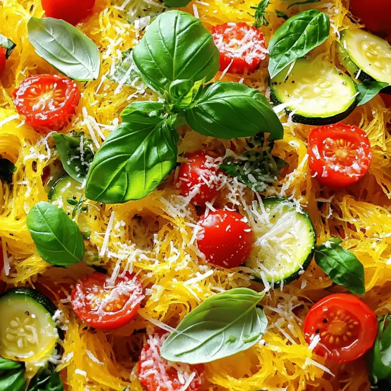 - 1 mittelgroßer Spaghetti-Kürbis - 1 Esslöffel Olivenöl - 1 kleine Zwiebel, gewürfelt - 2 Knoblauchzehen, fein gehackt - 1 rote Paprika, in Streifen geschnitten - 1 Zucchini, in Scheiben geschnitten - 1 Tasse Kirschtomaten, halbiert - 1 Tasse Brokkoliröschen - 1 Teelöffel getrocknete italienische Kräuter - Salz und Pfeffer nach Geschmack Ich liebe Spaghetti-Kürbis, weil er so vielseitig ist. Sein Fruchtfleisch hat eine tolle Textur. Wenn man ihn zubereitet, wird er leicht süß und hat einen milden Geschmack. Die Auswahl des Gemüses ist wichtig. Ich nutze oft Zwiebeln und Knoblauch, um einen tollen Grundgeschmack zu schaffen. Paprika, Zucchini und Kirschtomaten bringen Farben und Frische in dein Gericht. Brokkoli sorgt für einen schönen Crunch. Ein gutes Olivenöl ist ein Muss. Es bringt die Aromen zusammen und macht das Gericht köstlich. Ich empfehle, hochwertige Gewürze zu verwenden. Sie machen den Unterschied. - 1/4 Tasse geriebener Parmesan (optional zum Servieren) - Frische Basilikumblätter zur Garnierung Parmesan ist eine wunderbare Ergänzung. Er bringt einen salzigen, herzhaften Geschmack. Frische Kräuter wie Basilikum geben deinem Gericht eine aromatische Note. Ich liebe es, sie kurz vor dem Servieren hinzuzufügen. Wenn du mehr über die Zubereitung erfahren möchtest, schau dir die [Full Recipe] an! Zuerst heize ich den Ofen auf 200 °C vor. Dann nehme ich den Spaghetti-Kürbis. Ich schneide ihn längs in zwei Hälften. Mit einem Löffel entferne ich die Kerne. Jetzt gebe ich etwas Olivenöl auf jede Hälfte. Ich würze sie mit Salz und Pfeffer. Diese Schritte helfen der Kürbisfrucht, beim Rösten gut zu schmecken. Ich lege die Kürbishälften mit der Schnittfläche nach unten auf ein Backblech. Dann röste ich sie im Ofen für etwa 40 bis 50 Minuten. Es ist wichtig, den Kürbis gut zu rösten. Dadurch wird das Fruchtfleisch zart und lässt sich leicht mit einer Gabel in Spaghetti-ähnliche Stränge zerkratzen. Das Rösten bringt die natürlichen Süße des Kürbisses zur Geltung. Während der Kürbis röstet, erhitze ich etwas Olivenöl in einer großen Pfanne. Bei mittlerer Hitze gebe ich die gewürfelte Zwiebel und den gehackten Knoblauch hinein. Ich brate sie für etwa 3 bis 4 Minuten, bis die Zwiebel glasig wird. Dann füge ich die geschnittene Paprika, Zucchini, Kirschtomaten und Brokkoli hinzu. Ich streue die getrockneten italienischen Kräuter darüber und koche alles für 5 bis 7 Minuten. Das Gemüse bleibt zart, aber knackig. Wenn der Kürbis fertig geröstet ist, kratze ich das Fruchtfleisch in die Pfanne. Ich vermenge alles, würze es nach Geschmack und koche es bei niedriger Hitze für weitere 2 bis 3 Minuten. So vereinen sich die Aromen. Für die vollständige Anleitung schaue dir das Full Recipe an. Um die perfekte Textur zu erhalten, achte darauf, dass der Spaghetti-Kürbis zart ist. Du weißt, dass er richtig gegart ist, wenn sich das Fruchtfleisch leicht mit einer Gabel zu Strängen formen lässt. Der Kürbis sollte nicht zu weich sein. Eine gute Konsistenz gibt deinem Gericht einen tollen Biss. Halte das Gemüse knackig, indem du es nicht zu lange kochst. Sauté das Gemüse nur, bis es leicht zart ist, aber noch etwas Biss hat. So bleibt der frische Geschmack erhalten und die Farben bleiben schön leuchtend. Frische Kräuter bringen viel Geschmack. Du kannst Basilikum, Petersilie oder Oregano verwenden. Diese Kräuter passen wunderbar zum Gemüse. Hacke sie grob und streue sie am Ende über das Gericht. So gibst du dem Essen eine aromatische Note. Belag-Optionen sind auch wichtig. Parmesan ist klassisch, aber du kannst auch Feta oder einen veganen Käse verwenden. Das gibt dem Gericht einen anderen Twist und ein neues Geschmackserlebnis. Experimentiere mit verschiedenen Käsesorten oder sogar Nüssen für einen Crunch. Für die vollständige Zubereitung schaue dir das [Full Recipe] an. {{image_4}} Um Spaghetti-Kürbis Primavera vegan zu machen, kann man einige Zutaten ersetzen. Verwenden Sie anstelle von Parmesan einen pflanzlichen Käse. Es gibt viele leckere Optionen auf Basis von Nüssen oder Soja. Diese Käsealternativen schmecken oft genauso gut wie der echte Käse. Sie können auch die Butter durch ein hochwertiges Pflanzenöl ersetzen. Kokosöl oder Avocadoöl geben dem Gericht einen tollen Geschmack. Achten Sie darauf, dass alle Gewürze und Brühen vegan sind. Möchten Sie mehr Protein in Ihr Gericht bringen? Fügen Sie Hähnchen oder Garnelen hinzu. Diese Zutaten passen gut zum frischen Gemüse und machen das Gericht sättigender. Braten Sie das Fleisch einfach zusammen mit dem Gemüse an. Falls Sie eine vegetarische Option suchen, probieren Sie Kichererbsen oder Linsen. Beide sind reich an Protein und geben dem Gericht eine tolle Textur. Sie können sie ganz einfach in die Pfanne geben, während das Gemüse kocht. Egal für welche Variation Sie sich entscheiden, Spaghetti-Kürbis Primavera bleibt ein schmackhaftes und gesundes Gericht. Um Reste von Spaghetti-Kürbis Primavera gut zu lagern, benutze luftdichte Behälter. Diese helfen, den Geschmack und die Frische zu erhalten. Du kannst auch Glasbehälter verwenden, da sie sicher und umweltfreundlich sind. Im Kühlschrank bleiben die Reste etwa 3 bis 5 Tage frisch. Achte darauf, den Kürbis und das Gemüse voneinander zu trennen, um die Textur zu bewahren. Die besten Methoden zum Erwärmen sind das Aufwärmen in der Pfanne oder im Ofen. Diese Methoden helfen, das Gemüse knackig zu halten. Vermeide die Mikrowelle, da sie das Gemüse matschig machen kann. Wenn du es in der Pfanne erhitzt, füge einen kleinen Spritzer Wasser hinzu. Dies gibt dem Gemüse Feuchtigkeit und hält es frisch. Wenn du den Ofen benutzt, erwärme bei 180 °C für 10 bis 15 Minuten. So bleibt der Geschmack von Spaghetti-Kürbis Primavera erhalten. Die Zubereitungszeit beträgt 15 Minuten. Die Gesamtzeit liegt bei etwa 1 Stunde und 5 Minuten. In dieser Zeit röstet der Kürbis, während Sie das Gemüse anbraten. So können Sie alles gut kombinieren und ein leckeres Gericht genießen. Ja, Sie können den Spaghetti-Kürbis im Voraus zubereiten. Kochen Sie den Kürbis und das Gemüse und lagern Sie alles getrennt im Kühlschrank. So bleibt der Kürbis frisch. Sie können ihn vor dem Servieren schnell aufwärmen. Zu Spaghetti-Kürbis Primavera passen viele Beilagen gut. Hier sind einige Ideen: - Ein frischer grüner Salat - Knuspriges Brot mit Knoblauch - Gegrilltes Hähnchen oder Garnelen Diese Beilagen ergänzen das Gericht und bieten mehr Vielfalt auf dem Tisch. Probieren Sie verschiedene Kombinationen aus! Spaghetti-Kürbis Primavera ist eine einfache, gesunde und schmackhafte Mahlzeit. Wir haben die Hauptzutaten, die Zubereitung und viele Varianten besprochen. Du kannst den Gericht mit frischen Kräutern und verschiedenen Gemüse anpassen. Die Tipps helfen dir, die perfekte Textur zu erreichen. Denke daran, wie du Reste lagerst und aufwärmst, um nichts zu verschwenden. Probiere verschiedene Kombinationen aus und entdecke eigene Geschmackserlebnisse. Viel Spaß beim Kochen und Genießen!