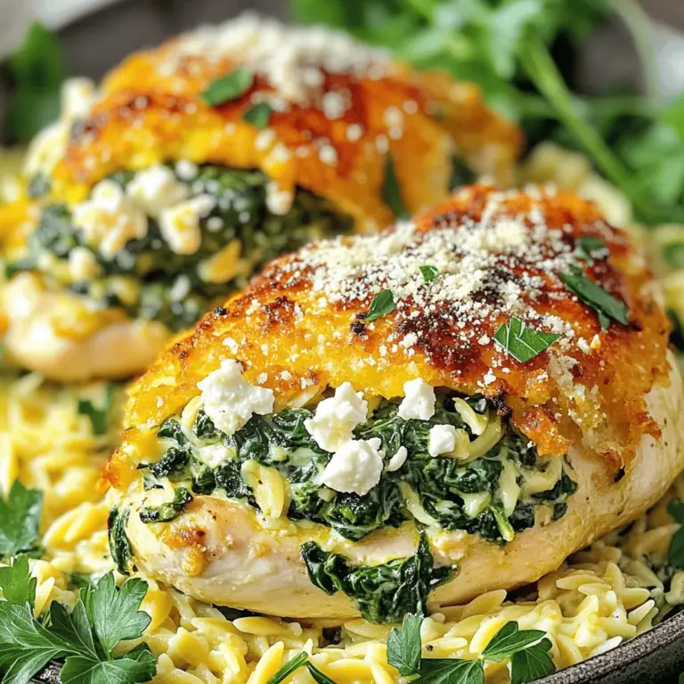 Für ein leckeres Gericht benötigst du folgende Zutaten: - 4 Hähnchenbrustfilets, ohne Knochen und Haut - 2 Tassen frischer Spinat, grob gehackt - 1 Tasse Feta-Käse, zerbröckelt - 1/2 Tasse Frischkäse, weichgemacht - 2 Knoblauchzehen, fein gehackt - 1 Teelöffel Zitronensaft - 1 Teelöffel getrockneter Oregano - Salz und Pfeffer nach Geschmack - 2 Esslöffel Olivenöl - 1/4 Tasse geriebener Parmesan (für das Topping) Diese Zutaten geben deinem Gericht den perfekten Geschmack. Der Spinat bringt frische, während der Feta einen salzigen Kick hinzufügt. Frischkäse sorgt für eine cremige Textur, die das Hähnchen wirklich aufwertet. Du kannst auch einige Zutaten nach deinem Geschmack anpassen. Zum Beispiel: - Füge getrocknete Tomaten für mehr Geschmack hinzu. - Verwende Ricotta anstelle von Frischkäse für eine leichtere Füllung. - Probiere verschiedene Kräuter wie Basilikum oder Thymian. Diese einfachen Änderungen können dein Gericht einzigartig machen. Experimentiere und finde deine perfekte Mischung. Spinat ist reich an Vitaminen und Mineralien. Er liefert Eisen, das gut für das Blut ist. Feta-Käse enthält Kalzium, das starkere Knochen fördert. Hähnchenbrust ist eine großartige Proteinquelle. Es hilft dir, Muskeln aufzubauen und dich satt zu fühlen. Insgesamt ist dieses Gericht nahrhaft und gesund. Es ist perfekt für ein Abendessen, das sowohl lecker als auch gut für dich ist. Du kannst die vollständigen Zubereitungsschritte im Full Recipe finden. Für dieses Rezept brauchst du: - 4 Hähnchenbrustfilets, ohne Knochen und Haut - 2 Tassen frischer Spinat, grob gehackt - 1 Tasse Feta-Käse, zerbröckelt - 1/2 Tasse Frischkäse, weichgemacht - 2 Knoblauchzehen, fein gehackt - 1 Teelöffel Zitronensaft - 1 Teelöffel getrockneter Oregano - Salz und Pfeffer nach Geschmack - 2 Esslöffel Olivenöl - 1/4 Tasse geriebener Parmesan (für das Topping) Du benötigst auch eine große Pfanne, ein Schneidebrett, ein scharfes Messer und eine ofenfeste Pfanne. 1. Heize deinen Ofen auf 190°C vor. 2. Erhitze 1 Esslöffel Olivenöl in einer großen Pfanne bei mittlerer Hitze. Füge den fein gehackten Knoblauch hinzu. Brate ihn etwa 1 Minute lang, bis er duftet. 3. Gib den grob gehackten Spinat in die Pfanne. Koche ihn für 3-4 Minuten, bis er zusammenfällt. Rühre dann den Zitronensaft ein und nimm die Pfanne vom Herd, lass die Mischung abkühlen. 4. In einer großen Rührschüssel vermische die abgekühlte Spinatmischung mit dem zerbröckelten Feta und dem weichen Frischkäse. Würze die Mischung mit Oregano, Salz und Pfeffer. 5. Lege die Hähnchenbrustfilets auf ein Schneidebrett. Schneide seitlich eine Tasche in jedes Filet, ohne es ganz durchzuschneiden. 6. Fülle jede Hähnchenbrust mit der Spinat-Feta-Mischung. Verwende Zahnstochern, um die Öffnungen zu verschließen. 7. Erhitze den restlichen Esslöffel Olivenöl in einer ofenfesten Pfanne bei mittelhoher Hitze. Brate die gefüllten Hähnchenbrustfilets 4-5 Minuten auf jeder Seite, bis sie goldbraun sind. 8. Bestreue die Hähnchenbrust mit geriebenem Parmesan. 9. Schiebe die Pfanne in den vorgeheizten Ofen. Backe die Hähnchen für 20-25 Minuten, bis sie eine Innentemperatur von 75°C erreichen. 10. Nimm das Gericht aus dem Ofen und lasse es 5 Minuten ruhen, bevor du es servierst. Um die Hähnchenbrust perfekt zu garen, überprüfe die Innentemperatur mit einem Thermometer. Stelle sicher, dass sie 75°C erreicht. So bleibt das Fleisch saftig. Wenn du eine knusprigere Haut möchtest, erhöhe die Ofentemperatur für die letzten 5 Minuten. Ein häufiger Fehler ist, die Hähnchenbrust zu überfüllen. Dies kann dazu führen, dass die Füllung herausquillt und das Hähnchen trocken wird. Achte darauf, die Füllung großzügig, aber nicht übertrieben zu verteilen. Ein weiterer Fehler ist, das Hähnchen nicht richtig anzubraten. Das Anbraten gibt dem Hähnchen eine schöne Kruste. Diese Technik hilft, den Saft im Hähnchen zu halten. Die Füllung sollte cremig, aber nicht zu flüssig sein. Mische den Feta und den Frischkäse gut. Wenn die Füllung zu trocken wirkt, füge etwas mehr Frischkäse hinzu. Ein Spritzer Zitronensaft verbessert den Geschmack und die Frische. Achte darauf, dass der Spinat gut abgekühlt ist, bevor du ihn zur Füllung gibst. Zu heißer Spinat kann die Füllung verflüssigen. Um saftiges Hähnchen zu erhalten, mariniere es vor dem Kochen. Eine einfache Marinade aus Olivenöl, Salz und Pfeffer ist ideal. Achte darauf, die Hähnchenbrust nicht zu lange zu garen. Überprüfe die Innentemperatur mit einem Fleischthermometer. Die ideale Temperatur beträgt 75°C (165°F). Lass das Hähnchen nach dem Kochen ruhen, damit die Säfte sich setzen können. Dies verbessert den Geschmack und die Textur. {{image_4}} Wenn du eine vegetarische Option suchst, ersetze das Hähnchen durch Auberginen oder Zucchini. Diese Gemüsesorten sind fest und halten die Füllung gut. Du kannst die Spinat-Feta-Mischung einfach in die Gemüsescheiben füllen. Eine andere tolle Idee ist, Quinoa oder Risotto als Basis zu verwenden. Das gibt eine schöne Textur und viele Nährstoffe. Für mehr Geschmack kannst du verschiedene Kräuter und Gewürze ausprobieren. Frischer Basilikum oder Thymian geben deiner Füllung eine neue Note. Auch ein bisschen Chili oder Paprika kann helfen, das Gericht aufzupeppen. Probiere, die Füllung mit Zitronenschale zu verfeinern, um eine frische Note zu bekommen. Zu Spinat-Feta gefüllten Hähnchenbrust passen viele leckere Beilagen. Ein frischer grüner Salat mit einem leichten Dressing ist eine gute Wahl. Auch Couscous oder Orzo harmonieren gut. Wenn du etwas Herzhaftes willst, serviere das Hähnchen mit geröstetem Gemüse oder Kartoffelpüree. So hast du ein rundum leckeres Gericht! Nach dem Kochen ist es wichtig, die gefüllte Hähnchenbrust schnell abzukühlen. Lass sie auf Raumtemperatur kommen, bevor du sie in den Kühlschrank stellst. Verwende einen luftdichten Behälter. So bleibt die Hähnchenbrust frisch und saftig. Du kannst die Reste bis zu drei Tage im Kühlschrank lagern. Wenn du die gefüllte Hähnchenbrust wieder aufwärmen möchtest, mache das vorsichtig. Heize den Ofen auf 175°C (350°F) vor. Lege die Hähnchenbrust in eine Auflaufform. Bedecke sie mit Alufolie, um das Austrocknen zu vermeiden. Erwärme sie etwa 15-20 Minuten, bis sie gut durchgewärmt ist. So bleibt die Füllung lecker und das Hähnchen saftig. Im Kühlschrank hält die gefüllte Hähnchenbrust etwa drei Tage. Wenn du sie länger aufbewahren möchtest, kannst du sie einfrieren. Wickel die Hähnchenbrust gut in Frischhaltefolie und dann in Alufolie ein. Im Gefrierschrank bleibt sie etwa drei Monate frisch. Achte darauf, sie langsam im Kühlschrank aufzutauen, bevor du sie wieder erhitzt. So schmeckt sie fast wie frisch zubereitet. Gefüllte Hähnchenbruststücke sollten etwa 20 bis 25 Minuten im Ofen gebacken werden. Die Innentemperatur muss 75°C erreichen. Ich empfehle, ein Fleischthermometer zu verwenden. So weißt du genau, wann das Hähnchen gar ist. Die Zeit kann je nach Ofen und Dicke der Brust variieren. Ja, du kannst gefüllte Hähnchenbrust im Voraus zubereiten. Fülle die Hähnchenbrust und lege sie in den Kühlschrank. Du kannst sie bis zu 24 Stunden lagern. Wenn du bereit bist, sie zu kochen, nimm sie aus dem Kühlschrank. Lass sie ein paar Minuten bei Raumtemperatur ruhen, bevor du sie backst. Zu Spinat-Feta gefüllter Hähnchenbrust passen viele Beilagen. Hier sind einige Ideen: - Ein frischer grüner Salat - Geröstetes Gemüse wie Zucchini und Paprika - Couscous oder Orzo als Beilage - Kartoffelpüree oder gebratene Kartoffeln Diese Beilagen ergänzen die Aromen des Hähnchens wunderbar. Sie sorgen auch für eine schöne Präsentation auf dem Teller. Spinat-Feta gefüllte Hähnchenbrust ist einfach und lecker. Wir haben die Zutaten und die Zubereitung genau betrachtet. Tipps helfen dir, häufige Fehler zu vermeiden und das Hähnchen saftig zu halten. Du hast auch Varianten und Lagerhinweise bekommen, um die Mahlzeit abwechslungsreich zu gestalten. Denke daran, dass frische Zutaten und die richtige Temperatur entscheidend sind. Probiere die Tipps aus und genieße deine gesunde Mahlzeit!