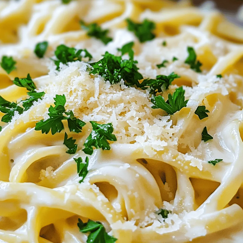 - 240 ml Schlagsahne - 115 g ungesalzene Butter - 100 g frisch geriebener Parmesan-Käse Die Hauptzutaten dieser cremigen Knoblauch-Alfredo-Sauce sind einfach und leicht zu finden. Ich liebe es, mit Schlagsahne zu arbeiten, da sie der Sauce die perfekte Cremigkeit verleiht. Ungesalzene Butter sorgt für einen reinen, reichen Geschmack. Der frisch geriebene Parmesan-Käse ist der Star der Sauce. Er schmilzt wunderbar und gibt der Sauce eine tolle Textur und Geschmack. - 3 Knoblauchzehen, fein gehackt - 1/2 Teelöffel Salz - 1/4 Teelöffel schwarzer Pfeffer - 1/4 Teelöffel Muskatnuss - Frische Petersilie, gehackt (zur Garnierung) Knoblauch ist ein Muss für diese Sauce. Er bringt eine herrliche Tiefe und Aroma. Ich mag es, frischen Knoblauch zu verwenden, da er intensiver ist. Die Gewürze wie Salz, schwarzer Pfeffer und Muskatnuss runden den Geschmack ab und machen die Sauce noch besser. Frische Petersilie ist nicht nur ein schöner Farbklecks, sondern auch eine tolle Garnierung. Sie bringt Frische und einen Hauch von Kräutergeschmack ins Spiel. Wenn Sie mehr über die Zubereitung erfahren möchten, schauen Sie sich das [Full Recipe] an. - Knoblauch fein hacken: Nehmen Sie drei Knoblauchzehen und hacken Sie sie klein. Je feiner der Knoblauch, desto besser wird der Geschmack in der Sauce. - Käse reiben: Reiben Sie 100 Gramm Parmesan-Käse. Frisch geriebener Käse schmilzt besser und hat mehr Geschmack. - Butter schmelzen: Erhitzen Sie eine mittelgroße Pfanne bei mittlerer Hitze. Geben Sie 115 Gramm ungesalzene Butter hinein und lassen Sie sie schmelzen. - Knoblauch sautieren: Fügen Sie den gehackten Knoblauch zur geschmolzenen Butter hinzu. Sautieren Sie den Knoblauch für etwa 1-2 Minuten. Er sollte weich und duftend sein, aber nicht braun werden. - Schlagsahne und Parmesan hinzufügen: Gießen Sie 240 ml Schlagsahne in die Pfanne. Rühren Sie die Mischung gut um und bringen Sie sie sanft zum Köcheln. Reduzieren Sie dann die Hitze und fügen Sie den geriebenen Parmesan nach und nach hinzu. Rühren Sie weiter, bis der Käse schmilzt und die Sauce cremig wird. - Mit Gewürzen abschmecken: Fügen Sie 1/2 Teelöffel Salz, 1/4 Teelöffel schwarzen Pfeffer und 1/4 Teelöffel Muskatnuss hinzu. Rühren Sie alles gut um und lassen Sie die Sauce ein paar Minuten eindicken. - Serviervorschläge und Präsentation: Servieren Sie die cremige Alfredo-Sauce sofort über Ihrer Lieblingspasta. Fettuccine oder Linguine eignen sich besonders gut. Garnieren Sie das Gericht mit frisch gehackter Petersilie und zusätzlichem Parmesan für eine schöne Präsentation. Für die vollständige Rezeptur besuchen Sie bitte die [Full Recipe]. Um die ideale Konsistenz zu erreichen, musst du die Hitze während des Kochens regulieren. Beginne mit mittlerer Hitze, damit die Butter schmelzen kann. Sobald die Butter geschmolzen ist, füge den Knoblauch hinzu. Halte die Hitze niedrig, wenn du die Schlagsahne und den Käse hinzufügst. Das richtige Verhältnis der Zutaten ist ebenfalls wichtig. Zu viel Schlagsahne macht die Sauce dünn, während zu viel Käse sie klumpig machen kann. Halte dich an die Mengen aus der Full Recipe. Ein häufiger Fehler ist, den Knoblauch zu lange zu braten. Das kann ihn bitter machen. Sauté den Knoblauch nur 1-2 Minuten, bis er duftet. Achte darauf, die Sauce nicht zu überhitzen. Zu hohe Temperaturen können die Sahne gerinnen lassen. Rühre die Sauce sanft, damit sie gleichmäßig warm bleibt und nicht ansetzt. Um die Sauce interessanter zu gestalten, kannst du verschiedene Kräuter und Gewürze variieren. Frische Basilikumblätter oder Thymian verleihen einen tollen Geschmack. Du kannst auch andere Käseoptionen ausprobieren. Probiere zum Beispiel Pecorino oder Gouda für eine andere Geschmacksrichtung. Diese Variationen machen deine Alfredo-Sauce einzigartig und lecker. {{image_4}} Für eine leichte Abwandlung der Sauce können Sie pflanzliche Sahne verwenden. Diese Variante ist ideal für Veganer oder Menschen mit Laktoseintoleranz. Sie schmeckt ebenso gut und macht die Sauce cremig. Eine weitere Idee ist, Gemüse hinzuzufügen. Geben Sie zum Beispiel Spinat oder Brokkoli in die Sauce. Diese bieten nicht nur Farbe, sondern auch gesunde Nährstoffe. Möchten Sie mehr Tiefe in den Geschmack bringen? Fügen Sie etwas Trüffelöl hinzu. Es verleiht der Sauce einen reichen, erdigen Geschmack. Für alle, die es schärfer mögen, ist Chili eine gute Wahl. Fügen Sie einfach eine Prise rote Paprika oder frische Chilis hinzu. So bekommt die Sauce einen aufregenden Kick. Die cremige Knoblauch-Alfredo-Sauce ist sehr vielseitig. Sie können sie als Basis für Lasagne verwenden. Schichten Sie die Sauce zwischen Nudelplatten und Käse. Das ergibt ein köstliches Gericht. Auch als Sauce für Pizza ist sie hervorragend. Verteilen Sie die Sauce auf dem Pizzateig und belegen Sie ihn nach Lust und Laune. So erhalten Sie eine leckere, cremige Pizza. Für das vollständige Rezept besuchen Sie bitte den Abschnitt "Full Recipe". Lagern Sie die Sauce in einem sauberen, luftdichten Behälter. So bleibt die Sauce frisch. Im Kühlschrank hält sie etwa 3 bis 5 Tage. Achten Sie darauf, die Sauce gut abzudecken, um Gerüche zu vermeiden. Sie können die Sauce auch einfrieren. Teilen Sie sie in Portionen auf und verwenden Sie gefriergeeignete Behälter. So können Sie die Sauce später einfach entnehmen. Zum Auftauen legen Sie die Portionen über Nacht in den Kühlschrank oder tauen sie in der Mikrowelle auf. Um die Sauce wieder zu erwärmen, nutzen Sie eine Pfanne bei niedriger Hitze. Rühren Sie häufig um, damit sie gleichmäßig warm wird. So vermeiden Sie Klumpenbildung. Wenn die Sauce zu dick ist, fügen Sie einen Schuss Milch oder Sahne hinzu. Um die Sauce dicker zu machen, gibt es einige einfache Tipps. Eine Möglichkeit ist, die Hitze leicht zu erhöhen. So kann die Flüssigkeit schneller reduzieren. Eine andere Methode ist, mehr Parmesan hinzuzufügen. Dieser Käse hilft, die Sauce zu binden. Ein weiterer Trick ist, die Sauce länger zu köcheln. Dies gibt ihr Zeit, dicker zu werden. Ja, du kannst diese Sauce im Voraus zubereiten. Koche sie einfach und lasse sie abkühlen. Fülle die Sauce dann in einen luftdichten Behälter. So bleibt sie frisch im Kühlschrank. Du kannst sie bis zu drei Tage aufbewahren. Vor dem Servieren erwärmst du sie einfach auf niedriger Hitze. Alfredo-Sauce passt hervorragend zu vielen Arten von Pasta. Fettuccine und Linguine sind besonders beliebt. Du kannst auch Gemüse wie Brokkoli oder Erbsen hinzufügen. Das gibt der Sauce mehr Farbe und Geschmack. Für einen besonderen Genuss kannst du gegrilltes Hähnchen oder Garnelen dazu servieren. Alfredo-Sauce stammt ursprünglich aus Italien. Sie wurde in Rom von einem Koch namens Alfredo Di Lelio kreiert. Er wollte eine einfache, aber schmackhafte Sauce für seine Pasta machen. Die Sauce wurde schnell berühmt und fand ihren Weg in viele Länder. Heute ist sie eine beliebte Wahl für Pasta-Gerichte. Ja, es gibt eine glutenfreie Variante. Du kannst glutenfreie Pasta verwenden, um dein Gericht anzupassen. Achte darauf, dass alle Zutaten, die du verwendest, glutenfrei sind. Viele Käsesorten und Gewürze sind von Natur aus glutenfrei. So kannst du die leckere Alfredo-Sauce ohne Sorgen genießen. Die vollständige Rezeptur für die cremige Knoblauch-Alfredo-Sauce findest du [hier](#). Diese Sauce ist einfach und macht jedes Gericht besonders lecker. Diese Anleitung hat Ihnen gezeigt, wie Sie eine köstliche Alfredo-Sauce zubereiten können. Sie fanden die Grundlagen der Hauptzutaten und Gewürze, die die Sauce so aromatisch machen. Außerdem erhielt man Tipps zur perfekten Konsistenz und Fehler, die Sie vermeiden sollten. Variationen und Aufbewahrungshinweise sorgen dafür, dass Sie immer eine leckere Sauce zur Hand haben. Nutzen Sie diese Tipps, um Ihre Gerichte zu verfeinern und zu genießen!