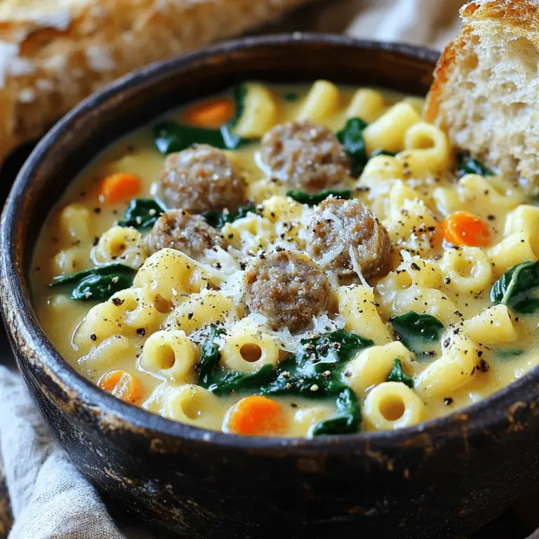 - 500 g italienische Wurst - 1 mittelgroße Zwiebel - 3 mittlere Karotten - 250 g Ditalini-Pasta - 1 Dose gewürfelte Tomaten - 250 ml Schlagsahne - 1 Teelöffel italienische Gewürzmischung - 2 Esslöffel Olivenöl - Salz und Pfeffer nach Geschmack Um die cremige Parmesan Wurst Ditalini Suppe zuzubereiten, brauchen Sie einige Hauptzutaten. Die italienische Wurst bringt viel Geschmack. Wählen Sie zwischen einer milden oder scharfen Wurst, je nach Vorliebe. Die Zwiebel und Karotten geben der Suppe eine süße Note und eine schöne Textur. Zusätzlich benötigen Sie Ditalini-Pasta. Diese kleine Pasta passt perfekt in die Suppe. Die gewürfelten Tomaten sorgen für Frische und Farbe. Schlagsahne macht die Suppe besonders cremig und reichhaltig. Für den letzten Schliff kommen Gewürze ins Spiel. Die italienische Gewürzmischung gibt der Suppe das gewisse Etwas. Olivenöl sorgt für eine gute Basis und hilft beim Anbraten. Vergessen Sie nicht, die Suppe mit Salz und Pfeffer abzuschmecken. Diese Zutaten ergeben zusammen eine köstliche und befriedigende Mahlzeit. Sie können die gesamte Rezeptur unter [Full Recipe] finden. Bevor du mit dem Kochen beginnst, bereite alle Zutaten vor. Schneide das Gemüse in kleine Stücke. Du brauchst: - 1 mittelgroße Zwiebel, gewürfelt - 3 mittlere Karotten, gewürfelt - 2 Stangen Sellerie, gewürfelt - 2 Knoblauchzehen, fein gehackt Entferne die Haut von 500 g italienischer Wurst. Stelle auch die Hühnerbrühe und die Ditalini-Pasta bereit. So hast du alles griffbereit, wenn es losgeht. Erhitze 2 Esslöffel Olivenöl in einem großen Topf. Füge die gewürfelte Zwiebel, Karotten und Sellerie hinzu. Brate das Gemüse bei mittlerer Hitze 5-7 Minuten. Achte darauf, dass die Zwiebel glasig wird. Gib den gehackten Knoblauch dazu und koche ihn 1-2 Minuten. Rühre häufig um, damit er nicht anbrennt. Jetzt ist es Zeit für die Wurst. Füge sie in den Topf hinzu. Zerkleinere die Wurst mit einem Holzlöffel. Brate sie 5-8 Minuten, bis sie braun und durchgegart ist. Gieße die Hühnerbrühe in den Topf. Bring die Mischung zum Kochen. Füge 1 Dose gewürfelte Tomaten und 1 Teelöffel italienische Gewürzmischung hinzu. Rühre gut um. Sobald die Suppe kocht, gib die Ditalini-Pasta hinzu. Reduziere die Hitze und lasse die Suppe 8-10 Minuten köcheln. Die Pasta sollte al dente sein. Rühre dann 250 ml Schlagsahne und 100 g geriebenen Parmesan ein. So wird die Suppe schön cremig. Füge 2 Tassen Babyspinat hinzu und lasse ihn 2-3 Minuten welken. Schmecke mit Salz und Pfeffer ab. Diese Schritte machen die Cremige Parmesan Wurst Ditalini Suppe zu einem echten Genuss. Für das vollständige Rezept mit allen Details, schau dir die [Full Recipe] an. Um die richtige Konsistenz für die cremige Parmesan Wurst Ditalini Suppe zu erreichen, achte auf die Sahne. Füge sie am Ende hinzu, damit sie nicht gerinnt. Wenn die Suppe zu dick ist, kannst du mehr Brühe hinzufügen. Für eine dickere Suppe kannst du die Ditalini etwas länger kochen. Hier sind einige Tipps für cremige Suppen: - Verwende frische Zutaten für den besten Geschmack. - Püriere einen Teil der Suppe, um eine glatte Textur zu erhalten. - Lass die Suppe kurz stehen, damit sie dick wird. Frische Kräuter bringen mehr Aroma in deine Suppe. Basilikum oder Petersilie sind tolle Optionen. Diese Kräuter kannst du kurz vor dem Servieren hinzufügen. Wenn du die Wurst ersetzen möchtest, probiere Hähnchen oder Gemüse. Für die Sahne kannst du auch eine pflanzliche Alternative nutzen. So passt die Suppe besser zu deinen Vorlieben. Zu dieser Suppe passen knuspriges Brot und ein frischer Salat. Diese Beilagen ergänzen die Aromen wunderbar. Für besondere Anlässe richte die Suppe in schönen Schalen an. Garniere sie mit zusätzlichem Parmesan und frisch gemahlenem Pfeffer. Das sieht nicht nur gut aus, sondern schmeckt auch besser. {{image_4}} Für eine vegetarische Variante der cremigen Parmesan Wurst Ditalini Suppe gibt es viele Möglichkeiten. Du kannst die Wurst durch eine Mischung aus Gemüse und Hülsenfrüchten ersetzen. Zum Beispiel sind Kichererbsen oder schwarze Bohnen eine großartige Wahl. Diese bringen Protein und eine schöne Textur. Auch die Brühe lässt sich leicht anpassen. Verwende einfach Gemüsebrühe anstelle von Hühnerbrühe. Das sorgt für einen vollen Geschmack, der die Vegetarier begeistert. Wenn du eine leichtere Version der Suppe möchtest, gibt es tolle Alternativen. Du kannst fettarme Sahne oder sogar griechischen Joghurt verwenden. Diese Optionen geben der Suppe Cremigkeit, ohne viele Kalorien hinzuzufügen. Auch die Wurst kannst du durch eine magerere Variante ersetzen. Achte darauf, frische Kräuter hinzuzufügen, um den Geschmack zu verstärken. Das bringt mehr Tiefe in die Suppe, ohne zusätzliches Fett. Die Welt der Gewürze ist riesig, und du kannst deine Suppe nach Belieben anpassen. Probiere zum Beispiel, etwas Curry oder Paprika hinzuzufügen. Diese Gewürze bringen neue Aromen in dein Gericht. Lass dich auch von anderen Küchen inspirieren. Füge zum Beispiel frische Korianderblätter aus der asiatischen Küche hinzu oder verwende italienische Kräuter wie Basilikum und Oregano. Diese kleinen Änderungen machen das Gericht spannend und neu. Für das volle Rezept kannst du die [Full Recipe] einsehen. Die Cremige Parmesan Wurst Ditalini Suppe kann bis zu drei Tage im Kühlschrank aufbewahrt werden. Verwende einen luftdichten Behälter, um die Frische zu sichern. So bleibt der Geschmack der Suppe intensiv. Achte darauf, die Suppe abkühlen zu lassen, bevor du sie in den Kühlschrank stellst. Dies hilft, die Qualität zu erhalten. Wenn du die Suppe länger aufbewahren möchtest, ist das Einfrieren eine gute Option. Fülle die Suppe in gefriergeeignete Behälter oder Beutel. Lasse dabei etwas Platz, da die Suppe beim Einfrieren expandiert. Du kannst die Suppe bis zu drei Monate einfrieren. Zum Auftauen lege die Suppe über Nacht in den Kühlschrank. Erwärme sie dann langsam auf dem Herd oder in der Mikrowelle. Um die Reste der Suppe schmackhaft zu wiedererwärmen, benutze am besten einen Topf auf mittlerer Hitze. Rühre häufig um, damit die Suppe gleichmäßig erhitzt wird. Vermeide es, die Suppe zum Kochen zu bringen, da sie sonst überkochen kann. Füge bei Bedarf einen Schuss Brühe oder Sahne hinzu, um die Cremigkeit zu erhalten. Die Suppe bleibt im Kühlschrank etwa 3 bis 4 Tage frisch. Lagere sie in einem luftdichten Behälter. So bleibt der Geschmack und die Konsistenz gut. Achte darauf, die Suppe vollständig abkühlen zu lassen, bevor du sie in den Kühlschrank stellst. Wenn du sie länger aufbewahren möchtest, friere sie ein. Ja, du kannst die Suppe im Voraus zubereiten. Koche sie einfach und lasse sie abkühlen. Dann füllst du sie in einen Behälter. Wenn du sie im Kühlschrank aufbewahrst, genieße sie innerhalb von 3 bis 4 Tagen. Du kannst die Suppe auch bis zu 3 Monate einfrieren. Erwärme sie auf niedriger Hitze, um die Aromen zu bewahren. Passende Beilagen sind knuspriges Brot oder ein frischer Salat. Das Brot eignet sich hervorragend zum Eintunken in die Suppe. Ein grüner Salat bringt Frische und einen schönen Kontrast. Du kannst auch geröstetes Gemüse dazu servieren. So erhältst du eine ausgewogene Mahlzeit. Ja, du kannst glutenfreie Ditalini-Pasta verwenden. Viele Marken bieten gute Alternativen an. Achte darauf, dass sie aus Reis oder anderen glutenfreien Zutaten bestehen. Koche die glutenfreie Pasta nach den Anweisungen auf der Verpackung. So bleibt die Suppe lecker und für alle geeignet. Die Zutaten für diese Suppe sind einfach und köstlich. Wir haben Wurst, Gemüse, Pasta und Gewürze genutzt. Die Schritt-für-Schritt-Anleitung zeigt, wie man alles zubereitet. Tipps für die perfekte Konsistenz und Variationen machen das Rezept flexibel. Du kannst die Suppe lagern oder einfrieren. Mit all diesen Informationen kannst du eine großartige Suppe zaubern. Probiere verschiedene Varianten aus und finde deinen Favoriten. Die Möglichkeiten sind endlos, und jede Variation hat ihren eigenen Charme.