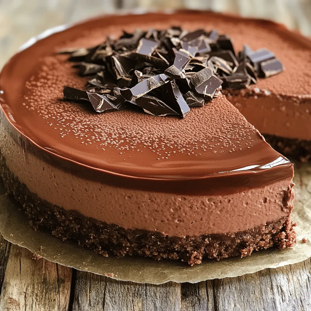 Für diesen köstlichen No-Bake Schokoladenkäsekuchen brauchen wir einige Hauptzutaten. Diese Zutaten sorgen für den vollen Geschmack und die perfekte Textur. Hier sind die wichtigsten Zutaten: - 1 ½ Tassen Schokoladenkeksbrösel - ½ Tasse ungesalzene Butter, geschmolzen - 16 oz Frischkäse, weich gemacht - 1 Tasse Puderzucker - 1 Tasse Schlagsahne - 1 Teelöffel Vanilleextrakt - 8 oz Zartbitterschokolade, geschmolzen und leicht abgekühlt - ¼ Tasse Kakaopulver - 1 Prise Meersalz - Schokoladenspäne oder Kakaopulver zur Garnierung Jede dieser Zutaten spielt eine wichtige Rolle. Die Kekse geben den Boden, während der Frischkäse die cremige Füllung macht. Schokolade bringt den Schokoladengeschmack, und die Sahne macht alles schön leicht. Es gibt auch einige optionale Zutaten, die du nutzen kannst, um deinen Käsekuchen zu verfeinern. Überlege, diese hinzuzufügen: - Nüsse für einen knusprigen Biss - Frische Früchte für einen fruchtigen Twist - Likör, wie Baileys, für extra Geschmack Diese Optionen können deinem Käsekuchen eine besondere Note verleihen. Experimentiere ruhig, um deinen perfekten Käsekuchen zu finden. Die Qualität der Zutaten ist wichtig. Hier sind einige Tipps: - Verwende hochwertige Schokolade. Sie macht den Geschmack besser. - Wähle frischen Frischkäse für eine cremige Füllung. - Achte auf ungesalzene Butter. So kontrollierst du den Salzgehalt. - Bei Kakaopulver wähle ungesüßtes, um die Süße zu kontrollieren. Achte auf diese Details, um einen leckeren No-Bake Schokoladenkäsekuchen zu zaubern. Für das gesamte Rezept schaue dir das [Full Recipe] an. Um den Boden für unseren No-Bake Schokoladenkäsekuchen zu machen, brauchst du zuerst Schokoladenkeksbrösel. Mische 1 ½ Tassen Brösel mit ½ Tasse geschmolzener Butter in einer Schüssel. Rühre die Mischung gut um. Sie sollte wie nasser Sand aussehen. Danach drücke die Keksmasse fest in den Boden einer 9-Zoll-Springform. Das sorgt dafür, dass der Boden stabil bleibt. Stelle die Form in den Gefrierschrank, während du die Füllung machst. Das hilft, den Boden knusprig zu halten. Jetzt kommt der spannende Teil: die Füllung! Beginne mit 16 oz weichem Frischkäse in einer großen Schüssel. Schlage ihn mit einem Mixer, bis er cremig ist. Füge dann 1 Tasse Puderzucker langsam hinzu und mixe weiter. Kratze auch die Seiten der Schüssel ab, damit alles gut vermischt ist. In einer separaten Schüssel schlägst du 1 Tasse Schlagsahne mit 1 Teelöffel Vanilleextrakt, bis sich steife Spitzen bilden. Hebe die Schlagsahne vorsichtig unter die Frischkäsemischung. Gieße dann 8 oz geschmolzene Zartbitterschokolade langsam dazu. Sie sollte leicht abgekühlt sein. Siebe ¼ Tasse Kakaopulver hinein und füge eine Prise Meersalz hinzu. Mische alles sanft, bis die Füllung gleichmäßig ist. Gieße die Füllung über den gekühlten Keksboden und streiche die Oberfläche glatt. Decke den Käsekuchen mit Frischhaltefolie ab. Lass ihn mindestens 5-6 Stunden oder über Nacht im Kühlschrank fest werden. Nach dem Kühlen löse den Käsekuchen vorsichtig aus der Springform. Schneide ihn in Stücke und garniere ihn nach Wahl mit Schokoladenspänen oder einer Prise Kakaopulver. So machst du deinen No-Bake Schokoladenkäsekuchen noch schöner! Ein häufiger Fehler ist, die Butter zu heiß zu machen. Die Butter sollte nur schmelzen, nicht kochen. Wenn die Keksmasse zu trocken ist, füge etwas mehr Butter hinzu. Wenn die Füllung zu dünn ist, lasse sie länger im Kühlschrank. Achte darauf, dass der Frischkäse wirklich weich ist, damit die Mischung glatt wird. Vergiss nicht, die Schokoladenspäne oder das Kakaopulver erst nach dem Unterheben hinzuzufügen, um Klumpen zu vermeiden. Für dieses Rezept brauchst du einige einfache Werkzeuge: - Eine 9-Zoll-Springform für den Käsekuchen - Eine mittlere Schüssel zum Mischen der Keksbrösel - Eine große Rührschüssel zum Mixen der Füllung - Ein elektrischer Mixer für die Sahne und den Frischkäse - Ein feines Sieb für das Kakaopulver - Einen Spatel zum Glätten der Füllung Diese Tools helfen dir, den Käsekuchen einfach und schnell zuzubereiten. Du kannst die Schokolade variieren. Probiere weiße Schokolade oder Milchschokolade für einen anderen Geschmack. Für einen fruchtigen Twist füge pürierte Himbeeren oder Erdbeeren zur Füllung hinzu. Wenn du Nüsse magst, streue gehackte Nüsse in die Füllung oder als Topping. Auch ein Hauch von Espresso kann den Schokoladengeschmack intensivieren. Denke daran, die Zuckermenge anzupassen, wenn du zusätzliche Zutaten hinzufügst. Für mehr kreative Ideen, schau dir das Full Recipe an. {{image_4}} Du kannst deinen No-Bake Schokoladenkäsekuchen leicht anpassen. Füge zum Beispiel Erdnussbutter hinzu. Das gibt einen tollen Geschmack. Auch Fruchtpürees wie Himbeere oder Erdbeere sind lecker. Diese bringen Frische und Farbe. Eine andere Idee ist, Nussbutter zu verwenden. Das verleiht dem Käsekuchen eine nussige Note. Experimentiere mit verschiedenen Zutaten, um deinen perfekten Käsekuchen zu finden. Für eine glutenfreie Version kannst du glutenfreie Keksbrösel nutzen. Diese sind oft aus Reis oder Mais. Sie bieten eine ähnliche Textur wie normale Kekse. Du kannst auch Mandeln oder Haferflocken verwenden, um den Boden zu machen. Achte darauf, dass alle anderen Zutaten glutenfrei sind. So kannst du jeden Genuss bieten, ohne auf Geschmack zu verzichten. Die Dekoration macht deinen Käsekuchen besonders. Du kannst ihn mit Schokoladenspänen bestreuen. Das sieht toll aus und schmeckt gut. Eine andere Idee ist, frische Früchte zu verwenden. Himbeeren oder Erdbeeren passen perfekt. Du kannst auch einen Schokoladensirup drüber träufeln. Das gibt einen schönen Glanz und extra Geschmack. Lass deiner Kreativität freien Lauf und gestalte deinen Kuchen nach deinem Geschmack! Um deinen No-Bake Schokoladenkäsekuchen frisch zu halten, lagere ihn im Kühlschrank. Stelle sicher, dass er gut abgedeckt ist, um Gerüche zu vermeiden. Eine Frischhaltefolie oder ein luftdichter Behälter funktioniert gut. So bleibt die Textur cremig und der Geschmack intensiv. Der Käsekuchen bleibt im Kühlschrank etwa 5 bis 7 Tage frisch. Achte darauf, ihn nicht zu lange stehen zu lassen. Nach einer Woche kann der Geschmack nachlassen. Wenn du ihn länger aufbewahren möchtest, solltest du ihn einfrieren. Wenn du Reste hast, schneide den Käsekuchen in Stücke. Wickel jedes Stück in Frischhaltefolie und lege sie in einen luftdichten Behälter. So kannst du sie bis zu 3 Monate im Gefrierfach lagern. Zum Verzehr einfach im Kühlschrank auftauen lassen oder bei Zimmertemperatur genießen. Der No-Bake Käsekuchen hält sich bis zu fünf Tage im Kühlschrank. Achte darauf, ihn gut abzudecken. So bleibt er frisch und lecker. Die Kälte hilft, die Füllung fest zu halten. Nach ein paar Tagen kann der Geschmack intensiver werden. Wenn du ihn länger aufbewahren möchtest, friere ihn ein. Ja, du kannst verschiedene Keksarten verwenden. Butterkekse oder Digestive-Kekse sind gute Alternativen. Sie geben dem Kuchen einen anderen Geschmack und eine eigene Textur. Du kannst sogar glutenfreie Kekse wählen, wenn nötig. Experimentiere, um deinen Lieblingsgeschmack zu finden. Der Keksboden ist die Basis, also wähle weise! Ja, die Füllung kann vegan sein. Verwende pflanzlichen Frischkäse und Kokoscreme anstelle von Sahne. Schokoladenprodukte sollten ebenfalls vegan sein. Achte darauf, dass der Puderzucker ohne tierische Produkte ist. Die Textur bleibt cremig und der Geschmack lecker. So kann jeder den Käsekuchen genießen! Für die vollständige Anleitung und weitere Details, schau dir das [Full Recipe] an. Zusammenfassend haben wir die wichtigsten Zutaten für den No-Bake Schokoladenkäsekuchen besprochen. Ich habe dir gezeigt, wie du den Boden machst und die Füllung zubereitest. Du kennst nun auch die häufigsten Fehler, die du vermeiden solltest. Denke daran, dass es viele Variationen gibt und du deinen Käsekuchen nach deinem Geschmack anpassen kannst. Lagerung ist wichtig, damit jeder Bissen frisch bleibt. Mit diesen Tipps und Tricks steht einem leckeren Käsekuchen nichts mehr im Weg. Viel Spaß beim Ausprobieren!