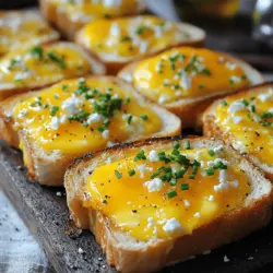 - 4 Scheiben dicker Sauerteigbrot - 4 große Eier - 1 Tasse geriebener Cheddar-Käse - 1/2 Tasse zerbröckelter Feta-Käse - 2 Esslöffel Schlagsahne - 1 Teelöffel Knoblauchpulver - Salz und Pfeffer nach Geschmack - Frische Schnittlauch, gehackt (zum Garnieren) - 1 Esslöffel Olivenöl Für dieses Gericht nutze ich dicken Sauerteigbrot. Es gibt dem Toast eine tolle Textur. Die großen Eier sind perfekt, um den Toast zu füllen. Der geriebene Cheddar-Käse sorgt für einen herzhaften Geschmack. Ich füge zerbröckelten Feta-Käse hinzu, um eine salzige Note zu bringen. Schlagsahne macht die Eier schön cremig. Knoblauchpulver gibt dem Gericht einen besonderen Kick. Salz und Pfeffer sind wichtig, um den Geschmack zu verstärken. Frischer Schnittlauch ist die perfekte Garnierung. Er bringt Frische ins Gericht und sieht toll aus. Diese Zutaten machen das Käseüberbackene Ei-Toast zu einem echten Genuss. Wenn Sie mehr Details wünschen, schauen Sie sich das [Full Recipe] an. Heize den Ofen auf 190°C (375°F) vor. Lege ein Backblech mit Backpapier aus. Das Backpapier hilft, dass das Toast nicht anklebt. So bleibt das Blech sauber und das Essen perfekt. Nimm vier Scheiben dicker Sauerteigbrot. Bestreiche eine Seite jedes Brotes leicht mit Olivenöl. Platziere die Brotscheiben mit der geölten Seite nach unten auf das Backblech. Diese Vorbereitung gibt dem Toast einen tollen Geschmack und hilft beim Bräunen. In einer großen Schüssel verquirle die Eier, die Schlagsahne und das Knoblauchpulver. Füge Salz und Pfeffer nach Geschmack hinzu. Diese Mischung macht die Eier cremig und würzig. Gieße die Eimischung vorsichtig in die vorbereiteten Brotscheiben. Achte darauf, dass die Vertiefung gut gefüllt ist. Um die Konsistenz Ihrer Eier zu steuern, können Sie die Backzeit anpassen. Für weich gekochte Eier backen Sie das Toast nur 12-15 Minuten. Die Eier bleiben dann schön cremig und flüssig. Wenn Sie feste Eier mögen, backen Sie sie 15-20 Minuten. Prüfen Sie immer die Mitte. Sie sollte leicht wackeln, wenn Sie das Blech herausnehmen. Experimentieren Sie mit verschiedenen Käsesorten für neuen Geschmack. Neben Cheddar können Sie Gouda, Mozzarella oder Parmesan verwenden. Jeder Käse bringt einen anderen Geschmack und eine andere Textur. Feta ist auch eine tolle Wahl und gibt einen salzigen Kick. Mischen Sie die Käsesorten für mehr Tiefe. Um das Aroma zu verbessern, fügen Sie Gewürze oder frische Kräuter hinzu. Paprikapulver, Pfeffer oder italienische Kräuter passen gut. Frische Kräuter wie Basilikum oder Petersilie bringen frische Noten. Sie können auch eine Prise Chili für etwas Schärfe nehmen. Probieren Sie unterschiedliche Kombinationen, um Ihre perfekte Mischung zu finden. {{image_4}} Wenn Sie eine vegetarische Variante von Käseüberbackenem Ei-Toast wollen, fügen Sie Gemüse hinzu. Spinat ist eine tolle Wahl. Er hat einen milden Geschmack und passt gut zu Eiern. Paprika bringt etwas Süße und Farbe ins Gericht. Schneiden Sie das Gemüse klein und mischen Sie es in die Eimischung. So wird Ihr Toast noch nahrhafter und leckerer. Für einen proteinreichen Genuss können Sie Speck oder Schinken hinzufügen. Braten Sie den Speck vorher an, bis er knusprig ist. Schneiden Sie ihn in kleine Stücke und streuen Sie ihn auf den Toast. Schinken ist ebenfalls eine gute Option. Er gibt einen herzhaften Geschmack und ergänzt den Käse wunderbar. Probieren Sie es aus und genießen Sie die extra Portion Protein! Haben Sie eine Glutenunverträglichkeit? Kein Problem! Verwenden Sie einfach glutenfreies Brot. Es gibt viele leckere Sorten in den Läden. Achten Sie darauf, dass das Brot dick genug ist, damit es die Füllung gut hält. So können Sie Ihr Käseüberbackenes Ei-Toast ohne Bedenken genießen. Es schmeckt genauso gut wie die klassische Version! Für mehr Details und die komplette Anleitung, schauen Sie sich das [Full Recipe] an. Um Reste von deinem Käseüberbackenen Ei-Toast zu lagern, solltest du sie zuerst abkühlen lassen. Danach kannst du sie in einen luftdichten Behälter legen. Du kannst die Reste im Kühlschrank für bis zu drei Tage aufbewahren. Wenn du die Reste länger lagern möchtest, empfehle ich den Gefrierschrank. Dort halten sie bis zu drei Monate. Stelle sicher, dass die Reste gut verpackt sind, um Gefrierbrand zu vermeiden. Wenn es Zeit ist, deinen Toast wieder aufzuwärmen, gibt es die besten Methoden dafür. Du kannst ihn im Ofen auf etwa 180°C (350°F) für 10-15 Minuten erwärmen. Dadurch bleibt der Toast knusprig und der Käse schmilzt schön. Eine andere gute Methode ist die Mikrowelle. Stelle die Temperatur niedrig ein und erwärme ihn in kurzen Intervallen von 30 Sekunden. So wird er gleichmäßig warm, aber nicht matschig. Achte auf Anzeichen von Verderb, bevor du die Reste isst. Wenn der Toast einen unangenehmen Geruch hat oder die Eier eine seltsame Farbe zeigen, solltest du ihn nicht essen. Auch wenn der Käse hart oder schimmlig aussieht, ist es besser, ihn wegzuwerfen. Sicherheit geht vor, also prüfe immer die Frische deiner Lebensmittel. Die Zubereitung von Käseüberbackenem Ei-Toast dauert insgesamt etwa 30 Minuten. Du benötigst 10 Minuten für die Vorbereitung und 15-20 Minuten für das Backen. Diese Zeit ist schnell vergangen, besonders wenn du hungrig bist! Ja, du kannst das Rezept im Voraus zubereiten. Bereite die Eimischung und das Brot vor. Lagere sie getrennt im Kühlschrank. Du kannst das Brot auch schon mit Käse belegen. Am nächsten Tag musst du nur die Mischung hinzufügen und backen. So sparst du Zeit! Zu Käseüberbackenem Ei-Toast passen einige einfache Beilagen gut. Probiere frische Tomatenscheiben oder einen grünen Salat. Auch ein Stück Obst wie eine Banane oder ein Apfel ist lecker. Diese Beilagen helfen, das Gericht zu ergänzen und bringen frische Aromen. Käseüberbackenes Ei-Toast ist einfach und lecker. Im Blogpost haben wir die besten Zutaten, die Zubereitung und wertvolle Tipps besprochen. Du kannst kreativ sein und verschiedene Käsesorten und Zutaten verwenden. Denke daran, deine Reste richtig zu lagern und erneut aufzuwärmen. Dieses Gericht ist vielseitig und passt zu vielen Gelegenheiten. Probiere es selbst und genieße das köstliche Ergebnis!