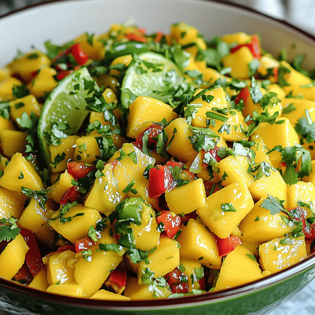 Für die Tropical Mango Salsa brauche ich einige tolle Zutaten, die den Geschmack ausmachen. Hier sind die Hauptzutaten: - 2 reife Mangos, gewürfelt - 1 kleine rote Paprika, fein gehackt - 1/2 rote Zwiebel, fein gehackt - 1 Jalapeño, entkernt und fein gewürfelt - 2 Esslöffel frischer Koriander, gehackt - Saft von 2 Limetten - Salz nach Geschmack - Schale von 1 Limette (für extra Pepp) Diese Zutaten machen die Salsa bunt und frisch. Die süße Mango harmoniert perfekt mit der Schärfe der Jalapeño. Manchmal füge ich gerne ein paar zusätzliche Zutaten hinzu, um den Geschmack zu verbessern. Hier sind einige Ideen: - Eine kleine Knoblauchzehe, fein gehackt - Eine Prise Kreuzkümmel für einen erdigen Geschmack - Ein Spritzer Honig, falls die Mangos nicht süß genug sind Diese Zutaten können die Salsa noch interessanter machen. Experimentiere ruhig mit dem, was du magst. Frische Zutaten sind der Schlüssel zu einer tollen Salsa. Ich empfehle folgende Tipps: - Kaufe reife Mangos, die leicht drücken, wenn du sie anfasst. - Wähle Paprika und Zwiebeln, die fest und knackig sind. - Verwende frischen Koriander, der grün und aromatisch ist. Wenn du frische Zutaten benutzt, schmeckt deine Salsa viel besser. Du kannst das Rezept auch hier [Full Recipe] finden und die Frische selbst erleben. Zuerst schäle die Mangos. Schneide sie in kleine Würfel. Nimm eine kleine rote Paprika und hacke sie fein. Nimm eine halbe rote Zwiebel und hacke sie ebenfalls klein. Für einen kleinen Kick, nimm eine Jalapeño. Entferne die Kerne und würfle sie klein. Achte darauf, dass du sie gut schneidest. Gib die gewürfelten Mangos, die rote Paprika, die Zwiebel und die Jalapeño in eine große Schüssel. Füge jetzt den frisch gehackten Koriander hinzu. Presse den Saft von zwei Limetten über die Mischung. Rühre alles vorsichtig um. So bleiben die Mangostücke ganz. Schmecke die Salsa mit Salz ab. Füge die Limettenschale für mehr Geschmack hinzu. Die Salsa sollte frisch und leicht sein. Wenn sie zu flüssig ist, kann das passieren, wenn du die Limetten zu stark pressest. Lass die Salsa für etwa 30 Minuten ziehen. So vermischen sich die Aromen gut. Du kannst die Salsa kühl oder bei Raumtemperatur servieren. Sie passt gut zu Tortillachips oder auf gegrilltes Hähnchen. Wenn du mehr Vielfalt möchtest, schau dir das Full Recipe an. Um die Mango perfekt zu schneiden, beginne mit der richtigen Technik. Halte die Mango aufrecht. Der Kern verläuft in der Mitte. Schneide zuerst an einer Seite des Kerns entlang. Wiederhole dies auf der anderen Seite. Du erhältst zwei große Fleischstücke. Nun kannst du das Fruchtfleisch in Würfel schneiden. Ziehe die Schale vorsichtig ab. So bleibt die Mango schön und saftig. Die Aromen in deiner Salsa müssen harmonisch sein. Die Süße der Mango braucht etwas Säure. Limettensaft bringt diesen frischen Kick. Achte darauf, dass du genug Salz hinzufügst. Salz hebt die Aromen hervor. Probiere die Salsa während des Mischens. So kannst du die Balance finden. Füge mehr Limettensaft oder Salz nach Geschmack hinzu. Lass die Salsa mindestens 30 Minuten marinieren. So können die Aromen gut durchziehen. Wenn du mehr Zeit hast, lasse sie sogar 1-2 Stunden im Kühlschrank stehen. Die Kälte macht die Salsa erfrischender. Du kannst sie auch über Nacht stehen lassen. Beachte, dass die Aromen intensiver werden. So erreichst du das Beste aus deiner Mango-Salsa. {{image_4}} Wenn du es scharf magst, füge mehr Chilis hinzu. Du kannst eine Habanero verwenden. Diese Chilis bringen Hitze und Frische. Achte darauf, die Kerne zu entfernen, um die Schärfe zu kontrollieren. Du kannst auch verschiedene Chili-Sorten mischen. Probiere zum Beispiel Serrano-Chilis für eine andere Note. Experimentiere, um deinen perfekten Schärfegrad zu finden. Mango ist toll, aber du kannst auch andere Früchte nutzen. Ananas bringt eine süße und saftige Note. Schneide sie in kleine Stücke und mische sie mit der Mango. Kiwi hat eine schöne grüne Farbe und einen tollen Geschmack. Sie passt gut zu Mango und sorgt für einen frischen Kick. Du kannst auch Papaya ausprobieren, um die Salsa fruchtiger zu machen. Die Tropical Mango Salsa ist von Natur aus vegan. Du kannst sie aber noch anpassen. Verwende Limettensaft für einen frischen Geschmack. Füge einige Avocado-Würfel hinzu, um die Salsa cremiger zu machen. Du kannst auch schwarze Bohnen hinzufügen. Diese geben Protein und machen die Salsa sättigender. So hast du eine nahrhafte und leckere Option, die jeden erfreut. Für die vollständige Rezeptanleitung schaue dir das Full Recipe an. Um deine tropische Mango-Salsa frisch zu halten, benutze einen luftdichten Behälter. Dies schützt die Salsa vor Luft und Gerüchen im Kühlschrank. Stelle sicher, dass der Behälter sauber und trocken ist, bevor du die Salsa hineinfüllst. Du kannst auch Frischhaltefolie direkt auf die Salsa legen, um den Kontakt mit Luft zu minimieren. Die Salsa bleibt im Kühlschrank etwa 3 bis 5 Tage frisch. Achte darauf, sie gut verschlossen zu lagern. Wenn du sie länger aufbewahren möchtest, kannst du sie auch einfrieren. Gefrorene Salsa kann bis zu 3 Monate haltbar sein, verliert aber etwas an Textur. Wenn deine Salsa etwas an Frische verliert, gibt es einfache Tricks, um sie wieder aufzufrischen. Füge frischen Limettensaft oder gehackten Koriander hinzu. Das gibt der Salsa neuen Schwung. Du kannst auch etwas gewürfelte Mango oder Paprika hinzufügen, um die Konsistenz und den Geschmack zu verbessern. Du kannst Tropical Mango Salsa bis zu drei Tage im Kühlschrank aufbewahren. Stelle sicher, dass du sie in einem luftdichten Behälter lagerst. So bleibt sie frisch und lecker. Nach ein paar Tagen kann die Salsa etwas weich werden. Das liegt daran, dass die Mangos Flüssigkeit abgeben. Wenn du die Salsa frisch genießen möchtest, esse sie lieber schnell. Ja, du kannst die Zutaten nach deinem Geschmack anpassen. Magst du es schärfer? Füge mehr Jalapeños hinzu. Willst du eine süßere Note? Dann gib mehr Mangos oder etwas Honig dazu. Du kannst auch andere Kräuter wie Minze verwenden. Sei kreativ und finde deine perfekte Mischung. Tropical Mango Salsa passt zu vielen Gerichten. Du kannst sie als Dip für Tortillachips verwenden. Sie schmeckt auch toll auf gegrilltem Hähnchen oder Fisch. Probiere sie zu Tacos oder Burritos. Die frische und fruchtige Note hebt jedes Gericht hervor. Tropical Mango Salsa ist einfach zuzubereiten und voller Geschmack. Wir haben die Hauptzutaten, zusätzliche Geschmacksträger und frische Empfehlungen besprochen. Die Schritt-für-Schritt-Anleitung macht die Vorbereitung leicht. Ich teilte Tipps für die perfekte Konsistenz und Aromen. Variationen mit Chilis oder anderen Früchten bringen Abwechslung. Unsere Aufbewahrungshinweise helfen, die Salsa frisch zu halten. Mit diesen Punkten kannst du deine Salsa schnell genießen und anpassen. Probiere neue Ideen und finde deinen Favoriten!