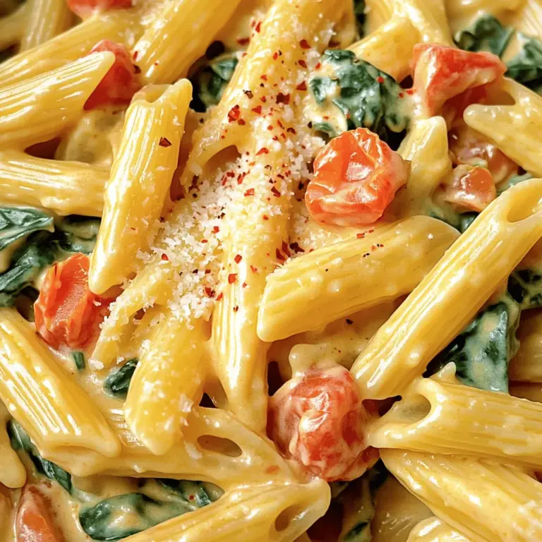 - 225 g Pasta (Penne oder Fettuccine) - 1 Esslöffel Olivenöl - 3 Knoblauchzehen - 1 Dose (400 g) gewürfelte Tomaten - 240 ml Schlagsahne - 2 Tassen frischer Spinat - 1 Teelöffel getrocknete italienische Kräuter - Salz und Pfeffer - Frisch geriebener Parmesan Diese Zutaten sind einfach zu finden und machen das Gericht großartig. Die Pasta ist die Basis und bringt die Textur. Olivenöl bringt Geschmack und hilft, den Knoblauch zu braten. Frischer Spinat macht die Sauce bunt und gesund. Gewürfelte Tomaten geben die nötige Frische. Die Schlagsahne macht die Sauce cremig und reichhaltig. Die italienischen Kräuter bringen die Aromen zusammen. Parmesan rundet alles ab und gibt einen herzhaften Geschmack. Du kannst auch Chili hinzufügen, wenn du es scharf magst. Für die vollständige Anleitung und mehr Details, schau dir das Full Recipe an. Um die perfekte Pasta zu kochen, nimm einen großen Topf. Fülle ihn mit Wasser und füge Salz hinzu. Bring das Wasser zum Kochen. Gib die Pasta hinein und koche sie nach Packungsanweisung al dente. Das dauert meist etwa 8 bis 10 Minuten. Vergiss nicht, etwas Nudelwasser aufzuheben, etwa 240 ml. Es hilft später, die Sauce perfekt zu machen. Gieße die Pasta ab und stelle sie beiseite. Jetzt geht es an die Soße! Nimm den gleichen Topf und erhitze das Olivenöl bei mittlerer Hitze. Füge die fein gehackten Knoblauchzehen hinzu. Brate den Knoblauch für etwa eine Minute an, bis er duftet. Er sollte aber nicht braun werden. Jetzt kommen die gewürfelten Tomaten dazu. Rühre alles gut um und lasse die Mischung 2 bis 3 Minuten kochen. So verbinden sich die Aromen gut. Jetzt wird es cremig! Gieße die Schlagsahne in die Tomatenmischung. Rühre alles gut um, bis die Soße schön cremig ist. Lass die Soße sanft köcheln und reduziere die Hitze. Füge dann den grob gehackten Spinat und die italienischen Kräuter hinzu. Rühre alles zusammen und koche, bis der Spinat verwelkt ist. Das dauert etwa 2 bis 3 Minuten. Wenn die Soße zu dick ist, füge etwas von dem aufbewahrten Nudelwasser hinzu. Dadurch wird die Konsistenz perfekt. Für das komplette Rezept kannst du auf [Full Recipe] zugreifen. Um die beste Pasta zu machen, koche sie al dente. Das bedeutet, dass sie außen weich und innen noch bissfest ist. Koche die Pasta in gesalzenem Wasser. So bekommt sie mehr Geschmack. Vergiss nicht, etwas Nudelwasser aufzuheben. Es hilft dir später, die Sauce zu binden. Würze die Pasta nach deinem Geschmack. Salz und Pfeffer sind wichtig. Du kannst auch Chiliflocken hinzufügen, wenn du es scharf magst. Ein kleiner Schuss Zitronensaft kann die Aromen noch verstärken. Wenn die Sauce zu dick ist, füge etwas Nudelwasser hinzu. So wird sie cremiger und leichter. Achte darauf, dass die Mischung nicht anbrennt. Rühre sie oft um, besonders wenn sie köchelt. So bleibt alles schön gleichmäßig. Für die vollständige Zubereitung, sieh dir das [Full Recipe] an. {{image_4}} Eine wunderbare Art, deine cremige Tomaten-Spinat-Pasta zu verändern, ist das Hinzufügen von Proteinen. Du kannst Hähnchen oder Garnelen nutzen. Beide Varianten bereichern den Geschmack und machen das Gericht sättigender. - Hähnchen: Brate Hähnchenbrust in Würfeln an und füge sie zur Sauce hinzu. - Garnelen: Füge die Garnelen in den letzten Minuten der Kochzeit hinzu, bis sie rosa sind. Du kannst auch mehr Gemüse einbringen. Zucchini oder Paprika lassen sich gut in die Mischung einfügen. - Zucchini: Schneide sie in kleine Stücke und brate sie mit dem Knoblauch an. - Paprika: Füge sie nach den Tomaten hinzu, um etwas Süße zu bringen. Wenn du eine vegane Version machen willst, gibt es viele einfache Anpassungen. Du kannst pflanzliche Sahne verwenden. Diese ersetzt die Schlagsahne perfekt und gibt eine cremige Textur. - Pflanzliche Sahne: Achte darauf, eine ungesüßte Variante zu wählen. Auch die Nudeln können vegan sein. Viele Marken bieten jetzt vegane Optionen an. - Vegane Nudeln: Überprüfe die Zutatenliste, um sicherzustellen, dass sie keine Eier enthalten. Die Wahl der Kräuter und Gewürze macht einen großen Unterschied. Du kannst frische Kräuter wie Basilikum oder Petersilie verwenden. Diese bringen einen frischen Geschmack. - Frische Kräuter: Füge sie am Ende hinzu, um den besten Geschmack zu erhalten. Experimentiere auch mit Gewürzen. Vielleicht möchtest du etwas Chili oder Paprika für einen zusätzlichen Kick. - Gewürze: Überlege dir, welche Aromen dir gefallen und probiere neue Kombinationen aus. Für die vollständige Anleitung und das Rezept, schau dir die [Full Recipe] an. Bewahre die Reste der cremigen Tomaten-Spinat-Pasta in einem luftdichten Behälter auf. So bleiben die Aromen frisch. Im Kühlschrank halten sie sich gut für 3 bis 4 Tage. Die besten Methoden zum Aufwärmen sind die Mikrowelle oder der Herd. Wenn du die Mikrowelle nutzt, erwärme die Pasta in kurzen Intervallen. Rühre sie zwischendurch um. So bleibt die Pasta gleichmäßig warm. Bei der Herdmethode gib etwas Wasser oder Brühe dazu. Das hilft, Trockenheit zu vermeiden. Wenn du die Pasta länger aufbewahren möchtest, friere sie ein. Teile die Portionen in einem luftdichten Behälter oder Gefrierbeutel auf. Lass etwas Platz für die Ausdehnung. Im Gefrierfach hält die Pasta bis zu drei Monate. Vor dem Servieren tau die Pasta im Kühlschrank auf. Erwärme sie dann wie beschrieben. Enjoy your meal! Die Zubereitung der cremigen Tomaten-Spinat-Pasta dauert insgesamt 25 Minuten. Die Vorbereitungszeit beträgt etwa 10 Minuten, während das Kochen der Pasta und Sauce rund 15 Minuten in Anspruch nimmt. So hast du schnell ein leckeres Gericht auf dem Tisch. Ja, du kannst die Pasta im Voraus zubereiten. Koche die Pasta und die Sauce getrennt. Lass die Pasta etwas abkühlen. Bewahre sie in einem luftdichten Behälter im Kühlschrank auf. Wenn du bereit bist zu essen, erhitze die Sauce und mische sie mit der Pasta. Zu dieser Pasta passen viele Beilagen. Ein frischer Salat mit einem leichten Dressing ist eine gute Wahl. Auch Knoblauchbrot oder geröstetes Gemüse harmonieren perfekt mit dem Gericht. Diese Beilagen ergänzen den Geschmack der Pasta und bieten eine schöne Abwechslung. Um die Sauce dicker zu machen, kannst du ein wenig mehr Sahne oder geriebenen Käse hinzufügen. Eine andere Methode ist, die Sauce länger zu köcheln. Dies reduziert die Flüssigkeit und macht die Sauce cremiger. Auch das Hinzufügen von etwas Nudelwasser kann helfen. Wenn du keine Sahne verwenden möchtest, gibt es gute Alternativen. Du kannst pflanzliche Sahne oder griechischen Joghurt verwenden. Auch eine Mischung aus Milch und Speisestärke kann eine cremige Konsistenz bieten. Diese Optionen sind leicht erhältlich und machen die Sauce ebenso lecker. Um das Rezept glutenfrei zu machen, wähle glutenfreie Pasta. Achte darauf, dass alle anderen Zutaten glutenfrei sind. Es gibt viele Marken, die glutenfreie Produkte anbieten. Dadurch kannst du die cremige Tomaten-Spinat-Pasta auch genießen, wenn du glutenempfindlich bist. Diese cremige Tomaten-Spinat-Pasta kombiniert einfache Zutaten und klare Schritte. Wir haben die Hauptzutaten besprochen, die Zubereitung und Tipps für die perfekte Konsistenz. Ob du zusätzliche Zutaten hinzufügst oder deinen Geschmack anpasst, die Variationen sind endlos. Denke daran, Reste richtig zu lagern und aufzuwärmen. So bleibt deine Pasta frisch. Experimentiere, genieße das Kochen und finde deinen eigenen Twist!
