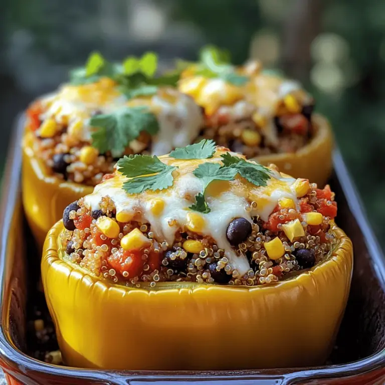 Für gefüllte Paprika mit Quinoa brauchen Sie einige einfache und nahrhafte Zutaten. Hier ist die Liste: - 4 große Paprika (jede Farbe) - 1 Tasse Quinoa, gründlich gewaschen - 2 Tassen Gemüsebrühe oder Wasser - 1 Dose (15 oz) schwarze Bohnen, abgespült und abgetropft - 1 Tasse Mais (frisch, gefroren oder aus der Dose) - 1 kleine Zwiebel, fein gehackt - 2 Knoblauchzehen, gehackt - 1 Tasse gewürfelte Tomaten (frisch oder aus der Dose) Diese Zutaten bieten eine tolle Mischung aus Geschmack und Nährstoffen. Quinoa ist reich an Protein und Ballaststoffen. Die Paprika geben Farbe und Vitamine. Die Gewürze machen Ihre gefüllten Paprika besonders lecker. Hier sind die wichtigsten: - 1 Teelöffel Kreuzkümmel - 1 Teelöffel geräuchertes Paprikapulver - 1 Teelöffel Chilipulver - Salz und Pfeffer nach Geschmack Kreuzkümmel bringt eine warme Note. Geräuchertes Paprikapulver sorgt für ein rauchiges Aroma. Chilipulver gibt einen feinen Kick. Diese Gewürze machen die Füllung spannend und lecker. Käse ist eine tolle Ergänzung für gefüllte Paprika. Hier sind einige Optionen: - 1 Tasse geriebener Käse (Cheddar, Monterey Jack oder eine milchfreie Alternative) Der Käse schmilzt schön und gibt einen cremigen Geschmack. Für Beilagen empfehle ich einen frischen grünen Salat oder Reis. Salsa passt auch gut dazu und gibt einen extra Geschmack. Diese Kombinationen machen Ihr Gericht noch besser. Für das vollständige Rezept schauen Sie sich den [Full Recipe] an. Heize deinen Ofen auf 190 °C (375 °F) vor. Nimm die großen Paprika und schneide die Oberseiten ab. Entferne die Kerne und Membranen. Stelle die Paprika aufrecht in eine Auflaufform. So bleiben sie stabil und können die Füllung gut halten. Koche die Quinoa in einem mittelgroßen Topf. Gib die gewaschene Quinoa mit 2 Tassen Gemüsebrühe oder Wasser hinein. Bring alles zum Kochen. Reduziere dann die Hitze und decke den Topf ab. Lass die Quinoa etwa 15 Minuten köcheln. Sie sollte am Ende fluffig sein. In der Zwischenzeit erhitze eine große Pfanne bei mittlerer Hitze. Füge die gehackte Zwiebel und den Knoblauch hinzu. Brate die Mischung für 3-4 Minuten. Sie sollte weich sein. Dann füge die schwarzen Bohnen, den Mais und die gewürfelten Tomaten hinzu. Streue die Gewürze wie Kreuzkümmel, geräuchertes Paprikapulver, Chilipulver, Salz und Pfeffer hinein. Rühre alles gut um und koche es weitere 5-6 Minuten. Wenn die Quinoa fertig ist, lockere sie mit einer Gabel auf. Mische sie dann mit der Bohnen-Gemüse-Mischung in der Pfanne. Achte darauf, dass alles gut vermischt ist. Fülle nun jede Paprika vorsichtig mit der Quinoamischung. Drücke die Mischung fest hinein. Bestreue jede gefüllte Paprika mit geriebenem Käse. Gib einen Schuss Wasser in die Auflaufform, um die Paprika zu dämpfen. Decke die Form mit Aluminiumfolie ab. Backe die gefüllten Paprika im Ofen für 25-30 Minuten. Sie sollten zart sein. Entferne dann die Folie und backe sie für weitere 5-7 Minuten. Der Käse sollte blubbern und leicht braun werden. Lass die gefüllten Paprika vor dem Servieren kurz abkühlen. Garnieren sie mit frischen Koriander- oder Petersilienblättern. Du kannst den gesamten Prozess in der [Full Recipe] sehen. Um die Quinoa locker zu halten, spülen Sie sie zuerst gründlich. Dies entfernt Bitterstoffe. Kochen Sie die Quinoa in Gemüsebrühe, nicht in Wasser. Die Brühe gibt der Quinoa viel Geschmack. Reduzieren Sie die Hitze, sobald die Flüssigkeit kocht. Lassen Sie die Quinoa dann abgedeckt köcheln. Nach 15 Minuten sollte sie perfekt und fluffig sein. Lockern Sie die Quinoa mit einer Gabel auf. So bleibt sie leicht und luftig. Ein häufiger Fehler ist, die Paprika nicht gut vorzubereiten. Schneiden Sie die Oberseite ab und entfernen Sie die Kerne. Achten Sie darauf, die Paprika nicht zu überfüllen. Lassen Sie etwas Platz, damit die Füllung nicht herausquillt. Drücken Sie die Mischung fest hinein, aber nicht zu fest. Ein weiterer Fehler ist das Ignorieren der Garzeit. Überprüfen Sie die Paprika nach der angegebenen Zeit. Sie sollten zart, aber nicht zerfallen sein. Die Garzeit hängt von der Paprika-Sorte ab. Große Paprika brauchen 25 bis 30 Minuten. Kleinere Sorten wie Mini-Paprika benötigen nur 20 Minuten. Achten Sie darauf, die Paprika nicht zu überbacken. Der Käse sollte goldbraun sein, aber die Paprika dürfen nicht matschig werden. Wenn Sie verschiedene Sorten verwenden, stellen Sie sicher, dass alle gleichmäßig garen. Ansonsten kann die Füllung ungleichmäßig sein. {{image_4}} Wenn Sie eine vegetarische Füllung suchen, haben Sie viele Optionen. Helle, grüne Paprika sind ideal für eine frische Note. Für die Füllung können Sie auch verschiedene Zutaten verwenden. Zum Beispiel: - 1 Tasse gekochte Linsen - 1 Tasse gewürfelte Zucchini - 1 Tasse Spinat Diese Zutaten geben Ihrer Füllung mehr Textur und Nährstoffe. Linsen sind reich an Protein und Ballaststoffen. Zucchini und Spinat bringen Farbe und Vitamine. Sie können auch Pilze hinzufügen, um einen herzhaften Geschmack zu erzeugen. Für glutenfreie oder milchfreie Diäten sind diese gefüllten Paprika einfach anzupassen. Quinoa ist von Natur aus glutenfrei, was toll ist. Statt normalem Käse können Sie eine milchfreie Alternative verwenden. Hier sind einige Ideen: - Mandeln oder Cashewkäse für cremigen Geschmack - Hefeflocken für einen käsigen Geschmack Diese Optionen machen die Füllung lecker und sicher für alle, die Gluten oder Milch meiden. Das Hinzufügen von mehr Gemüse ist eine großartige Möglichkeit, die Füllung zu verbessern. Sie können fast jedes Gemüse verwenden, das Sie mögen. Hier sind ein paar Vorschläge: - Karotten, klein gewürfelt - Brokkoli, in kleine Röschen geschnitten - Erbsen für eine süße Note Durch die Verwendung von buntem Gemüse wird Ihr Gericht nicht nur schöner, sondern auch nährstoffreicher. Experimentieren Sie mit verschiedenen Kombinationen, um den perfekten Mix für Ihren Geschmack zu finden. Sehen Sie sich auch das [Full Recipe] für mehr Ideen an! Um Reste der gefüllten Paprika zu lagern, lassen Sie sie zuerst abkühlen. Packen Sie jede Paprika in Frischhaltefolie oder legen Sie sie in einen luftdichten Behälter. So bleiben sie frisch. Zum Aufwärmen legen Sie die gefüllten Paprika in eine Auflaufform. Fügen Sie einen Spritzer Wasser hinzu, um das Austrocknen zu verhindern. Decken Sie die Form mit Folie ab. Backen Sie sie bei 180 °C für 15-20 Minuten. Alternativ können Sie die Paprika in der Mikrowelle erwärmen. Stellen Sie die Mikrowelle auf mittlere Leistung und erhitzen Sie sie in 1-Minuten-Intervallen. Im Kühlschrank bleiben die gefüllten Paprika bis zu 4 Tage frisch. Im Gefrierfach können sie bis zu 3 Monate lagern. Achten Sie darauf, die Paprika gut zu verpacken, um Gefrierbrand zu vermeiden. Fühlen Sie sich frei, die gefüllten Paprika vor dem Einfrieren in Portionen zu schneiden. Dies erleichtert das spätere Auftauen und Servieren. Wenn Sie das Rezept ausprobieren möchten, finden Sie die Details in der Full Recipe. Sie können gefüllte Paprika im Voraus zubereiten, indem Sie die Füllung und die Paprika getrennt vorbereiten. Kochen Sie die Quinoa und die Gemüsefüllung, und füllen Sie dann die Paprika. Lagern Sie die gefüllten Paprika in einem luftdichten Behälter im Kühlschrank. Sie bleiben dort bis zu drei Tage frisch. Wenn Sie bereit sind, sie zu essen, backen Sie sie einfach im Ofen. So sparen Sie Zeit, wenn Sie Gäste haben oder eine schnelle Mahlzeit brauchen. Ja, Sie können andere Quinoa-Sorten verwenden. Es gibt rote, schwarze und sogar gemischte Quinoa. Jede Sorte hat ihren eigenen Geschmack und Textur. Rote Quinoa bleibt beim Kochen fester und hat einen nussigen Geschmack. Schwarze Quinoa hat einen süßeren, erdigen Geschmack. Experimentieren Sie mit verschiedenen Sorten, um Ihr Lieblingsgericht zu finden. Sie können sogar eine Mischung aus verschiedenen Quinoa-Sorten verwenden, um das Gericht noch interessanter zu machen. Gute Beilagen zu gefüllten Paprika sind einfach und frisch. Ein grüner Salat mit einem leichten Dressing passt gut dazu. Auch Reis oder Quinoa als Beilage sind toll. Sie können auch Tortilla-Chips oder Salsa servieren, um einen tollen Crunch zu haben. Wenn Sie etwas Warmes möchten, versuchen Sie eine einfache Suppe oder ein Brot. Diese Beilagen ergänzen die Paprika perfekt und machen das Essen noch schmackhafter. Gefüllte Paprika sind einfach zuzubereiten und sehr vielseitig. Wir haben die wichtigsten Zutaten und Schritte durchgearbeitet. Ich habe auch Tipps gegeben, damit deine Quinoa nicht matschig wird. Außerdem kannst du kreative Variationen einfügen, um das Gericht anzupassen. Denke daran, Reste richtig zu lagern, damit du sie später genießen kannst. Mit diesen einfachen Anleitungen und Ratschlägen kannst du sicher leckere gefüllte Paprika machen, die jedem schmecken. Viel Spaß beim Kochen und Ausprobieren!