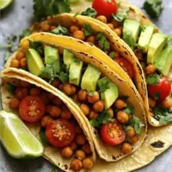 Um diese Tacos zuzubereiten, brauchen wir einige wichtige Zutaten. Hier ist die Liste: - 1 Dose (450 g) Kichererbsen, abgetropft und abgespült - 1 Esslöffel Olivenöl - 1 Teelöffel geräuchertes Paprikapulver - 1 Teelöffel Kreuzkümmel - 1/2 Teelöffel Cayennepfeffer (nach Geschmack anpassen) - 1/2 Teelöffel Knoblauchpulver - Salz und Pfeffer nach Geschmack - 1 Avocado, in Scheiben geschnitten - 1 Tasse Kirschtomaten, halbiert - 1/4 Tasse frischer Koriander, gehackt - 6 kleine Mais- oder Weizentortillas - Limettenviertel, zum Servieren Kichererbsen sind die Hauptzutat. Sie sind nahrhaft und geben den Tacos eine tolle Textur. Die Gewürze sind der Schlüssel zu diesem Gericht. Sie machen die Kichererbsen würzig und aromatisch. - Geräuchertes Paprikapulver gibt einen rauchigen Geschmack. - Kreuzkümmel bringt Erde und Tiefe. - Cayennepfeffer fügt Schärfe hinzu, die du nach deinem Geschmack anpassen kannst. - Knoblauchpulver sorgt für ein reichhaltiges Aroma. Diese Mischung von Gewürzen verwandelt einfache Kichererbsen in ein Geschmackserlebnis. Die Tacos schmecken großartig mit frischen Beilagen. Hier sind einige, die ich empfehle: - Avocadoscheiben für Cremigkeit - Kirschtomaten für eine süße Note - Frischer Koriander als frische Komponente - Limettenviertel, um einen spritzigen Geschmack zu verleihen Jede Beilage bringt etwas Einzigartiges. Sie machen die Tacos frischer und lebendiger. Du kannst die Tacos nach deinem eigenen Geschmack anpassen. Für die vollständige Zubereitung sieh dir das Full Recipe an. Zuerst öffne die Dose Kichererbsen. Spüle sie gut ab, um den Salzwasser-Geschmack zu entfernen. Lass sie dann abtropfen. Kichererbsen sind die Hauptzutat. Sie sind proteinreich und sehr gesund. Du kannst auch frische Kichererbsen verwenden, wenn du sie vorher kochst. Jetzt erhitze das Olivenöl in einer Pfanne. Gib die Kichererbsen hinein und brate sie für 2-3 Minuten. Die Kichererbsen sollten leicht knusprig werden. Streue dann das geräucherte Paprikapulver, Kreuzkümmel, Cayennepfeffer und Knoblauchpulver über die Kichererbsen. Rühre alles gut um. So verteilen sich die Gewürze gut. Koche die Mischung für weitere 5-7 Minuten. Die Kichererbsen sollten heiß und aromatisch sein. Wärme die Tortillas in einer anderen Pfanne oder Mikrowelle. Sie sollten weich und biegsam sein. Nimm eine Tortilla und füge einen Löffel der würzigen Kichererbsen hinzu. Toppe die Tacos mit Avocadoscheiben, Kirschtomaten und frischem Koriander. Serviere Limettenviertel dazu. So kann jeder die Tacos nach Geschmack würzen. Für eine schöne Präsentation lege die Tacos auf einen bunten Teller. Füge einen Zweig Koriander als Garnitur hinzu. Für das vollständige Rezept, schau dir die Details in der [Full Recipe] an. Um die Kichererbsen richtig knusprig zu machen, sind einige Tricks nötig. Ich empfehle, die Kichererbsen gut abzutropfen und trocken zu tupfen. Feuchtigkeit macht sie weich. In der Pfanne sollten sie bei mittlerer Hitze braten. Rühren Sie sie gelegentlich um. So bräunen sie gleichmäßig. Lassen Sie sie für 5 bis 7 Minuten braten, bis sie knusprig sind. Fügen Sie die Gewürze dann hinzu, damit sie nicht verbrennen. Die Wahl der Tortillas ist wichtig für den Geschmack. Mais-Tortillas sind traditionell und haben einen tollen Geschmack. Weizentortillas sind weich und passen gut zu den Kichererbsen. Erwärmen Sie die Tortillas in der Pfanne oder Mikrowelle. In der Pfanne werden sie schön warm und leicht knusprig. In der Mikrowelle geht es schneller, aber die Textur kann weicher sein. Jeder hat andere Geschmacksvorlieben. Fügen Sie Zutaten hinzu, die Ihnen gefallen. Zum Beispiel können Sie Jalapeños für mehr Schärfe verwenden. Eine Schicht Hummus unter die Kichererbsen bringt Cremigkeit. Fügen Sie Käse für einen reichen Geschmack hinzu. Experimentieren Sie mit verschiedenen Toppings. Guacamole oder Salsa können die Tacos aufpeppen. Finden Sie Ihre perfekte Kombination, um die Tacos noch besser zu machen. Sie können die vollständige Anleitung im [Full Recipe] finden. {{image_4}} Die würzigen Kichererbsen-Tacos sind schon sehr vielseitig. Sie passen gut zu vielen Diäten. Wenn Sie Vegetarier oder Veganer sind, haben Sie Glück. Diese Tacos sind von Natur aus vegan. Sie kommen ganz ohne Fleisch aus. Sie können die Füllung mit anderen Hülsenfrüchten wie schwarzen Bohnen oder Linsen ändern. Das gibt einen neuen Geschmack. Sehen Sie sich die Füllungen und Toppings an. Sie können Ihrer Kreativität freien Lauf lassen. Probieren Sie geröstetes Gemüse wie Paprika oder Zucchini. Diese bringen mehr Farbe und Geschmack. Für etwas Crunch können Sie gehackte Nüsse oder Samen hinzufügen. Auch Käse oder Joghurt sind tolle Optionen, wenn Sie es nicht vegan halten. Möchten Sie die Schärfe anpassen? Das ist einfach! Fügen Sie mehr oder weniger Cayennepfeffer hinzu. Sie können auch frische Chilis verwenden, wenn Sie es wirklich scharf mögen. Wenn Sie es mild mögen, lassen Sie den Cayennepfeffer einfach weg. Genießen Sie die Tacos nach Ihrem eigenen Geschmack. Ich finde es spannend, verschiedene Schärfegrade zu testen. So bleibt das Essen immer interessant. Für das komplette Rezept schauen Sie hier: [Full Recipe]. Wenn du Füllung übrig hast, lagere sie in einem luftdichten Behälter. Achte darauf, dass die Kichererbsen gut abgedeckt sind. So bleiben sie frisch. Du kannst die Füllung auch in Portionen aufteilen. So hast du für schnelle Snacks immer etwas parat. Um die Füllung in der Mikrowelle zu erwärmen, verwende eine mikrowellengeeignete Schüssel. Decke die Schüssel mit einem feuchten Küchentuch ab, damit die Kichererbsen nicht austrocknen. Erhitze sie in kurzen Intervallen von 30 Sekunden. Rühre dazwischen um. Wenn du das Rezept wiederholen möchtest, kannst du die Kichererbsen gleich doppelt machen. Sie sind schnell zubereitet und schmecken beim nächsten Mal genauso gut. Die Kichererbsen halten sich in einem luftdichten Behälter im Kühlschrank etwa 3-4 Tage. Die Tortillas bleiben 1-2 Wochen frisch, wenn du sie richtig lagerst. Achte darauf, sie in einer verschlossenen Tüte zu halten. Avocados sollten frisch genutzt werden, da sie schnell braun werden. Verwende sie daher am besten am Tag des Kochens. Die Schärfe der Kichererbsen-Tacos hängt vom Cayennepfeffer ab. Ich empfehle, mit 1/2 Teelöffel zu starten. Wenn du es schärfer magst, füge mehr hinzu. Die Gewürze kombinieren sich gut und geben den Tacos einen tollen Kick. Du kannst sie auch mild halten, indem du den Cayennepfeffer ganz weglässt. So passen sie für alle Geschmäcker. Frischen Koriander findest du in vielen Supermärkten. Oft ist er in der Gemüseabteilung. Du kannst auch lokale Märkte besuchen. Diese bieten oft frische Kräuter an. Wenn du frischen Koriander nicht findest, versuche Petersilie als Ersatz. Sie hat zwar einen anderen Geschmack, sieht aber auch toll aus. Es gibt viele tolle Alternativen zu Tortillas. Du kannst Salatblätter verwenden, um eine Low-Carb-Option zu haben. Auch Reis- oder Nori-Blätter sind eine gute Wahl. Für Glutenfreiheit sind Mais-Tortillas eine ausgezeichnete Option. Experimentiere mit verschiedenen Füllungen und Formen. So findest du die perfekte Kombination für deinen Geschmack. In diesem Artikel haben wir die Hauptzutaten für würzige Kichererbsen-Tacos erkundet. Wir haben die zubereitung und die besten Tipps für knusprige Kichererbsen besprochen. Variationen bieten viele Möglichkeiten, die Tacos anzupassen. Außerdem gibt es wichtige Lagerungshinweise, damit nichts verschwendet wird. Denke an deine Vorlieben und experimentiere. Kichererbsen-Tacos sind gesund und lecker. Bereite sie nach deinem Geschmack zu. Viel Spaß beim Kochen und Genießen!