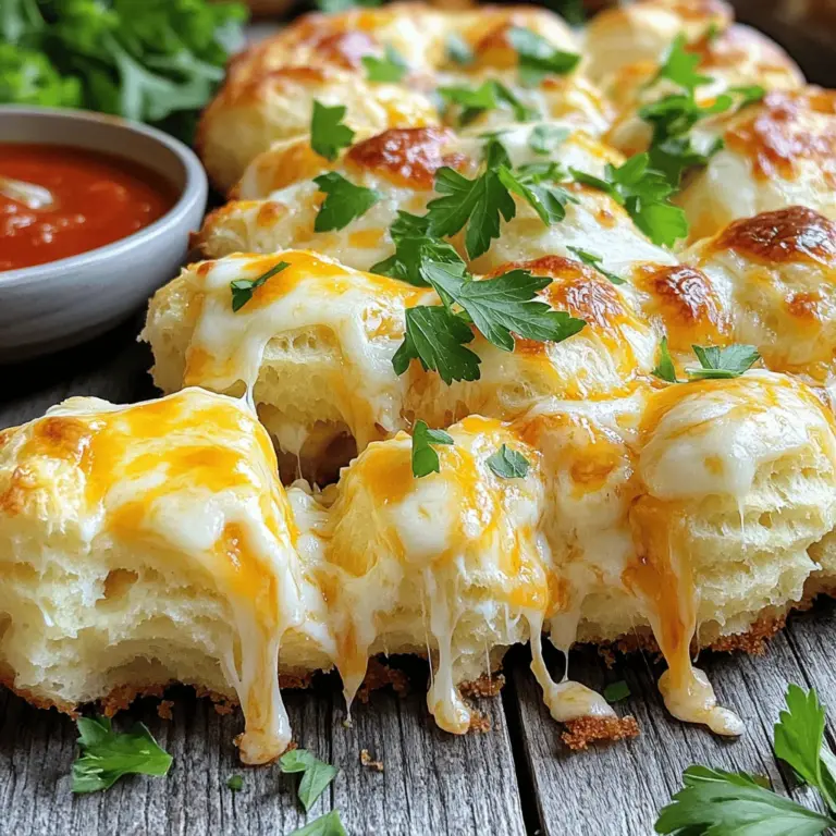 - 3 Tassen Biscuitteig (kaufmännisch oder selbstgemacht) - 1 Tasse geriebener Mozzarella-Käse - 1 Tasse geriebener Cheddar-Käse - 4 Knoblauchzehen, fein gehackt - 1 Esslöffel italienische Gewürzmischung - Salz und Pfeffer nach Geschmack - Optional: 1/2 Teelöffel rote Pfefferflocken - 1/4 Tasse frische Petersilie, gehackt (zum Garnieren) - Marinara-Sauce zum Dippen Die Zutaten für das Käse Knoblauch Affenbrot sind einfach und sehr schmackhaft. Beginnen wir mit den Hauptzutaten. Der Biscuitteig bildet die Basis und gibt dem Brot seine fluffige Textur. Sie können ihn selbst machen oder einfach fertigen kaufen. Beide Optionen funktionieren gut. Der Mozzarella-Käse sorgt für eine schöne, schmelzige Konsistenz. Er zieht beim Essen richtig schön. Der Cheddar bringt einen tollen, würzigen Geschmack mit. Diese Käse-Kombination macht das Affenbrot besonders lecker. Kommen wir zu den Gewürzen. Frischer Knoblauch gibt dem Brot einen starken, angenehmen Geschmack. Die italienische Gewürzmischung bringt noch mehr Aroma. Salz und Pfeffer runden alles ab. Wenn Sie es scharf mögen, fügen Sie die roten Pfefferflocken hinzu. Garnieren Sie das fertige Brot mit frischer Petersilie. Das sieht nicht nur gut aus, sondern gibt auch einen frischen Geschmack. Marinara-Sauce ist der perfekte Dip dazu. Sie können die Sauce einfach auf den Tisch stellen, damit jeder dippen kann. Für die vollständige Anleitung und andere Details, schauen Sie sich das [Full Recipe] an. - Heizen Sie den Ofen auf 175°C (350°F) vor. - Fetten Sie eine Bundt-Form mit einem antihaftbeschichteten Sprühmittel oder Butter ein. - Bereiten Sie selbstgemachten Biscuitteig vor oder verwenden Sie gekauften Teig. - Schneiden Sie den Teig in mundgerechte Stücke. - Kombinieren Sie Butter, Knoblauch, Gewürze und die Biscuitstücke. - Schichten Sie die Zutaten in der Bundt-Form und backen Sie sie. Beginnen Sie, indem Sie den Ofen heizen. Die richtige Temperatur sorgt für gleichmäßiges Backen. Während der Ofen vorheizt, fette ich die Bundt-Form gut ein. Dies verhindert, dass das Affenbrot kleben bleibt. Wenn der Ofen bereit ist, ist es Zeit für den Biscuitteig. Sie können ihn selbst machen oder einfach fertigen Teig kaufen. Beide Optionen sind lecker. Ich schneide den Teig in kleine Stücke, die leicht zu handhaben sind. Jetzt kommt der Spaß. In einer großen Schüssel mische ich die geschmolzene Butter, den fein gehackten Knoblauch und die italienische Gewürzmischung. Es riecht schon jetzt köstlich! Ich gebe eine Prise Salz und Pfeffer dazu. Dann füge ich die Biscuitstücke hinzu und wende sie in der Mischung. So werden sie perfekt gewürzt. Die erste Schicht kommt in die vorbereitete Form. Ich nehme die Hälfte der Biscuitstücke und lege sie gleichmäßig in die Form. Danach streue ich die Hälfte des Käses darüber. Der Mozzarella und Cheddar sorgen für reichhaltigen Geschmack. Ich wiederhole diesen Schritt mit den restlichen Biscuitstücken und dem Käse. Jetzt ist das Affenbrot bereit für den Ofen. Ich backe es 25-30 Minuten, bis die Oberseite goldbraun ist. Nach dem Backen lasse ich es etwas abkühlen. Dann kippe ich die Form auf einen Teller. Das Affenbrot stürzt sauber heraus. Es sieht toll aus und duftet fantastisch! Achten Sie auf die goldbraune Farbe, um den perfekten Zustand zu erreichen. Wenn das Affenbrot goldbraun ist, ist es bereit zum Servieren. Die Backzeit beträgt etwa 25 bis 30 Minuten. Testen Sie den Teig mit einem Zahnstocher. Er sollte sauber herauskommen. Wenn er noch klebt, backen Sie es etwas länger. Fügen Sie andere Käsesorten oder Gewürze hinzu für zusätzliche Aromen. Mozzarella und Cheddar sind toll, aber Gouda oder Parmesan können den Geschmack ändern. Sie können auch frische Kräuter wie Oregano oder Basilikum hinzufügen. Für einen scharfen Kick können Sie rote Pfefferflocken verwenden. Seien Sie kreativ und passen Sie das Rezept an. Servieren Sie das Affenbrot warm mit Marinara-Sauce. Das Dippen macht es noch leckerer. Garnieren Sie das Brot mit frisch gehackter Petersilie für Farbkontraste. Ein schöner Teller macht das Essen gleich besser. Für eine festliche Note können Sie auch ein paar Käsewürfel danebenlegen. Wenn Sie das Rezept genau befolgen, wird Ihr Affenbrot ein Hit bei jedem Snack. {{image_4}} Für einen neuen Geschmack können Sie Gouda oder Parmesan verwenden. Gouda bringt eine cremige Textur und einen milden Geschmack. Parmesan fügt einen salzigen, nussigen Kick hinzu. Beide Käsesorten ergänzen den Knoblauch perfekt. Experimentieren Sie mit verschiedenen Käsesorten, um Ihren Favoriten zu finden. Um noch mehr Geschmack zu erhalten, fügen Sie gebratene Zwiebeln oder Speckwürfel hinzu. Gebratene Zwiebeln geben eine süße Note. Speckwürfel bringen einen herzhaften, rauchigen Geschmack. Beide Zutaten machen das Affenbrot noch köstlicher und sättigender. Probieren Sie diese Ergänzungen, um Ihr Rezept zu variieren. Wenn Sie eine vegane Variante möchten, ersetzen Sie die Butter durch vegane Margarine. Wählen Sie außerdem pflanzlichen Käse für diesen Snack. Veganer Käse schmilzt gut und sorgt für eine ähnliche Textur. So können auch Veganer den leckeren Geschmack genießen, den Käse Knoblauch Affenbrot bietet. Kühlen Sie Reste in einem luftdichten Behälter im Kühlschrank. So bleibt das Käse Knoblauch Affenbrot frisch. Es hält sich bis zu drei Tage. Wenn Sie es länger aufbewahren möchten, sollten Sie es einfrieren. Um das Affenbrot aufzuwärmen, verwenden Sie den Ofen. Heizen Sie ihn auf 175°C vor. Legen Sie das Brot auf ein Backblech und backen Sie es etwa 10 Minuten. So bleibt die Textur knusprig und lecker. Wenn Sie es eilig haben, können Sie auch die Mikrowelle verwenden. Stellen Sie die Mikrowelle auf mittlere Leistung und erwärmen Sie es für etwa 30 Sekunden. Das Käse Knoblauch Affenbrot eignet sich hervorragend zum Einfrieren. Stellen Sie sicher, dass es gut verpackt ist. Verwenden Sie Frischhaltefolie und eine Gefrierbeutel, um Frostschäden zu vermeiden. So bleibt der Geschmack erhalten. Sie können es bis zu drei Monate einfrieren. Die Zubereitung ist schnell und einfach. Die Vorbereitungszeit beträgt 15 Minuten. Die gesamte Zeit für das Backen und Abkühlen ist 45 Minuten. So sind Sie in weniger als einer Stunde bereit, dieses leckere Gericht zu genießen. Ja, das ist möglich! Sie können den Teig im Voraus machen. Kühlen Sie den Teig einfach, bis Sie bereit sind, das Affenbrot zu backen. So sparen Sie Zeit, wenn Gäste kommen oder wenn Sie einfach nur schnell etwas Leckeres wollen. Eine Marinara-Sauce ist eine ausgezeichnete Wahl zum Dippen. Sie ergänzt den Käse und Knoblauch wunderbar. Alternativ passt auch geschmolzene Knoblauchbutter gut dazu. Diese Dips machen das Essen noch leckerer und bieten einen schönen Kontrast zu dem herzhaften Brot. Zusammengefasst haben wir ein leckeres Käse Knoblauch Affenbrot zubereitet. Wir verwendeten einfachen Biscuitteig, aromatische Gewürze und köstlichen Käse. Die Schritt-für-Schritt-Anleitung ist leicht nachzuvollziehen und macht das Rezept zum Hit. Denken Sie an Variationen, um neue Geschmäcker zu entdecken. Ob mit zusätzlichem Käse oder als vegane Version, das Rezept bleibt vielseitig. Genießen Sie das warme Brot mit einer feinen Marinara-Sauce. Probieren Sie es aus und erfreuen Sie sich an den Reaktionen Ihrer Gäste!