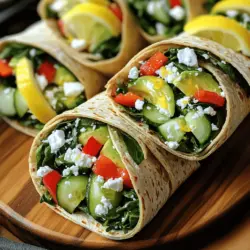 Für die gesunden Spinat-Feta-Wraps brauchst du frische und nahrhafte Zutaten. Hier sind die Hauptzutaten: - 4 große Vollkorn-Tortillas - 2 Tassen frischer Spinat, gewaschen und grob gehackt - 1 Tasse Feta-Käse, zerbröselt - 1 rote Paprika, dünn geschnitten - 1/2 Gurke, dünn geschnitten - 1/4 rote Zwiebel, fein gehackt - 1 Avocado, in Scheiben geschnitten - 2 Esslöffel Hummus (plain oder Knoblauchgeschmack) - 1 Esslöffel Zitronensaft - Salz und Pfeffer nach Geschmack - 1/4 Teelöffel Knoblauchpulver (optional) Diese Zutaten sorgen für einen frischen Geschmack und viel Textur. Du kannst die Wraps einfach zubereiten und sie sind perfekt für ein schnelles Mittagessen. Falls du einige Zutaten nicht hast, gibt es tolle Alternativen. Du könntest den Feta-Käse durch Ziegenkäse ersetzen. Das gibt einen anderen, aber leckeren Geschmack. Statt der roten Paprika kannst du gelbe oder grüne Paprika benutzen. Sie sind ebenfalls nahrhaft und bunt. Wenn du keinen frischen Spinat bekommst, verwende auch Tiefkühlspinat. Du solltest ihn vorher auftauen und gut abtropfen lassen. Hummus kannst du durch Joghurt ersetzen, wenn du einen leichteren Dip möchtest. Die Zutaten für die Wraps sind nicht nur lecker, sondern auch sehr gesund. - Spinat: Er ist reich an Vitaminen A und K. Er enthält auch Eisen und Kalzium. - Feta-Käse: Dieser Käse hat weniger Fett als viele andere Käsesorten. Er hat auch Protein und Kalzium. - Paprika: Sie sind voll mit Vitamin C, was gut für das Immunsystem ist. - Avocado: Sie liefert gesunde Fette und Ballaststoffe. - Hummus: Er enthält Eiweiß und Ballaststoffe, was gut für die Verdauung ist. Diese Kombination macht die Wraps sehr nahrhaft und sättigend. Du bekommst Energie aus den Ballaststoffen und den gesunden Fetten. Für das vollständige Rezept schau dir die [Full Recipe] an. Um die Tortillas vorzubereiten, nimm zuerst die großen Vollkorn-Tortillas. Lege sie auf eine saubere Fläche. Dann streiche auf jede Tortilla 1/2 Esslöffel Hummus. Lass einen kleinen Rand frei, damit die Füllung nicht herausfällt. Hummus sorgt für einen leckeren Geschmack und hilft, die Füllung zusammenzuhalten. Jetzt geht es an die Füllung. Nimm eine große Schüssel und füge den grob gehackten Spinat hinzu. Dann kommt der zerbröselte Feta-Käse dazu. Füge auch die dünn geschnittene rote Paprika, die Gurke und die fein gehackte rote Zwiebel hinzu. Schneide die Avocado in Scheiben und gib sie ebenfalls in die Schüssel. Mische alles gut. Gieße den Zitronensaft darüber und würze mit Salz, Pfeffer und nach Wunsch etwas Knoblauchpulver. Alles gut vermengen, sodass die Aromen sich verbinden. Jetzt ist es Zeit, die Wraps zusammenzustellen. Verteile die Spinat-Feta-Füllung gleichmäßig auf jede Tortilla. Achte darauf, dass die Füllung schön mittig liegt. Falte die Seiten der Tortilla nach innen. Rolle sie dann von unten nach oben fest auf. Drücke leicht, damit die Füllung nicht herausfällt. Um das Essen zu erleichtern, schneide die Wraps diagonal in zwei Hälften. Du kannst sie auch mit extra Hummus oder deinem Lieblingsdip servieren. Für die vollständige Anleitung kannst du das Rezept [Full Recipe] ansehen. Um die Wraps richtig zu rollen, beginne mit einer warmen Tortilla. Die Wärme macht sie flexibel. Lege die Füllung in die Mitte der Tortilla. Achte darauf, genug Platz an den Rändern zu lassen. Falte die Seiten der Tortilla leicht nach innen. Rolle dann die Tortilla von unten nach oben fest auf. So bleibt die Füllung sicher drin. Übe diesen Schritt, um perfekte Wraps zu machen. Du kannst die Wraps leicht im Voraus zubereiten. Mach die Füllung einen Tag vorher und bewahre sie im Kühlschrank auf. Wenn du bereit bist, die Wraps zu essen, rolle sie einfach. Die Tortillas lassen sich gut einwickeln, auch wenn sie etwas kühler sind. Halte die Füllung frisch, indem du sie in einem luftdichten Behälter lagerst. So sparst du Zeit und kannst die Wraps schnell essen. Möchtest du deinen Wraps mehr Geschmack geben? Füge Gewürze hinzu! Du kannst Kreuzkümmel oder Paprika verwenden. Diese Gewürze passen gut zu Spinat und Feta. Auch frische Kräuter wie Basilikum oder Petersilie sind toll. Eine Prise Chili kann den Wraps eine scharfe Note geben. Experimentiere mit verschiedenen Gewürzen, um deinen perfekten Wrap zu finden. {{image_4}} Diese Wraps sind einfach zu verändern. Du kannst sie komplett vegetarisch gestalten. Tausche den Feta gegen Ziegenkäse aus. Du kannst auch mehr Gemüse hinzufügen. Probiere zum Beispiel Karotten oder Zucchini. Diese Zutaten bringen noch mehr Farbe und Geschmack. Das Beste an diesen Wraps ist die Vielfalt. Du kannst viele verschiedene Füllungen verwenden. Hier sind einige tolle Ideen: - Kichererbsen für mehr Protein - Gegrillte Auberginen für einen rauchigen Geschmack - Gebratene Pilze für eine herzhaftere Note Kombiniere diese Zutaten mit dem Spinat und dem Feta für einen leckeren Mix. Wenn du eine Feier hast, mach die Wraps zu einem Highlight. Schneide die Wraps in kleine Stücke. So kannst du sie leicht als Fingerfood servieren. Füge einige bunte Zutaten hinzu, um sie festlich zu gestalten. Du kannst auch eine Auswahl an Dips anbieten. Das macht die Wraps noch spannender. Für das vollständige Rezept und eine detaillierte Anleitung, schau dir die Vollständige Rezeptur an. Um die gesunden Spinat und Feta Wraps frisch zu halten, lege sie in einen luftdichten Behälter. Dadurch bleibt der Geschmack länger erhalten. Du kannst die Wraps auch mit Frischhaltefolie umwickeln. Stelle sicher, dass die Wraps im Kühlschrank lagern. So bleiben sie für bis zu drei Tage frisch und nahrhaft. Wenn du mehr Wraps machen möchtest, friere sie ein. Wickele jeden Wrap in Frischhaltefolie und lege sie in einen Gefrierbeutel. So bleiben die Wraps bis zu drei Monate haltbar. Zum Auftauen, lasse die Wraps einfach über Nacht im Kühlschrank. So bleiben sie frisch und lecker. Wenn du Zutaten übrig hast, sei kreativ. Du kannst die restlichen Spinat und Feta in Salate oder Omeletts geben. Auch Sandwiches lassen sich damit wunderbar füllen. Die roten Paprika und Gurken machen sich gut in einem frischen Dip. So verschwenden wir keine Lebensmittel und genießen jeden Bissen. Die Wraps halten sich gut für drei bis vier Tage im Kühlschrank. Achte darauf, sie in einer luftdichten Box zu lagern. So bleiben sie frisch und lecker. Wenn du sie länger aufbewahren willst, kannst du sie auch einfrieren. Das macht sie länger haltbar. Ja, du kannst andere Käsesorten verwenden! Ziegenkäse oder Mozzarella passen gut. Diese Käsesorten bringen neue Geschmäcker. Probier einfach aus, was dir am besten schmeckt. Es ist wichtig, die Konsistenz und den Geschmack zu beachten. Ja, diese Wraps sind gut für eine Diät. Sie sind nahrhaft und enthalten viel Gemüse. Vollkorn-Tortillas bieten Ballaststoffe und halten dich satt. Du kannst die Portionen anpassen, um die Kalorien zu kontrollieren. Für eine kalorienärmere Variante kannst du weniger Käse verwenden oder den Hummus weglassen. Für das vollständige Rezept, schau dir die Sektion "Full Recipe" an. Gesunde Spinat-Feta-Wraps sind einfach zuzubereiten und perfekt für jeden Anlass. Wir haben die Hauptzutaten, Alternativen und die Nährstoffe behandelt. Der Schritt-für-Schritt-Prozess macht das Rollen leicht, und unsere Tipps helfen Ihnen dabei, perfekte Wraps zu kreieren. Denken Sie an Variationen für besondere Gelegenheiten und lernen Sie, wie Sie Reste richtig lagern. Diese Wraps sind lecker, nährstoffreich und anpassbar. Sie passen gut in jede gesunde Ernährung und sind einfach in der Vorbereitung. Probieren Sie sie aus, und entdecken Sie Ihre eigene Lieblingsvariante!