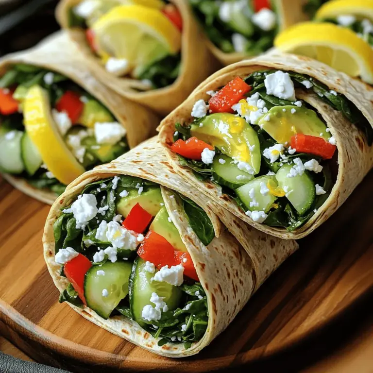 Für die gesunden Spinat-Feta-Wraps brauchst du frische und nahrhafte Zutaten. Hier sind die Hauptzutaten: - 4 große Vollkorn-Tortillas - 2 Tassen frischer Spinat, gewaschen und grob gehackt - 1 Tasse Feta-Käse, zerbröselt - 1 rote Paprika, dünn geschnitten - 1/2 Gurke, dünn geschnitten - 1/4 rote Zwiebel, fein gehackt - 1 Avocado, in Scheiben geschnitten - 2 Esslöffel Hummus (plain oder Knoblauchgeschmack) - 1 Esslöffel Zitronensaft - Salz und Pfeffer nach Geschmack - 1/4 Teelöffel Knoblauchpulver (optional) Diese Zutaten sorgen für einen frischen Geschmack und viel Textur. Du kannst die Wraps einfach zubereiten und sie sind perfekt für ein schnelles Mittagessen. Falls du einige Zutaten nicht hast, gibt es tolle Alternativen. Du könntest den Feta-Käse durch Ziegenkäse ersetzen. Das gibt einen anderen, aber leckeren Geschmack. Statt der roten Paprika kannst du gelbe oder grüne Paprika benutzen. Sie sind ebenfalls nahrhaft und bunt. Wenn du keinen frischen Spinat bekommst, verwende auch Tiefkühlspinat. Du solltest ihn vorher auftauen und gut abtropfen lassen. Hummus kannst du durch Joghurt ersetzen, wenn du einen leichteren Dip möchtest. Die Zutaten für die Wraps sind nicht nur lecker, sondern auch sehr gesund. - Spinat: Er ist reich an Vitaminen A und K. Er enthält auch Eisen und Kalzium. - Feta-Käse: Dieser Käse hat weniger Fett als viele andere Käsesorten. Er hat auch Protein und Kalzium. - Paprika: Sie sind voll mit Vitamin C, was gut für das Immunsystem ist. - Avocado: Sie liefert gesunde Fette und Ballaststoffe. - Hummus: Er enthält Eiweiß und Ballaststoffe, was gut für die Verdauung ist. Diese Kombination macht die Wraps sehr nahrhaft und sättigend. Du bekommst Energie aus den Ballaststoffen und den gesunden Fetten. Für das vollständige Rezept schau dir die [Full Recipe] an. Um die Tortillas vorzubereiten, nimm zuerst die großen Vollkorn-Tortillas. Lege sie auf eine saubere Fläche. Dann streiche auf jede Tortilla 1/2 Esslöffel Hummus. Lass einen kleinen Rand frei, damit die Füllung nicht herausfällt. Hummus sorgt für einen leckeren Geschmack und hilft, die Füllung zusammenzuhalten. Jetzt geht es an die Füllung. Nimm eine große Schüssel und füge den grob gehackten Spinat hinzu. Dann kommt der zerbröselte Feta-Käse dazu. Füge auch die dünn geschnittene rote Paprika, die Gurke und die fein gehackte rote Zwiebel hinzu. Schneide die Avocado in Scheiben und gib sie ebenfalls in die Schüssel. Mische alles gut. Gieße den Zitronensaft darüber und würze mit Salz, Pfeffer und nach Wunsch etwas Knoblauchpulver. Alles gut vermengen, sodass die Aromen sich verbinden. Jetzt ist es Zeit, die Wraps zusammenzustellen. Verteile die Spinat-Feta-Füllung gleichmäßig auf jede Tortilla. Achte darauf, dass die Füllung schön mittig liegt. Falte die Seiten der Tortilla nach innen. Rolle sie dann von unten nach oben fest auf. Drücke leicht, damit die Füllung nicht herausfällt. Um das Essen zu erleichtern, schneide die Wraps diagonal in zwei Hälften. Du kannst sie auch mit extra Hummus oder deinem Lieblingsdip servieren. Für die vollständige Anleitung kannst du das Rezept [Full Recipe] ansehen. Um die Wraps richtig zu rollen, beginne mit einer warmen Tortilla. Die Wärme macht sie flexibel. Lege die Füllung in die Mitte der Tortilla. Achte darauf, genug Platz an den Rändern zu lassen. Falte die Seiten der Tortilla leicht nach innen. Rolle dann die Tortilla von unten nach oben fest auf. So bleibt die Füllung sicher drin. Übe diesen Schritt, um perfekte Wraps zu machen. Du kannst die Wraps leicht im Voraus zubereiten. Mach die Füllung einen Tag vorher und bewahre sie im Kühlschrank auf. Wenn du bereit bist, die Wraps zu essen, rolle sie einfach. Die Tortillas lassen sich gut einwickeln, auch wenn sie etwas kühler sind. Halte die Füllung frisch, indem du sie in einem luftdichten Behälter lagerst. So sparst du Zeit und kannst die Wraps schnell essen. Möchtest du deinen Wraps mehr Geschmack geben? Füge Gewürze hinzu! Du kannst Kreuzkümmel oder Paprika verwenden. Diese Gewürze passen gut zu Spinat und Feta. Auch frische Kräuter wie Basilikum oder Petersilie sind toll. Eine Prise Chili kann den Wraps eine scharfe Note geben. Experimentiere mit verschiedenen Gewürzen, um deinen perfekten Wrap zu finden. {{image_4}} Diese Wraps sind einfach zu verändern. Du kannst sie komplett vegetarisch gestalten. Tausche den Feta gegen Ziegenkäse aus. Du kannst auch mehr Gemüse hinzufügen. Probiere zum Beispiel Karotten oder Zucchini. Diese Zutaten bringen noch mehr Farbe und Geschmack. Das Beste an diesen Wraps ist die Vielfalt. Du kannst viele verschiedene Füllungen verwenden. Hier sind einige tolle Ideen: - Kichererbsen für mehr Protein - Gegrillte Auberginen für einen rauchigen Geschmack - Gebratene Pilze für eine herzhaftere Note Kombiniere diese Zutaten mit dem Spinat und dem Feta für einen leckeren Mix. Wenn du eine Feier hast, mach die Wraps zu einem Highlight. Schneide die Wraps in kleine Stücke. So kannst du sie leicht als Fingerfood servieren. Füge einige bunte Zutaten hinzu, um sie festlich zu gestalten. Du kannst auch eine Auswahl an Dips anbieten. Das macht die Wraps noch spannender. Für das vollständige Rezept und eine detaillierte Anleitung, schau dir die Vollständige Rezeptur an. Um die gesunden Spinat und Feta Wraps frisch zu halten, lege sie in einen luftdichten Behälter. Dadurch bleibt der Geschmack länger erhalten. Du kannst die Wraps auch mit Frischhaltefolie umwickeln. Stelle sicher, dass die Wraps im Kühlschrank lagern. So bleiben sie für bis zu drei Tage frisch und nahrhaft. Wenn du mehr Wraps machen möchtest, friere sie ein. Wickele jeden Wrap in Frischhaltefolie und lege sie in einen Gefrierbeutel. So bleiben die Wraps bis zu drei Monate haltbar. Zum Auftauen, lasse die Wraps einfach über Nacht im Kühlschrank. So bleiben sie frisch und lecker. Wenn du Zutaten übrig hast, sei kreativ. Du kannst die restlichen Spinat und Feta in Salate oder Omeletts geben. Auch Sandwiches lassen sich damit wunderbar füllen. Die roten Paprika und Gurken machen sich gut in einem frischen Dip. So verschwenden wir keine Lebensmittel und genießen jeden Bissen. Die Wraps halten sich gut für drei bis vier Tage im Kühlschrank. Achte darauf, sie in einer luftdichten Box zu lagern. So bleiben sie frisch und lecker. Wenn du sie länger aufbewahren willst, kannst du sie auch einfrieren. Das macht sie länger haltbar. Ja, du kannst andere Käsesorten verwenden! Ziegenkäse oder Mozzarella passen gut. Diese Käsesorten bringen neue Geschmäcker. Probier einfach aus, was dir am besten schmeckt. Es ist wichtig, die Konsistenz und den Geschmack zu beachten. Ja, diese Wraps sind gut für eine Diät. Sie sind nahrhaft und enthalten viel Gemüse. Vollkorn-Tortillas bieten Ballaststoffe und halten dich satt. Du kannst die Portionen anpassen, um die Kalorien zu kontrollieren. Für eine kalorienärmere Variante kannst du weniger Käse verwenden oder den Hummus weglassen. Für das vollständige Rezept, schau dir die Sektion "Full Recipe" an. Gesunde Spinat-Feta-Wraps sind einfach zuzubereiten und perfekt für jeden Anlass. Wir haben die Hauptzutaten, Alternativen und die Nährstoffe behandelt. Der Schritt-für-Schritt-Prozess macht das Rollen leicht, und unsere Tipps helfen Ihnen dabei, perfekte Wraps zu kreieren. Denken Sie an Variationen für besondere Gelegenheiten und lernen Sie, wie Sie Reste richtig lagern. Diese Wraps sind lecker, nährstoffreich und anpassbar. Sie passen gut in jede gesunde Ernährung und sind einfach in der Vorbereitung. Probieren Sie sie aus, und entdecken Sie Ihre eigene Lieblingsvariante!