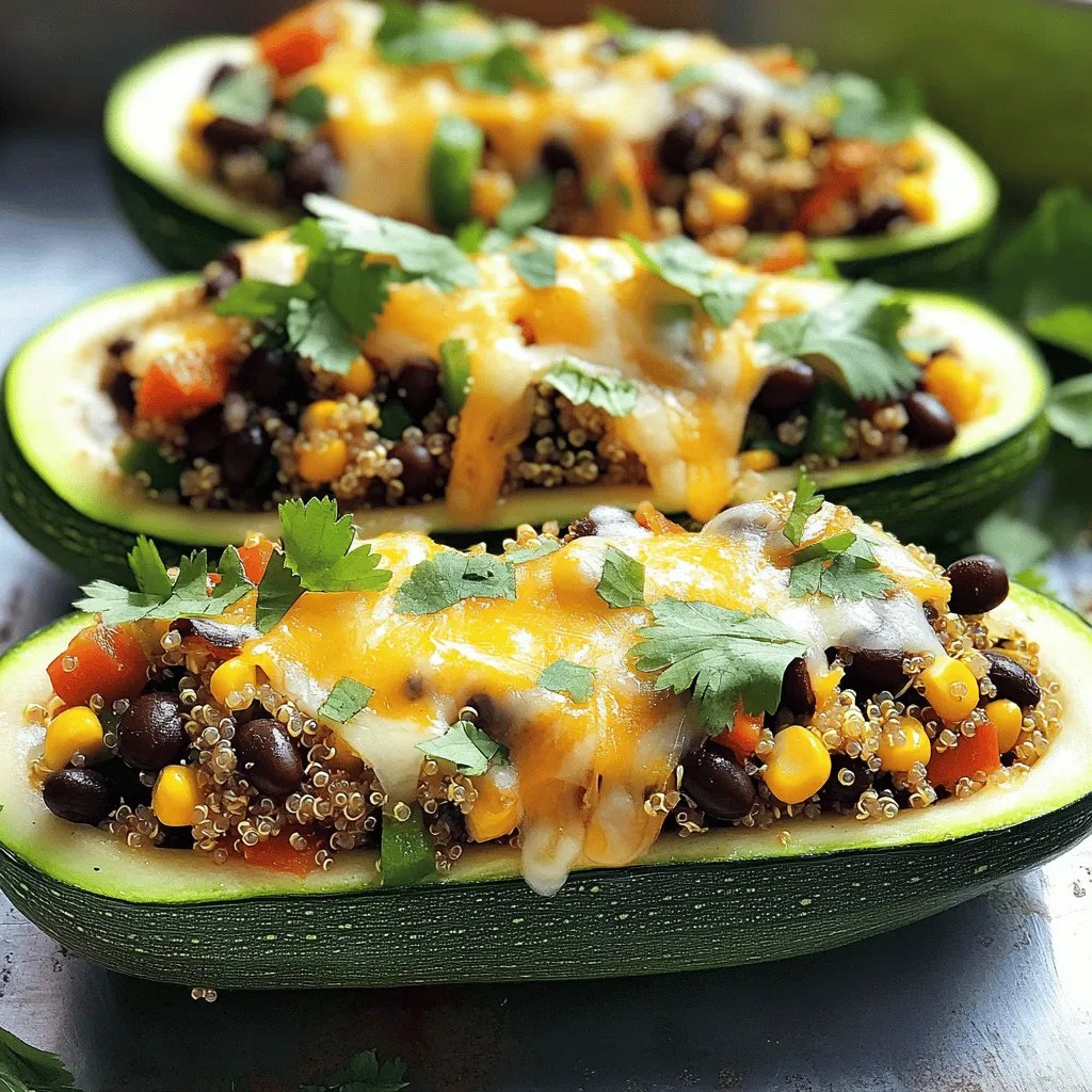 Hier sind die Zutaten für gefüllte Zucchini-Boote. Diese Mischung macht das Gericht lecker und nahrhaft: - 4 mittelgroße Zucchini - 1 Tasse gekochte Quinoa - 1 Tasse schwarze Bohnen, abgespült und abgetropft - 1 Tasse Maiskörner (frisch oder gefroren) - 1 kleine rote Paprika, gewürfelt - 1 kleine rote Zwiebel, fein gehackt - 1 Teelöffel Chili-Pulver - 1 Teelöffel Kreuzkümmel - 1/2 Teelöffel geräucherter Paprika - Salz und Pfeffer nach Geschmack - 1 Tasse geriebener Käse (Cheddar oder Pepper Jack) - 2 Esslöffel Olivenöl - Frischer Koriander oder Petersilie zum Garnieren Die Zucchini sind die Hauptzutat. Sie bieten eine milde Basis. Die Quinoa gibt dem Gericht Protein und Ballaststoffe. Die schwarzen Bohnen sorgen für einen herzhaften Biss. Der Mais bringt Süße und Farbe in die Füllung. Paprika und Zwiebel fügen Geschmack und Textur hinzu. Die Gewürze bringen alles zusammen und machen es spannend. Die Kombination dieser Zutaten macht gefüllte Zucchini-Boote zu einem tollen Gericht. Sie sind perfekt zum Mittagessen oder Abendessen. Wenn Sie mehr über die Zubereitung erfahren möchten, schauen Sie sich das vollständige Rezept an: Zesty Quinoa Stuffed Zucchini Boats. Heizen Sie den Ofen auf 190°C (375°F) vor. Das ist wichtig für gleichmäßiges Garen. Schneiden Sie jede Zucchini der Länge nach in zwei Hälften. Aushöhlen Sie die Innereien mit einem Löffel. So formen Sie „Boote“. Bewahren Sie das Fruchtfleisch auf. Wir verwenden es später in der Füllung. Erhitzen Sie 2 Esslöffel Olivenöl in einer Pfanne bei mittlerer Hitze. Geben Sie 1 kleine rote Zwiebel und 1 gewürfelte Paprika hinzu. Braten Sie beides für etwa 5 Minuten an, bis sie weich sind. Fügen Sie das reservierte Zucchini-Fruchtfleisch hinzu. Streuen Sie 1 Teelöffel Chili-Pulver, 1 Teelöffel Kreuzkümmel und 1/2 Teelöffel geräucherten Paprika in die Pfanne. Würzen Sie mit Salz und Pfeffer. Kochen Sie die Mischung für 2-3 Minuten, bis sie gut duftet. In einer großen Schüssel kombinieren Sie 1 Tasse gekochte Quinoa, 1 Tasse schwarze Bohnen und 1 Tasse Maiskörner. Fügen Sie die angebratenen Gemüse hinzu. Mischen Sie alles gut. Füllen Sie die Zucchini-Boote mit der Quinoa-Füllung. Drücken Sie die Füllung sanft zusammen. Bestreuen Sie die gefüllten Zucchini mit 1 Tasse geriebenem Käse. Legen Sie die Zucchini in eine Auflaufform. Decken Sie die Form mit Aluminiumfolie ab und backen Sie sie 25 Minuten lang. Nehmen Sie die Folie ab und backen Sie weitere 10-15 Minuten, bis der Käse goldbraun ist. Lassen Sie die Zucchini-Boote vor dem Servieren kurz abkühlen. Wählen Sie Zucchini, die glatt und fest sind. Achten Sie auf die Farbe; sie sollte gleichmäßig sein. Vermeiden Sie Zucchini mit Flecken oder weichen Stellen. Frische Zucchini sind knackig und haben ein hellgrünes Aussehen. Lagern Sie sie im Kühlschrank in einer Plastiktüte. So bleiben sie bis zu einer Woche frisch. Für eine vegane Füllung nutzen Sie Kichererbsen oder Linsen statt Käse. Fügen Sie auch Spinat oder Pilze hinzu für mehr Geschmack. Bei der Füllung sind Ihrer Fantasie keine Grenzen gesetzt. Kombinieren Sie verschiedene Gemüse wie Karotten oder Brokkoli. Für Protein können Sie Hähnchen oder Tofu verwenden. So passen Sie das Gericht an Ihre Vorlieben an. {{image_4}} Um gefüllte Zucchini richtig aufzubewahren, lege sie in einen luftdichten Behälter. So bleibt die Füllung frisch. Stelle sicher, dass die Zucchini vollständig abgekühlt sind, bevor du sie lagerst. Dies hilft, Feuchtigkeit zu vermeiden. Wenn du die Zucchini in den Kühlschrank stellst, kannst du sie bis zu drei Tage lang genießen. Ein guter Tipp ist, ein Stück Papiertuch in den Behälter zu legen. Das Papiertuch saugt überschüssige Feuchtigkeit auf. So bleiben die gefüllten Zucchini knackig und lecker. Um gefüllte Zucchini einzufrieren, lasse sie zuerst vollständig abkühlen. Wickele jede Zucchini fest in Frischhaltefolie ein. Danach lege sie in einen Gefrierbeutel oder einen luftdichten Behälter. So verhinderst du Gefrierbrand. Die Haltbarkeit im Gefrierfach beträgt etwa drei Monate. Wenn du die Zucchini wieder aufwärmst, mache das langsam im Ofen. So bleibt die Füllung saftig und die Zucchini zart. Eine Portion gefüllte Zucchini-Boote hat etwa 300 Kalorien. Sie enthält 10 g Proteine, 45 g Kohlenhydrate und 12 g Fette. Diese Werte können je nach Zutaten variieren. Quinoa ist ein großartiger Proteinlieferant. Sie enthält alle neun wichtigen Aminosäuren. Bohnen sind ebenfalls proteinreich und liefern Ballaststoffe. Das Gemüse bringt Vitamine und Mineralien mit. Zucchini ist leicht und hat wenig Kalorien. Sie ist reich an Wasser und hilft, den Körper hydratisiert zu halten. Außerdem enthält sie Antioxidantien, die gut für die Haut sind. Quinoa hat viele Nährstoffe. Es kann das Herz schützen und den Blutzuckerspiegel stabilisieren. Frisches Gemüse verbessert die Verdauung und stärkt das Immunsystem. Diese Zutaten machen das Gericht lecker und gesund. Wenn Sie mehr über die Zubereitung erfahren möchten, schauen Sie sich das vollständige Rezept an. Die Zubereitung gefüllter Zucchini dauert insgesamt etwa 50 Minuten. Dies umfasst eine Vorbereitungszeit von 15 Minuten und eine Kochzeit von 35 Minuten. In dieser Zeit können Sie alles gut organisieren und die Zucchini genießen. Ja, Sie können die Zucchini-Boote im Voraus zubereiten. Füllen Sie die Zucchini und lagern Sie sie in einem luftdichten Behälter. So bleiben sie frisch. Sie können sie bis zu zwei Tage im Kühlschrank aufbewahren. Vor dem Backen lassen Sie sie kurz bei Raumtemperatur stehen, damit sie gleichmäßig garen. Zu gefüllten Zucchini passen viele Beilagen. Ein frischer Salat mit Zitronendressing ist eine tolle Wahl. Auch Reis oder Quinoa ergänzen das Gericht gut. Wenn Sie etwas Herzhaftes wollen, servieren Sie knuspriges Brot oder einen Dip wie Hummus. Diese Kombinationen machen Ihr Essen noch köstlicher. Das vollständige Rezept finden Sie unter Zesty Quinoa Stuffed Zucchini Boats . Es enthält alle Schritte und Zutaten, die Sie für ein perfektes Gericht brauchen. Zusammenfassend haben wir leckere gefüllte Zucchini mit Quinoa und Gemüse erstellt. Du hast gelernt, wie du die Zucchini vorbereitest, die Füllung zubereitest und das Gericht backst. Die Tipps zur Lagerung und zu Variationen werden dir auch helfen. Diese Mahlzeit ist nicht nur gesund, sondern auch flexibel und schmackhaft. Probiere verschiedene Füllungen aus und genieße die Vielfalt! Leckeres Essen macht das Kochen zum Vergnügen.