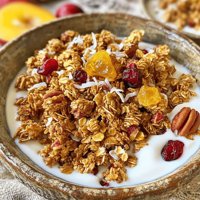 Für ein leckeres Ahorn-Pekan-Granola benötigst du einige Hauptzutaten. Diese sind: - 3 Tassen Haferflocken (gerollt) - 1 Tasse Pekannüsse, grob gehackt - 1/2 Tasse ungesüßte Kokosflocken - 1/2 Tasse reiner Ahornsirup - 1/4 Tasse Kokosöl, geschmolzen - 1/2 Teelöffel Vanilleextrakt - 1/2 Teelöffel gemahlener Zimt - 1/4 Teelöffel Salz Diese Zutaten sorgen für einen tollen Geschmack und eine knusprige Textur. Die Haferflocken sind eine gute Quelle für Ballaststoffe. Pekannüsse bringen gesunde Fette und einen nussigen Geschmack. Der Ahornsirup fügt Süße und einen besonderen Flair hinzu. Du kannst deinem Granola mehr Geschmack verleihen, indem du einige optionale Zutaten hinzufügst: - 1/2 Tasse getrocknete Cranberries oder Rosinen (nach Belieben) - 1/4 Tasse Chiasamen oder Leinsamen - Eine Prise Muskatnuss Die getrockneten Früchte geben zusätzliche Süße und einen fruchtigen Geschmack. Chiasamen oder Leinsamen sind reich an Omega-3-Fettsäuren. Muskatnuss verleiht dem Granola ein warmes Aroma. Diese Zutaten sind nicht nur lecker, sie sind auch nahrhaft. Ahorn-Pekan-Granola ist nicht nur lecker, sondern auch gesund. Es hat viele Nährstoffe. Hier sind einige gesundheitliche Vorteile: - Ballaststoffe: Gut für die Verdauung und hilft, das Sättigungsgefühl zu fördern. - Gesunde Fette: Pekannüsse enthalten einfach ungesättigte Fettsäuren, die gut für das Herz sind. - Antioxidantien: Getrocknete Früchte bieten Antioxidantien, die die Zellen schützen. Dieses Granola ist eine tolle Wahl, um den Tag zu beginnen. Du kannst es mit Joghurt oder Obst kombinieren. Und wenn du mehr Informationen möchtest, sieh dir das [Full Recipe] an. Beginne mit dem Ofen. Heize ihn auf 175°C vor. Nimm ein großes Backblech und lege es mit Backpapier aus. In einer großen Schüssel vermische 3 Tassen Haferflocken, 1 Tasse grob gehackte Pekannüsse, 1/2 Tasse ungesüßte Kokosflocken, 1/2 Teelöffel gemahlenen Zimt und 1/4 Teelöffel Salz. Mische alles gut. In einer kleinen Schüssel gib 1/4 Tasse geschmolzenes Kokosöl, 1/2 Tasse reinen Ahornsirup und 1/2 Teelöffel Vanilleextrakt hinein. Rühre die Mischung mit einem Schneebesen, bis sie gleichmäßig ist. Gieße die flüssige Mischung über die trockenen Zutaten. Rühre alles gut um, damit alles gleichmäßig bedeckt ist. Verteile die Granola-Mischung gleichmäßig auf dem Backblech. Drücke die Mischung leicht zusammen, um Klumpen zu bilden. Backe die Granola im Ofen für 20-25 Minuten. Rühre einmal um, damit sie gleichmäßig gart. Achte darauf, dass die Granola goldbraun wird, aber nicht verbrennt. Sobald die Granola fertig ist, nimm das Blech aus dem Ofen. Lass die Granola vollständig auf dem Blech abkühlen. Füge nach Belieben 1/2 Tasse getrocknete Cranberries oder Rosinen hinzu. Wenn die Mischung abgekühlt ist, brich die Granola in Cluster. Fülle sie in einen luftdichten Behälter zur Aufbewahrung. So bleibt die Granola frisch und knusprig. Du findest das vollständige Rezept unter Full Recipe. Um die perfekte Granola zu machen, achte auf die Mischung. Beginne mit hochwertigen Zutaten. Die Haferflocken sollten frisch und grob sein. Die Pekannüsse geben einen tollen Crunch. Mische die trockenen Zutaten gut, bevor du die flüssigen hinzufügst. So verteilt sich der Geschmack gleichmäßig. Drücke die Mischung auf dem Blech fest zusammen. Das sorgt für schöne Cluster beim Backen. Ein häufiger Fehler ist, die Granola zu lange zu backen. Achte darauf, sie goldbraun zu backen, nicht dunkelbraun. Rühre die Mischung während des Backens um, damit sie gleichmäßig gart. Ein weiterer Fehler ist, die Granola nicht abkühlen zu lassen. Lass sie auf dem Blech vollständig auskühlen. So bleibt sie knusprig. Die Rezeptur ist sehr anpassbar. Du kannst verschiedene Nüsse verwenden, wie Mandeln oder Walnüsse. Auch die Trockenfrüchte kannst du nach Belieben wählen. Magst du es süßer? Füge mehr Ahornsirup hinzu. Für einen anderen Geschmack probiere Honig oder Agavensirup. Du kannst sogar Gewürze wie Muskatnuss oder Ingwer hinzufügen. So wird deine Granola einzigartig. Hier findest du das [Full Recipe], um sofort loszulegen! {{image_4}} Wenn du glutenfrei leben möchtest, kannst du einfach glutenfreie Haferflocken verwenden. Diese sind auch in vielen Läden erhältlich. Sie bieten den gleichen Geschmack und die gleiche Textur wie normale Haferflocken. Achte darauf, dass alle anderen Zutaten, wie Nüsse und Trockenfrüchte, ebenfalls glutenfrei sind. So bleibt dein Granola gesund und lecker. Du kannst deine Granola ganz nach deinen Wünschen anpassen. Probiere verschiedene Nüsse wie Mandeln, Walnüsse oder Haselnüsse. Auch die Trockenfrüchte sind variabel. Verwende Aprikosen, Datteln oder getrocknete Äpfel. Diese Optionen verleihen deinem Granola neue Geschmäcker und machen es noch interessanter. Um deine Granola schokoladig zu machen, füge dunkle Schokoladenstückchen hinzu. Mische sie, nachdem die Granola aus dem Ofen kommt und noch warm ist. So schmelzen die Stückchen leicht und verbinden sich mit der Mischung. Dies gibt deinem Granola eine süße Note und macht es zum perfekten Snack. Du kannst auch weiße Schokolade oder Schokoladenstückchen mit Nüssen probieren. Um deine Ahorn-Pekan-Granola frisch zu halten, lagere sie in einem luftdichten Behälter. Das schützt sie vor Feuchtigkeit und Schimmel. Ich empfehle, die Granola an einem kühlen, trockenen Ort aufzubewahren. Ein Vorratsbehälter aus Glas oder ein stabiler Plastikbehälter sind perfekt dafür. So bleibt der knusprige Geschmack lange erhalten. Die Haltbarkeit deiner Granola beträgt etwa zwei bis vier Wochen. Sie bleibt länger frisch, wenn du sie nicht öffnest. Bei Raumtemperatur bleibt sie gut, aber im Kühlschrank kann sie noch länger halten. Wenn du sie einfrieren möchtest, kannst du sie in einem luftdichten Beutel aufbewahren. So bleibt die Granola bis zu sechs Monate genießbar. Wenn deine Granola abgelaufen ist, aber noch gut riecht und aussieht, kannst du sie weiterverwenden. Mische sie in Joghurt oder in Smoothies. Du kannst sie auch über einen Salat streuen oder in Backwaren verwenden. Sie geben jedem Gericht einen leckeren Crunch. Denke daran, vor dem Verzehr auf den Geschmack zu achten. So machst du das Beste aus deiner Granola. Du kannst das Rezept für die Ahorn-Pekan-Granola ganz einfach nachstellen, um immer frische Vorräte zu haben. Ja, du kannst das Rezept anpassen. Granola ist sehr flexibel. Du kannst verschiedene Nüsse oder Samen verwenden. Auch andere Süßungsmittel sind möglich. Probiere Honig oder Agavensirup aus. Wenn du Trockenfrüchte magst, füge sie hinzu. Rosinen, Aprikosen oder Feigen passen gut. Achte darauf, die Mengen anpassen, damit die Textur stimmt. Eine Portion von etwa 1/2 Tasse hat ungefähr 250 Kalorien. Die genauen Kalorien hängen von den Zutaten ab. Wenn du mehr Nüsse oder Öl verwendest, steigen die Kalorien. Für eine leichtere Version verwende weniger Öl. Du kannst auch die Menge an Sirup reduzieren. Achte auf die Portionsgröße, um die Kalorien im Blick zu behalten. Die besten Zutaten findest du in Bioläden oder großen Supermärkten. Achte auf frische Nüsse und gute Qualität bei den Haferflocken. Online-Shops bieten auch tolle Optionen. Suche nach Marken, die nachhaltig und frisch sind. Du kannst auch lokale Märkte besuchen. Dort findest du oft regionale Produkte. Diese sind frisch und lecker. Für das vollständige Rezept besuche einfach die dazugehörige Seite. Ahorn-Pekan-Granola ist leicht zuzubereiten und voller gesunder Zutaten. Dieses Rezept bietet viele Variationen und Tipps, um es perfekt zu machen. Verwende die richtigen Zutaten und lagere sie gut, um die Frische zu erhalten. Denke daran, dass du das Rezept nach deinem Geschmack anpassen kannst. Mit ein paar einfachen Tricks wird dein Granola immer lecker. Lass es dir schmecken und habe Spaß beim Ausprobieren neuer Kombinationen!
