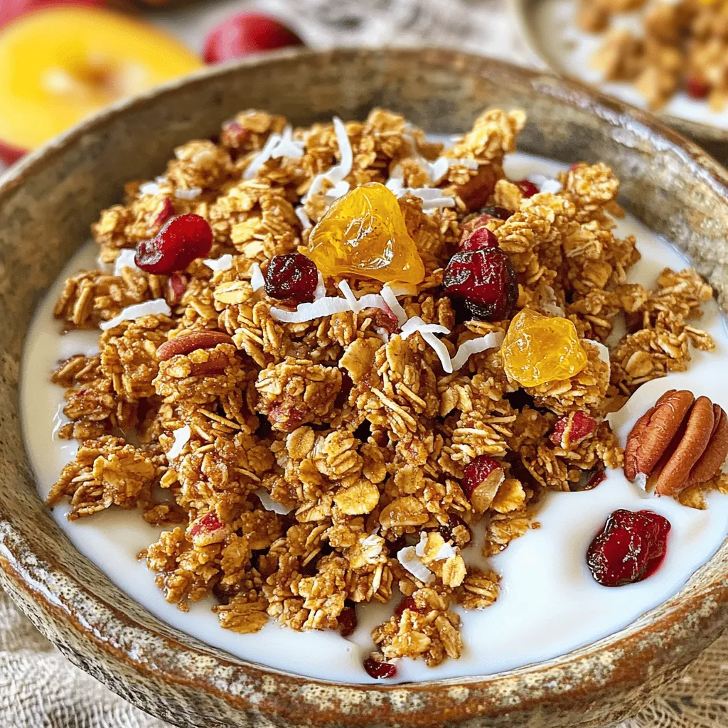 Für ein leckeres Ahorn-Pekan-Granola benötigst du einige Hauptzutaten. Diese sind: - 3 Tassen Haferflocken (gerollt) - 1 Tasse Pekannüsse, grob gehackt - 1/2 Tasse ungesüßte Kokosflocken - 1/2 Tasse reiner Ahornsirup - 1/4 Tasse Kokosöl, geschmolzen - 1/2 Teelöffel Vanilleextrakt - 1/2 Teelöffel gemahlener Zimt - 1/4 Teelöffel Salz Diese Zutaten sorgen für einen tollen Geschmack und eine knusprige Textur. Die Haferflocken sind eine gute Quelle für Ballaststoffe. Pekannüsse bringen gesunde Fette und einen nussigen Geschmack. Der Ahornsirup fügt Süße und einen besonderen Flair hinzu. Du kannst deinem Granola mehr Geschmack verleihen, indem du einige optionale Zutaten hinzufügst: - 1/2 Tasse getrocknete Cranberries oder Rosinen (nach Belieben) - 1/4 Tasse Chiasamen oder Leinsamen - Eine Prise Muskatnuss Die getrockneten Früchte geben zusätzliche Süße und einen fruchtigen Geschmack. Chiasamen oder Leinsamen sind reich an Omega-3-Fettsäuren. Muskatnuss verleiht dem Granola ein warmes Aroma. Diese Zutaten sind nicht nur lecker, sie sind auch nahrhaft. Ahorn-Pekan-Granola ist nicht nur lecker, sondern auch gesund. Es hat viele Nährstoffe. Hier sind einige gesundheitliche Vorteile: - Ballaststoffe: Gut für die Verdauung und hilft, das Sättigungsgefühl zu fördern. - Gesunde Fette: Pekannüsse enthalten einfach ungesättigte Fettsäuren, die gut für das Herz sind. - Antioxidantien: Getrocknete Früchte bieten Antioxidantien, die die Zellen schützen. Dieses Granola ist eine tolle Wahl, um den Tag zu beginnen. Du kannst es mit Joghurt oder Obst kombinieren. Und wenn du mehr Informationen möchtest, sieh dir das [Full Recipe] an. Beginne mit dem Ofen. Heize ihn auf 175°C vor. Nimm ein großes Backblech und lege es mit Backpapier aus. In einer großen Schüssel vermische 3 Tassen Haferflocken, 1 Tasse grob gehackte Pekannüsse, 1/2 Tasse ungesüßte Kokosflocken, 1/2 Teelöffel gemahlenen Zimt und 1/4 Teelöffel Salz. Mische alles gut. In einer kleinen Schüssel gib 1/4 Tasse geschmolzenes Kokosöl, 1/2 Tasse reinen Ahornsirup und 1/2 Teelöffel Vanilleextrakt hinein. Rühre die Mischung mit einem Schneebesen, bis sie gleichmäßig ist. Gieße die flüssige Mischung über die trockenen Zutaten. Rühre alles gut um, damit alles gleichmäßig bedeckt ist. Verteile die Granola-Mischung gleichmäßig auf dem Backblech. Drücke die Mischung leicht zusammen, um Klumpen zu bilden. Backe die Granola im Ofen für 20-25 Minuten. Rühre einmal um, damit sie gleichmäßig gart. Achte darauf, dass die Granola goldbraun wird, aber nicht verbrennt. Sobald die Granola fertig ist, nimm das Blech aus dem Ofen. Lass die Granola vollständig auf dem Blech abkühlen. Füge nach Belieben 1/2 Tasse getrocknete Cranberries oder Rosinen hinzu. Wenn die Mischung abgekühlt ist, brich die Granola in Cluster. Fülle sie in einen luftdichten Behälter zur Aufbewahrung. So bleibt die Granola frisch und knusprig. Du findest das vollständige Rezept unter Full Recipe. Um die perfekte Granola zu machen, achte auf die Mischung. Beginne mit hochwertigen Zutaten. Die Haferflocken sollten frisch und grob sein. Die Pekannüsse geben einen tollen Crunch. Mische die trockenen Zutaten gut, bevor du die flüssigen hinzufügst. So verteilt sich der Geschmack gleichmäßig. Drücke die Mischung auf dem Blech fest zusammen. Das sorgt für schöne Cluster beim Backen. Ein häufiger Fehler ist, die Granola zu lange zu backen. Achte darauf, sie goldbraun zu backen, nicht dunkelbraun. Rühre die Mischung während des Backens um, damit sie gleichmäßig gart. Ein weiterer Fehler ist, die Granola nicht abkühlen zu lassen. Lass sie auf dem Blech vollständig auskühlen. So bleibt sie knusprig. Die Rezeptur ist sehr anpassbar. Du kannst verschiedene Nüsse verwenden, wie Mandeln oder Walnüsse. Auch die Trockenfrüchte kannst du nach Belieben wählen. Magst du es süßer? Füge mehr Ahornsirup hinzu. Für einen anderen Geschmack probiere Honig oder Agavensirup. Du kannst sogar Gewürze wie Muskatnuss oder Ingwer hinzufügen. So wird deine Granola einzigartig. Hier findest du das [Full Recipe], um sofort loszulegen! {{image_4}} Wenn du glutenfrei leben möchtest, kannst du einfach glutenfreie Haferflocken verwenden. Diese sind auch in vielen Läden erhältlich. Sie bieten den gleichen Geschmack und die gleiche Textur wie normale Haferflocken. Achte darauf, dass alle anderen Zutaten, wie Nüsse und Trockenfrüchte, ebenfalls glutenfrei sind. So bleibt dein Granola gesund und lecker. Du kannst deine Granola ganz nach deinen Wünschen anpassen. Probiere verschiedene Nüsse wie Mandeln, Walnüsse oder Haselnüsse. Auch die Trockenfrüchte sind variabel. Verwende Aprikosen, Datteln oder getrocknete Äpfel. Diese Optionen verleihen deinem Granola neue Geschmäcker und machen es noch interessanter. Um deine Granola schokoladig zu machen, füge dunkle Schokoladenstückchen hinzu. Mische sie, nachdem die Granola aus dem Ofen kommt und noch warm ist. So schmelzen die Stückchen leicht und verbinden sich mit der Mischung. Dies gibt deinem Granola eine süße Note und macht es zum perfekten Snack. Du kannst auch weiße Schokolade oder Schokoladenstückchen mit Nüssen probieren. Um deine Ahorn-Pekan-Granola frisch zu halten, lagere sie in einem luftdichten Behälter. Das schützt sie vor Feuchtigkeit und Schimmel. Ich empfehle, die Granola an einem kühlen, trockenen Ort aufzubewahren. Ein Vorratsbehälter aus Glas oder ein stabiler Plastikbehälter sind perfekt dafür. So bleibt der knusprige Geschmack lange erhalten. Die Haltbarkeit deiner Granola beträgt etwa zwei bis vier Wochen. Sie bleibt länger frisch, wenn du sie nicht öffnest. Bei Raumtemperatur bleibt sie gut, aber im Kühlschrank kann sie noch länger halten. Wenn du sie einfrieren möchtest, kannst du sie in einem luftdichten Beutel aufbewahren. So bleibt die Granola bis zu sechs Monate genießbar. Wenn deine Granola abgelaufen ist, aber noch gut riecht und aussieht, kannst du sie weiterverwenden. Mische sie in Joghurt oder in Smoothies. Du kannst sie auch über einen Salat streuen oder in Backwaren verwenden. Sie geben jedem Gericht einen leckeren Crunch. Denke daran, vor dem Verzehr auf den Geschmack zu achten. So machst du das Beste aus deiner Granola. Du kannst das Rezept für die Ahorn-Pekan-Granola ganz einfach nachstellen, um immer frische Vorräte zu haben. Ja, du kannst das Rezept anpassen. Granola ist sehr flexibel. Du kannst verschiedene Nüsse oder Samen verwenden. Auch andere Süßungsmittel sind möglich. Probiere Honig oder Agavensirup aus. Wenn du Trockenfrüchte magst, füge sie hinzu. Rosinen, Aprikosen oder Feigen passen gut. Achte darauf, die Mengen anpassen, damit die Textur stimmt. Eine Portion von etwa 1/2 Tasse hat ungefähr 250 Kalorien. Die genauen Kalorien hängen von den Zutaten ab. Wenn du mehr Nüsse oder Öl verwendest, steigen die Kalorien. Für eine leichtere Version verwende weniger Öl. Du kannst auch die Menge an Sirup reduzieren. Achte auf die Portionsgröße, um die Kalorien im Blick zu behalten. Die besten Zutaten findest du in Bioläden oder großen Supermärkten. Achte auf frische Nüsse und gute Qualität bei den Haferflocken. Online-Shops bieten auch tolle Optionen. Suche nach Marken, die nachhaltig und frisch sind. Du kannst auch lokale Märkte besuchen. Dort findest du oft regionale Produkte. Diese sind frisch und lecker. Für das vollständige Rezept besuche einfach die dazugehörige Seite. Ahorn-Pekan-Granola ist leicht zuzubereiten und voller gesunder Zutaten. Dieses Rezept bietet viele Variationen und Tipps, um es perfekt zu machen. Verwende die richtigen Zutaten und lagere sie gut, um die Frische zu erhalten. Denke daran, dass du das Rezept nach deinem Geschmack anpassen kannst. Mit ein paar einfachen Tricks wird dein Granola immer lecker. Lass es dir schmecken und habe Spaß beim Ausprobieren neuer Kombinationen!