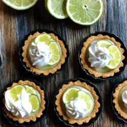 - 1 Tasse Graham-Cracker-Brösel - 1/4 Tasse ungesalzene Butter, geschmolzen - 1/4 Tasse Zucker Die Kruste ist das Herzstück dieser Mini Key Lime Pies. Ich verwende Graham-Cracker-Brösel, weil sie einen tollen Geschmack und eine knusprige Textur bieten. Die ungesalzene Butter hilft, die Brösel zu verbinden und gibt der Kruste einen reichhaltigen Geschmack. Der Zucker süßt die Mischung und sorgt dafür, dass die Kruste perfekt schmeckt. - 1 Tasse Frischkäse, weich - 1/2 Tasse gesüßte Kondensmilch - 1/2 Tasse frisch gepresster Key Lime Saft - 1 Teelöffel Limettenschale Für die Füllung benötige ich Frischkäse, der eine cremige und reichhaltige Basis bietet. Gesüßte Kondensmilch macht die Füllung süß und sorgt für das gewisse Etwas. Frisch gepresster Key Lime Saft gibt den echten, frischen Geschmack. Limettenschale bringt zusätzliches Aroma und einen schönen Duft in die Füllung. - 1 Tasse schwere Schlagsahne - 2 Esslöffel Puderzucker - Frische Limettenscheiben Die Dekoration ist wichtig für das Aussehen und den Geschmack. Ich schlage schwere Schlagsahne, bis sie weich ist. Puderzucker macht sie süßer und hilft, die Konsistenz zu verbessern. Frische Limettenscheiben bringen Farbe und Frische auf die Torte. Diese Zutaten machen die Mini Key Lime Pies nicht nur lecker, sondern auch schön anzusehen. Wenn du mehr Details und die Zubereitung möchtest, schaue dir das [Full Recipe] an. Um die Kruste für deine Mini Key Lime Pies zu machen, beginne mit den Graham-Cracker-Bröseln. Nimm eine mittlere Schüssel und füge eine Tasse der Brösel hinzu. Gib dann die geschmolzene Butter und den Zucker hinzu. Rühre alles gut um, bis die Brösel feucht sind. Jetzt formst du die Kruste in Tartformen. Nimm eine Mini-Tartform oder eine Muffinform, wenn du keine Tartformen hast. Verteile die Graham-Cracker-Mischung gleichmäßig in die Formen. Drücke die Mischung mit einem Löffel fest, um eine gleichmäßige Schicht zu bilden. Stelle die Formen in den Kühlschrank, während du die Füllung machst. Für die Füllung nimmst du eine Rührschüssel. Gib den weichen Frischkäse und die gesüßte Kondensmilch hinein. Schlage die Mischung, bis sie glatt und cremig ist. Das sorgt für eine tolle Basis. Jetzt wird es spannend: Füge den frisch gepressten Key Lime Saft und die Limettenschale hinzu. Rühre alles gut um, bis die Mischung völlig homogen ist. Der frische Saft gibt einen tollen Geschmack. Bevor du die Füllung in die Kruste gibst, musst du die Sahne schlagen. Nimm eine separate Schüssel und schlage die schwere Schlagsahne mit Puderzucker, bis sich weiche Spitzen bilden. Jetzt kombiniere die geschlagene Sahne mit der Key Lime Füllung. Hebe die Sahne vorsichtig unter die Füllung, um sie leicht und fluffig zu halten. Nimm die Krusten aus dem Kühlschrank und verteile die Füllung gleichmäßig auf die Tartschalen. Glätte die Oberseite mit einem Spatel. Schließlich stellst du die Mini Key Lime Pies zurück in den Kühlschrank. Lass sie mindestens zwei Stunden kühlen, damit sie fest werden. Du kannst die genauen Schritte und Mengen in der [Full Recipe] nachlesen. Um die Kruste knusprig zu halten, verwenden Sie frische Graham-Cracker-Brösel. Mischen Sie die Brösel mit geschmolzener Butter und Zucker. Lassen Sie die Mischung gut durchziehen, damit sie feucht wird, aber nicht matschig. Drücken Sie die Mischung fest in die Formen. Das hilft, die Kruste stabil zu machen. Vermeiden Sie eine übermäßig feuchte Kruste, indem Sie die Füllung nicht zu lange stehen lassen. Auch das Kühlen vor dem Füllen hilft. Wenn die Kruste zu feucht wird, wird sie weich und bröckelig. So wird die Füllung besonders cremig: Achten Sie darauf, den Frischkäse gut zu schlagen. Er sollte weich und klumpenfrei sein. Fügen Sie die gesüßte Kondensmilch danach hinzu. Das sorgt für eine glatte Konsistenz. Anpassung der Süße ist wichtig, um den perfekten Geschmack zu finden. Probieren Sie die Mischung, bevor Sie sie in die Kruste füllen. Wenn sie zu süß ist, fügen Sie etwas mehr Limettensaft hinzu. So balancieren Sie die Aromen gut aus. Um die Pies stilvoll anzurichten, verwenden Sie frische Limettenscheiben. Diese bringen Farbe auf den Teller. Ein Klecks Schlagsahne obendrauf wirkt einladend und frisch. Vorschläge für Beilagen sind frische Beeren oder eine fruchtige Sauce. Diese können die Pies ergänzen und für mehr Geschmack sorgen. Sie können auch Minzblätter hinzufügen, um einen zusätzlichen frischen Kick zu geben. {{image_4}} Eine tolle Art, deine Mini Key Lime Pies zu verändern, ist durch verschiedene Geschmacksvariationen. Hier sind zwei einfache Ideen: - Kokosnuss-Schlagsahne-Variante: Mische etwas Kokosnusscreme unter die Schlagsahne. Das gibt einen tropischen Touch. Verwende auch Kokosraspeln für die Dekoration. - Fruchtige Ergänzungen: Du kannst die Füllung mit pürierten Früchten wie Mango oder Himbeeren mischen. Diese geben den Pies eine schöne Farbe und zusätzlichen Geschmack. Wenn du eine glutenfreie Version machen möchtest, gibt es viele einfache Wege. - Alternative Zutaten für glutenfreie Kruste: Verwende glutenfreie Kekse oder gemahlene Mandeln anstelle von Graham-Cracker. Das ergibt eine leckere und knusprige Kruste. - Variationen der Füllung: Du kannst auch pflanzlichen Frischkäse verwenden. Das macht die Füllung genauso cremig und lecker. Du hast keine Tartformen? Kein Problem! - Nutzung von Muffinformen: Muffinformen sind perfekt für die Zubereitung von Mini Pies. Sie sind einfach zu handhaben und geben dir die richtige Portionsgröße. - Alternative Backformen: Du kannst auch kleine Gläser oder Tassen verwenden. So hast du einen schönen Anblick und eine besondere Präsentation. Für das vollständige Rezept schaue dir die [Full Recipe] an. Um die Mini Key Lime Pies frisch zu halten, lagere sie im Kühlschrank. Stelle sicher, dass sie in einem luftdichten Behälter sind. So bleibt ihre cremige Textur erhalten. Wenn du sie länger aufbewahren willst, kannst du sie auch einfrieren. Lege die Pies in einen gefrierfesten Behälter und trenne jede Schicht mit Backpapier. So kleben sie nicht zusammen. Die Mini Key Lime Pies bleiben im Kühlschrank etwa 3 bis 5 Tage frisch. Achte darauf, sie immer gut verpackt zu halten. Wenn sie anfangen, ihren frischen Duft zu verlieren oder die Füllung wässrig wird, sind sie wahrscheinlich verdorben. Ein weiteres Anzeichen sind Verfärbungen auf der Oberfläche. Serviere die Mini Pies am besten kalt. Die Kühle bringt den frischen Limettengeschmack gut zur Geltung. Nach dem Kühlen kannst du die Pies anpassen. Wenn du sie etwas aufwärmen möchtest, lass sie einige Minuten bei Raumtemperatur stehen. So wird die Füllung etwas weicher, bleibt aber dennoch lecker. Die Zubereitung dauert etwa 30 Minuten. Danach sollten die Pies mindestens 2 Stunden kühlen. So bekommen sie die richtige Konsistenz. Die Gesamtzeit beträgt also etwa 2 Stunden und 30 Minuten. Ja, du kannst die Pies im Voraus machen. Bereite sie am Tag vorher zu. Lass sie über Nacht im Kühlschrank ruhen. So schmecken sie besser und sind bereit, wenn du sie brauchst. Ja, du kannst regulären Limettensaft verwenden. Auch andere Zitrusfrüchte wie Zitronen oder Orangen sind toll. Diese Säfte geben den Pies einen anderen, aber leckeren Geschmack. Für eine vegane Option kannst du einen pflanzlichen Frischkäse benutzen. Alternativ kannst du auch Seidentofu verwenden. Dieser macht die Füllung cremig, ohne tierische Produkte. Zusammenfassend haben wir die wichtigsten Zutaten für Mini Key Lime Pies besprochen. Wir schauten uns die knusprige Kruste, die cremige Füllung und die Dekoration an. Die Schritt-für-Schritt-Anleitung macht das Nachbacken einfach. Mit unseren Tipps und Varianten können Sie kreative Akzente setzen. Denken Sie an die richtigen Lagerungshinweise, damit Ihre Pies frisch bleiben. Mit dieser Anleitung gelingen Ihnen köstliche Desserts, die jedem schmecken. Experimentieren Sie und genießen Sie den Prozess!