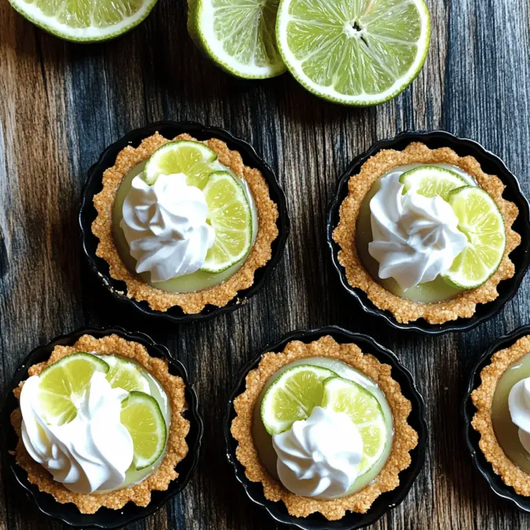 - 1 Tasse Graham-Cracker-Brösel - 1/4 Tasse ungesalzene Butter, geschmolzen - 1/4 Tasse Zucker Die Kruste ist das Herzstück dieser Mini Key Lime Pies. Ich verwende Graham-Cracker-Brösel, weil sie einen tollen Geschmack und eine knusprige Textur bieten. Die ungesalzene Butter hilft, die Brösel zu verbinden und gibt der Kruste einen reichhaltigen Geschmack. Der Zucker süßt die Mischung und sorgt dafür, dass die Kruste perfekt schmeckt. - 1 Tasse Frischkäse, weich - 1/2 Tasse gesüßte Kondensmilch - 1/2 Tasse frisch gepresster Key Lime Saft - 1 Teelöffel Limettenschale Für die Füllung benötige ich Frischkäse, der eine cremige und reichhaltige Basis bietet. Gesüßte Kondensmilch macht die Füllung süß und sorgt für das gewisse Etwas. Frisch gepresster Key Lime Saft gibt den echten, frischen Geschmack. Limettenschale bringt zusätzliches Aroma und einen schönen Duft in die Füllung. - 1 Tasse schwere Schlagsahne - 2 Esslöffel Puderzucker - Frische Limettenscheiben Die Dekoration ist wichtig für das Aussehen und den Geschmack. Ich schlage schwere Schlagsahne, bis sie weich ist. Puderzucker macht sie süßer und hilft, die Konsistenz zu verbessern. Frische Limettenscheiben bringen Farbe und Frische auf die Torte. Diese Zutaten machen die Mini Key Lime Pies nicht nur lecker, sondern auch schön anzusehen. Wenn du mehr Details und die Zubereitung möchtest, schaue dir das [Full Recipe] an. Um die Kruste für deine Mini Key Lime Pies zu machen, beginne mit den Graham-Cracker-Bröseln. Nimm eine mittlere Schüssel und füge eine Tasse der Brösel hinzu. Gib dann die geschmolzene Butter und den Zucker hinzu. Rühre alles gut um, bis die Brösel feucht sind. Jetzt formst du die Kruste in Tartformen. Nimm eine Mini-Tartform oder eine Muffinform, wenn du keine Tartformen hast. Verteile die Graham-Cracker-Mischung gleichmäßig in die Formen. Drücke die Mischung mit einem Löffel fest, um eine gleichmäßige Schicht zu bilden. Stelle die Formen in den Kühlschrank, während du die Füllung machst. Für die Füllung nimmst du eine Rührschüssel. Gib den weichen Frischkäse und die gesüßte Kondensmilch hinein. Schlage die Mischung, bis sie glatt und cremig ist. Das sorgt für eine tolle Basis. Jetzt wird es spannend: Füge den frisch gepressten Key Lime Saft und die Limettenschale hinzu. Rühre alles gut um, bis die Mischung völlig homogen ist. Der frische Saft gibt einen tollen Geschmack. Bevor du die Füllung in die Kruste gibst, musst du die Sahne schlagen. Nimm eine separate Schüssel und schlage die schwere Schlagsahne mit Puderzucker, bis sich weiche Spitzen bilden. Jetzt kombiniere die geschlagene Sahne mit der Key Lime Füllung. Hebe die Sahne vorsichtig unter die Füllung, um sie leicht und fluffig zu halten. Nimm die Krusten aus dem Kühlschrank und verteile die Füllung gleichmäßig auf die Tartschalen. Glätte die Oberseite mit einem Spatel. Schließlich stellst du die Mini Key Lime Pies zurück in den Kühlschrank. Lass sie mindestens zwei Stunden kühlen, damit sie fest werden. Du kannst die genauen Schritte und Mengen in der [Full Recipe] nachlesen. Um die Kruste knusprig zu halten, verwenden Sie frische Graham-Cracker-Brösel. Mischen Sie die Brösel mit geschmolzener Butter und Zucker. Lassen Sie die Mischung gut durchziehen, damit sie feucht wird, aber nicht matschig. Drücken Sie die Mischung fest in die Formen. Das hilft, die Kruste stabil zu machen. Vermeiden Sie eine übermäßig feuchte Kruste, indem Sie die Füllung nicht zu lange stehen lassen. Auch das Kühlen vor dem Füllen hilft. Wenn die Kruste zu feucht wird, wird sie weich und bröckelig. So wird die Füllung besonders cremig: Achten Sie darauf, den Frischkäse gut zu schlagen. Er sollte weich und klumpenfrei sein. Fügen Sie die gesüßte Kondensmilch danach hinzu. Das sorgt für eine glatte Konsistenz. Anpassung der Süße ist wichtig, um den perfekten Geschmack zu finden. Probieren Sie die Mischung, bevor Sie sie in die Kruste füllen. Wenn sie zu süß ist, fügen Sie etwas mehr Limettensaft hinzu. So balancieren Sie die Aromen gut aus. Um die Pies stilvoll anzurichten, verwenden Sie frische Limettenscheiben. Diese bringen Farbe auf den Teller. Ein Klecks Schlagsahne obendrauf wirkt einladend und frisch. Vorschläge für Beilagen sind frische Beeren oder eine fruchtige Sauce. Diese können die Pies ergänzen und für mehr Geschmack sorgen. Sie können auch Minzblätter hinzufügen, um einen zusätzlichen frischen Kick zu geben. {{image_4}} Eine tolle Art, deine Mini Key Lime Pies zu verändern, ist durch verschiedene Geschmacksvariationen. Hier sind zwei einfache Ideen: - Kokosnuss-Schlagsahne-Variante: Mische etwas Kokosnusscreme unter die Schlagsahne. Das gibt einen tropischen Touch. Verwende auch Kokosraspeln für die Dekoration. - Fruchtige Ergänzungen: Du kannst die Füllung mit pürierten Früchten wie Mango oder Himbeeren mischen. Diese geben den Pies eine schöne Farbe und zusätzlichen Geschmack. Wenn du eine glutenfreie Version machen möchtest, gibt es viele einfache Wege. - Alternative Zutaten für glutenfreie Kruste: Verwende glutenfreie Kekse oder gemahlene Mandeln anstelle von Graham-Cracker. Das ergibt eine leckere und knusprige Kruste. - Variationen der Füllung: Du kannst auch pflanzlichen Frischkäse verwenden. Das macht die Füllung genauso cremig und lecker. Du hast keine Tartformen? Kein Problem! - Nutzung von Muffinformen: Muffinformen sind perfekt für die Zubereitung von Mini Pies. Sie sind einfach zu handhaben und geben dir die richtige Portionsgröße. - Alternative Backformen: Du kannst auch kleine Gläser oder Tassen verwenden. So hast du einen schönen Anblick und eine besondere Präsentation. Für das vollständige Rezept schaue dir die [Full Recipe] an. Um die Mini Key Lime Pies frisch zu halten, lagere sie im Kühlschrank. Stelle sicher, dass sie in einem luftdichten Behälter sind. So bleibt ihre cremige Textur erhalten. Wenn du sie länger aufbewahren willst, kannst du sie auch einfrieren. Lege die Pies in einen gefrierfesten Behälter und trenne jede Schicht mit Backpapier. So kleben sie nicht zusammen. Die Mini Key Lime Pies bleiben im Kühlschrank etwa 3 bis 5 Tage frisch. Achte darauf, sie immer gut verpackt zu halten. Wenn sie anfangen, ihren frischen Duft zu verlieren oder die Füllung wässrig wird, sind sie wahrscheinlich verdorben. Ein weiteres Anzeichen sind Verfärbungen auf der Oberfläche. Serviere die Mini Pies am besten kalt. Die Kühle bringt den frischen Limettengeschmack gut zur Geltung. Nach dem Kühlen kannst du die Pies anpassen. Wenn du sie etwas aufwärmen möchtest, lass sie einige Minuten bei Raumtemperatur stehen. So wird die Füllung etwas weicher, bleibt aber dennoch lecker. Die Zubereitung dauert etwa 30 Minuten. Danach sollten die Pies mindestens 2 Stunden kühlen. So bekommen sie die richtige Konsistenz. Die Gesamtzeit beträgt also etwa 2 Stunden und 30 Minuten. Ja, du kannst die Pies im Voraus machen. Bereite sie am Tag vorher zu. Lass sie über Nacht im Kühlschrank ruhen. So schmecken sie besser und sind bereit, wenn du sie brauchst. Ja, du kannst regulären Limettensaft verwenden. Auch andere Zitrusfrüchte wie Zitronen oder Orangen sind toll. Diese Säfte geben den Pies einen anderen, aber leckeren Geschmack. Für eine vegane Option kannst du einen pflanzlichen Frischkäse benutzen. Alternativ kannst du auch Seidentofu verwenden. Dieser macht die Füllung cremig, ohne tierische Produkte. Zusammenfassend haben wir die wichtigsten Zutaten für Mini Key Lime Pies besprochen. Wir schauten uns die knusprige Kruste, die cremige Füllung und die Dekoration an. Die Schritt-für-Schritt-Anleitung macht das Nachbacken einfach. Mit unseren Tipps und Varianten können Sie kreative Akzente setzen. Denken Sie an die richtigen Lagerungshinweise, damit Ihre Pies frisch bleiben. Mit dieser Anleitung gelingen Ihnen köstliche Desserts, die jedem schmecken. Experimentieren Sie und genießen Sie den Prozess!