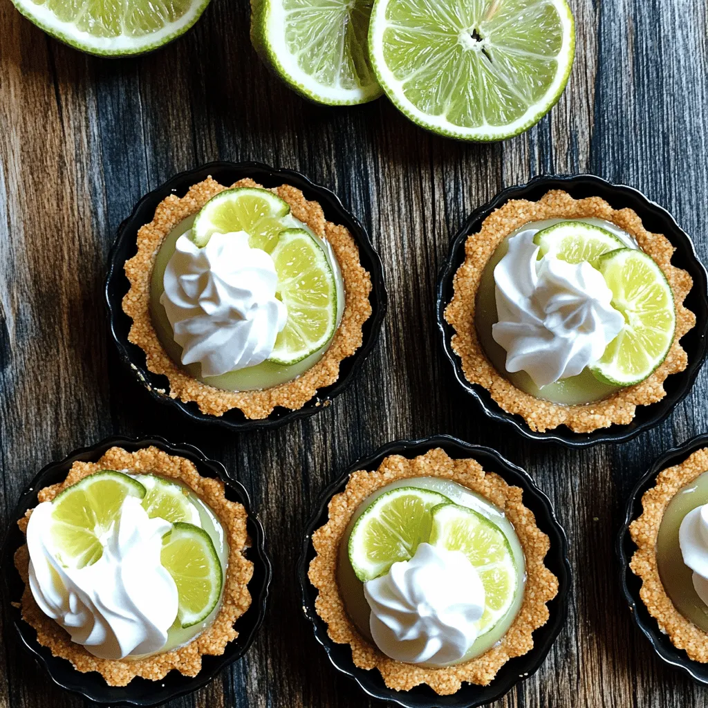 - 1 Tasse Graham-Cracker-Brösel - 1/4 Tasse ungesalzene Butter, geschmolzen - 1/4 Tasse Zucker Die Kruste ist das Herzstück dieser Mini Key Lime Pies. Ich verwende Graham-Cracker-Brösel, weil sie einen tollen Geschmack und eine knusprige Textur bieten. Die ungesalzene Butter hilft, die Brösel zu verbinden und gibt der Kruste einen reichhaltigen Geschmack. Der Zucker süßt die Mischung und sorgt dafür, dass die Kruste perfekt schmeckt. - 1 Tasse Frischkäse, weich - 1/2 Tasse gesüßte Kondensmilch - 1/2 Tasse frisch gepresster Key Lime Saft - 1 Teelöffel Limettenschale Für die Füllung benötige ich Frischkäse, der eine cremige und reichhaltige Basis bietet. Gesüßte Kondensmilch macht die Füllung süß und sorgt für das gewisse Etwas. Frisch gepresster Key Lime Saft gibt den echten, frischen Geschmack. Limettenschale bringt zusätzliches Aroma und einen schönen Duft in die Füllung. - 1 Tasse schwere Schlagsahne - 2 Esslöffel Puderzucker - Frische Limettenscheiben Die Dekoration ist wichtig für das Aussehen und den Geschmack. Ich schlage schwere Schlagsahne, bis sie weich ist. Puderzucker macht sie süßer und hilft, die Konsistenz zu verbessern. Frische Limettenscheiben bringen Farbe und Frische auf die Torte. Diese Zutaten machen die Mini Key Lime Pies nicht nur lecker, sondern auch schön anzusehen. Wenn du mehr Details und die Zubereitung möchtest, schaue dir das [Full Recipe] an. Um die Kruste für deine Mini Key Lime Pies zu machen, beginne mit den Graham-Cracker-Bröseln. Nimm eine mittlere Schüssel und füge eine Tasse der Brösel hinzu. Gib dann die geschmolzene Butter und den Zucker hinzu. Rühre alles gut um, bis die Brösel feucht sind. Jetzt formst du die Kruste in Tartformen. Nimm eine Mini-Tartform oder eine Muffinform, wenn du keine Tartformen hast. Verteile die Graham-Cracker-Mischung gleichmäßig in die Formen. Drücke die Mischung mit einem Löffel fest, um eine gleichmäßige Schicht zu bilden. Stelle die Formen in den Kühlschrank, während du die Füllung machst. Für die Füllung nimmst du eine Rührschüssel. Gib den weichen Frischkäse und die gesüßte Kondensmilch hinein. Schlage die Mischung, bis sie glatt und cremig ist. Das sorgt für eine tolle Basis. Jetzt wird es spannend: Füge den frisch gepressten Key Lime Saft und die Limettenschale hinzu. Rühre alles gut um, bis die Mischung völlig homogen ist. Der frische Saft gibt einen tollen Geschmack. Bevor du die Füllung in die Kruste gibst, musst du die Sahne schlagen. Nimm eine separate Schüssel und schlage die schwere Schlagsahne mit Puderzucker, bis sich weiche Spitzen bilden. Jetzt kombiniere die geschlagene Sahne mit der Key Lime Füllung. Hebe die Sahne vorsichtig unter die Füllung, um sie leicht und fluffig zu halten. Nimm die Krusten aus dem Kühlschrank und verteile die Füllung gleichmäßig auf die Tartschalen. Glätte die Oberseite mit einem Spatel. Schließlich stellst du die Mini Key Lime Pies zurück in den Kühlschrank. Lass sie mindestens zwei Stunden kühlen, damit sie fest werden. Du kannst die genauen Schritte und Mengen in der [Full Recipe] nachlesen. Um die Kruste knusprig zu halten, verwenden Sie frische Graham-Cracker-Brösel. Mischen Sie die Brösel mit geschmolzener Butter und Zucker. Lassen Sie die Mischung gut durchziehen, damit sie feucht wird, aber nicht matschig. Drücken Sie die Mischung fest in die Formen. Das hilft, die Kruste stabil zu machen. Vermeiden Sie eine übermäßig feuchte Kruste, indem Sie die Füllung nicht zu lange stehen lassen. Auch das Kühlen vor dem Füllen hilft. Wenn die Kruste zu feucht wird, wird sie weich und bröckelig. So wird die Füllung besonders cremig: Achten Sie darauf, den Frischkäse gut zu schlagen. Er sollte weich und klumpenfrei sein. Fügen Sie die gesüßte Kondensmilch danach hinzu. Das sorgt für eine glatte Konsistenz. Anpassung der Süße ist wichtig, um den perfekten Geschmack zu finden. Probieren Sie die Mischung, bevor Sie sie in die Kruste füllen. Wenn sie zu süß ist, fügen Sie etwas mehr Limettensaft hinzu. So balancieren Sie die Aromen gut aus. Um die Pies stilvoll anzurichten, verwenden Sie frische Limettenscheiben. Diese bringen Farbe auf den Teller. Ein Klecks Schlagsahne obendrauf wirkt einladend und frisch. Vorschläge für Beilagen sind frische Beeren oder eine fruchtige Sauce. Diese können die Pies ergänzen und für mehr Geschmack sorgen. Sie können auch Minzblätter hinzufügen, um einen zusätzlichen frischen Kick zu geben. {{image_4}} Eine tolle Art, deine Mini Key Lime Pies zu verändern, ist durch verschiedene Geschmacksvariationen. Hier sind zwei einfache Ideen: - Kokosnuss-Schlagsahne-Variante: Mische etwas Kokosnusscreme unter die Schlagsahne. Das gibt einen tropischen Touch. Verwende auch Kokosraspeln für die Dekoration. - Fruchtige Ergänzungen: Du kannst die Füllung mit pürierten Früchten wie Mango oder Himbeeren mischen. Diese geben den Pies eine schöne Farbe und zusätzlichen Geschmack. Wenn du eine glutenfreie Version machen möchtest, gibt es viele einfache Wege. - Alternative Zutaten für glutenfreie Kruste: Verwende glutenfreie Kekse oder gemahlene Mandeln anstelle von Graham-Cracker. Das ergibt eine leckere und knusprige Kruste. - Variationen der Füllung: Du kannst auch pflanzlichen Frischkäse verwenden. Das macht die Füllung genauso cremig und lecker. Du hast keine Tartformen? Kein Problem! - Nutzung von Muffinformen: Muffinformen sind perfekt für die Zubereitung von Mini Pies. Sie sind einfach zu handhaben und geben dir die richtige Portionsgröße. - Alternative Backformen: Du kannst auch kleine Gläser oder Tassen verwenden. So hast du einen schönen Anblick und eine besondere Präsentation. Für das vollständige Rezept schaue dir die [Full Recipe] an. Um die Mini Key Lime Pies frisch zu halten, lagere sie im Kühlschrank. Stelle sicher, dass sie in einem luftdichten Behälter sind. So bleibt ihre cremige Textur erhalten. Wenn du sie länger aufbewahren willst, kannst du sie auch einfrieren. Lege die Pies in einen gefrierfesten Behälter und trenne jede Schicht mit Backpapier. So kleben sie nicht zusammen. Die Mini Key Lime Pies bleiben im Kühlschrank etwa 3 bis 5 Tage frisch. Achte darauf, sie immer gut verpackt zu halten. Wenn sie anfangen, ihren frischen Duft zu verlieren oder die Füllung wässrig wird, sind sie wahrscheinlich verdorben. Ein weiteres Anzeichen sind Verfärbungen auf der Oberfläche. Serviere die Mini Pies am besten kalt. Die Kühle bringt den frischen Limettengeschmack gut zur Geltung. Nach dem Kühlen kannst du die Pies anpassen. Wenn du sie etwas aufwärmen möchtest, lass sie einige Minuten bei Raumtemperatur stehen. So wird die Füllung etwas weicher, bleibt aber dennoch lecker. Die Zubereitung dauert etwa 30 Minuten. Danach sollten die Pies mindestens 2 Stunden kühlen. So bekommen sie die richtige Konsistenz. Die Gesamtzeit beträgt also etwa 2 Stunden und 30 Minuten. Ja, du kannst die Pies im Voraus machen. Bereite sie am Tag vorher zu. Lass sie über Nacht im Kühlschrank ruhen. So schmecken sie besser und sind bereit, wenn du sie brauchst. Ja, du kannst regulären Limettensaft verwenden. Auch andere Zitrusfrüchte wie Zitronen oder Orangen sind toll. Diese Säfte geben den Pies einen anderen, aber leckeren Geschmack. Für eine vegane Option kannst du einen pflanzlichen Frischkäse benutzen. Alternativ kannst du auch Seidentofu verwenden. Dieser macht die Füllung cremig, ohne tierische Produkte. Zusammenfassend haben wir die wichtigsten Zutaten für Mini Key Lime Pies besprochen. Wir schauten uns die knusprige Kruste, die cremige Füllung und die Dekoration an. Die Schritt-für-Schritt-Anleitung macht das Nachbacken einfach. Mit unseren Tipps und Varianten können Sie kreative Akzente setzen. Denken Sie an die richtigen Lagerungshinweise, damit Ihre Pies frisch bleiben. Mit dieser Anleitung gelingen Ihnen köstliche Desserts, die jedem schmecken. Experimentieren Sie und genießen Sie den Prozess!