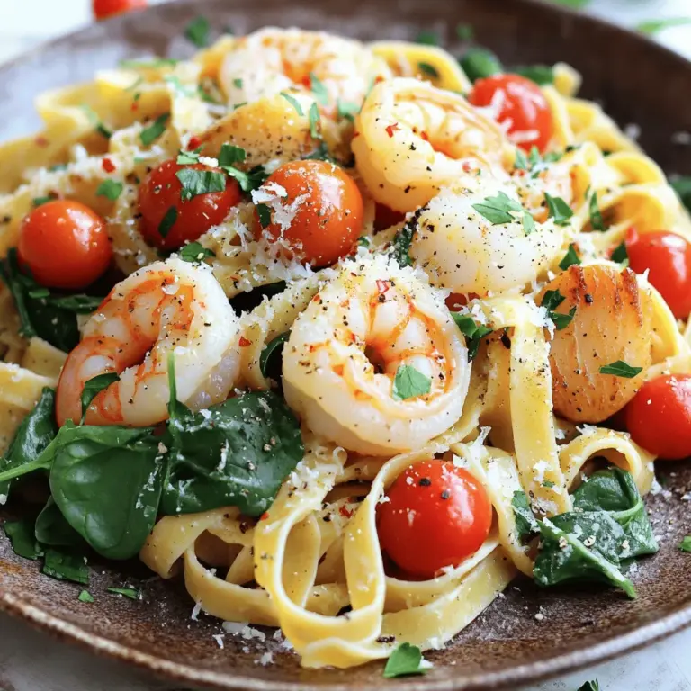 Für die leckere Garnelen Jakobsmuscheln Pasta brauchen Sie: - 230 g Spaghetti oder Fettuccine - 450 g große Garnelen, geschält und entdarmt - 225 g Jakobsmuscheln, gereinigt - 3 Knoblauchzehen, fein gehackt - 250 g Cherrytomaten, halbiert - 100 g frische Spinatblätter Diese Zutaten machen die Basis für den vollen Geschmack. Die Garnelen und Jakobsmuscheln bringen die Meeresfrische, während die Pasta für die Füllung sorgt. Um den Geschmack zu heben, benötigen Sie: - 60 ml Olivenöl - 1 Zitrone, ausgepresst und abgerieben - 30 g Parmesan, gerieben - 1 Teelöffel rote Pfefferflocken (optional) - Salz und Pfeffer nach Geschmack Diese Gewürze und das Öl geben der Pasta einen tollen Geschmack. Die Zitrone bringt Frische, und der Parmesan sorgt für die cremige Note. Frische Kräuter sind der Schlüssel zu mehr Geschmack. Ich empfehle: - Frische Petersilie, gehackt zur Garnierung Zusätzlich können Sie einen frischen Salat als Beilage servieren. Das rundet das Gericht ab und sorgt für ein tolles Farbenspiel auf dem Teller. Wenn Sie mehr über die Zubereitung erfahren möchten, schauen Sie sich das Full Recipe an. Kochwasser in einem großen Topf zum Kochen bringen. Fügen Sie Salz hinzu, um den Geschmack zu verbessern. Jetzt die Spaghetti oder Fettuccine reinlegen. Kochen Sie die Pasta, bis sie al dente ist. Heben Sie 120 ml Nudelwasser auf, bevor Sie die Pasta abgießen. Erhitzen Sie 60 ml Olivenöl in einer großen Pfanne. Fügen Sie 3 fein gehackte Knoblauchzehen hinzu. Braten Sie sie etwa 1 Minute an. Geben Sie dann die 450 g großen Garnelen und 225 g Jakobsmuscheln in die Pfanne. Braten Sie sie 2-3 Minuten pro Seite, bis sie undurchsichtig sind. Halten Sie die Hitze gleichmäßig. Fügen Sie 250 g halbierte Cherrytomaten und 100 g frische Spinatblätter hinzu. Lassen Sie alles für 2-3 Minuten kochen. Der Spinat sollte zusammenfallen und die Tomaten weich werden. Jetzt kommt der spannende Teil. Geben Sie die gekochte Pasta in die Pfanne. Fügen Sie das reservierte Nudelwasser, den Saft einer Zitrone und den Zitronenabrieb hinzu. Vermischen Sie alles gut bei niedriger Hitze. Schmecken Sie die Mischung mit Salz und Pfeffer ab. Nehmen Sie die Pfanne vom Herd. Rühren Sie 30 g geriebenen Parmesan unter. Der Käse wird schmelzen und eine cremige Schicht bilden. Richten Sie die Garnelen-Jakobsmuscheln-Pasta auf Tellern an. Garnieren Sie das Gericht mit frischer Petersilie und mehr Parmesan, wenn Sie möchten. Genießen Sie dieses köstliche Gericht. Sie finden das vollständige Rezept in der Anleitung. Um Garnelen und Jakobsmuscheln perfekt zu kochen, gehe ich so vor: - Erhitze das Olivenöl gut. - Füge den Knoblauch erst hinzu, wenn das Öl heiß ist. - Brate die Garnelen und Jakobsmuscheln nur 2-3 Minuten pro Seite. - Achte auf die Farbe: Sie sollten rosa und undurchsichtig sein. Diese Technik sorgt für zarte Meeresfrüchte. Um überkochtes Gemüse zu vermeiden, empfehle ich, nach folgendem Plan zu arbeiten: - Füge das Gemüse erst hinzu, wenn die Garnelen fast fertig sind. - Halte die Hitze konstant, damit das Gemüse knackig bleibt. - Überwache die Zeit genau. Die Cherrytomaten und Spinat brauchen nur 2-3 Minuten. Das Nudelwasser ist ein Geheimtipp für die Soße. Es hilft, die Soße zu binden. - Hebe 120 ml Nudelwasser auf, bevor du die Pasta abgießt. - Füge das Nudelwasser zur Pfanne hinzu, wenn du die Pasta vermischst. - Die Stärke im Wasser macht die Soße cremiger und leckerer. Mit diesen Tipps gelingt deine Garnelen Jakobsmuscheln Pasta perfekt. Du kannst die [Full Recipe] für mehr Details verwenden. {{image_4}} Für eine vegetarische Variante kannst du einfach die Meeresfrüchte weglassen. Du kannst die Pasta mit einer bunten Mischung aus Gemüse zubereiten. Probiere Zucchini, Paprika und Brokkoli. Diese Gemüsesorten bringen viel Geschmack und Farbe. Brate das Gemüse in Olivenöl an, genau wie bei den Garnelen. Füge Knoblauch und Gewürze hinzu, um es noch schmackhafter zu machen. Saisonale Zutaten können die Frische und den Geschmack deiner Pasta steigern. Im Frühling sind Spargel und Erbsen großartig. Im Sommer kannst du frische Tomaten und Basilikum verwenden. Im Herbst sind Kürbis und Pilze ideal. Für den Winter eignen sich Rosenkohl und Grünkohl. Diese Zutaten bringen Abwechslung und neue Aromen in dein Gericht. Du kannst verschiedene Saucen ausprobieren, um den Geschmack zu variieren. Eine einfache Tomatensauce macht das Gericht fruchtig. Eine Sahnesauce macht es reichhaltig und cremig. Wenn du es scharf magst, füge Chili oder rote Pfefferflocken hinzu. Für einen frischen Kick kannst du etwas Zitronensaft und -abrieb hinzufügen. So kannst du die Pasta ganz nach deinem Geschmack anpassen. Wenn Sie Reste Ihrer Garnelen Jakobsmuscheln Pasta haben, lagern Sie sie in einem luftdichten Behälter. Stellen Sie sicher, dass die Pasta abgekühlt ist, bevor Sie sie verstauen. So bleibt die Frische erhalten. Lagern Sie die Reste im Kühlschrank. Sie können die Pasta bis zu drei Tage sicher aufbewahren. Um die Reste aufzuwärmen, verwenden Sie eine Pfanne oder Mikrowelle. In der Pfanne fügen Sie einen Schuss Wasser hinzu. Dies hilft, die Pasta feucht zu halten. Erhitzen Sie die Mischung bei mittlerer Hitze und rühren Sie regelmäßig um. In der Mikrowelle verwenden Sie einen abgedeckten Behälter, um die Feuchtigkeit zu halten. Erwärmen Sie die Pasta in kurzen Intervallen, um ein Überkochen zu vermeiden. Im Kühlschrank bleibt Ihre Garnelen Jakobsmuscheln Pasta bis zu drei Tage frisch. Im Gefrierschrank hält sie bis zu drei Monate. Zum Einfrieren sollten Sie die Pasta in Portionen aufteilen. Verwenden Sie gefriergeeignete Behälter oder Beutel. Beschriften Sie die Behälter mit dem Datum, um die Übersicht zu behalten. Vor dem Servieren tauen Sie die gefrorene Pasta im Kühlschrank auf und erwärmen sie dann. Garnelen sind schnell zu kochen. Sie brauchen etwa 2-3 Minuten pro Seite. Achte darauf, dass sie rosa und undurchsichtig sind. Überkoche sie nicht, sonst werden sie zäh. Ja, gefrorene Garnelen und Jakobsmuscheln sind eine gute Wahl. Lasse sie einfach über Nacht im Kühlschrank auftauen. So bleiben sie saftig und lecker. Spaghetti oder Fettuccine sind ideal für Meeresfrüchte-Pasta. Sie nehmen die Soße gut auf. Du kannst auch andere Sorten testen, wie Linguine oder Tagliatelle. Zu Meeresfrüchten passt ein heller Wein gut. Probiere einen Sauvignon Blanc oder Pinot Grigio. Diese Weine ergänzen den Geschmack der Garnelen und Jakobsmuscheln. Um die Pasta glutenfrei zu machen, wähle glutenfreie Pasta. Für eine vegane Version lasse die Meeresfrüchte weg und füge mehr Gemüse hinzu. Du kannst auch pflanzliche Käsealternativen verwenden. Um die genauen Schritte und Zutaten zu sehen, schau dir das [Full Recipe] an. Ihr Meeresfrüchte-Pasta Gericht gelingt uns mit frischen Zutaten und einfachen Schritten. Wir kochen die Pasta perfekt, braten die Garnelen und Jakobsmuscheln an und kombinieren alles mit frischen Kräutern. Tipps helfen, überkochtes Gemüse zu vermeiden und die Sauce ideal zu machen. Variationen bieten kreative Alternativen für jeden Geschmack. Reste lagern Sie richtig für den nächsten Tag. Damit haben Sie das nötige Wissen, um ein schmackhaftes Gericht zu zaubern, das Freunde und Familie begeistert. Kochen Sie los und genießen Sie jedes Bissen!