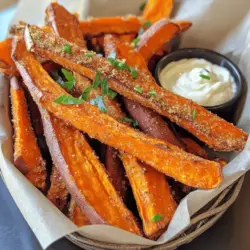Die Hauptzutaten für knusprige Süßkartoffel-Pommes sind einfach und frisch. Du brauchst: - 2 große Süßkartoffeln, geschält und in dünne Pommes geschnitten - 2 Esslöffel Olivenöl - 1 Teelöffel Maisstärke Diese Zutaten bilden die Basis für dein Gericht. Die Süßkartoffeln sorgen für einen süßen Geschmack, während das Olivenöl hilft, sie knusprig zu machen. Um deine Süßkartoffel-Pommes voll zu würzen, füge folgende Gewürze hinzu: - 1 Teelöffel Knoblauchpulver - 1 Teelöffel Paprika (geräuchert oder süß) - 1/2 Teelöffel schwarzer Pfeffer - 1/2 Teelöffel Salz Diese Gewürze bringen Tiefe und Geschmack. Knoblauchpulver gibt einen herzhaften Kick. Paprika fügt eine rauchige Note hinzu, die einfach köstlich ist. Du kannst die Süßkartoffel-Pommes leicht anpassen. Hier sind einige Ideen: - Verwende andere Öle wie Avocado- oder Kokosöl für einen anderen Geschmack. - Füge frische Kräuter wie Petersilie oder Koriander zum Garnieren hinzu. - Experimentiere mit verschiedenen Gewürzen wie Curry oder Chili-Pulver für einen neuen Twist. Mit diesen Variationen kannst du deine Pommes nach deinem Geschmack gestalten. Wenn du mehr über das ganze Rezept erfahren möchtest, schaue dir das [Full Recipe] an. Zuerst wähle zwei große Süßkartoffeln aus. Schäle sie gründlich und schneide sie in dünne Pommes. Dünne Pommes werden knuspriger. Lege die geschnittenen Pommes für 30 Minuten in kaltes Wasser. Das hilft, die Stärke zu reduzieren. Dadurch werden die Pommes knuspriger beim Backen. Nach der Zeit, lasse die Pommes abtropfen und tupfe sie mit einem Küchentuch trocken. Feuchtigkeit ist der Feind der Knusprigkeit. In einer großen Schüssel gibst du die trockenen Pommes. Füge 2 Esslöffel Olivenöl hinzu, um die Pommes zu beschichten. Dann kommt 1 Teelöffel Maisstärke dazu. Maisstärke macht sie besonders knusprig. Jetzt fügst du 1 Teelöffel Knoblauchpulver und 1 Teelöffel Paprika hinzu. Diese Gewürze geben Geschmack und Aroma. Füge 1/2 Teelöffel schwarzen Pfeffer und 1/2 Teelöffel Salz hinzu. Mische alles gut, bis die Pommes gleichmäßig bedeckt sind. Heize deinen Ofen auf 220°C vor und lege ein Backblech mit Backpapier aus. Verteile die Pommes in einer einzigen Schicht auf dem Blech. Achte darauf, dass sie nicht übereinander liegen. So werden sie gleichmäßig knusprig. Backe die Pommes 25 bis 30 Minuten. Wende sie nach 15 Minuten, damit sie gleichmäßig bräunen. Behalte sie im Auge, denn jeder Ofen backt anders. Wenn sie goldbraun sind, nimm sie heraus und lasse sie kurz abkühlen. Zum Servieren kannst du frische Kräuter hinzufügen. So wird das Gericht noch schöner und schmackhafter. Für das vollständige Rezept, schaue dir den Abschnitt "Full Recipe" an. Um knusprige Süßkartoffel-Pommes zu machen, gibt es einige einfache Tricks. Zuerst ist es wichtig, die Süßkartoffeln gut zu schneiden. Dünne Pommes werden knuspriger. Lass die geschnittenen Pommes für 30 Minuten in kaltem Wasser. Das entfernt überschüssige Stärke. Danach tupfe sie gut trocken. Je weniger Feuchtigkeit, desto knuspriger werden die Pommes. Das Wichtigste ist, genügend Platz auf dem Blech zu lassen. Lege die Pommes in einer einzigen Schicht aus. Wenn sie sich berühren, dampfen sie statt zu backen. Ein weiterer Trick ist die Verwendung von Maisstärke. Diese hilft, die Pommes besonders knusprig zu machen. Mische die Pommes gründlich mit dem Öl und den Gewürzen. So sind sie gleichmäßig beschichtet. Ein häufiges Problem ist, dass die Pommes weich werden. Das passiert oft, wenn sie zu dick geschnitten sind oder zu nah beieinander liegen. Überrede nicht zu viel Öl zu verwenden. Zu viel Öl macht die Pommes fettig. Ein weiterer Fehler ist, die Pommes zu lange im Ofen zu lassen. Behalte sie im Auge, um sicherzustellen, dass sie nicht verbrennen. Eine gute Temperatur ist auch wichtig. Ein heißer Ofen hilft, die Pommes schnell zu bräunen. Wenn du nach der Hälfte der Backzeit wendest, werden sie gleichmäßiger. Achte darauf, die Pommes nicht zu salzen, bevor sie gebacken sind. Salz zieht Wasser an und macht sie weich. Die besten Beilagen für Süßkartoffel-Pommes sind frische Kräuter wie Petersilie oder Koriander. Sie geben einen schönen Farbkontrast. Für Dips gibt es viele Optionen. Eine scharfe Mayonnaise passt gut, genauso wie eine Knoblauch-Aioli. Du kannst auch Joghurt mit Kräutern mischen. Das gibt einen frischen Geschmack. Wenn du es würziger magst, probiere einen scharfen Salsa-Dip. Auch Guacamole ist eine leckere Wahl. Die Kombination aus Süßkartoffel und diesen Dips bringt die Aromen perfekt zur Geltung. So wird jedes Gericht zu einem Fest. Für das vollständige Rezept schau dir die vollständige Anleitung an. {{image_4}} Du kannst die Süßkartoffel-Pommes ganz nach deinem Geschmack anpassen. Probiere verschiedene Gewürze aus. Zum Beispiel, füge Zitronenpfeffer für einen frischen Geschmack hinzu. Oder verwende Cayennepfeffer, wenn du es scharf magst. Rosmarin und Thymian geben den Pommes eine schöne Kräuternote. Experimentiere mit den Gewürzen, um deinen perfekten Mix zu finden. Die Süßkartoffel-Pommes sind von Natur aus vegan und glutenfrei. Du kannst sie also ohne Bedenken genießen. Wenn du eine andere Konsistenz willst, versuche Kokosöl anstelle von Olivenöl. Es gibt den Pommes einen süßlichen Geschmack. Außerdem kannst du Maisstärke durch Tapiokastärke ersetzen, um die Knusprigkeit zu erhöhen. Somit sind sie für jeden geeignet. Kreativität ist der Schlüssel! Toppe deine Pommes mit Salsa für mehr Frische. Füge Avocado hinzu, um eine cremige Textur zu bekommen. Streue Feta oder Parmesan darüber für einen herzhaften Kick. Du kannst auch etwas Trüffelöl darüber träufeln, um einen luxuriösen Geschmack zu erzielen. Diese Toppings machen deine Pommes zu einem besonderen Erlebnis. Für das vollständige Rezept schau dir bitte den Abschnitt „Full Recipe“ an. Um deine knusprigen Ofen gebackenen Süßkartoffel-Pommes frisch zu halten, lege sie in einen luftdichten Behälter. Stelle sicher, dass sie vollständig abgekühlt sind, bevor du sie lagerst. So bleibt die Knusprigkeit länger erhalten. Lagere die Pommes im Kühlschrank für bis zu drei Tage. Vermeide es, sie mit anderen Lebensmitteln zu mischen. Wenn du die Pommes wieder aufwärmen möchtest, empfehle ich dir, den Ofen zu nutzen. Heize den Ofen auf 200°C vor und lege die Pommes auf ein Backblech. Backe sie für etwa 10 Minuten, bis sie wieder warm und knusprig sind. Du kannst auch eine Pfanne verwenden, um sie auf dem Herd zu erwärmen. Ein wenig Olivenöl kann helfen, die Knusprigkeit zurückzubringen. Für Meal Prepping kannst du die Süßkartoffeln einfach vorbereiten. Schneide die Süßkartoffeln und lege sie in kaltes Wasser. Du kannst sie bis zu 24 Stunden im Wasser lassen. So sind sie bereit zum Backen, wenn du sie brauchst. Backe sie einfach frisch, wenn du Hunger hast. So hast du eine gesunde Beilage immer zur Hand. Für das vollständige Rezept, sieh dir die gesamte Anleitung an. Du kannst die Süßkartoffel-Pommes in einem luftdichten Behälter bis zu drei Tage im Kühlschrank aufbewahren. Achte darauf, dass sie gut abgekühlt sind, bevor du sie lagerst. So bleibt die Frische länger erhalten. Wenn du sie wieder aufwärmst, benutze den Ofen, um die Knusprigkeit zurückzubringen. Ja, gefrorene Süßkartoffeln sind eine gute Wahl. Du kannst sie direkt aus dem Gefrierfach verwenden. Es ist nicht nötig, sie vorher aufzutauen. Die Backzeit kann sich leicht verlängern, also achte darauf, sie gut zu beobachten. So bekommst du auch gefrorene Pommes knusprig. Die Pommes sollten etwa 1 cm dick geschnitten werden. So garen sie gleichmäßig und werden knusprig. Wenn sie zu dick sind, bleiben sie innen weich. Dünnere Pommes werden schneller knusprig, können aber leicht verbrennen. Experimentiere ein wenig, um deine perfekte Dicke zu finden. Für das vollständige Rezept, schau dir die Anleitung zu knusprigen Ofen gebackenen Süßkartoffel-Pommes an. Knusprige Süßkartoffel-Pommes sind einfach zuzubereiten und köstlich. Wir haben die Hauptzutaten, Gewürze und Variationen besprochen. Zudem gab ich dir eine klare Schritt-für-Schritt-Anleitung. Du hast gelernt, wie du die perfekte Knusprigkeit erreichst und die häufigsten Fehler vermeidest. Nutze die Tipps für Beilagen und Dips, um dein Gericht zu verfeinern. Denke daran, die Pommes richtig zu lagern für den besten Genuss. Experimentiere mit neuen Geschmäckern und genieße jede Knabberei!