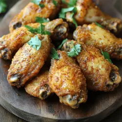 Für knusprige Hähnchenflügel brauchen wir nur einige einfache Zutaten. Hier ist die Liste: - 900 g Hähnchenflügel - 2 Teelöffel Backpulver - 1 Teelöffel Salz - 1 Teelöffel schwarzer Pfeffer - 1 Teelöffel Knoblauchpulver - 1 Teelöffel Zwiebelpulver - 1 Teelöffel geräuchertes Paprika - 1/2 Teelöffel Cayennepfeffer (nach Geschmack anpassen) - 1 Teelöffel getrockneter Oregano - 1 Teelöffel getrockneter Thymian Diese Zutaten sorgen für den perfekten Geschmack und die knusprige Textur. Das Trockenrub ist der Schlüssel für den tollen Geschmack. Es gibt viele Gewürze, die wir verwenden können. Die Mischung aus Salz, Pfeffer und Knoblauchpulver ist wichtig. Geruch und Geschmack von geräuchertem Paprika machen die Flügel besonders. Cayennepfeffer bringt etwas Schärfe. Die Kräuter wie Oregano und Thymian geben einen frischen Geschmack. Diese Gewürze machen die Hähnchenflügel zu einem echten Genuss. Um die Hähnchenflügel noch schöner zu machen, können wir einige Garnierungen hinzufügen. Frische Petersilie ist eine tolle Wahl. Sie bringt Farbe auf den Teller und einen frischen Geschmack. Zusätzlich können Sie Ihre Lieblingsdip-Sauce dazu servieren. Das macht die Flügel noch leckerer. Für jeden Anlass sind die knusprigen Hähnchenflügel die perfekte Wahl. Probieren Sie das Rezept aus und genießen Sie die leckeren Flügel! Heizen Sie Ihren Ofen auf 220 °C vor. Legen Sie ein Backblech mit Aluminiumfolie aus. Das macht die Reinigung einfacher. Stellen Sie ein Drahtgitter auf das Blech. Dies hilft, die Flügel gleichmäßig zu garen. Tupfen Sie die Hähnchenflügel mit Küchenpapier trocken. Dies ist sehr wichtig für die Knusprigkeit. Feuchte Flügel werden nicht knusprig. Entfernen Sie die Feuchtigkeit gut. Das sorgt für eine bessere Textur. In einer großen Schüssel mischen Sie die Gewürze. Nehmen Sie das Backpulver, Salz, Pfeffer, Knoblauchpulver, Zwiebelpulver, Paprika, Cayennepfeffer, Oregano und Thymian. Rühren Sie die Gewürze gut um. Geben Sie dann die Flügel in die Schüssel. Schwenken Sie sie, bis sie gleichmäßig gewürzt sind. Verteilen Sie die Flügel auf dem Drahtgitter. Backen Sie sie für 40-45 Minuten. Wenden Sie die Flügel nach der Hälfte der Zeit. So werden sie gleichmäßig gar. Wenn Sie mehr Knusprigkeit wollen, grillen Sie die Flügel für 2-3 Minuten. Behalten Sie sie dabei im Auge, um Verbrennungen zu vermeiden. Für das vollständige Rezept schauen Sie sich die [Full Recipe] an. Um die perfekte Knusprigkeit zu erreichen, gibt es einige wichtige Schritte. Erstens, tupfen Sie die Hähnchenflügel mit Küchenpapier trocken. Feuchtigkeit macht die Flügel weich. Zweitens, verwenden Sie Backpulver im Trockenrub. Es hilft, die Haut knusprig zu machen. Drittens, backen Sie die Flügel auf einem Drahtgitter. Dies sorgt für eine gleichmäßige Luftzirkulation. Schließlich, grillen Sie die Flügel am Ende für 2-3 Minuten. So wird die Knusprigkeit noch besser. Ein häufiger Fehler ist, die Hähnchenflügel nicht richtig vorzubereiten. Wenn Sie sie nicht abtrocknen, werden sie nicht knusprig. Ein weiterer Fehler ist, die Flügel zu dicht auf das Blech zu legen. Dies verhindert, dass sie gleichmäßig garen. Achten Sie darauf, die Flügel in einer einzigen Schicht zu backen. Auch das Wenden der Flügel zur Halbzeit ist wichtig. So werden sie rundum knusprig. Zu knusprigen Hähnchenflügeln passen viele Dip-Saucen. Eine klassische Wahl ist die BBQ-Sauce. Sie bringt süße und rauchige Aromen. Eine scharfe Buffalo-Sauce gibt einen tollen Kick. Wenn Sie es cremig mögen, probieren Sie Blauschimmelkäse-Dip. Für etwas Frisches passt ein Joghurt-Dip mit Kräutern gut. Lassen Sie Ihrer Kreativität freien Lauf und finden Sie Ihre Lieblingssauce! {{image_4}} Ich liebe es, mit verschiedenen Gewürzen zu experimentieren. Das macht jede Runde Hähnchenflügel einzigartig. Hier sind einige Ideen: - Kräuter-Mischung: Verwenden Sie italienische Kräuter wie Basilikum und Rosmarin. - Asiatische Note: Fügen Sie Ingwer und Sojasauce hinzu für einen anderen Geschmack. - Süß und scharf: Kombinieren Sie Honig und Chili-Pulver für eine süß-scharfe Mischung. Das Tolle an Trockenrub ist, dass Sie kreativ sein können. Probieren Sie Ihre eigenen Mischungen aus und finden Sie Ihren Favoriten! Wenn Sie keine Flügel haben, keine Sorge. Drumsticks sind eine großartige Alternative. Sie sind saftig und leicht zu würzen. Hier sind einige Tipps: - Drumsticks: Sie brauchen etwas länger zum Backen, etwa 50-55 Minuten. - Hähnchenbrust: Diese können auch verwendet werden. Schneiden Sie sie in Stücke für gleichmäßiges Garen. - Gefrorenes Hähnchen: Denken Sie daran, es vorher aufzutauen. Jede Hähnchenart kann nach Ihrem Geschmack gewürzt werden. Experimentieren Sie und genießen Sie die Vielfalt! Crispy Dry Rub Chicken Wings passen zu vielen Beilagen. Hier sind einige meiner Favoriten: - Gemischter Salat: Frische Salate sind leicht und gesund. - Pommes frites: Knusprige Pommes sind immer ein Hit. - Rohkost: Karotten und Sellerie mit Dip sind erfrischend. - Coleslaw: Der cremige Geschmack ergänzt die Würze der Flügel. Diese Beilagen machen Ihr Essen noch besser. Genießen Sie die Kombinationen und lassen Sie Ihrer Fantasie freien Lauf! Um übrig gebliebene Hähnchenflügel frisch zu halten, legen Sie sie in einen luftdichten Behälter. Kühlen Sie sie im Kühlschrank. Sie halten sich dort bis zu drei Tage. Wenn Sie sie länger aufbewahren möchten, frieren Sie die Flügel ein. Wickeln Sie sie gut in Frischhaltefolie und legen Sie sie in einen Gefrierbeutel. So bleiben sie bis zu drei Monate gut. Um die Flügel wieder knusprig zu machen, empfehle ich den Ofen. Heizen Sie ihn auf 180 °C vor. Legen Sie die Flügel auf ein Backblech mit Alufolie. Backen Sie sie 10 bis 15 Minuten. Wenden Sie die Flügel, damit sie gleichmäßig warm werden. Die Mikrowelle ist schneller, macht die Flügel aber nicht knusprig. Wenn Sie die Mikrowelle nutzen, legen Sie die Flügel auf einen mikrowellengeeigneten Teller und decken Sie sie mit einem feuchten Papiertuch ab. Erwärmen Sie sie in Intervallen von 30 Sekunden. Zubereitete Hähnchenflügel bleiben im Kühlschrank drei Tage frisch. Achten Sie darauf, sie richtig zu lagern. Wenn Sie die Flügel im Gefrierschrank aufbewahren, können Sie sie bis zu drei Monate nutzen. Achten Sie darauf, sie gut zu verpacken. So vermeiden Sie Gefrierbrand. Es ist wichtig, die Flügel vor dem Verzehr gut zu erhitzen, um sicherzustellen, dass sie sicher zu essen sind. Die Hähnchenflügel müssen 40-45 Minuten im Ofen bleiben. Sie sollten goldbraun und knusprig sein. Wenden Sie die Flügel nach 20 Minuten. Dies hilft, eine gleichmäßige Garung zu erreichen. Wenn Sie mehr Knusprigkeit wollen, grillen Sie sie für 2-3 Minuten. Achten Sie darauf, sie nicht zu verbrennen. Ja, Sie können den Trockenrub im Voraus zubereiten. Mischen Sie die Gewürze und lagern Sie sie in einem luftdichten Behälter. So haben Sie immer einen schnellen Zugang. Dies spart Zeit, wenn Sie die Flügel zubereiten wollen. Es bleibt bis zu einem Monat frisch, wenn Sie es richtig aufbewahren. Um die Hähnchenflügel würziger zu machen, fügen Sie mehr Cayennepfeffer hinzu. Sie können auch andere Gewürze verwenden. Zum Beispiel, versuchen Sie Chili-Pulver oder scharfe Soße. Mischen Sie diese Gewürze gut in den Trockenrub. Es ist wichtig, die Schärfe nach Ihrem Geschmack anzupassen. Backpulver ist nicht zwingend nötig, aber es hilft, die Haut knusprig zu machen. Es zieht Feuchtigkeit von der Haut ab. Dies führt zu einer besseren Textur. Wenn Sie es weglassen, werden die Flügel weniger knusprig. Daher empfehle ich, es zu verwenden, um das beste Ergebnis zu erzielen. Knusprige Hähnchenflügel sind einfach zuzubereiten. Sie brauchen nur die richtigen Zutaten und Schritte. Wir haben die Hauptzutaten, den perfekten Trockenrub und Tipps für extra Knusprigkeit besprochen. Vermeiden Sie häufige Fehler, um das beste Ergebnis zu erzielen. Denken Sie auch an leckere Beilagen und Dip-Saucen. Experimentieren Sie mit Gewürzen für neue Geschmackserlebnisse. Richtiges Lagern sorgt dafür, dass Sie länger Freude an Ihren Flügeln haben. Jetzt sind Sie bereit, Ihre eigenen knusprigen Hähnchenflügel zu machen. Genießen Sie das Kochen und das Essen!