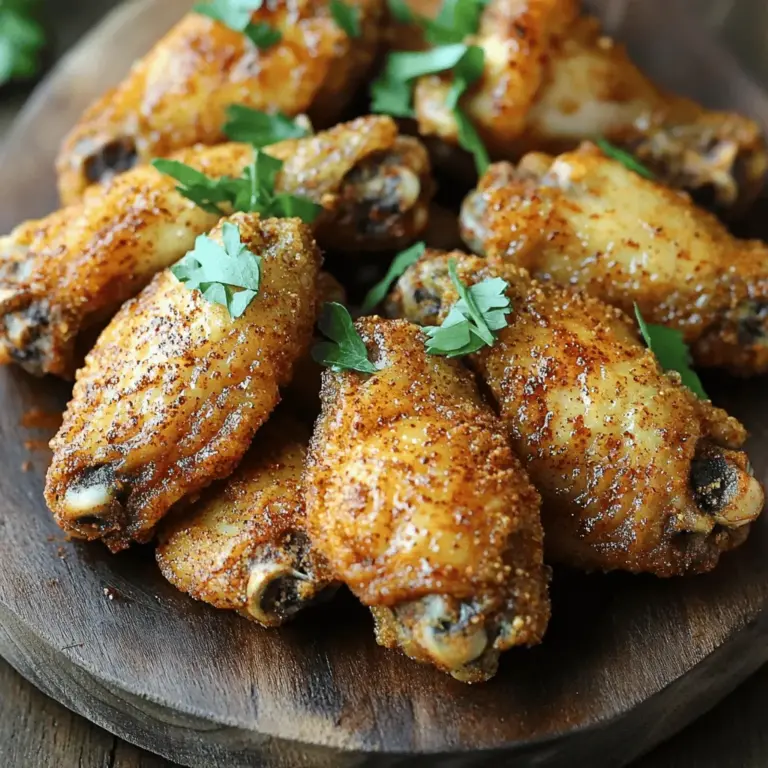 Für knusprige Hähnchenflügel brauchen wir nur einige einfache Zutaten. Hier ist die Liste: - 900 g Hähnchenflügel - 2 Teelöffel Backpulver - 1 Teelöffel Salz - 1 Teelöffel schwarzer Pfeffer - 1 Teelöffel Knoblauchpulver - 1 Teelöffel Zwiebelpulver - 1 Teelöffel geräuchertes Paprika - 1/2 Teelöffel Cayennepfeffer (nach Geschmack anpassen) - 1 Teelöffel getrockneter Oregano - 1 Teelöffel getrockneter Thymian Diese Zutaten sorgen für den perfekten Geschmack und die knusprige Textur. Das Trockenrub ist der Schlüssel für den tollen Geschmack. Es gibt viele Gewürze, die wir verwenden können. Die Mischung aus Salz, Pfeffer und Knoblauchpulver ist wichtig. Geruch und Geschmack von geräuchertem Paprika machen die Flügel besonders. Cayennepfeffer bringt etwas Schärfe. Die Kräuter wie Oregano und Thymian geben einen frischen Geschmack. Diese Gewürze machen die Hähnchenflügel zu einem echten Genuss. Um die Hähnchenflügel noch schöner zu machen, können wir einige Garnierungen hinzufügen. Frische Petersilie ist eine tolle Wahl. Sie bringt Farbe auf den Teller und einen frischen Geschmack. Zusätzlich können Sie Ihre Lieblingsdip-Sauce dazu servieren. Das macht die Flügel noch leckerer. Für jeden Anlass sind die knusprigen Hähnchenflügel die perfekte Wahl. Probieren Sie das Rezept aus und genießen Sie die leckeren Flügel! Heizen Sie Ihren Ofen auf 220 °C vor. Legen Sie ein Backblech mit Aluminiumfolie aus. Das macht die Reinigung einfacher. Stellen Sie ein Drahtgitter auf das Blech. Dies hilft, die Flügel gleichmäßig zu garen. Tupfen Sie die Hähnchenflügel mit Küchenpapier trocken. Dies ist sehr wichtig für die Knusprigkeit. Feuchte Flügel werden nicht knusprig. Entfernen Sie die Feuchtigkeit gut. Das sorgt für eine bessere Textur. In einer großen Schüssel mischen Sie die Gewürze. Nehmen Sie das Backpulver, Salz, Pfeffer, Knoblauchpulver, Zwiebelpulver, Paprika, Cayennepfeffer, Oregano und Thymian. Rühren Sie die Gewürze gut um. Geben Sie dann die Flügel in die Schüssel. Schwenken Sie sie, bis sie gleichmäßig gewürzt sind. Verteilen Sie die Flügel auf dem Drahtgitter. Backen Sie sie für 40-45 Minuten. Wenden Sie die Flügel nach der Hälfte der Zeit. So werden sie gleichmäßig gar. Wenn Sie mehr Knusprigkeit wollen, grillen Sie die Flügel für 2-3 Minuten. Behalten Sie sie dabei im Auge, um Verbrennungen zu vermeiden. Für das vollständige Rezept schauen Sie sich die [Full Recipe] an. Um die perfekte Knusprigkeit zu erreichen, gibt es einige wichtige Schritte. Erstens, tupfen Sie die Hähnchenflügel mit Küchenpapier trocken. Feuchtigkeit macht die Flügel weich. Zweitens, verwenden Sie Backpulver im Trockenrub. Es hilft, die Haut knusprig zu machen. Drittens, backen Sie die Flügel auf einem Drahtgitter. Dies sorgt für eine gleichmäßige Luftzirkulation. Schließlich, grillen Sie die Flügel am Ende für 2-3 Minuten. So wird die Knusprigkeit noch besser. Ein häufiger Fehler ist, die Hähnchenflügel nicht richtig vorzubereiten. Wenn Sie sie nicht abtrocknen, werden sie nicht knusprig. Ein weiterer Fehler ist, die Flügel zu dicht auf das Blech zu legen. Dies verhindert, dass sie gleichmäßig garen. Achten Sie darauf, die Flügel in einer einzigen Schicht zu backen. Auch das Wenden der Flügel zur Halbzeit ist wichtig. So werden sie rundum knusprig. Zu knusprigen Hähnchenflügeln passen viele Dip-Saucen. Eine klassische Wahl ist die BBQ-Sauce. Sie bringt süße und rauchige Aromen. Eine scharfe Buffalo-Sauce gibt einen tollen Kick. Wenn Sie es cremig mögen, probieren Sie Blauschimmelkäse-Dip. Für etwas Frisches passt ein Joghurt-Dip mit Kräutern gut. Lassen Sie Ihrer Kreativität freien Lauf und finden Sie Ihre Lieblingssauce! {{image_4}} Ich liebe es, mit verschiedenen Gewürzen zu experimentieren. Das macht jede Runde Hähnchenflügel einzigartig. Hier sind einige Ideen: - Kräuter-Mischung: Verwenden Sie italienische Kräuter wie Basilikum und Rosmarin. - Asiatische Note: Fügen Sie Ingwer und Sojasauce hinzu für einen anderen Geschmack. - Süß und scharf: Kombinieren Sie Honig und Chili-Pulver für eine süß-scharfe Mischung. Das Tolle an Trockenrub ist, dass Sie kreativ sein können. Probieren Sie Ihre eigenen Mischungen aus und finden Sie Ihren Favoriten! Wenn Sie keine Flügel haben, keine Sorge. Drumsticks sind eine großartige Alternative. Sie sind saftig und leicht zu würzen. Hier sind einige Tipps: - Drumsticks: Sie brauchen etwas länger zum Backen, etwa 50-55 Minuten. - Hähnchenbrust: Diese können auch verwendet werden. Schneiden Sie sie in Stücke für gleichmäßiges Garen. - Gefrorenes Hähnchen: Denken Sie daran, es vorher aufzutauen. Jede Hähnchenart kann nach Ihrem Geschmack gewürzt werden. Experimentieren Sie und genießen Sie die Vielfalt! Crispy Dry Rub Chicken Wings passen zu vielen Beilagen. Hier sind einige meiner Favoriten: - Gemischter Salat: Frische Salate sind leicht und gesund. - Pommes frites: Knusprige Pommes sind immer ein Hit. - Rohkost: Karotten und Sellerie mit Dip sind erfrischend. - Coleslaw: Der cremige Geschmack ergänzt die Würze der Flügel. Diese Beilagen machen Ihr Essen noch besser. Genießen Sie die Kombinationen und lassen Sie Ihrer Fantasie freien Lauf! Um übrig gebliebene Hähnchenflügel frisch zu halten, legen Sie sie in einen luftdichten Behälter. Kühlen Sie sie im Kühlschrank. Sie halten sich dort bis zu drei Tage. Wenn Sie sie länger aufbewahren möchten, frieren Sie die Flügel ein. Wickeln Sie sie gut in Frischhaltefolie und legen Sie sie in einen Gefrierbeutel. So bleiben sie bis zu drei Monate gut. Um die Flügel wieder knusprig zu machen, empfehle ich den Ofen. Heizen Sie ihn auf 180 °C vor. Legen Sie die Flügel auf ein Backblech mit Alufolie. Backen Sie sie 10 bis 15 Minuten. Wenden Sie die Flügel, damit sie gleichmäßig warm werden. Die Mikrowelle ist schneller, macht die Flügel aber nicht knusprig. Wenn Sie die Mikrowelle nutzen, legen Sie die Flügel auf einen mikrowellengeeigneten Teller und decken Sie sie mit einem feuchten Papiertuch ab. Erwärmen Sie sie in Intervallen von 30 Sekunden. Zubereitete Hähnchenflügel bleiben im Kühlschrank drei Tage frisch. Achten Sie darauf, sie richtig zu lagern. Wenn Sie die Flügel im Gefrierschrank aufbewahren, können Sie sie bis zu drei Monate nutzen. Achten Sie darauf, sie gut zu verpacken. So vermeiden Sie Gefrierbrand. Es ist wichtig, die Flügel vor dem Verzehr gut zu erhitzen, um sicherzustellen, dass sie sicher zu essen sind. Die Hähnchenflügel müssen 40-45 Minuten im Ofen bleiben. Sie sollten goldbraun und knusprig sein. Wenden Sie die Flügel nach 20 Minuten. Dies hilft, eine gleichmäßige Garung zu erreichen. Wenn Sie mehr Knusprigkeit wollen, grillen Sie sie für 2-3 Minuten. Achten Sie darauf, sie nicht zu verbrennen. Ja, Sie können den Trockenrub im Voraus zubereiten. Mischen Sie die Gewürze und lagern Sie sie in einem luftdichten Behälter. So haben Sie immer einen schnellen Zugang. Dies spart Zeit, wenn Sie die Flügel zubereiten wollen. Es bleibt bis zu einem Monat frisch, wenn Sie es richtig aufbewahren. Um die Hähnchenflügel würziger zu machen, fügen Sie mehr Cayennepfeffer hinzu. Sie können auch andere Gewürze verwenden. Zum Beispiel, versuchen Sie Chili-Pulver oder scharfe Soße. Mischen Sie diese Gewürze gut in den Trockenrub. Es ist wichtig, die Schärfe nach Ihrem Geschmack anzupassen. Backpulver ist nicht zwingend nötig, aber es hilft, die Haut knusprig zu machen. Es zieht Feuchtigkeit von der Haut ab. Dies führt zu einer besseren Textur. Wenn Sie es weglassen, werden die Flügel weniger knusprig. Daher empfehle ich, es zu verwenden, um das beste Ergebnis zu erzielen. Knusprige Hähnchenflügel sind einfach zuzubereiten. Sie brauchen nur die richtigen Zutaten und Schritte. Wir haben die Hauptzutaten, den perfekten Trockenrub und Tipps für extra Knusprigkeit besprochen. Vermeiden Sie häufige Fehler, um das beste Ergebnis zu erzielen. Denken Sie auch an leckere Beilagen und Dip-Saucen. Experimentieren Sie mit Gewürzen für neue Geschmackserlebnisse. Richtiges Lagern sorgt dafür, dass Sie länger Freude an Ihren Flügeln haben. Jetzt sind Sie bereit, Ihre eigenen knusprigen Hähnchenflügel zu machen. Genießen Sie das Kochen und das Essen!