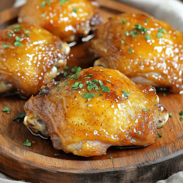 Für das Rezept benötigst du folgende Hauptzutaten: - 4 Hähnchenschenkel mit Knochen und Haut - 60 ml Honig - 60 ml Dijon-Senf - 30 ml Olivenöl - 2 Knoblauchzehen, fein gehackt - 1 Teelöffel getrockneter Thymian - 1 Teelöffel geräucherter Paprika - Salz und Pfeffer nach Geschmack Diese Zutaten geben dem Hähnchen den perfekten Geschmack. Der Honig macht es süß, und der Senf bringt die Schärfe. Um die Marinade noch besser zu machen, füge diese Zutaten hinzu: - 1 Teelöffel Zitronensaft - 1 Teelöffel Sojasauce Zitronensaft sorgt für Frische, während Sojasauce die Umami-Note bringt. Das macht die Marinade noch interessanter. Für die perfekte Präsentation und den Geschmack empfehle ich: - Frische Petersilie, gehackt (zum Garnieren) - Ein leichter grüner Salat - Ofenkartoffeln oder Reis als Beilage Die Petersilie gibt dem Gericht Farbe und Geschmack. Der Salat und die Beilagen runden das Essen ab. Du kannst die vollständigen Schritte im [Full Recipe] nachlesen. Für das Marinieren des Hähnchens mischen Sie Honig, Dijon-Senf und Olivenöl in einer Schüssel. Fügen Sie die fein gehackten Knoblauchzehen, Thymian, Paprika, Salz und Pfeffer hinzu. Rühren Sie alles gut um. Legen Sie die Hähnchenschenkel in die Marinade. Achten Sie darauf, dass sie gleichmäßig bedeckt sind. Decken Sie die Schüssel ab und stellen Sie sie für mindestens 30 Minuten in den Kühlschrank. Wenn Sie mehr Geschmack möchten, lassen Sie das Hähnchen bis zu 2 Stunden marinieren. Heizen Sie Ihren Ofen auf 200°C vor. Dies sorgt dafür, dass das Hähnchen gleichmäßig gart. Während der Ofen heizt, nehmen Sie die Hähnchenschenkel aus der Marinade. Legen Sie sie mit der Hautseite nach oben in eine leicht gefettete Backform. Bewahren Sie die restliche Marinade auf, um das Hähnchen später zu glasieren. Backen Sie die Hähnchenschenkel im Ofen für 30 bis 35 Minuten. Achten Sie darauf, dass die Haut knusprig wird und die Innentemperatur 75°C erreicht. In den letzten 10 Minuten der Garzeit bestreichen Sie die Hähnchenschenkel mit der beiseitegestellten Marinade. Dies gibt ihnen eine glänzende Oberfläche. Nach dem Garen nehmen Sie das Hähnchen aus dem Ofen und lassen es 5 Minuten ruhen. Vor dem Servieren können Sie frisch gehackte Petersilie darüber streuen. Die Marinierzeit ist sehr wichtig für den Geschmack. Ich empfehle, das Hähnchen mindestens 30 Minuten zu marinieren. Wenn Sie mehr Zeit haben, lassen Sie es bis zu 2 Stunden im Kühlschrank. So ziehen die Aromen besser ein und das Hähnchen wird zart und aromatisch. Um die Haut knusprig zu bekommen, gibt es einige Tricks. Stellen Sie sicher, dass die Haut trocken ist, bevor Sie das Hähnchen marinieren. Nach dem Marinieren sollten Sie die Hähnchenschenkel auf einem Gitter oder einem Backblech mit Abstand zueinander legen. So kann die heiße Luft zirkulieren und die Haut wird knusprig. Die richtige Temperatur ist entscheidend für ein perfektes Hähnchen. Verwenden Sie ein Fleischthermometer, um die Innentemperatur zu überprüfen. Das Hähnchen sollte mindestens 75°C erreichen. So stellen Sie sicher, dass es durchgegart ist und gleichzeitig saftig bleibt. {{image_4}} Dijon-Senf hat einen tollen Geschmack. Wenn du aber etwas anderes willst, kannst du auch andere Senfsorten ausprobieren. Hier sind einige Vorschläge: - Klassischer Senf: Er hat einen milderen Geschmack und ist leicht süßer. - Schwarzer Senf: Dieser hat eine schärfere Note und gibt dem Gericht mehr Kick. - Honigsenf: Wenn du mehr Süße willst, ist Honigsenf eine gute Wahl. Jede dieser Alternativen bringt ihren eigenen Geschmack in die Marinade. Experimentiere mit dem, was du magst. Du kannst deiner Marinade mehr Tiefe geben, indem du Gewürze und Kräuter hinzufügst. Hier sind einige Ideen: - Rosmarin: Gibt einen frischen, holzigen Geschmack. - Oregano: Hat einen milden, herben Geschmack, der gut passt. - Chili-Flocken: Für einen scharfen Kick, wenn du das magst. Die Wahl der Gewürze hängt von deinem Geschmack ab. Probiere verschiedene Kombinationen, um dein perfektes Rezept zu finden. Wenn du die Hähnchenschenkel grillen möchtest, gibt es ein paar wichtige Tipps: - Marinierzeit: Lasse das Hähnchen länger marinieren, um den Geschmack zu intensivieren. - Hitze: Stelle sicher, dass der Grill gut vorgeheizt ist. So wird die Haut schön knusprig. - Indirekte Hitze: Wenn du das Hähnchen nicht direkt über der Flamme grillst, bleibt es saftig. Grillen bringt einen tollen Geschmack, der die Honig-Senf-Glasur noch besser zur Geltung bringt. Du wirst es lieben! Wenn Sie Honig-Senf-Hähnchenschenkel übrig haben, kühlen Sie diese schnell ab. Legen Sie die Reste in einen luftdichten Behälter. So bleiben sie frisch. Im Kühlschrank halten sie sich bis zu drei Tage. Wenn Sie länger aufbewahren möchten, frieren Sie die Hähnchenschenkel ein. Wickeln Sie sie gut in Frischhaltefolie. Danach legen Sie sie in einen Gefrierbehälter. Im Gefrierfach sind sie bis zu drei Monate haltbar. Das Aufwärmen ist einfach. Nehmen Sie die Hähnchenschenkel aus dem Kühlschrank oder Gefrierfach. Wenn sie gefroren sind, lassen Sie sie im Kühlschrank über Nacht auftauen. Um das Hähnchen aufzuwärmen, legen Sie es in eine Backform. Heizen Sie den Ofen auf 175°C vor. Backen Sie es für etwa 20 Minuten. Achten Sie darauf, dass das Innere 75°C erreicht. So bleibt das Hähnchen saftig und lecker. Die Marinade für Honig-Senf-Hähnchenschenkel hält sich im Kühlschrank bis zu einer Woche. Wenn Sie mehr Marinade machen, bewahren Sie sie in einem sauberen Behälter auf. Sie können die Marinade auch einfrieren. Füllen Sie sie in Eiswürfelformen. So haben Sie immer Marinade zur Hand. Denken Sie daran, die Marinade vor der Verwendung gut zu riechen. Wenn sie schlecht riecht, werfen Sie sie weg. Sicherheit geht vor. Für das beste Ergebnis, verwenden Sie die Marinade frisch. Für das vollständige Rezept, schauen Sie sich die [Full Recipe] an. Ich empfehle, das Hähnchen mindestens 30 Minuten zu marinieren. So kann der Geschmack gut einziehen. Wenn Sie mehr Zeit haben, lassen Sie es bis zu 2 Stunden im Kühlschrank. Dadurch wird das Aroma noch kräftiger. Das Warten lohnt sich! Ja, Sie können dieses Rezept auch mit anderen Fleischsorten verwenden. Schweinefleisch oder Putenbrust passen gut dazu. Achten Sie darauf, die Garzeit anzupassen. Putenbrust braucht weniger Zeit, während Schweinefleisch etwas länger braucht. Experimentieren Sie mit verschiedenen Fleischsorten und genießen Sie neue Geschmackserlebnisse. Eine Vielzahl von Beilagen ergänzt die Hähnchenschenkel perfekt. Hier sind einige Vorschläge: - Geröstetes Gemüse: Karotten, Zucchini und Paprika schmecken toll. - Reis: Ein einfacher Reissalat passt gut dazu. - Kartoffeln: Ob als Püree oder Ofenkartoffeln, Kartoffeln sind immer beliebt. - Salat: Ein frischer grüner Salat bringt einen knackigen Kontrast. Probieren Sie verschiedene Kombinationen aus! Das Honig-Senf-glazed Hähnchen ist einfach und lecker. Wir haben die Hauptzutaten und die Marinade besprochen. Ich habe gezeigt, wie man das Hähnchen perfekt marinieren und backen kann. Tipps für knusprige Haut helfen dir, das Gericht zu verfeinern. Denke an Variationen, um es spannend zu halten. Lagere Reste richtig, damit sie frisch bleiben. Mit diesen Ideen bereitest du ein tolles Essen vor. Probiere es aus und erfreue dich an jedem Bissen!