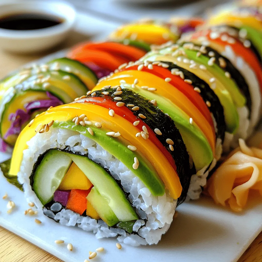 Für die bunten Regenbogen-Veggie-Sushi-Rollen brauchst du folgende Zutaten: - 2 Tassen Sushi-Reis - 3 Tassen Wasser - 1/4 Tasse Reisessig - 1 Esslöffel Zucker - 1 Teelöffel Salz - Nori-Blätter (Seetang) - 1/2 Avocado, in Scheiben geschnitten - 1 Gurke, in feine Streifen geschnitten - 1 Karotte, in feine Streifen geschnitten - 1 kleine rote Paprika, in dünne Streifen geschnitten - 1 kleine gelbe Paprika, in dünne Streifen geschnitten - 1 Tasse rote Spitzkohl, fein gehobelt - Sojasauce, zum Dippen - Sesamsamen, zur Garnierung (optional) - Eingelegter Ingwer, zum Servieren (optional) Wähle frisches Gemüse für den besten Geschmack. Suche nach knackiger Gurke und reifer Avocado. Achte auf die Farbe der Paprika. Je bunter, desto besser. Der Reis muss Sushi-Qualität haben. So bleibt er klebrig und formbar. Nori-Blätter sollten frisch und knusprig sein. Prüfe das Verfallsdatum, um die beste Qualität zu garantieren. Wenn du etwas anderes ausprobieren möchtest, sind viele Alternativen möglich. Statt Avocado kannst du auch Mango verwenden. Zucchini oder Radieschen sind tolle Ergänzungen. Für einen scharfen Kick füge etwas eingelegten Wasabi hinzu. Wenn du glutenfrei essen möchtest, nutze Tamari anstelle von Sojasauce. Sei kreativ und finde die Kombination, die dir am besten schmeckt! Um den perfekten Sushi-Reis zu machen, beginne mit zwei Tassen Sushi-Reis. Spüle den Reis unter kaltem Wasser. Das Wasser wird klar, wenn du genug spülst. Das entfernt die Stärke und verhindert, dass der Reis klebrig wird. Gib den gewaschenen Reis in einen Topf mit drei Tassen Wasser. Bringe das Wasser zum Kochen. Reduziere dann die Hitze und koche den Reis abgedeckt für 18 bis 20 Minuten. Der Reis sollte zart sein und das Wasser vollständig aufgesogen haben. In einer kleinen Schüssel mische 1/4 Tasse Reisessig, 1 Esslöffel Zucker und 1 Teelöffel Salz. Rühre, bis sich Zucker und Salz auflösen. Nimm den Reis vom Herd und lass ihn leicht abkühlen. Füge dann die Essigmischung vorsichtig hinzu. Mische den Reis gut durch und lasse ihn auf Zimmertemperatur abkühlen. Lege jetzt eine Bambus-Sushi-Matte auf deine Arbeitsfläche. Platziere ein Nori-Blatt darauf, glänzende Seite nach unten. Befeuchte deine Hände, um Kleben zu vermeiden. Nimm eine Handvoll Reis und verteile ihn gleichmäßig auf dem Nori. Lass oben einen Rand von etwa 2,5 cm frei. Jetzt kommt der kreative Teil. Arrangiere die Avocadoscheiben, Gurke, Karotte, Paprika und den Rotkohl in der Mitte des Reises. Nutze verschiedene Farben, um einen schönen Regenbogen zu schaffen! Beginne, das Sushi vorsichtig von dir weg zu rollen. Übe leichten Druck aus, damit die Füllung nicht herausfällt. Rolle weiter, bis das gesamte Nori um die Füllung gewickelt ist. Befeuchte die Kante mit etwas Wasser, um sie zu schließen. Verwende ein scharfes Messer, um die Rolle in 6 bis 8 Stücke zu schneiden. Wische das Messer zwischen den Schnitten mit einem feuchten Tuch ab. So bleiben die Schnitte sauber und ordentlich. Wiederhole den Vorgang für die restlichen Zutaten. Serviere die Sushi-Rollen mit Sojasauce zum Dippen. Bestreue sie nach Belieben mit Sesamsamen. Füge eingelegten Ingwer hinzu, um einen zusätzlichen Geschmack zu bieten. Für die vollständige Anleitung schaue dir das [Full Recipe] an. Ein häufiger Fehler ist die Verwendung von zu viel Wasser beim Kochen des Reis. Der Reis sollte weich, aber nicht matschig sein. Achte darauf, den Reis gründlich zu waschen. So entfernst du die Stärke. Dies hilft, den Reis klebriger zu machen, was wichtig für gute Sushi-Rollen ist. Ein weiterer Fehler ist, die Nori-Blätter nicht richtig zu befeuchten. Das macht das Rollen schwieriger. Du musst auch darauf achten, die Füllung nicht zu überladen. Zu viel Füllung macht das Rollen schwer. Um perfekte Sushi-Rollen zu machen, beginne mit der richtigen Technik. Lege das Nori-Blatt mit der glänzenden Seite nach unten auf die Matte. Befeuchte deine Hände, damit der Reis nicht klebt. Verteile den Reis gleichmäßig, aber lass oben einen Rand. Das sorgt dafür, dass die Rolle gut schließt. Fülle die Mitte mit frischem Gemüse. Sei kreativ und nutze viele Farben. Rolle das Sushi fest, aber nicht zu fest. Das sorgt dafür, dass die Füllung nicht herausfällt. Für die Zubereitung von Sushi brauchst du einige wichtige Utensilien. Eine Bambus-Sushi-Matte ist ein Muss. Sie hilft beim Rollen und sorgt für gleichmäßige Formen. Ein scharfes Messer ist ebenfalls wichtig. Damit schneidest du die Rollen sauber. Achte darauf, das Messer zwischen den Schnitten zu reinigen. So bleiben die Schnitte schön. Eine kleine Schüssel für die Essigmischung ist auch hilfreich. Du brauchst sie, um den Reis zu würzen. All diese Werkzeuge machen das Sushi-Machen einfacher und schöner. Für das vollständige Rezept schau dir die Full Recipe an. {{image_4}} Vegane Sushi-Rollen sind einfach und lecker. Du kannst Tofu oder Tempeh als Proteinquelle nutzen. Diese Alternativen sind nahrhaft und passen gut zu den frischen Zutaten. Probiere auch marinierten Tofu. Er bringt extra Geschmack in deine Rollen. Sei kreativ mit Füllungen! Du kannst auch Mango, Spargel oder Radieschen verwenden. Jede Zutat bringt neue Farben und Texturen. Kombiniere verschiedene Gemüse für einen bunten Effekt. Du kannst auch einen Hauch von Frischkäse hinzufügen, wenn du es magst. Wenn du glutenfrei essen möchtest, wähle spezielle Nori-Blätter. Diese sind oft glutenfrei. Achte auch darauf, glutenfreie Sojasauce zu verwenden. So bleibt dein Gericht gesund und lecker. Du kannst auch Quinoa statt Reis nutzen, um eine andere Textur zu erhalten. Für die vollständige Zubereitung der Rainbow Veggie Sushi Rolls schau dir das [Full Recipe] an. Wenn du Reste von deinen Rainbow Veggie Sushi Rolls hast, lagere sie gut. Wickel die Sushi-Rollen in Frischhaltefolie oder lege sie in einen luftdichten Behälter. Dies hält die Rollen frisch. Stelle sicher, dass du sie in den Kühlschrank legst. So bleiben sie bis zu zwei Tage haltbar. Sushi-Rollen sind am besten frisch. Wenn du sie richtig lagerst, halten sie sich jedoch bis zu zwei Tage. Nach dieser Zeit kann die Textur des Reises weich und das Gemüse matschig werden. Achte darauf, die Rollen nicht zu lange zu lagern, um den besten Geschmack zu genießen. Sushi-Rollen wärmst du am besten nicht auf. Der Reis wird dadurch trocken und das Gemüse verliert seinen Crunch. Wenn du sie trotzdem aufwärmen möchtest, lege die Rolle in die Mikrowelle. Benutze eine niedrige Temperatur und erwärme sie nur kurz. Ideal ist es, die Sushi-Rollen kalt zu essen. Die Frische und den Geschmack behältst du so am besten. Um Sushi-Reis perfekt zu machen, spüle ihn zuerst gründlich. Das entfernt die Stärke und macht den Reis weniger klebrig. Koche den Reis mit der richtigen Menge Wasser. Normalerweise ist das Verhältnis 1:1,5. Für zwei Tassen Reis nehme also drei Tassen Wasser. Bring den Reis zum Kochen, dann reduziere die Hitze. Lasse ihn 18-20 Minuten köcheln. Danach mische Reisessig, Zucker und Salz unter den abgekühlten Reis. Dies gibt dem Reis den typischen Geschmack. Ja, du kannst andere Gemüse verwenden! Sei kreativ und nutze, was du magst. Gurken, Karotten und Paprika sind großartig, aber auch Zucchini oder Radieschen passen gut. Denke an die Farben, um einen schönen Regenbogeneffekt zu erzielen. Was immer dir schmeckt, probiere es aus und finde deine Lieblingskombination! Die Zubereitung von Sushi-Rollen dauert etwa eine Stunde. Die Vorbereitung des Reis dauert etwa 30 Minuten. Danach kannst du die Rollen schnell zusammenstellen. Wenn du mehr Erfahrung hast, wird es schneller gehen. Die Zeit kann variieren, je nach deinem Tempo und der Anzahl der Rollen, die du machst. Sushi ist einfach und macht Spaß. Wir haben die Zutaten, die Zubereitung und Tipps geklärt. Du weißt nun, wie man die besten Sushi-Rollen macht und welche Fehler du vermeiden solltest. Denke daran, mit verschiedenen Füllungen und Zutaten zu experimentieren. So machst du jedes Mal etwas Neues. Lagere Reste richtig, damit sie frisch bleiben. Mit diesen Infos kannst du selbst leckeres Sushi kreieren und deine Gäste beeindrucken. Viel Spaß beim Ausprobieren!