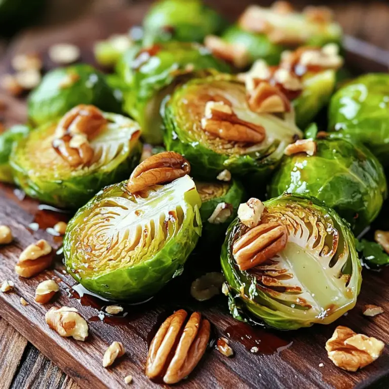 Für dieses leckere Rezept brauchst du einige frische Zutaten. Hier sind die Hauptzutaten: - 450 g Rosenkohl, geputzt und halbiert - 3 Esslöffel Olivenöl - 60 ml reiner Ahornsirup - 1 Esslöffel Dijon-Senf - 1/2 Teelöffel Knoblauchpulver - Salz und frisch gemahlener Pfeffer nach Geschmack - 30 g Pekannüsse, grob gehackt - 2 Esslöffel Balsamico-Essig Diese Zutaten sorgen für einen tollen Geschmack und eine wunderbare Textur. Die Wahl der Gewürze und Öle ist entscheidend für den Geschmack. Olivenöl bringt gesunde Fette mit. Es hilft, den Rosenkohl schön zu rösten. Dijon-Senf fügt eine würzige Note hinzu. Das Knoblauchpulver rundet das Aroma ab. Salz und Pfeffer setzen die Aromen perfekt in Szene. Du kannst das Rezept leicht verändern, um neue Geschmäcker zu entdecken. Hier sind einige Ideen: - Füge Speckstücke hinzu, um eine herzhafte Note zu erhalten. - Probiere Walnüsse anstelle von Pekannüssen für einen anderen Geschmack. - Experimentiere mit verschiedenen Essigen, wie Apfelessig, für einen fruchtigen Akzent. Mit diesen Zutaten kannst du deine eigenen köstlichen Variationen kreieren. Schau dir das Full Recipe an, um alle Schritte zu sehen! Zuerst waschen Sie die Rosenkohl. Schneiden Sie den Stiel ab und halbieren Sie sie. Achten Sie darauf, alle braunen Blätter zu entfernen. Frischer Rosenkohl ist wichtig. Er hat mehr Geschmack und Nährstoffe. Legen Sie die halbierten Rosenkohlhälften in eine große Schüssel. Jetzt bereiten wir die Marinade vor. Mischen Sie in einer Schüssel Olivenöl, reinen Ahornsirup, Dijon-Senf und Knoblauchpulver. Fügen Sie Salz und frisch gemahlenen Pfeffer hinzu. Rühren Sie alles gut um. Geben Sie die Marinade über die Rosenkohlhälften. Mischen Sie, bis sie gleichmäßig bedeckt sind. Diese Mischung macht die Rosenkohl süß und herzhaft. Heizen Sie den Ofen auf 200°C vor. Verteilen Sie die marinierten Rosenkohlhälften auf ein Backblech. Achten Sie darauf, dass sie sich nicht überlappen. Rösten Sie sie für 20-25 Minuten. Rühren Sie nach der Hälfte der Zeit um. So garen sie gleichmäßig. In den letzten fünf Minuten fügen Sie die gehackten Pekannüsse hinzu. Diese geben zusätzlichen Geschmack und Crunch. Nach dem Rösten träufeln Sie Balsamico-Essig darüber. Mischen Sie alles gut. Servieren Sie die Rosenkohl warm und genießen Sie den köstlichen Geschmack. Um knusprige Rosenkohl zu erhalten, gibt es einige einfache Tricks. Erstens, schneiden Sie die Rosenkohlhälften gleichmäßig. So garen sie gleichmäßig. Zweitens, verwenden Sie genug Öl. Das hilft beim Rösten und macht sie knusprig. Drittens, lassen Sie ausreichend Platz auf dem Backblech. Wenn die Rosenkohlhälften zu nah beieinander liegen, dampfen sie eher als rösten. Über-Rösten kann zu verbranntem Rosenkohl führen. Um das zu vermeiden, prüfen Sie die Rosenkohlhälften regelmäßig. Stellen Sie den Timer auf 10 Minuten und schauen Sie nach. Wenn sie goldbraun sind, ist es Zeit, sie zu wenden. Nach 20-25 Minuten sollten sie perfekt zart und karamellisiert sein. Achten Sie darauf, die Pekannüsse erst in den letzten fünf Minuten hinzuzufügen. So bleiben sie knusprig und frisch. Um Ihr Gericht schön zu präsentieren, nutzen Sie eine große Schüssel. Fügen Sie die gerösteten Rosenkohlhälften hinzu. Garnieren Sie sie mit zusätzlichen gehackten Pekannüssen. Ein Spritzer frischer Balsamico-Essig macht das Gericht noch ansprechender. Diese einfachen Tipps helfen, Ihre ahornsirup-glasierten Rosenkohl zu einem echten Hingucker zu machen. Wenn Sie mehr über das Rezept erfahren möchten, schauen Sie sich das [Full Recipe] an. {{image_4}} Ahornsirup-glasierte Rosenkohl mit Speck ist eine köstliche Variante. Der Speck bringt einen herzhaften Geschmack. Um dies zuzubereiten, fügen Sie einfach 100 g gewürfelten Speck zur Marinade hinzu. Röstet den Speck zusammen mit dem Rosenkohl. Der Speck wird knusprig und gibt dem Gericht zusätzliche Tiefe. Diese Kombination ist perfekt für ein festliches Abendessen oder ein einfaches Familienessen. Für eine gesunde, vegetarische Option können Sie Nüsse oder Kerne verwenden. Zum Beispiel können Sie Walnüsse oder Mandeln anstelle von Pekannüssen nehmen. Diese Nüsse fügen einen tollen Crunch hinzu. Sie können auch Sonnenblumenkerne oder Kürbiskerne nutzen. Diese Kombination ist nahrhaft und lecker. Rösten Sie die Nüsse oder Kerne im Ofen. Dies verstärkt ihren Geschmack und Aroma. Rosenkohl passt gut zu vielen Gerichten. Servieren Sie sie zu gebratenem Huhn oder einem saftigen Steak. Auch zu einem cremigen Risotto sind sie eine tolle Ergänzung. Diese Kombination bietet einen schönen Kontrast. Sie können die Rosenkohl auch als Hauptgericht verwenden. Fügen Sie Quinoa oder Reis hinzu, um eine vollwertige Mahlzeit zu schaffen. Vergessen Sie nicht, die Full Recipe für weitere Details zu nutzen! Wenn Sie Reste von den Ahornsirup-glasierten Rosenkohl haben, lagern Sie diese in einem luftdichten Behälter. So bleiben sie frisch und lecker. Stellen Sie sicher, dass der Behälter gut verschlossen ist, um Feuchtigkeit zu vermeiden. Lassen Sie die Reste vor dem Lagern auf Raumtemperatur abkühlen. Um die Reste wieder zu erhitzen, verwenden Sie den Ofen oder eine Pfanne. Im Ofen heizen Sie den Rosenkohl bei 180°C für etwa 10 bis 15 Minuten. In der Pfanne können Sie einen Esslöffel Olivenöl hinzufügen und bei mittlerer Hitze braten, bis sie warm sind. Dies hilft, die Knusprigkeit zu bewahren. Die Reste sind im Kühlschrank etwa 3 bis 5 Tage haltbar. Überprüfen Sie immer auf Anzeichen von Verderb, bevor Sie sie essen. Achten Sie auf Geruch oder Farbe. Wenn der Rosenkohl seltsam aussieht oder riecht, entsorgen Sie ihn. So stellen Sie sicher, dass Ihr Essen sicher und köstlich bleibt. Ahornsirup-glazierte Rosenkohl sind nahrhaft und lecker. Eine Portion hat etwa: - Kalorien: 180 kcal - Kohlenhydrate: 24 g - Fett: 9 g - Protein: 3 g - Ballaststoffe: 5 g Diese Nährwerte können leicht variieren, je nach Zutaten. Rosenkohl sind reich an Vitaminen und Antioxidantien. Sie unterstützen die Gesundheit und das Wohlbefinden. Die Kombination mit Ahornsirup und Nüssen fügt gesunde Fette und Süße hinzu. Frischer Rosenkohl ist immer eine gute Wahl. Er hat einen besseren Geschmack und eine festere Textur. Wenn Sie jedoch keinen frischen Rosenkohl finden, ist Tiefkühlware eine praktische Option. Tiefkühlrosenkohl sind oft direkt nach der Ernte eingefroren. Das hilft, die Nährstoffe zu bewahren. Achten Sie darauf, die gefrorenen Rosenkohl gut abzutropfen, bevor Sie sie verwenden. Um das Rezept vegan zu machen, können Sie die folgenden Änderungen vornehmen: - Ersetzen Sie den Honig durch mehr Ahornsirup oder Agavendicksaft. - Verwenden Sie anstelle von Dijon-Senf einen veganen Senf. - Achten Sie darauf, dass alle Zutaten pflanzlich sind. Diese Anpassungen machen das Gericht lecker und vegan. Es bleibt voll von Geschmack und Nährstoffen. Für das [Full Recipe] können Sie einfach die oben genannten Punkte befolgen. Ahornsirup-glasierte Rosenkohl ist einfach und lecker. Wir haben die Hauptzutaten und Gewürze besprochen. Die Schritt-für-Schritt-Anleitung hilft dir, die perfekten Rosenkohl zuzubereiten. Ich habe Tipps für knusprige Ergebnisse gegeben und Variationen empfohlen. Du kannst Reste richtig lagern und erhitzen. Mit diesen Informationen bist du bereit, ein tolles Gericht zu machen. Probiere es aus und genieße jeden Biss!