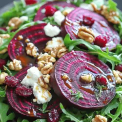 - 4 mittelgroße Rüben, geputzt und gewaschen - 2 Esslöffel Olivenöl - 4 Tassen gemischte Blattsalate (Rucola, Spinat und Frisée) - 1/2 Tasse Ziegenkäse, zerkrümelt - 1/2 Tasse Walnüsse, grob gehackt - 1/4 Tasse getrocknete Cranberries Die Rüben geben diesem Salat eine schöne Farbe und einen süßen Geschmack. Das Olivenöl bringt gesunde Fette in das Gericht. Ziegenkäse sorgt für einen cremigen Kontrast. Die Walnüsse fügen einen knackigen Biss hinzu, während die Cranberries eine fruchtige Süße bieten. Die gemischten Blattsalate machen den Salat frisch und leicht. - 2 Esslöffel Balsamico-Essig - 1 Esslöffel Honig - 1 Esslöffel Dijon-Senf - Salz und Pfeffer nach Geschmack Das Dressing ist einfach und schnell zuzubereiten. Balsamico-Essig bringt eine angenehme Säure. Honig süßt das Dressing leicht. Dijon-Senf gibt dem Ganzen einen würzigen Kick. Vergessen Sie nicht, mit Salz und Pfeffer abzuschmecken. Das Dressing rundet den Salat perfekt ab. Für das vollständige Rezept schauen Sie sich bitte [Full Recipe] an. Heize deinen Ofen auf 200 °C vor. Wickele jede Rübe in Alufolie. Lege sie auf ein Backblech. Röste die Rüben für 45 bis 60 Minuten. Sie sind fertig, wenn sie weich sind. Lass die Rüben abkühlen. Ziehe dann die Schalen ab. Röste die Walnüsse in einer trockenen Pfanne. Stelle die Pfanne auf mittlere Hitze. Rühre die Nüsse häufig um. Nach 5 bis 7 Minuten sind sie fertig. Sie sollten duften und leicht gebräunt sein. Nimm die Pfanne vom Herd und lege die Nüsse beiseite. In einer kleinen Schüssel mische Balsamico-Essig, Honig und Dijon-Senf. Füge das Olivenöl hinzu. Rühre alles gut um. Schmecke das Dressing mit Salz und Pfeffer ab. Schneide die abgekühlten Rüben in Spalten. In einer großen Schüssel mische die Blattsalate, Rüben, Ziegenkäse, Walnüsse und Cranberries. Träufle das Dressing gleichmäßig über den Salat. Vermenge alles vorsichtig, damit die Zutaten gut verteilt sind. Wenn du magst, garniere mit frischen Kräutern. Für detaillierte Anweisungen besuche die Full Recipe. Um Rüben perfekt zu rösten, heize deinen Ofen auf 200 °C vor. Wickel jede Rübe in Alufolie. Lege sie auf ein Backblech. Röste die Rüben für 45 bis 60 Minuten. Sie sind fertig, wenn eine Gabel leicht hineinstechen kann. Lass die Rüben abkühlen. Danach kannst du die Schalen einfach abziehen. Wenn du Ziegenkäse ersetzen möchtest, probiere veganen Frischkäse. Er hat eine ähnliche Textur. Für laktosefreie Optionen, suche nach laktosefreiem Ziegenkäse. Diese Käse sind oft leicht erhältlich. Beide Optionen passen gut zu deinem Salat. Falls du Allergien hast, kannst du die Walnüsse weglassen. Probiere stattdessen Sonnenblumenkerne oder Kürbiskerne. Sie bringen einen knusprigen Biss. Wenn du keine Cranberries magst, nutze Rosinen oder getrocknete Aprikosen. Diese Alternativen bringen auch eine süße Note in den Salat. {{image_4}} Der Röstsalat mit Rüben und Ziegenkäse ist sehr vielseitig. Sie können ihn leicht anpassen. Fügen Sie zum Beispiel frisches Obst hinzu. Äpfel oder Birnen passen gut. Sie bringen eine süße Note. Auch Avocado ist eine tolle Ergänzung. Sie macht den Salat cremiger. Gemüse wie Karotten oder Radieschen sind ebenfalls gute Optionen. Diese verleihen dem Salat mehr Textur. Experimentieren Sie mit verschiedenen Blattsalaten. Spinat, Rucola oder Feldsalat sind großartige Wahlmöglichkeiten. So bleibt der Salat frisch und spannend. Das Dressing macht den Salat besonders. Sie können verschiedene Dressings ausprobieren. Ein einfaches Zitronen-Dressing ist leicht und frisch. Kombinieren Sie Olivenöl mit Zitronensaft. Fügen Sie Salz und Pfeffer hinzu. Ein Joghurt-Dressing bringt eine andere Note. Mischen Sie Naturjoghurt mit Kräutern. Das gibt dem Salat einen cremigen Geschmack. Probieren Sie auch ein Senf-Honig-Dressing. Es passt gut zu den Rüben und dem Ziegenkäse. Zu diesem Salat passen viele Beilagen. Vollkornbrot oder Baguette ist eine einfache Wahl. Es ergänzt den Salat gut. Servieren Sie auch gegrilltes Gemüse. Das bringt neue Aromen auf den Tisch. Ein leichtes Hähnchen oder Lachsfilet sind gute Proteinquellen. Sie machen die Mahlzeit sättigender. Für einen Snack empfehlen sich geröstete Nüsse oder Kichererbsen. Diese sind knusprig und lecker. Für das vollständige Rezept schauen Sie sich den [Full Recipe] an. Bewahren Sie Reste des Röstsalats in einem luftdichten Behälter auf. Stellen Sie sicher, dass der Behälter gut verschlossen ist. Lagern Sie ihn im Kühlschrank. So bleibt der Salat frisch und lecker. Ich empfehle, den Salat innerhalb von drei Tagen zu essen. Je schneller, desto besser! Der Salat bleibt bis zu drei Tage frisch. Nach dieser Zeit kann der Geschmack nachlassen. Die Rüben verlieren ihre schöne Textur. Der Ziegenkäse kann auch weicher werden. Achten Sie darauf, den Salat vor dem Essen zu prüfen. Röstsalat mit Rüben und Ziegenkäse schmeckt am besten kalt. Aufwärmen ist nicht ideal. Wenn Sie möchten, erwärmen Sie die Rüben leicht in der Mikrowelle. Seien Sie vorsichtig, damit der Käse nicht schmilzt. Servieren Sie den Salat frisch für den besten Geschmack. Um diesen Salat zu machen, folgen Sie diesen Schritten: 1. Heizen Sie den Ofen auf 200 °C vor. 2. Wickeln Sie die Rüben in Alufolie und legen Sie sie auf ein Blech. 3. Rösten Sie die Rüben 45-60 Minuten, bis sie zart sind. 4. Lassen Sie die Rüben abkühlen und schälen Sie sie. 5. Rösten Sie die Walnüsse in einer Pfanne, bis sie duften. 6. Mischen Sie Balsamico, Honig, Senf und Öl in einer Schüssel. 7. Schneiden Sie die Rüben in Spalten und mischen Sie sie mit den Blattsalaten. 8. Fügen Sie Ziegenkäse, Walnüsse und Cranberries hinzu. 9. Träufeln Sie das Dressing über den Salat und vermengen Sie alles. Diese Schritte machen den Röstsalat mit Rüben und Ziegenkäse zu einem Genuss. Für das vollständige Rezept schauen Sie bitte [Full Recipe] an. Rote Rüben sind sehr gesund. Sie sind reich an Vitaminen und Mineralstoffen. Hier sind einige Vorteile: - Hoher Gehalt an Folsäure, gut für das Blut. - Reich an Ballaststoffen, wichtig für die Verdauung. - Enthalten Antioxidantien, die Zellen schützen. - Unterstützen die Herzgesundheit durch Blutdrucksenkung. Rüben sind also nicht nur lecker, sondern auch sehr nahrhaft. Ja, Sie können das Rezept leicht vegan anpassen. Hier sind ein paar Tipps: - Ersetzen Sie den Ziegenkäse durch einen veganen Käse oder Avocado. - Verwenden Sie Ahornsirup statt Honig für das Dressing. - Fügen Sie mehr Nüsse oder Samen für zusätzlichen Geschmack hinzu. Mit diesen Anpassungen bleibt der Salat köstlich und vegan. Der Röstsalat mit Rüben und Ziegenkäse bietet eine gesunde und schmackhafte Option. Wir haben die Hauptzutaten wie Rüben, Nüsse und ein einfaches Dressing besprochen. Die Schritt-für-Schritt-Anleitung hilft dir, nichts falsch zu machen. Tipps für Variationen und Lagerung geben dir mehr Flexibilität. Denke daran, du kannst das Rezept nach deinen Vorlieben anpassen. Ein leckerer Salat ist eine tolle Ergänzung für jede Mahlzeit. Probier es aus und genieße die Vielfalt!