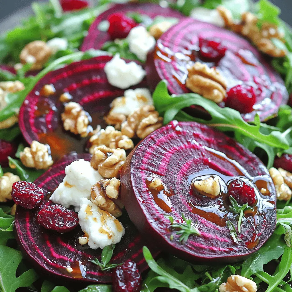 - 4 mittelgroße Rüben, geputzt und gewaschen - 2 Esslöffel Olivenöl - 4 Tassen gemischte Blattsalate (Rucola, Spinat und Frisée) - 1/2 Tasse Ziegenkäse, zerkrümelt - 1/2 Tasse Walnüsse, grob gehackt - 1/4 Tasse getrocknete Cranberries Die Rüben geben diesem Salat eine schöne Farbe und einen süßen Geschmack. Das Olivenöl bringt gesunde Fette in das Gericht. Ziegenkäse sorgt für einen cremigen Kontrast. Die Walnüsse fügen einen knackigen Biss hinzu, während die Cranberries eine fruchtige Süße bieten. Die gemischten Blattsalate machen den Salat frisch und leicht. - 2 Esslöffel Balsamico-Essig - 1 Esslöffel Honig - 1 Esslöffel Dijon-Senf - Salz und Pfeffer nach Geschmack Das Dressing ist einfach und schnell zuzubereiten. Balsamico-Essig bringt eine angenehme Säure. Honig süßt das Dressing leicht. Dijon-Senf gibt dem Ganzen einen würzigen Kick. Vergessen Sie nicht, mit Salz und Pfeffer abzuschmecken. Das Dressing rundet den Salat perfekt ab. Für das vollständige Rezept schauen Sie sich bitte [Full Recipe] an. Heize deinen Ofen auf 200 °C vor. Wickele jede Rübe in Alufolie. Lege sie auf ein Backblech. Röste die Rüben für 45 bis 60 Minuten. Sie sind fertig, wenn sie weich sind. Lass die Rüben abkühlen. Ziehe dann die Schalen ab. Röste die Walnüsse in einer trockenen Pfanne. Stelle die Pfanne auf mittlere Hitze. Rühre die Nüsse häufig um. Nach 5 bis 7 Minuten sind sie fertig. Sie sollten duften und leicht gebräunt sein. Nimm die Pfanne vom Herd und lege die Nüsse beiseite. In einer kleinen Schüssel mische Balsamico-Essig, Honig und Dijon-Senf. Füge das Olivenöl hinzu. Rühre alles gut um. Schmecke das Dressing mit Salz und Pfeffer ab. Schneide die abgekühlten Rüben in Spalten. In einer großen Schüssel mische die Blattsalate, Rüben, Ziegenkäse, Walnüsse und Cranberries. Träufle das Dressing gleichmäßig über den Salat. Vermenge alles vorsichtig, damit die Zutaten gut verteilt sind. Wenn du magst, garniere mit frischen Kräutern. Für detaillierte Anweisungen besuche die Full Recipe. Um Rüben perfekt zu rösten, heize deinen Ofen auf 200 °C vor. Wickel jede Rübe in Alufolie. Lege sie auf ein Backblech. Röste die Rüben für 45 bis 60 Minuten. Sie sind fertig, wenn eine Gabel leicht hineinstechen kann. Lass die Rüben abkühlen. Danach kannst du die Schalen einfach abziehen. Wenn du Ziegenkäse ersetzen möchtest, probiere veganen Frischkäse. Er hat eine ähnliche Textur. Für laktosefreie Optionen, suche nach laktosefreiem Ziegenkäse. Diese Käse sind oft leicht erhältlich. Beide Optionen passen gut zu deinem Salat. Falls du Allergien hast, kannst du die Walnüsse weglassen. Probiere stattdessen Sonnenblumenkerne oder Kürbiskerne. Sie bringen einen knusprigen Biss. Wenn du keine Cranberries magst, nutze Rosinen oder getrocknete Aprikosen. Diese Alternativen bringen auch eine süße Note in den Salat. {{image_4}} Der Röstsalat mit Rüben und Ziegenkäse ist sehr vielseitig. Sie können ihn leicht anpassen. Fügen Sie zum Beispiel frisches Obst hinzu. Äpfel oder Birnen passen gut. Sie bringen eine süße Note. Auch Avocado ist eine tolle Ergänzung. Sie macht den Salat cremiger. Gemüse wie Karotten oder Radieschen sind ebenfalls gute Optionen. Diese verleihen dem Salat mehr Textur. Experimentieren Sie mit verschiedenen Blattsalaten. Spinat, Rucola oder Feldsalat sind großartige Wahlmöglichkeiten. So bleibt der Salat frisch und spannend. Das Dressing macht den Salat besonders. Sie können verschiedene Dressings ausprobieren. Ein einfaches Zitronen-Dressing ist leicht und frisch. Kombinieren Sie Olivenöl mit Zitronensaft. Fügen Sie Salz und Pfeffer hinzu. Ein Joghurt-Dressing bringt eine andere Note. Mischen Sie Naturjoghurt mit Kräutern. Das gibt dem Salat einen cremigen Geschmack. Probieren Sie auch ein Senf-Honig-Dressing. Es passt gut zu den Rüben und dem Ziegenkäse. Zu diesem Salat passen viele Beilagen. Vollkornbrot oder Baguette ist eine einfache Wahl. Es ergänzt den Salat gut. Servieren Sie auch gegrilltes Gemüse. Das bringt neue Aromen auf den Tisch. Ein leichtes Hähnchen oder Lachsfilet sind gute Proteinquellen. Sie machen die Mahlzeit sättigender. Für einen Snack empfehlen sich geröstete Nüsse oder Kichererbsen. Diese sind knusprig und lecker. Für das vollständige Rezept schauen Sie sich den [Full Recipe] an. Bewahren Sie Reste des Röstsalats in einem luftdichten Behälter auf. Stellen Sie sicher, dass der Behälter gut verschlossen ist. Lagern Sie ihn im Kühlschrank. So bleibt der Salat frisch und lecker. Ich empfehle, den Salat innerhalb von drei Tagen zu essen. Je schneller, desto besser! Der Salat bleibt bis zu drei Tage frisch. Nach dieser Zeit kann der Geschmack nachlassen. Die Rüben verlieren ihre schöne Textur. Der Ziegenkäse kann auch weicher werden. Achten Sie darauf, den Salat vor dem Essen zu prüfen. Röstsalat mit Rüben und Ziegenkäse schmeckt am besten kalt. Aufwärmen ist nicht ideal. Wenn Sie möchten, erwärmen Sie die Rüben leicht in der Mikrowelle. Seien Sie vorsichtig, damit der Käse nicht schmilzt. Servieren Sie den Salat frisch für den besten Geschmack. Um diesen Salat zu machen, folgen Sie diesen Schritten: 1. Heizen Sie den Ofen auf 200 °C vor. 2. Wickeln Sie die Rüben in Alufolie und legen Sie sie auf ein Blech. 3. Rösten Sie die Rüben 45-60 Minuten, bis sie zart sind. 4. Lassen Sie die Rüben abkühlen und schälen Sie sie. 5. Rösten Sie die Walnüsse in einer Pfanne, bis sie duften. 6. Mischen Sie Balsamico, Honig, Senf und Öl in einer Schüssel. 7. Schneiden Sie die Rüben in Spalten und mischen Sie sie mit den Blattsalaten. 8. Fügen Sie Ziegenkäse, Walnüsse und Cranberries hinzu. 9. Träufeln Sie das Dressing über den Salat und vermengen Sie alles. Diese Schritte machen den Röstsalat mit Rüben und Ziegenkäse zu einem Genuss. Für das vollständige Rezept schauen Sie bitte [Full Recipe] an. Rote Rüben sind sehr gesund. Sie sind reich an Vitaminen und Mineralstoffen. Hier sind einige Vorteile: - Hoher Gehalt an Folsäure, gut für das Blut. - Reich an Ballaststoffen, wichtig für die Verdauung. - Enthalten Antioxidantien, die Zellen schützen. - Unterstützen die Herzgesundheit durch Blutdrucksenkung. Rüben sind also nicht nur lecker, sondern auch sehr nahrhaft. Ja, Sie können das Rezept leicht vegan anpassen. Hier sind ein paar Tipps: - Ersetzen Sie den Ziegenkäse durch einen veganen Käse oder Avocado. - Verwenden Sie Ahornsirup statt Honig für das Dressing. - Fügen Sie mehr Nüsse oder Samen für zusätzlichen Geschmack hinzu. Mit diesen Anpassungen bleibt der Salat köstlich und vegan. Der Röstsalat mit Rüben und Ziegenkäse bietet eine gesunde und schmackhafte Option. Wir haben die Hauptzutaten wie Rüben, Nüsse und ein einfaches Dressing besprochen. Die Schritt-für-Schritt-Anleitung hilft dir, nichts falsch zu machen. Tipps für Variationen und Lagerung geben dir mehr Flexibilität. Denke daran, du kannst das Rezept nach deinen Vorlieben anpassen. Ein leckerer Salat ist eine tolle Ergänzung für jede Mahlzeit. Probier es aus und genieße die Vielfalt!