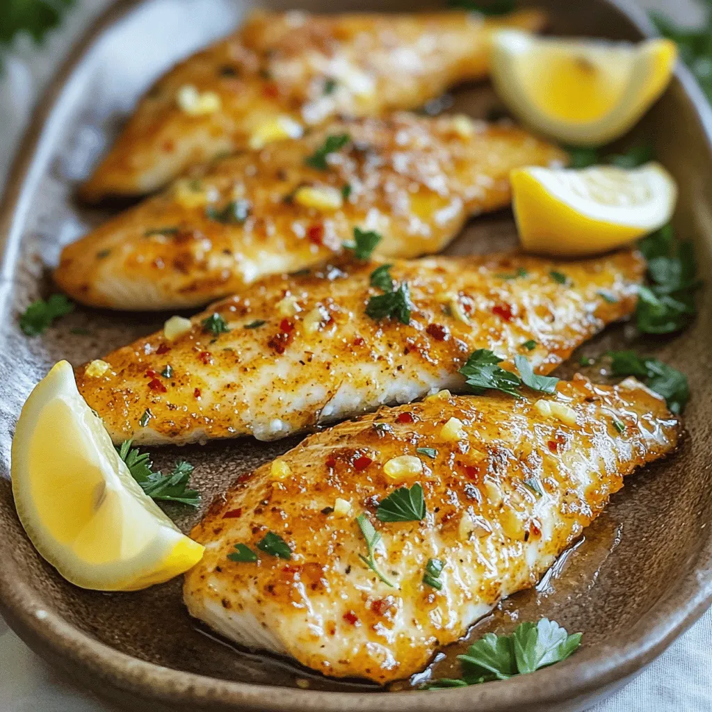 - 4 Tilapiafilets - 4 Esslöffel Olivenöl - 4 Knoblauchzehen, fein gehackt - 1 Teelöffel rote Pfefferflocken - Abgeriebene Schale und Saft von 2 Zitronen - 1 Teelöffel geräuchertes Paprikapulver - Salz und Pfeffer nach Geschmack - Frische Petersilie oder Koriander zur Garnitur - Backblech - Backpapier oder Kochspray - Kleine Schüssel - Pinsel oder Löffel Ich liebe es, frische Zutaten zu verwenden. Die Kombination von Zitronen und Knoblauch gibt dem Tilapia viel Geschmack. Die rote Pfefferflocke bringt eine angenehme Schärfe. Geräuchertes Paprikapulver fügt ein wenig Tiefe hinzu. Diese Zutaten sind einfach zu finden und machen das Gericht besonders. Für die Zubereitung brauchst du ein Backblech, um den Fisch gleichmäßig zu garen. Backpapier hilft, die Reinigung einfach zu halten. Eine kleine Schüssel ist perfekt für die Marinade. Ein Pinsel oder Löffel macht es leicht, die Marinade auf den Fisch aufzutragen. Mit diesen Zutaten und Geräten kannst du den leckeren Spicy Lemon Garlic Baked Tilapia ganz einfach zubereiten. Probiere das Rezept aus und entdecke die Aromen selbst. Weitere Details findest du im Full Recipe. - Ofen vorheizen auf 200°C (400°F) - Backblech vorbereiten Heize deinen Ofen auf 200°C (400°F) vor. Dies sorgt dafür, dass der Fisch gleichmäßig gart. Bereite ein Backblech vor, indem du es mit Backpapier auslegst oder leicht mit Kochspray einfettest. So bleibt der Fisch nicht kleben und die Reinigung ist einfacher. - Zutaten in der Schüssel vermengen - Wie man die Marinade richtig anwendet Nimm eine kleine Schüssel und vermenge die folgenden Zutaten: 4 Esslöffel Olivenöl, 4 fein gehackte Knoblauchzehen, 1 Teelöffel rote Pfefferflocken, die abgeriebene Schale und den Saft von 2 Zitronen, 1 Teelöffel geräuchertes Paprikapulver, sowie Salz und Pfeffer nach Geschmack. Rühre alles gut um, bis du eine gleichmäßige Marinade hast. Verteile die Marinade großzügig auf den Tilapiafilets. Nutze einen Pinsel oder einen Löffel, um sicherzustellen, dass die Gewürze gut verteilt sind. Achte darauf, dass auch Stücke von Knoblauch auf dem Fisch bleiben. Dies gibt dem Gericht einen tollen Geschmack. - Tilapiafilets auflegen - Backzeit und Garpunkt beachten Lege die marinierten Tilapiafilets auf das vorbereitete Backblech. Jetzt ist es Zeit, den Fisch zu backen. Lasse ihn für etwa 15 bis 20 Minuten im Ofen. Achte darauf, dass der Fisch undurchsichtig ist und sich leicht mit einer Gabel zerteilen lässt. Die genaue Garzeit kann je nach Dicke der Filets variieren. Wenn der Fisch fertig ist, nimm ihn aus dem Ofen und lasse ihn einige Minuten ruhen. Du kannst die Tilapiafilets dann mit frischer Petersilie oder Koriander garnieren, bevor du sie servierst. Dieses Gericht ist einfach und lecker, perfekt für ein schnelles Abendessen. Schau dir das [Full Recipe] an, um noch mehr Tipps zu erhalten! Die Garzeit für Tilapia hängt stark von der Dicke der Filets ab. Dünnere Filets brauchen nur 15 Minuten. Dickere Filets können bis zu 20 Minuten benötigen. Überprüfen Sie den Fisch nach 15 Minuten. Er sollte undurchsichtig sein und leicht zerfallen. Ein häufiger Fehler ist, den Fisch zu lange zu backen. Das macht ihn trocken. Achten Sie darauf, die Filets gleichmäßig mit der Marinade zu bestreichen. So bleibt der Geschmack intensiv. Um das Gericht ansprechend zu gestalten, servieren Sie die Tilapiafilets auf einer schönen Platte. Garnieren Sie sie mit Zitronenscheiben und frisch gehackten Kräutern. Diese Farben machen das Gericht lebendig. Gut passende Beilagen sind gedämpftes grünes Gemüse oder ein leichter Salat. Diese geben dem Gericht Frische und machen es noch schöner. Für festliche Anlässe können Sie das Rezept variieren. Fügen Sie zum Beispiel frische Kräuter wie Basilikum oder Dill hinzu. Diese geben dem Gericht eine besondere Note. Wenn Sie ein schnelles Abendessen suchen, können Sie die Marinade am Morgen vorbereiten. Marinieren Sie den Fisch dann im Kühlschrank. So ist er abends schnell fertig. Nutzen Sie die Zeit, um eine einfache Beilage zuzubereiten. So sparen Sie Zeit und genießen ein leckeres Essen. {{image_4}} Für mehr Geschmack können Sie verschiedene Kräuter verwenden. Basilikum, Thymian oder Oregano passen gut. Diese Kräuter bringen frische Aromen in das Gericht. Sie können auch andere Fischsorten wie Lachs oder Kabeljau verwenden. Bei diesen Fischen passen die gleichen Gewürze perfekt. Passen Sie die Marinade leicht an. So bleibt der Geschmack intensiv und lecker. Eine vegetarische Variante ist einfach zu machen. Statt Fisch können Sie Gemüse nutzen. Zucchini, Paprika oder Auberginen sind gute Optionen. Schneiden Sie das Gemüse in Scheiben oder Stücke. Marinieren Sie es wie die Tilapiafilets. Auch eine Soße aus Joghurt oder Tahini passt gut dazu. Diese Soßen bringen Cremigkeit und zusätzlichen Geschmack. Sie können die Tilapia auch auf dem Grill zubereiten. Grillen bringt einen tollen Rauchgeschmack. Legen Sie die Filets auf den Grill, bis sie gar sind. Achten Sie auf eine kürzere Kochzeit. In der Pfanne können Sie die Tilapia ebenfalls braten. Verwenden Sie etwas mehr Öl, um ein Ankleben zu vermeiden. Die Garzeit kann hier variieren, je nach Dicke des Fisches. - Bewahren Sie übrig gebliebene Tilapia in einem luftdichten Behälter auf. - Stellen Sie sicher, dass der Behälter gut verschlossen ist. - Lagern Sie die Tilapia im Kühlschrank. So bleibt der Fisch frisch. - Essen Sie die Reste innerhalb von zwei Tagen, um den besten Geschmack zu genießen. - Um Tilapiafilets einzufrieren, wickeln Sie jedes Filet in Frischhaltefolie. - Legen Sie die gewickelten Filets in einen Gefrierbeutel. - Drücken Sie die Luft aus dem Beutel, bevor Sie ihn schließen. - Tilapia kann bis zu drei Monate im Gefrierfach bleiben. - Zum Auftauen legen Sie die Filets in den Kühlschrank über Nacht. - Bereiten Sie die aufgetauten Filets wie gewohnt zu. - Teilen Sie die Tilapia in Portionen für zukünftige Mahlzeiten. - Nutzen Sie Portionierungsbehälter für die Aufbewahrung. - So haben Sie immer eine gesunde und schnelle Lösung. - Portionierung hilft auch, Lebensmittelverschwendung zu vermeiden. - Denken Sie daran, die Portionen nach Größe und Bedarf anzupassen. Backen Sie Tilapia für 15 bis 20 Minuten. Die Garzeit hängt von der Dicke der Filets ab. Wenn der Fisch undurchsichtig ist, ist er fertig. Er sollte sich leicht mit einer Gabel zerteilen lassen. Ja, Sie können Tilapia ohne Haut zubereiten. Die Haut gibt Geschmack und hält den Fisch saftig. Ohne Haut wird der Fisch leichter, aber auch weniger aromatisch. Wenn Sie den Geschmack intensiver wollen, lassen Sie die Haut dran. Zu Spicy Lemon Garlic Baked Tilapia passen viele Beilagen gut. Hier sind einige Vorschläge: - Gedämpftes grünes Gemüse - Ein leichter Salat - Reis oder Quinoa - Ofenkartoffeln Diese Beilagen ergänzen den Geschmack der Tilapia und sorgen für ein ausgewogenes Essen. Tilapia ist eine gesunde Wahl. Es enthält viel Eiweiß und wenig Fett. Außerdem ist es reich an wichtigen Nährstoffen wie Vitamin B12 und Omega-3-Fettsäuren. Diese Nährstoffe unterstützen das Herz und die Gesundheit des Gehirns. Genießen Sie Tilapia als Teil einer ausgewogenen Ernährung. Zusammenfassend haben wir die Zutaten, die Zubereitung und die Tipps für Tilapia behandelt. Dieses Gericht ist einfach und vielseitig. Du kannst die Gewürze ändern oder das Rezept für besondere Anlässe anpassen. Denke auch an die Lagerung für Reste. Mit ein wenig Kreativität kannst du tolle Abwandlungen schaffen. Tilapia ist nicht nur lecker, sondern auch gesund. Probiere die verschiedenen Möglichkeiten aus und finde deinen Favoriten!