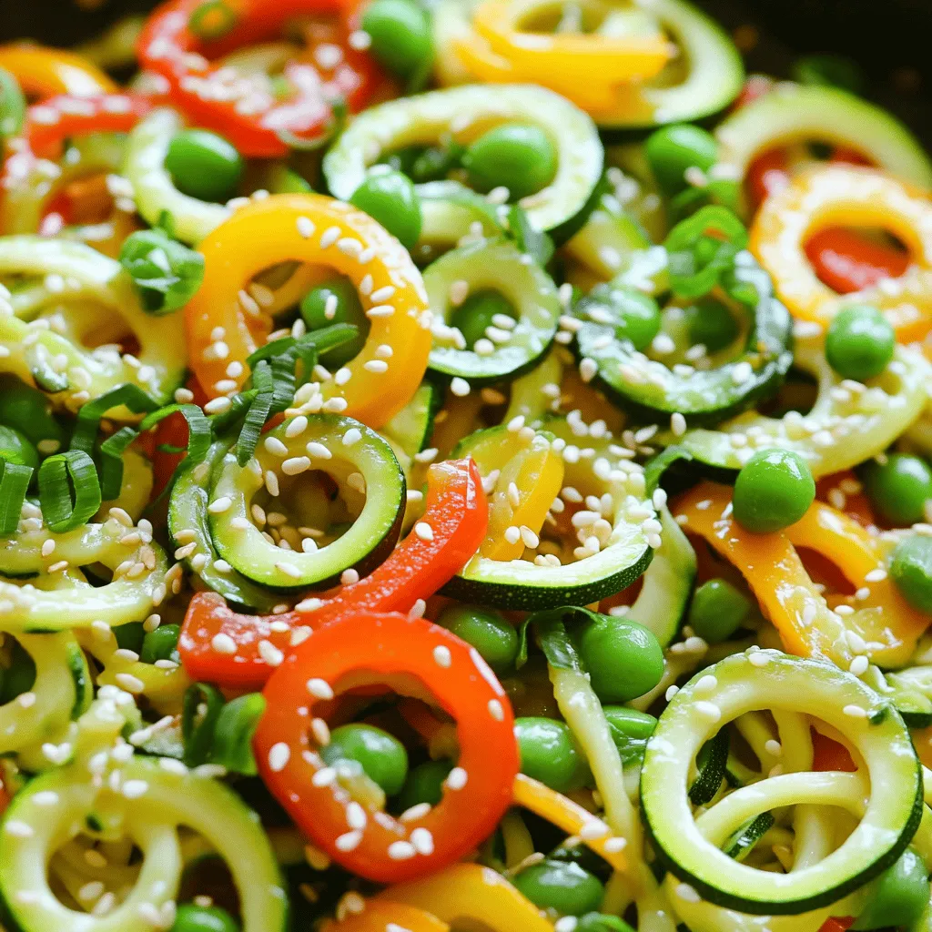 Für eine leckere Zucchini-Nudel-Pfanne brauchst du frische und gesunde Zutaten. Hier ist die Liste: - 3 mittelgroße Zucchini, spiralisiert - 1 Tasse Paprika (rot, gelb, grün), in Scheiben geschnitten - 1 Tasse Zuckerschoten, die Enden beschnitten - 1 Karotte, in Julienne geschnitten - 1 kleine rote Zwiebel, dünn geschnitten - 3 Knoblauchzehen, fein gehackt - 1 Esslöffel Ingwer, frisch gerieben - 3 Esslöffel Sojasauce (oder Tamari für glutenfrei) - 1 Esslöffel Sesamöl - 1 Esslöffel Olivenöl - 1 Teelöffel Chiliflocken (optional, für Schärfe) - 2 Frühlingszwiebeln, gehackt - Geröstete Sesamsamen zur Garnierung Diese Zutaten machen dein Gericht bunt und voller Geschmack. Zucchini ist reich an Vitaminen und Mineralstoffen. Sie enthält Vitamin C, das dein Immunsystem stärkt. Zucchini hat auch viele Ballaststoffe. Diese helfen, die Verdauung zu fördern. Außerdem sind Zucchini kalorienarm. Das macht sie zu einer guten Wahl, wenn du auf dein Gewicht achten möchtest. Die Antioxidantien in Zucchini schützen deine Zellen vor Schäden. So unterstützt Zucchini deine Gesundheit auf viele Arten. Falls du keine Zucchini magst, kannst du auch andere Gemüsesorten verwenden. Spaghetti-Kürbis ist eine gute Wahl. Auch Karotten oder Süßkartoffeln passen gut. Für die Sojasauce kannst du Kokosnussaminos verwenden, wenn du es salzärmer magst. Wenn du kein Sesamöl hast, benutze einfach Olivenöl. Diese Alternativen machen das Gericht ebenso lecker. Du kannst die Zucchini-Nudel-Pfanne nach deinem Geschmack anpassen. Probier es aus und finde deine Lieblingskombination! Zuerst nehme ich die Zucchini und verwandele sie in Nudeln. Ich benutze dafür einen Spiralisierer. Man kann auch einen Gemüseschäler nutzen, wenn man keinen Spiralisierer hat. Ich lege die Zucchininudeln in eine große Schüssel und stelle sie beiseite. So bleiben sie frisch, während ich das andere Gemüse vorbereite. Jetzt schneide ich das Gemüse. Ich nehme eine Tasse Paprika in verschiedenen Farben. Das sieht schön aus und gibt Geschmack. Dann schneide ich eine Karotte in dünne Streifen. Zuckerschoten habe ich auch, die ich einfach an den Enden schneide. Eine kleine rote Zwiebel wird dünn geschnitten. Zuletzt hacke ich drei Knoblauchzehen und reibe einen Esslöffel frischen Ingwer. Ich erhitze eine große Pfanne mit einem Esslöffel Olivenöl. Das Öl sollte heiß sein, damit das Gemüse gut brät. Zuerst gebe ich die rote Zwiebel in die Pfanne. Nach zwei Minuten kommt der Knoblauch und der Ingwer dazu. Ich rühre das Ganze für 30 Sekunden um, bis es gut riecht. Dann füge ich die Paprika, Zuckerschoten und Karotte hinzu. Ich brate alles für etwa 3 bis 4 Minuten. Die Mischung sollte zart, aber noch knackig sein. Jetzt kommt die Sojasauce und das Sesamöl dazu. Ich vermenge alles gut. Die Zucchininudeln gebe ich zuletzt in die Pfanne. Ich vermenge sie vorsichtig, damit sie nicht matschig werden. Nach 2 bis 3 Minuten sind sie perfekt durchgewärmt. Ich nehme die Pfanne vom Herd und füge die gehackten Frühlingszwiebeln hinzu. Jetzt kann ich alles anrichten. Ich serviere die Zucchini-Nudel-Pfanne sofort und garniere sie mit gerösteten Sesamsamen. So sieht das Gericht nicht nur gut aus, sondern schmeckt auch toll. Um das Gemüse knackig zu halten, brate es kurz und heiß. Beginne mit der Zwiebel, damit sie weich wird. Füge dann den Knoblauch und den Ingwer hinzu. Rühre alles gut um, damit die Aromen sich entfalten. Die Paprika, Zuckerschoten und Karotte kommen danach ins Spiel. Brate sie 3 bis 4 Minuten. Das Gemüse soll zart, aber noch knackig sein. So bleibt der Biss erhalten und die Farben leuchten. Für eine vegane Version kannst du die Sojasauce durch Tamari ersetzen. Das macht das Gericht glutenfrei. Du kannst auch mehr Gemüse hinzufügen, wie Brokkoli oder Pilze. Das bringt mehr Geschmack und Nährstoffe. Wenn du Protein brauchst, füge Tofu oder Bohnen hinzu. Diese Optionen halten das Gericht nahrhaft und lecker. Ein häufiger Fehler ist, das Gemüse zu lange zu braten. Das macht es matschig. Achte darauf, die Hitze hoch genug zu halten. Verwende frische Zutaten, denn alte Gemüse verlieren ihren Geschmack. Ein weiterer Fehler ist, die Zucchini zu früh hinzuzufügen. Sie sind zart und brauchen nur 2-3 Minuten. So bleiben sie frisch und knackig. Für mehr Details, schau dir das [Full Recipe]. {{image_4}} Fügen Sie Hühnchen, Tofu oder Garnelen zu Ihrer Zucchini-Nudel-Pfanne hinzu. Diese Zutaten bieten mehr Protein und machen das Gericht sättigender. Wenn Sie Tofu verwenden, braten Sie ihn zuerst an, bis er goldbraun ist. Dann geben Sie ihn mit dem Gemüse in die Pfanne. Für Hühnchen oder Garnelen, braten Sie diese separat an und mischen Sie sie am Ende unter. So bleibt alles frisch und lecker. Nutzen Sie saisonales Gemüse, um Ihre Pfanne interessant zu halten. Im Frühling können Sie Spargel oder Erbsen hinzufügen. Im Sommer passen Tomaten oder Brokkoli gut dazu. Im Herbst sind Kürbis oder Pilze tolle Optionen. Im Winter bringen Grünkohl oder Rosenkohl Farbe und Nährstoffe in Ihr Gericht. Experimentieren Sie mit verschiedenen Farben und Texturen. Die Wahl der Gewürze macht Ihr Gericht einzigartig. Neben Sojasauce können Sie Teriyaki- oder Erdnusssoße verwenden. Fügen Sie frische Kräuter wie Basilikum oder Koriander hinzu, um mehr Geschmack zu erzielen. Für einen zusätzlichen Kick können Sie Chili- oder Knoblauchpulver verwenden. Seien Sie kreativ und passen Sie die Soßen nach Ihrem Geschmack an. Für mehr Informationen, schauen Sie sich das [Full Recipe] an. Um die Reste Ihrer Zucchini-Nudel-Pfanne frisch zu halten, legen Sie sie in einen luftdichten Behälter. Stellen Sie sicher, dass die Nudeln und das Gemüse gut abgekühlt sind, bevor Sie sie lagern. So verhindern Sie, dass sich die Feuchtigkeit sammelt und das Gemüse matschig wird. Der Behälter sollte im Kühlschrank aufbewahrt werden. Die Zucchini-Nudeln bleiben etwa 2 bis 3 Tage frisch. Nach dieser Zeit können sie ihre Textur und den Geschmack verlieren. Achten Sie darauf, die Reste vor dem Verzehr zu prüfen. Wenn sie unangenehm riechen oder schleimig sind, sollten Sie sie wegwerfen. Um die Zucchini-Nudeln wieder aufzuwärmen, verwenden Sie eine Pfanne bei mittlerer Hitze. Geben Sie einen Spritzer Öl hinzu, um ein Ankleben zu verhindern. Fügen Sie die Reste hinzu und rühren Sie sie vorsichtig um. Erhitzen Sie sie nur kurz, bis sie warm sind. So bleiben sie knackig und lecker. Vermeiden Sie es, sie zu lange zu erhitzen, da sie sonst matschig werden. Ja, du kannst Zucchini-Nudeln im Voraus machen. Es ist am besten, sie frisch zuzubereiten. Wenn du sie jedoch vorbereiten möchtest, kannst du sie spiralisiert und in einer Schüssel aufbewahren. Achte darauf, sie mit einem Handtuch leicht abzutrocknen. So verlieren sie weniger Wasser. Lagere sie im Kühlschrank in einem luftdichten Behälter. So bleiben sie bis zu zwei Tage frisch. Zucchini-Nudeln sind sehr kohlenhydratarm. Eine Tasse Zucchini-Nudeln hat nur etwa 4 Gramm Kohlenhydrate. Das macht sie zu einer tollen Wahl für Low-Carb-Diäten. Wenn du das Gericht mit Gemüse und einer leichten Soße zubereitest, bleibt die Kohlenhydratzahl niedrig. So kannst du gesund essen und trotzdem lecker genießen. Übrig gebliebene Zucchini-Nudeln sind vielseitig. Du kannst sie in Salaten verwenden oder in Omeletts einfügen. Sie passen gut zu Saucen und Dips. Du kannst sie auch schnell in einer Pfanne mit etwas Öl anbraten. So erhältst du eine leckere Beilage. Zusätzlich kannst du sie einfrieren, wenn du sie länger aufbewahren möchtest. Achte darauf, sie gut zu verpacken, damit sie frisch bleiben. Für das vollständige Rezept, schau dir die Full Recipe an. Zucchini-Nudeln sind einfach und gesund. Wir haben die Hauptzutaten und deren Vorteile besprochen. Die Schritt-für-Schritt-Anleitung macht die Zubereitung leicht. Mit meinen Tipps wird dein Gemüse knackig und lecker. So kannst du bei Bedarf auch vegane oder glutenfreie Optionen wählen. Denk an die vielen Variationen für mehr Geschmack. Reste richtig lagern, damit du lange Freude daran hast. Experimentiere, habe Spaß und genieße dein gesundes Gericht!