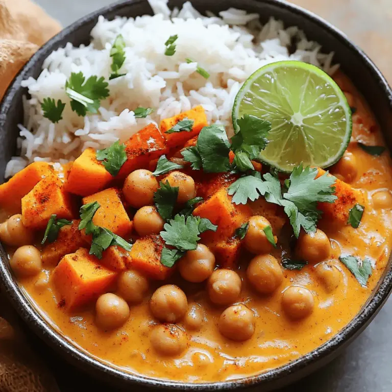 Für das leckere Süßkartoffel-Kichererbsen-Curry benötigst du einige Hauptzutaten: - 2 mittelgroße Süßkartoffeln, geschält und gewürfelt - 1 Dose (425 g) Kichererbsen, abgetropft und abgespült - 1 Dose (400 ml) Kokosmilch - 1 große Zwiebel, fein gehackt - 3 Zehen Knoblauch, gehackt - 1 Esslöffel Ingwer, gerieben - 2 Esslöffel Currypulver - 1 Teelöffel Kreuzkümmel - 1/2 Teelöffel Kurkuma - 1 Dose (400 g) gewürfelte Tomaten (mit Saft) - 500 ml Gemüsebrühe - 2 Esslöffel Olivenöl - Salz und Pfeffer nach Geschmack - Frischer Koriander, zum Garnieren - Limettenschnitze, zum Servieren Diese Zutaten geben dem Curry eine tolle Basis. Die Süßkartoffeln machen es cremig und süß. Kichererbsen bringen Proteine, die dich satt machen. Gewürze sind der Schlüssel zu jedem guten Curry. Hier sind die wichtigen Gewürze: - Currypulver bringt Tiefe und Wärme. - Kreuzkümmel fügt einen nussigen Geschmack hinzu. - Kurkuma sorgt für die schöne Farbe. Diese Gewürze arbeiten zusammen und machen das Curry aromatisch. Röste sie kurz an, bevor du die anderen Zutaten hinzufügst. So entfalten sich die Aromen besser. Frische Kräuter machen das Gericht lebendig! Zum Garnieren empfehle ich frischen Koriander. Er hat einen tollen Geschmack und sieht schön aus. Wenn du keinen Koriander magst, probiere Petersilie. Wenn du keine Süßkartoffeln hast, kannst du auch Kürbis verwenden. Er hat eine ähnliche Textur. Für eine scharfe Note füge Chili oder Cayennepfeffer hinzu. Du kannst das Curry auch variieren. Füge zum Beispiel Spinat oder Brokkoli hinzu. Das gibt noch mehr Nährstoffe und Farbe. Für die vollständige Anleitung und mehr Details, schau dir das [Full Recipe] an. Zuerst sammeln wir alle Zutaten für das Süßkartoffel-Kichererbsen-Curry. Das macht das Kochen einfacher und schneller. Hier sind die Zutaten: - 2 mittelgroße Süßkartoffeln, geschält und gewürfelt - 1 Dose (425 g) Kichererbsen, abgetropft und abgespült - 1 Dose (400 ml) Kokosmilch - 1 große Zwiebel, fein gehackt - 3 Zehen Knoblauch, minced - 1 Esslöffel Ingwer, gerieben - 2 Esslöffel Currypulver - 1 Teelöffel Kreuzkümmel - 1/2 Teelöffel Kurkuma - 1 Dose (400 g) gewürfelte Tomaten (mit Saft) - 500 ml Gemüsebrühe - 2 Esslöffel Olivenöl - Salz und Pfeffer nach Geschmack - Frischer Koriander, zum Garnieren - Limettenschnitze, zum Servieren Jetzt geht es ans Kochen. Erhitze das Olivenöl in einem großen Topf bei mittlerer Hitze. Füge die gehackte Zwiebel hinzu und brate sie etwa 5 Minuten, bis sie glasig ist. Das gibt der Basis viel Geschmack. Dann kommen der gehackte Knoblauch und der geriebene Ingwer dazu. Brate alles 1-2 Minuten weiter, damit sich die Aromen entfalten. Jetzt sind die Gewürze dran! Currypulver, Kreuzkümmel und Kurkuma sollten in den Topf. Rühre sie 1 Minute lang unter ständigem Rühren an, um die Aromen zu intensivieren. Jetzt fügen wir die Süßkartoffeln, Kichererbsen, gewürfelte Tomaten, Kokosmilch und Gemüsebrühe hinzu. Mische alles gut. Lass die Mischung zum Köcheln bringen. Decke dann den Topf ab und reduziere die Hitze. Lass das Curry 20-25 Minuten köcheln, bis die Süßkartoffeln weich sind. Um die beste Konsistenz zu erreichen, schmecke das Curry zum Schluss ab. Füge Salz und Pfeffer nach Geschmack hinzu. Wenn du ein dickeres Curry möchtest, lass es ohne Deckel für zusätzliche 5-10 Minuten köcheln. Nach dem Kochen nimm den Topf vom Herd. Lass das Curry ein paar Minuten ruhen. Das gibt den Aromen Zeit, sich zu setzen. Zum Servieren kannst du frischen Koriander darüber streuen und Limettenschnitze dazugeben. So wird dein Süßkartoffel-Kichererbsen-Curry noch leckerer. Für das vollständige Rezept, siehe [Full Recipe]. Das Würzen ist entscheidend für den Geschmack des Currys. Beginne mit dem Currypulver. Du kannst auch Kreuzkümmel und Kurkuma hinzufügen. Diese Gewürze bringen Wärme und Tiefe. Nach dem Kochen probiere das Curry. Magst du es schärfer? Füge mehr Curry hinzu. Möchtest du mehr Frische? Ein Spritzer Limettensaft wirkt Wunder. Ein häufiger Fehler ist, die Gewürze nicht richtig zu rösten. Röste sie für eine Minute, bevor du die Flüssigkeiten hinzufügst. Das bringt die Aromen hervor. Ein weiterer Fehler ist, das Curry zu lange zu kochen. Die Süßkartoffeln sollten weich, aber nicht matschig sein. Verliere nicht das Timing aus den Augen. Achte auch auf die Konsistenz. Wenn das Curry zu dünn ist, lasse es offen köcheln. Ein großer Topf ist ideal für dieses Curry. Er sorgt für gleichmäßiges Kochen. Ein Holzlöffel ist perfekt zum Rühren. Verwende einen Messbecher für die Flüssigkeiten. Das ergibt die richtige Menge. Ein Mixer ist nützlich, wenn du eine cremigere Konsistenz magst. Du kannst die Kichererbsen und Kokosmilch auch pürieren. So wird das Curry noch reichhaltiger. Für die vollständige Anleitung schaue dir das Full Recipe an. {{image_4}} Süßkartoffel-Kichererbsen-Curry ist von Natur aus vegan. Es enthält keine tierischen Produkte. Diese Mahlzeit ist perfekt für alle, die pflanzlich essen. Du kannst das Curry auch für Vegetarier anpassen, indem du Käse oder Joghurt hinzufügst. Achte jedoch darauf, dass diese Zutaten die vegane Option ausschließen. Um das Curry noch schmackhafter zu machen, füge frisches Gemüse hinzu. Mangold oder Spinat geben einen tollen Farbkontrast. Auch rote Paprika passt gut dazu. Für einen scharfen Kick kannst du frische Chilis oder Cayennepfeffer verwenden. Nüsse wie Cashews oder Mandeln bringen Crunch und mehr Geschmack. Ein Spritzer Zitronensaft kann das Aroma aufpeppen. Dieses Curry ist glutenfrei, wenn du die richtigen Zutaten wählst. Achte darauf, dass deine Brühe und Gewürze keine Gluten enthalten. Für eine niedrig-kohlenhydrat Option ersetze die Süßkartoffeln durch Zucchini oder Blumenkohl. Diese Gemüsesorten halten die Kohlenhydrate niedrig. Du kannst auch einen Teil der Kichererbsen durch andere Hülsenfrüchte ersetzen. Für das vollständige Rezept, schau dir die [Full Recipe] an. Das Süßkartoffel-Kichererbsen-Curry bleibt im Kühlschrank frisch. Lagern Sie es in einem luftdichten Behälter. So bleibt der Geschmack erhalten. Es hält sich bis zu fünf Tage. Lassen Sie das Curry vorher abkühlen, bevor Sie es in den Kühlschrank stellen. Das Curry eignet sich auch gut zum Einfrieren. Teilen Sie es in Portionen auf. Verwenden Sie gefriergeeignete Behälter oder Beutel. So bleibt die Qualität erhalten. Sie können es bis zu drei Monate einfrieren. Lassen Sie das Curry im Kühlschrank auftauen, bevor Sie es wieder erhitzen. Um das Curry wieder aufzuwärmen, geben Sie es in einen Topf. Erhitzen Sie es bei mittlerer Hitze. Rühren Sie es regelmäßig um. Fügen Sie bei Bedarf etwas Wasser oder Brühe hinzu. So bleibt es cremig und lecker. Sie können das Curry auch in der Mikrowelle aufwärmen. Decken Sie es ab, damit es nicht austrocknet. Die Zubereitung dieses Currys dauert etwa 40 Minuten. Die Vorbereitungszeit ist 15 Minuten. Das Kochen braucht etwa 25 Minuten. So können Sie schnell ein gesundes und leckeres Gericht zaubern. Ja, Sie können viele andere Gemüsesorten hinzufügen. Karotten, Spinat oder Blumenkohl passen gut dazu. Diese Gemüse bringen mehr Nährstoffe und Farben in das Curry. Schneiden Sie sie in kleine Stücke, damit sie gleichmäßig garen. Zu diesem Curry passen verschiedene Beilagen. Gedämpfter Basmati-Reis ist eine großartige Wahl. Naan-Brot ist auch beliebt, um die Soße aufzutunken. Sie können auch einen frischen Salat servieren. So bleibt das Essen leicht und erfrischend. Weitere Ideen finden Sie in der [Full Recipe]. Zusammenfassend haben wir die Hauptzutaten für das Süßkartoffel-Kichererbsen-Curry, die Gewürze und frischen Kräuter besprochen. Ich habe eine Schritt-für-Schritt-Anleitung gegeben, um dir beim Kochen zu helfen. Zudem gab es einige wertvolle Tipps, um häufige Fehler zu vermeiden. Du kannst das Curry variieren und auf verschiedene Diäten anpassen. Beachte auch die Lagerungs- und Aufbewahrungshinweise für eine längere Haltbarkeit. Nutze diese Informationen, um ein leckeres Curry zu kreieren, das jeden begeistert. Essen macht Freude, und dein Curry wird ein Hit sein!