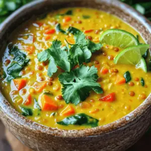 - 1 Tasse rote Linsen, gut abgespült - 1 Dose (13,5 oz) Kokosmilch - 4 Tassen Gemüsebrühe Die Hauptzutaten sind einfach und nahrhaft. Rote Linsen sind reich an Proteinen und Ballaststoffen. Sie kochen schnell und machen die Suppe cremig. Kokosmilch bringt eine süße Note und einen vollen Geschmack. Gemüsebrühe sorgt für einen herzhaften Hintergrund, der alles verbindet. Diese Zutaten machen die Basis für eine köstliche Suppe. - 1 Esslöffel Currypulver - 1 Teelöffel Kurkuma - 1 Teelöffel Kreuzkümmel Die Gewürze geben der Suppe Charakter und Tiefe. Currypulver sorgt für Wärme und eine schöne Farbe. Kurkuma hat viele gesundheitliche Vorteile und gibt einen erdigen Geschmack. Kreuzkümmel bringt eine nussige Note, die die anderen Aromen ergänzt. Diese Gewürze machen die Suppe nicht nur lecker, sondern auch spannend. - 1 mittelgroße Zwiebel, gewürfelt - 3 Knoblauchzehen, fein gehackt - 1 Esslöffel frischer Ingwer, gerieben - 1 mittelgroße Karotte, gewürfelt - 1 rote Paprika, gewürfelt - 1 Tasse frischer Spinat - Frischer Koriander zur Garnierung - Limettenspalten zum Servieren Das Gemüse bringt Textur und Frische. Zwiebel, Knoblauch und Ingwer bilden die aromatische Basis der Suppe. Karotten und Paprika fügen Farbe und Süße hinzu. Frischer Spinat sorgt für gesunde Vitamine und eine schöne grüne Farbe. Koriander und Limettenspalten sind perfekte Beilagen, die den Geschmack weiter verstärken. Diese Zutaten machen die Suppe lebendig und einladend. Für das gesamte Rezept, siehe [Full Recipe]. Beginne mit den Linsen. Du solltest sie gut abspülen. So entfernst du Staub und Verunreinigungen. Während die Linsen abtropfen, schneide das Gemüse. Würfle die Zwiebel, die Karotte und die rote Paprika klein. Hacke den Knoblauch fein und reibe den Ingwer. All diese Schritte machen das Kochen schneller und einfacher. Erhitze in einem großen Topf das Kokosöl. Bei mittlerer Hitze brate die gewürfelte Zwiebel 3-4 Minuten lang. Sie sollte glasig werden. Füge dann den Knoblauch und den Ingwer hinzu. Koche sie 1-2 Minuten weiter, bis sie duften. Jetzt ist es Zeit für die Gewürze. Rühre das Currypulver, Kurkuma und Kreuzkümmel ein. Lasse die Gewürze eine weitere Minute anrösten. So entfalten sie ihren vollen Geschmack. Gieße die Gemüsebrühe in den Topf. Füge die abgespülten Linsen, die gewürfelte Karotte und die Paprika hinzu. Bringe alles zum Kochen. Reduziere die Hitze dann auf niedrig. Lass die Suppe 20-25 Minuten unbedeckt köcheln. Die Linsen und das Gemüse sollten weich sein. Wenn die Suppe gar ist, rühre die Kokosmilch und den frischen Spinat ein. Lass alles für etwa 5 Minuten erhitzen, bis der Spinat verwelkt. Schmecke die Suppe mit Salz und Pfeffer ab. Du kannst die Suppe heiß servieren. Garniere sie mit frischem Koriander und Limettenspalten. Für das vollständige Rezept, schau dir den [Full Recipe] an. Wie man die Linsen kocht Um die Linsen perfekt zu kochen, spüle sie zuerst gut ab. Dadurch entfernst du Schmutz und kleine Steine. Verwende dann viel Wasser, um die Linsen weich zu machen. Koche sie etwa 15 bis 20 Minuten lang. Achte darauf, dass sie nicht zerfallen. Suppenkonsistenz anpassen Wenn die Suppe zu dick ist, füge mehr Gemüsebrühe hinzu. Ich empfehle, nach und nach zu gießen. Probiere die Konsistenz, bis sie dir gefällt. Wenn die Suppe zu dünn ist, lasse sie länger köcheln. Sie wird dicker, während das Wasser verdampft. Zusätzliche Gewürzempfehlungen Um den Geschmack zu verstärken, kannst du mehr Gewürze hinzufügen. Eine Prise Zimt oder etwas Chili macht die Suppe besonders lecker. Probiere auch etwas Koriander oder Fenchelsamen für mehr Tiefe. Verfeinerung mit frischen Kräutern Frische Kräuter sind der Schlüssel. Du kannst Petersilie oder Basilikum verwenden. Füge sie am Ende des Kochens hinzu. So bleiben die Aromen frisch und lebendig. Ein Spritzer Limette rundet alles ab. Serviervorschläge für eine ansprechende Optik Die Optik ist wichtig! Serviere die Suppe in bunten Schalen oder tiefen Tellern. So sieht es gleich einladender aus. Du kannst auch die Linsen und das Gemüse schön anrichten. Verwendung von Garnierungen Garnierungen machen die Suppe besonders. Verwende frische Korianderblätter, um Farbe hinzuzufügen. Limettenspalten sind nicht nur schön, sondern auch lecker. Sie bringen einen frischen Geschmack ins Spiel. {{image_4}} Um diese Kokos-Curry-Linsensuppe vegan und glutenfrei zu machen, wähle eine glutenfreie Brühe. Gemüsebrühe ist eine gute Wahl. Du kannst auch Käsesubstitute verwenden, um mehr Cremigkeit zu erreichen. Cashew-Creme oder Kokosjoghurt sind tolle Optionen. Sie machen die Suppe reichhaltig und lecker. Du kannst die Suppe mit anderen Gemüsesorten aufpeppen. Probier Zucchini, Blumenkohl oder Süßkartoffeln. Diese variieren den Geschmack und die Textur. Für mehr Protein füge Tofu oder Hühnchen hinzu. Tofu gibt der Suppe eine schöne Konsistenz. Hühnchen bringt zusätzlichen Geschmack. Beide Optionen sind einfach zuzubereiten und passen gut zur Suppe. Experimentiere mit verschiedenen Gewürzen, um neue Geschmäcker zu entdecken. Verwende Curry-Paste für intensiven Geschmack. Diese Paste gibt der Suppe eine tiefere Farbe und mehr Aroma. Du kannst auch andere Kräuter wie Koriander oder Basilikum ausprobieren. Sie bringen frische Aromen und machen das Gericht interessanter. Um die Kokos-Curry-Linsensuppe frisch zu halten, lagere die Reste im Kühlschrank. Fülle die Suppe in einen luftdichten Behälter. So bleibt sie bis zu fünf Tage gut. Wenn du mehr als eine Portion hast, friere die Suppe ein. Teile sie in Portionen auf und lege sie in gefriergeeignete Behälter. So hast du immer eine leckere Mahlzeit bereit. Die Haltbarkeit der Suppe ist wichtig. Achte darauf, sie rechtzeitig zu essen. Die Suppe bleibt frisch, solange sie gut verpackt ist. Wenn du sie im Kühlschrank lagerst, überprüfe den Geruch und das Aussehen. Wenn die Suppe sauer riecht oder sich Schimmel bildet, entsorge sie bitte sofort. Das schützt deine Gesundheit. Um die Suppe aufzuwärmen, benutze am besten den Herd. Gieße die Suppe in einen Topf und erwärme sie bei mittlerer Hitze. Rühre regelmäßig um, damit sie gleichmäßig warm wird. Du kannst auch einen Mikrowellenofen verwenden. Stelle sicher, dass du die Suppe in einem mikrowellengeeigneten Behälter erwärmst. Wenn du die Suppe etwas flüssiger magst, füge etwas Gemüsebrühe hinzu, während du sie aufwärmst. Die Zubereitung der Kokos-Curry-Linsensuppe dauert insgesamt 35 Minuten. Die Vorbereitungszeit ist etwa 10 Minuten. Während dieser Zeit waschen und schneiden Sie das Gemüse. Die Kochzeit dauert 25 Minuten. In dieser Zeit kochen die Linsen und das Gemüse weich. Sie können sich also schnell auf eine köstliche Suppe freuen! Ja, Sie können die Linsen im Voraus zubereiten. Spülen Sie die Linsen einfach ab und lassen Sie sie in Wasser einweichen. Das macht die Linsen schneller gar. Sie können sie auch in einem Behälter im Kühlschrank aufbewahren. So sind sie bereit, wenn Sie die Suppe machen möchten. Achten Sie darauf, sie nicht zu lange einzuweichen, damit sie nicht matschig werden. Ja, diese Suppe ist perfekt für Meal Prepping. Sie lässt sich gut aufbewahren und schmeckt auch am nächsten Tag lecker. Teilen Sie die Suppe in Portionen auf und lagern Sie sie in luftdichten Behältern. Im Kühlschrank bleibt sie bis zu fünf Tage frisch. Sie können die Suppe auch einfrieren. So haben Sie immer eine gesunde Mahlzeit zur Hand. Wenn Sie bereit sind, die Suppe zu essen, wärmen Sie sie einfach auf und genießen Sie! Diese Kokos-Curry-Linsensuppe ist einfach zuzubereiten und voller Geschmack. Wir haben die Hauptzutaten wie rote Linsen, Gemüse und Gewürze behandelt. Ich habe dir auch gezeigt, wie du die Suppe kochst und mit Tipps die Aromen verbesserst. Variationen helfen dir, neue Geschmackserlebnisse zu entdecken. Reste lassen sich leicht aufbewahren. Mach die Suppe oft und genieße die vielen Varianten! Es ist ein einfaches Rezept, das allen gut schmeckt.