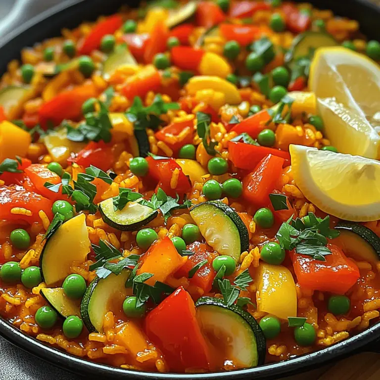 Die Hauptzutaten sind wichtig, um die perfekte Gemüsepaella zu kochen. Du brauchst: - 1 ½ Tassen Arborio-Reis - 4 Tassen Gemüsebrühe - 1 rote Paprika, gewürfelt - 1 gelbe Paprika, gewürfelt - 1 Zucchini, in Scheiben geschnitten - 1 Tasse grüne Erbsen (frisch oder gefroren) Arborio-Reis ist der beste Reis für Paella. Er nimmt die Aromen gut auf und bleibt schön cremig. Die Gemüsebrühe gibt der Paella ihren vollen Geschmack. Die richtigen Gewürze und Öle machen die Paella besonders lecker. Hier sind die Zutaten: - 1 Teelöffel geräuchertes Paprikapulver - ½ Teelöffel Safranfäden - 3 Esslöffel Olivenöl Geräuchertes Paprikapulver bringt ein rauchiges Aroma. Safran gibt der Paella ihre schöne Farbe. Olivenöl sorgt für einen tollen Geschmack und hilft, das Gemüse anzubraten. Die Garnierungen machen das Gericht schöner und frischer. Du brauchst: - Frische Petersilie, gehackt (zum Garnieren) - Zitronenspalten (zum Servieren) Frische Petersilie bringt Farbe und Geschmack. Zitronenspalten fügen eine spritzige Note hinzu. Diese Ergänzungen machen die Paella noch besser. Wenn du mehr über die Zubereitung erfahren möchtest, schau dir das Full Recipe an. - Erhitze das Olivenöl in einer großen Pfanne. - Füge die gehackte Zwiebel hinzu. - Brate die Zwiebel und den Knoblauch an. - Koche alles, bis die Zwiebel glasig wird, etwa 5 Minuten. - Gib die gewürfelten Paprika und die Zucchini dazu. - Koche das Gemüse weitere 5–7 Minuten, bis es weich wird. - Füge die gewürfelten Tomaten hinzu. - Gib das geräucherte Paprikapulver und Kurkuma dazu. - Streue die Safranfäden sowie Salz und Pfeffer hinein. - Koche die Mischung für 3–4 Minuten. - Der Mix sollte aromatisch und leicht zerfallen sein. - Jetzt kommt der Arborio-Reis in die Pfanne. - Rühre gut um und koche für 2 Minuten. - Gieße die Gemüsebrühe ein und bringe alles zum Kochen. - Reduziere die Hitze auf niedrig. - Lasse die Paella unbedeckt köcheln, etwa 20–25 Minuten. - Rühre gelegentlich um, damit nichts anbrennt. - Füge die grünen Erbsen in den letzten 5 Minuten hinzu. - Dadurch werden sie gut durchwärmt. - Nimm die Pfanne vom Herd und lasse sie 5 Minuten ruhen. - So entfalten sich die Aromen besser. - Lockere die Paella mit einer Gabel auf und garniere sie. - Serviere die Paella mit frischer Petersilie und Zitronenspalten. Frische Kräuter geben der Paella einen tollen Geschmack. Ich empfehle, Petersilie oder Basilikum zu verwenden. Sie bringen Farbe und frische Aromen. Experimentiere auch mit verschiedenen Gewürzen. Füge etwas Kreuzkümmel oder Curry hinzu, um neue Geschmäcker zu entdecken. Beim Kochen ist es wichtig, das Rühren zu vermeiden. Zu viel Rühren kann den Reis breiig machen. Lass den Reis in der Brühe garen. Achte darauf, die Hitze während des Kochens anzupassen. Beginne hoch, dann reduziere sie. So wird der Reis gleichmäßig und perfekt gar. Eine traditionelle Paella-Pfanne macht das Kochen besonders. Sie hat eine große Fläche und verteilt die Hitze gut. Wenn du keine Paella-Pfanne hast, nutze eine breite, flache Pfanne. Eine große Bratpfanne funktioniert auch gut. Achte darauf, dass die Pfanne einen dicken Boden hat, um das Anbrennen zu verhindern. {{image_4}} Eine Gemüsepaella kann einfach vegan sein. Du musst nur tierische Produkte weglassen. Statt normaler Brühe verwendest du pflanzenbasierte Brühe. Diese Brühe bringt tollen Geschmack und ist perfekt für eine vegane Diät. So bleibt das Gericht frisch und gesund. Falls du Gluten meiden musst, gibt es viele Optionen. Du kannst alternative Reisarten wie Quinoa oder Naturreis nutzen. Achte darauf, glutenfreie Brühe und Gewürze zu wählen. Diese Anpassungen machen das Gericht für alle zugänglich. Die Vielfalt an Gemüse macht die Paella besonders. Ich empfehle, saisonales Gemüse zu verwenden. Füge Kichererbsen oder Tofu als zusätzliche Proteinquelle hinzu. Diese Zutaten erhöhen den Nährwert und machen das Gericht noch leckerer. Du kannst auch andere Gemüse wie Karotten oder Spinat ausprobieren. Es gibt viele Möglichkeiten, um deine Paella individuell zu gestalten. Die richtige Lagerung von übrig gebliebener Paella ist wichtig. Du kannst sie im Kühlschrank oder Gefrierschrank aufbewahren. Im Kühlschrank bleibt sie frisch für 3 bis 4 Tage. Der Gefrierschrank ist eine gute Option für längere Lagerung. Dort hält sie bis zu 3 Monate. Verwende geeignete Behälter für die Lagerung der Paella. Glasbehälter sind ideal, da sie gut abdichten. Du kannst auch luftdichte Plastikbehälter nutzen. Achte darauf, die Paella vollständig abzukühlen, bevor du sie in den Behälter gibst. So vermeidest du, dass sich Feuchtigkeit bildet. Um die Paella aufzuwärmen, gibt es einige gute Methoden. Die beste Methode ist, sie in einer Pfanne zu erwärmen. Füge etwas Wasser oder Brühe hinzu, um die Feuchtigkeit zu halten. Du kannst auch die Mikrowelle verwenden, beachte aber, dass der Reis matschig werden kann. Nach dem Aufwärmen kannst du die Paella aufpeppen. Füge frische Kräuter oder etwas Zitronensaft hinzu. Das bringt den Geschmack zurück und macht die Paella wieder lebendig. Probier es aus! Gemüsepaella bleibt im Kühlschrank etwa drei bis vier Tage frisch. Achte darauf, sie in einem luftdichten Behälter zu lagern. Wenn du sie länger aufbewahren möchtest, friere sie ein. Im Gefrierfach hält sie bis zu drei Monate. Wenn du sie aufwärmst, stelle sicher, dass sie gut durchgeheizt ist, um die Sicherheit zu gewährleisten. Ja, gefrorenes Gemüse ist eine gute Option. Es ist oft frisch gefroren und behält viele Nährstoffe. Der Nachteil ist, dass gefrorenes Gemüse mehr Wasser abgeben kann. Das kann die Konsistenz der Paella beeinflussen. Wenn du gefrorenes Gemüse verwendest, lasse es vorher auftauen und drücke überschüssiges Wasser heraus. Zu Gemüsepaella passen frische Salate oder knuspriges Brot gut. Ein einfacher grüner Salat mit Zitronen-Dressing ergänzt die Aromen. Du kannst auch einen leichten Weißwein oder Sangria servieren. Diese Getränke heben die Aromen der Paella hervor und machen das Essen noch genussvoller. Paella kommt aus der Region Valencia in Spanien. Sie wurde zuerst von Landarbeitern gemacht, die Reis mit dem, was sie fanden, kochten. Das Gericht spiegelt die Kultur und Tradition Spaniens wider. Heute gibt es viele Varianten, aber die Grundzutaten bleiben oft gleich. Paella ist ein Symbol für Gemeinschaft und Freude am Essen. Die Gemüsepaella ist einfach zuzubereiten und unglaublich lecker. Wir haben die Hauptzutaten wie Arborio-Reis und frisches Gemüse besprochen. Die richtige Gewürzmischung mit Paprika und Safran bringt den Geschmack hervor. Behalte die Kochzeit im Auge und lasse sie gut ruhen. Nutze unsere Tipps für das perfekte Aroma und die richtigen Techniken. Variiere mit veganen oder glutenfreien Optionen und schaffe neue Geschmackserlebnisse. Denke daran, Reste gut aufzubewahren und richtig aufzuwärmen. Mit diesen Hinweisen gelingt dir die beste Gemüsepaella!