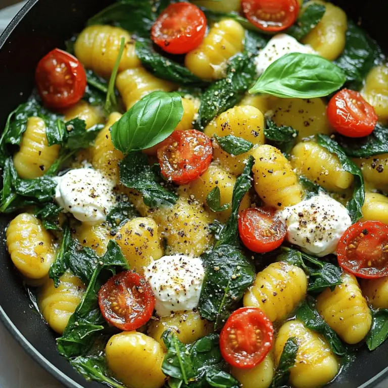 Für die Zubereitung der 20-Minuten One-Pan Spinach Gnocchi benötigst du: - 1 Paket (450 g) Kartoffelgnocchi - 2 Tassen frischer Spinat, grob gehackt - 1 Tasse Cherry-Tomaten, halbiert - 1/2 Tasse cremiger Ricotta - 1/4 Tasse frisch geriebener Parmesan - 2 Knoblauchzehen, fein gehackt - 2 Esslöffel Olivenöl - Salz und Pfeffer nach Geschmack - 1/4 Teelöffel rote Pfefferflocken (optional) - Frische Basilikumblätter zur Garnitur Wenn du keine bestimmten Zutaten hast, gibt es Alternativen. Zum Beispiel: - Verwende gefrorene Gnocchi, wenn frische nicht verfügbar sind. - Statt Ricotta kannst du auch Hüttenkäse oder Frischkäse nehmen. - Kirschtomaten lassen sich durch normale Tomaten ersetzen. Wähle frische Zutaten für den besten Geschmack. Achte auf: - Spinat: Er sollte grün und knackig sein. Vermeide vergilbte Blätter. - Tomaten: Wähle reife, saftige Cherry-Tomaten für besten Geschmack. - Käse: Frisch geriebener Parmesan schmilzt besser und schmeckt intensiver. Mit diesen Tipps kannst du sicherstellen, dass deine Gnocchi immer köstlich werden. Probiere es aus und genieße das Gericht! Um die One-Pan Spinach Gnocchi einfach zu machen, beginne damit, das Olivenöl in einer großen Pfanne zu erhitzen. Wenn das Öl heiß ist, füge den gehackten Knoblauch hinzu. Brate ihn für eine Minute an. Achte darauf, dass er nicht braun wird. Dann kommen die halbierten Cherry-Tomaten in die Pfanne. Koche sie für etwa 3 bis 4 Minuten. Rühre dabei gelegentlich um, bis sie weich sind. Jetzt ist es Zeit für die Gnocchi! Gib sie zusammen mit 2 Tassen Wasser in die Pfanne. Bringe alles zum Kochen. Reduziere dann die Hitze und lasse die Mischung 5 bis 7 Minuten köcheln. Rühre ab und zu um. Du weißt, dass die Gnocchi fertig sind, wenn sie an die Oberfläche steigen. Füge dann den gehackten Spinat, Salz und Pfeffer hinzu. Wenn du magst, gib auch rote Pfefferflocken dazu. Koche alles für weitere 2 bis 3 Minuten, bis der Spinat zusammenfällt. Nimm die Pfanne vom Herd. Setze dann Kleckse Ricotta auf die Gnocchi. Streue frisch geriebenen Parmesan darüber. Decke die Pfanne für ein paar Minuten ab. So schmilzt der Käse gut. Danach kannst du alles vorsichtig mit einem Holzlöffel oder einer Zange vermischen. Probiere das Gericht und passe die Gewürze nach deinem Geschmack an. Serviere die Gnocchi direkt aus der Pfanne. Garniere sie mit frischen Basilikumblättern für einen tollen Farbklecks. Diese One-Pan Spinach Gnocchi sind schnell und einfach. Du findest die komplette Anleitung im Full Recipe. Ein häufiger Fehler ist das Überkochen der Gnocchi. Sie sollten nur leicht garen, bis sie an die Oberfläche steigen. Wenn sie zu lange gekocht werden, werden sie matschig. Achte darauf, den Knoblauch nicht zu verbrennen. Ein verbrannter Knoblauch hat einen bitteren Geschmack. Wenn du die Gnocchi und die Tomaten in die Pfanne gibst, rühre sie vorsichtig um. So brennen sie nicht an und bleiben gleichmäßig warm. Nutze eine große Pfanne mit einem Deckel. So bleibt die Hitze gut verteilt. Beginne mit mittlerer Hitze, um die Aromen zu entfalten. Reduziere die Hitze, wenn du die Gnocchi hinzufügst. Der Spinat braucht nur ein paar Minuten, um zu welken. Die Kombination aus Tomaten, Spinat und Gnocchi ergibt eine großartige Textur und Geschmack. Mische die Zutaten gut, aber sei sanft. Bereite alle Zutaten vor dem Kochen vor. Hacke den Knoblauch, schneide die Tomaten und wasche den Spinat. So sparst du Zeit, während das Gericht kocht. Du kannst auch vorgekochte Gnocchi verwenden. Diese sind schneller fertig und reduzieren die Kochzeit. Halte die Pfanne immer im Blick, um sicherzustellen, dass nichts anbrennt. Mit diesen Tipps und Tricks gelingt dir das schnelle Gericht sicher. Für das vollständige Rezept schau dir die [Full Recipe] an. {{image_4}} Du kannst die Gnocchi leicht an die Saison anpassen. Im Frühling sind frische Erbsen perfekt. Im Sommer probiere Zucchini oder Paprika. Im Herbst kannst du Kürbis oder Pilze hinzufügen. Diese Zutaten bringen neuen Geschmack und Farbe ins Gericht. Wenn du weniger Käse magst, ersetze den Ricotta durch Hummus oder pürierten Tofu. Für mehr Protein kannst du Kichererbsen oder Linsen hinzufügen. Diese Optionen machen das Gericht lecker und sättigend. Bewahre die Reste im Kühlschrank in einem luftdichten Behälter auf. So bleiben sie frisch für bis zu drei Tage. Du kannst die Gnocchi auch einfrieren. Teile sie in Portionen und lege sie in einen Gefrierbeutel. Zum Aufwärmen einfach in der Mikrowelle oder Pfanne erhitzen. Für das beste Ergebnis folge dem Full Recipe. Um die Gnocchi frisch zu halten, lege sie in einen luftdichten Behälter. Sie bleiben so 2 bis 3 Tage gut. Achte darauf, dass die Gnocchi kühl und trocken sind. Vor dem Servieren solltest du sie prüfen. Wenn sie seltsam riechen oder die Farbe ändern, verwende sie nicht. Du kannst die Gnocchi auch einfrieren. Lege sie einfach auf ein Backblech, ohne dass sie sich berühren. Friere sie für etwa 1 Stunde ein, bis sie fest sind. Danach packe sie in einen gefrierfesten Beutel. So bleiben sie bis zu 3 Monate gut. Beschrifte den Beutel mit dem Datum, um den Überblick zu behalten. Um die Gnocchi aufzuwärmen, benutze eine Pfanne. Füge ein wenig Wasser oder Brühe hinzu, damit sie nicht anbrennen. Erhitze sie bei mittlerer Hitze und rühre oft um. Du kannst auch die Mikrowelle verwenden, aber achte darauf, sie in kurzen Abständen zu prüfen. So vermeidest du, dass sie überkochen oder zu trocken werden. Werfe etwas frischen Spinat oder Käse hinzu, um den Geschmack aufzufrischen. Es dauert nur 5 Minuten, um die Gnocchi vorzubereiten. Du musst die Zutaten abmessen und schneiden. Das ist schnell erledigt. Das Kochen selbst dauert dann 15 Minuten. Insgesamt sind wir in 20 Minuten fertig. Diese schnelle Zeit macht das Gericht ideal für einen Wochentag. Ja, du kannst gefrorene Gnocchi verwenden. Es ist eine praktische Option. Gefrorene Gnocchi sind einfach zu finden und sehr nützlich. Wenn du gefrorene Gnocchi verwendest, koche sie direkt in der Pfanne. Du musst sie nicht vorher auftauen. Das spart Zeit und macht das Gericht noch einfacher. Zu Spinat-Gnocchi passen viele Beilagen. Ein frischer Salat ist eine gute Wahl. Er bringt eine schöne Frische ins Essen. Du kannst auch geröstetes Gemüse servieren. Das gibt zusätzlichen Geschmack. Außerdem schmeckt ein Stück knuspriges Brot dazu sehr gut. So hast du ein rundum leckeres Essen. Weitere Tipps und Tricks findest du in unserem [Full Recipe]. In diesem Artikel haben wir die wichtigsten Zutaten und deren Auswahl für Gnocchi besprochen. Du lernst die Zubereitung Schritt für Schritt und erhältst hilfreiche Tipps zur Vermeidung häufiger Fehler. Variationen und Aufbewahrungshinweise runden das Thema ab. Denk daran, dass frische Zutaten den Geschmack verbessern. Experimentiere mit Alternativen und genieße die Gnocchi nach deinem Geschmack. Gute Vorbereitung spart Zeit und sorgt für Freude beim Kochen. Mit diesen Tipps bist du bereit, köstliche Gnocchi zu machen. Viel Spaß beim Ausprobieren!