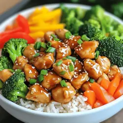 Um köstliche Teriyaki-Hühnchen-Schalen zu machen, brauchen wir folgende Hauptzutaten: - 2 Hähnchenbrustfilets ohne Knochen und Haut, gewürfelt - 1 Tasse Teriyakisauce (selbstgemacht oder aus dem Geschäft) - 2 Esslöffel Sesamöl - 1 Esslöffel frischer Ingwer, gehackt - 2 Knoblauchzehen, gehackt - 1 Tasse Jasminreis - 2 Tassen Wasser oder Hühnerbrühe (zum Kochen des Reises) Diese Zutaten sind einfach zu finden und machen das Gericht besonders. Zusätzlich zu den Hauptzutaten füge ich einige frische Gemüsesorten hinzu. Sie bringen Farbe und Textur in die Schalen: - 1 Tasse Brokkoliröschen - 1 Karotte, in feine Streifen geschnitten (Julienne) - 1 Paprika (rot oder gelb), in Scheiben geschnitten - 2 Frühlingszwiebeln, gehackt - Sesamsamen zum Garnieren Diese Zutaten sorgen für einen tollen Geschmack und sind gesund. Die Zutaten in Teriyaki-Hühnchen-Schalen sind nahrhaft und bieten viele Vorteile: - Hähnchenbrust: Hoch in Protein und hilft beim Muskelaufbau. - Jasminreis: Liefert Energie durch Kohlenhydrate. - Gemüse: Brokkoli, Karotten und Paprika sind reich an Vitaminen und Mineralien. - Sesamöl: Enthält gesunde Fette, die gut für das Herz sind. Diese Mischung macht die Schalen nicht nur lecker, sondern auch gesund und nahrhaft. Wenn du mehr über das Rezept erfahren möchtest, schau dir die [Full Recipe] an. Spüle den Jasminreis unter kaltem Wasser. Das Wasser sollte klar werden. Fülle den Reis dann in einen mittelgroßen Topf. Füge 2 Tassen Wasser oder Hühnerbrühe hinzu. Bringe es zum Kochen und reduziere die Hitze. Decke den Topf ab und lasse ihn 15 Minuten köcheln. Der Reis wird fluffig und weich sein. Lass den Topf nach dem Kochen für 5 Minuten mit Deckel ruhen. Erhitze 2 Esslöffel Sesamöl in einer großen Pfanne bei mittlerer Hitze. Füge 2 gehackte Knoblauchzehen und 1 Esslöffel gehackten Ingwer hinzu. Brate sie etwa 1 Minute lang, bis sie gut riechen. Gib die gewürfelten Hähnchenbrustfilets in die Pfanne. Brate das Hähnchen für 6-8 Minuten. Rühre es gelegentlich um, bis es goldbraun ist. Rühre nun 1 Tasse Brokkoliröschen, 1 in Streifen geschnittene Karotte und 1 geschnittene Paprika in die Pfanne. Koche das Gemüse für 3-4 Minuten, bis es zart, aber knackig ist. Gieße die 1 Tasse Teriyakisauce über die Hähnchen- und Gemüsemischung. Koche für weitere 2-3 Minuten. Rühre gut um, damit alles gleichmäßig bedeckt ist. Lockere den gekochten Reis mit einer Gabel auf. Teile den Reis in Schalen auf. Belege jede Schale mit der Teriyaki-Hühnchen- und Gemüse-Mischung. Garniere die Schalen mit gehackten Frühlingszwiebeln und Sesamsamen. Diese Teriyaki-Hühnchen-Schalen sind perfekt für ein schnelles Abendessen. Du kannst das Rezept auch anpassen und deine Lieblingsgemüse hinzufügen. Ein häufiger Fehler ist, das Hähnchen zu lange zu braten. Es wird trocken. Achte darauf, dass du die Hähnchenstücke gleichmäßig schneidest. So garen sie gleichmäßig. Ein anderer Fehler ist, die Teriyakisauce zu früh hinzuzufügen. Es ist besser, sie am Ende hinzuzufügen. So bleibt der Geschmack kräftig. Du kannst deine Teriyaki-Hühnchen-Schalen anpassen. Füge Ananasstücke hinzu für eine süße Note. Mische verschiedene Gemüse wie Zucchini oder Erbsen für mehr Textur. Möchtest du einen scharfen Kick? Probiere frische Chilischoten oder Sriracha. Ein Spritzer Limettensaft kann ebenfalls helfen, die Aromen aufzupeppen. Für die Zubereitung empfehle ich eine große Pfanne oder einen Wok. Sie bieten viel Platz für das Hähnchen und das Gemüse. Eine Reiskocher macht das Kochen des Reises einfach und perfekt. Eine gute Schüssel für das Servieren macht die Präsentation schöner. Vergiss nicht, ein scharfes Messer für das Schneiden der Zutaten zu verwenden. {{image_4}} Teriyaki-Hühnchen-Schalen sind leicht abwandelbar. Du kannst Tofu oder Tempeh verwenden. Diese Alternativen sind proteinreich und nehmen die Teriyakisauce gut auf. Schneide den Tofu in Würfel und brate ihn bis zur goldenen Farbe. Verwende das gleiche Rezept und ersetze das Hähnchen. Das Gemüse bleibt gleich und sorgt für Farbe und Textur. Falls du keine Teriyakisauce hast, gibt es viele Alternativen. Eine Mischung aus Sojasauce, Honig, und Reisessig funktioniert gut. Du kannst auch eine würzige Barbecue-Sauce nutzen. Diese Optionen bringen einen anderen, aber leckeren Geschmack. Experimentiere mit deinem Lieblingsgeschmack, um deine Schalen persönlicher zu gestalten. Die Schalen sind toll mit Beilagen wie Edamame oder eingelegtem Gemüse. Du kannst auch einen frischen Salat dazu servieren. Eine Schale mit Reis und Gemüse passt gut. Ein Spritzer frischer Limette bringt Frische. Denke daran, dass die Präsentation wichtig ist. Verwende eine schöne Schale und achte auf die Farben. So wird deine Mahlzeit noch einladender. Du kannst die vollständige Anleitung im Full Recipe finden. Wenn du Reste hast, lass sie zuerst abkühlen. Fülle sie dann in einen luftdichten Behälter. So bleiben die Aromen frisch. Du kannst die Schalen bis zu drei Tage im Kühlschrank aufbewahren. Achte darauf, dass der Behälter gut verschlossen ist. Es hilft, die Frische zu bewahren. Um das Hühnchen frisch zu halten, lege es nicht direkt auf den Reis. Das kann das Hühnchen weich machen. Lege stattdessen das Hühnchen und das Gemüse in separate Behälter. So bleibt alles knackig und lecker. Wenn du das Hühnchen gleich isst, ist es am besten. Wenn du die Schalen aufwärmst, benutze die Mikrowelle oder den Herd. Für die Mikrowelle stelle die Leistung auf mittel. Erhitze die Schalen in kurzen Abständen, etwa 30 Sekunden. Rühre die Mischung zwischendurch um. Wenn du den Herd benutzt, erhitze die Mischung in einer Pfanne bei mittlerer Hitze. Füge etwas Wasser oder Brühe hinzu, um das Austrocknen zu verhindern. So bleibt das Gericht saftig und lecker. Um Teriyaki-Hühnchen-Schalen vegan zu machen, ersetze das Hähnchen durch Tofu oder Tempeh. Tofu hat eine tolle Textur. Verwende die gleiche Menge wie beim Hähnchen. Mariniere den Tofu in der Teriyakisauce für zusätzlichen Geschmack. Brate den Tofu dann bis er goldbraun ist. Du kannst auch mehr Gemüse wie Zucchini oder Pilze hinzufügen. Das sorgt für einen frischen und köstlichen Geschmack. Die besten Teriyaki-Hühnchen-Schalen findest du in asiatischen Restaurants oder Spezialitätenläden. Achte darauf, dass sie frische Zutaten verwenden. Schau auch auf Food-Apps oder Websites nach. Oft gibt es dort Bewertungen von anderen Gästen. So erfährst du, wo die besten Schalen in deiner Nähe sind. Probiere auch lokale Imbisse aus, die authentische Gerichte anbieten. Ja, du kannst Teriyakisauce ganz einfach selbst machen! Du brauchst nur einige wenige Zutaten. Mische Sojasauce, Honig oder Agavensirup, Reisessig, und Sesamöl. Füge frischen Ingwer und Knoblauch hinzu. Koche die Mischung bei mittlerer Hitze, bis sie leicht eindickt. So kannst du den Geschmack nach deinem Wunsch anpassen. Für die genaue Anleitung sieh dir die Full Recipe an. Teriyaki-Hühnchen-Schalen sind einfach zuzubereiten und köstlich. Du hast gelernt, welche Zutaten du brauchst und wie du sie zubereitest. Ich habe auch Tipps gegeben, um häufige Fehler zu vermeiden und Variationen für jeden Geschmack anzubieten. Jetzt kannst du deine Schalen nach Wunsch anpassen und die Reste gut aufbewahren. Mit diesen einfachen Schritten hast du ein leckeres Gericht, das sicher Freude bringt. Probiere es aus und genieße das Kochen!