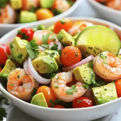 - 450 g Garnelen, geschält und entdarmt - 2 reife Avocados, gewürfelt - 1 Tasse Kirschtomaten, halbiert Die Hauptzutaten sind wichtig für den Geschmack. Garnelen bringen eine zarte Textur. Sie sind auch eine gute Proteinquelle. Avocados fügen Cremigkeit und gesunde Fette hinzu. Kirschtomaten geben eine süße Note. Zusammen ergeben sie eine leckere Basis für den Salat. - 1/2 rote Zwiebel, fein gehackt - 1/4 Tasse frischer Koriander, gehackt - 2 Esslöffel Olivenöl - 2 Esslöffel Limettensaft Zusätzliche Zutaten bringen frische und Aroma. Rote Zwiebel sorgt für einen leichten Biss. Frischer Koriander gibt dem Salat einen besonderen Kick. Olivenöl und Limettensaft bilden ein einfaches Dressing. Es bringt alle Aromen zusammen. - 1 Teelöffel Knoblauchpulver - Salz und Pfeffer nach Geschmack Gewürze sind entscheidend für den Geschmack. Knoblauchpulver fügt Tiefe hinzu. Salz und Pfeffer betonen die Aromen. Diese einfachen Gewürze machen den Salat lebendig. Jeder Biss wird köstlich und befriedigend. Für das vollständige Rezept schauen Sie sich den Abschnitt "Full Recipe" an. - Bringen Sie einen großen Topf mit Wasser zum Kochen. Fügen Sie etwas Salz hinzu. - Geben Sie die Garnelen ins kochende Wasser. Kochen Sie sie 2-3 Minuten lang, bis sie rosa sind. - Gießen Sie die Garnelen ab und lassen Sie sie abkühlen. - Mischen Sie in einer kleinen Schüssel Olivenöl, Limettensaft und Knoblauchpulver. - Fügen Sie Salz und Pfeffer hinzu. Rühren Sie gut um. - Kosten Sie das Dressing und passen Sie den Geschmack nach Ihren Wünschen an. - In einer großen Schüssel vermengen Sie die gewürfelten Avocados, halbierten Kirschtomaten und die gehackte rote Zwiebel. - Fügen Sie den frischen Koriander hinzu und mischen Sie alles vorsichtig. - Geben Sie die abgekühlten Garnelen in die Schüssel und heben Sie sie sanft unter. - Träufeln Sie das Dressing über die Mischung und rühren Sie vorsichtig um. - Servieren Sie den Salat frisch und genießen Sie das volle Aroma. Für die vollständige Zubereitung schauen Sie sich das [Full Recipe] an. Wie man perfekte Garnelen kocht Um perfekte Garnelen zu kochen, füllst du einen großen Topf mit Wasser. Füge Salz hinzu und bringe es zum Kochen. Lege die Garnelen in das kochende Wasser. Koche sie für 2-3 Minuten. Die Garnelen sind bereit, wenn sie rosa und durchscheinend sind. Abgießen und abkühlen lassen, bevor du sie in den Salat gibst. Avocados perfekt würfeln Um Avocados richtig zu würfeln, schneide die Avocado zuerst in der Mitte durch. Drehe die beiden Hälften, um sie zu trennen. Entferne den Kern vorsichtig mit einem Löffel. Mache mit einem Messer vertikale und horizontale Schnitte in das Fruchtfleisch. Verwende einen Löffel, um die gewürfelten Stücke herauszunehmen. So bleiben die Stücke ganz und frisch. Serviertipps für eine ansprechende Optik Präsentiere den Salat in großen, gekühlten Schalen. Das gibt deinem Gericht einen frischen Look. Garniere den Salat mit frischem Koriander für einen Farbtupfer. Ein Limettenkeil auf der Seite sorgt für einen zusätzlichen Frischeeffekt. Verwendung von Schalen und Garnierungen Verwende Schalen aus Glas oder Keramik für eine elegante Präsentation. Du kannst auch kleine Schalen aus Avocadohäuten machen. Das sieht nicht nur gut aus, sondern ist auch umweltfreundlich. Gesundheitsvorteile der Zutaten Garnelen sind eine großartige Proteinquelle und enthalten wenig Fett. Avocados sind reich an gesunden Fetten und Vitaminen. Kirschtomaten sind voll von Antioxidantien. Diese Kombination macht den Salat nahrhaft und sättigend. Kalorienbewusste Anpassungen Wenn du Kalorien sparen möchtest, kannst du die Menge an Olivenöl reduzieren. Du kannst auch weniger Avocado verwenden und stattdessen mehr Gemüse hinzufügen. So bleibt der Salat leicht und frisch, ohne an Geschmack zu verlieren. {{image_4}} Du kannst den gesunden Avocado-Garnelen-Salat wunderbar anpassen. Füge verschiedene Gemüsesorten hinzu, um mehr Farbe und Geschmack zu erhalten. Zum Beispiel kannst du: - Paprika: Sie bringt Süße und Knusprigkeit. - Gurke: Erfrischt den Salat und sorgt für eine knackige Textur. - Radieschen: Fügt eine würzige Note hinzu und sieht toll aus. Auch exotische Zutaten können den Salat aufpeppen. Probiere: - Mango: Sie bringt eine süße, fruchtige Note. - Ananas: Gibt einen tropischen Flair und eine saftige Textur. - Chili: Für einen scharfen Kick, wenn du etwas mehr Würze magst. Das Dressing kann den Geschmack des Salats stark beeinflussen. Du kannst verschiedene Dressings ausprobieren: - Honig-Limetten-Dressing: Süß und sauer, perfekt für den Sommer. - Joghurt-Dressing: Cremig und leicht, ideal für eine gesunde Option. Wenn du vegane Alternativen nutzen möchtest, probiere: - Avocado-Dressing: Mische Avocado mit Limettensaft und Wasser für eine cremige Textur. - Tahini-Dressing: Mische Tahini mit Wasser, Zitrone und Knoblauch für einen nussigen Geschmack. Wenn du andere Proteine verwenden möchtest, gibt es viele Optionen: - Hähnchen: Gekochtes oder gegrilltes Hähnchen passt gut in den Salat. - Tofu: Für eine pflanzliche Proteinquelle, die gut mariniert werden kann. Für vegetarische Optionen sind die Möglichkeiten ebenfalls vielfältig: - Kichererbsen: Sie sind nahrhaft und fügen eine gute Textur hinzu. - Quinoa: Eine vollwertige Quelle, die dem Salat mehr Fülle gibt. Der gesunde Avocado-Garnelen-Salat lässt sich toll anpassen. Probier die Variationen für neuen Geschmack! Für das vollständige Rezept schau dir [Full Recipe] an. Um den Salat frisch zu halten, packen Sie ihn in einen luftdichten Behälter. Lagern Sie ihn im Kühlschrank. Das verhindert, dass er schnell verdirbt. Wenn Sie das Dressing getrennt aufbewahren, bleibt der Salat knusprig. Sie können das Dressing in einem kleinen Glas mit Deckel aufbewahren. So bleibt es frisch und kann schnell verwendet werden. Wie lange bleibt der Salat frisch? Im Kühlschrank hält er sich etwa 1 bis 2 Tage. Nach dieser Zeit können die Avocados braun werden. Anzeichen von Verderb sind ein unangenehmer Geruch oder eine matschige Textur. Wenn Sie diese Anzeichen bemerken, ist es besser, den Salat nicht mehr zu essen. Um schnelle Gerichte zu planen, bereiten Sie die Garnelen und das Gemüse im Voraus vor. Kochen Sie die Garnelen und schneiden Sie das Gemüse am Vortag. Lagern Sie alles getrennt im Kühlschrank. Meal Prep Tipps: Bereiten Sie mehrere Portionen vor und lagern Sie sie in einzelnen Behältern. So haben Sie jederzeit einen schnellen und gesunden Snack bereit. Nutzen Sie das Rezept für eine einfache Zubereitung. Die Zubereitung dauert etwa 15 Minuten. Das Kochen der Garnelen benötigt nur 2-3 Minuten. Insgesamt sind es also nur 25 Minuten von Anfang bis Ende. Du kannst diesen Salat schnell machen, auch wenn du wenig Zeit hast. Ja, du kannst die Garnelen durch verschiedene Proteine ersetzen. Hühnchen oder Tofu sind gute Optionen. Sie geben dem Salat einen neuen Geschmack und sind ebenfalls gesund. Du kannst auch Bohnen verwenden, um eine vegetarische Variante zu machen. Der Salat ist nicht vegan, da er Garnelen und Olivenöl enthält. Wenn du ihn vegan machen möchtest, ersetze die Garnelen durch Kichererbsen oder Tofu. Du kannst auch das Olivenöl durch ein anderes pflanzliches Öl ersetzen, falls gewünscht. Um den Salat geschmackvoller zu machen, füge mehr frische Kräuter hinzu. Basilikum oder Minze bringen frische Aromen. Du kannst auch etwas Feta-Käse oder Avocado-Öl für einen reichhaltigeren Geschmack verwenden. Eine Prise Chili kann ebenfalls für etwas Schärfe sorgen. Reste kannst du in Wraps oder Sandwiches verwenden. Sie schmecken auch gut als Füllung für eine Tortilla. Du kannst den Salat auch mit Quinoa mischen, um eine sättigende Mahlzeit zu machen. So vermeidest du Lebensmittelverschwendung und genießt das Gericht auf eine neue Art. Für das vollständige Rezept schau dir den Abschnitt weiter oben an. Der Avocado-Garnelen-Salat ist eine einfache und gesunde Wahl. Wir haben die Hauptzutaten wie Garnelen, Avocados und Kirschtomaten durchdacht. Ich erklärte, wie man die Garnelen perfekt kocht und einen leckeren Dressing zubereitet. Die Tipps zur Präsentation und Lagerung halten deinen Salat frisch und ansprechend. Experimentiere mit Variationen und Alternativen, um Neues zu entdecken. Mit diesen einfachen Schritten bist du bereit, einen tollen Salat zuzubereiten.