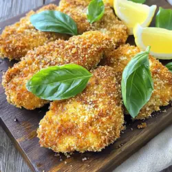 Für die Italienischen Basilikum-Hühnchen-Schnitzel benötigst du folgende Hauptzutaten: - 4 Hähnchenbrustfilets, ohne Knochen und Haut - 1 Tasse frische Basilikumblätter, gehackt - 1 Tasse Semmelbrösel (vorzugsweise italienisch gewürzt) - ½ Tasse geriebener Parmesan - 2 große Eier - 3 Esslöffel Olivenöl - 1 Teelöffel Knoblauchpulver - 1 Teelöffel Zwiebelpulver - Salz und Pfeffer nach Geschmack - Zitronenschnitze zum Servieren Diese Zutaten machen das Gericht frisch und aromatisch. Das Hähnchen wird zart, während die Semmelbrösel und der Parmesan eine knusprige Kruste schaffen. Die Gewürze und Kräuter bringen den Geschmack zum Leben. Du brauchst: - Knoblauchpulver - Zwiebelpulver - Salz - Pfeffer Basilikum ist der Star dieses Rezepts. Es bietet ein frisches Aroma, das gut mit dem Hähnchen harmoniert. Die Gewürze verstärken den Geschmack und machen das Gericht noch besser. Es gibt viele Möglichkeiten, das Rezept anzupassen. Du kannst zum Beispiel: - Für eine schärfere Note, rote Pfefferflocken hinzufügen. - Mozzarella in die Semmelbrösel mischen für mehr Käsegeschmack. - Zucchini oder Aubergine als Beilage servieren, um das Gericht zu erweitern. Diese Varianten bringen Abwechslung und neue Geschmäcker in dein Gericht. Probiere sie aus, um deine eigenen Favoriten zu finden! Wenn du die komplette Zubereitung sehen möchtest, schau dir das Full Recipe an. Beginnen Sie mit den Zutaten. Sie benötigen frische Hähnchenbrustfilets und aromatischen Basilikum. Hacken Sie die Basilikumblätter fein. Die Semmelbrösel geben dem Gericht Knusprigkeit. Messen Sie auch die Eier und den geriebenen Parmesan ab. Klopfen Sie die Hähnchenbrustfilets auf eine Dicke von etwa 1,5 cm. So gart das Fleisch gleichmäßig. Stellen Sie sicher, dass alle Zutaten bereit sind, bevor Sie beginnen. Heizen Sie den Ofen auf 200°C vor. Legen Sie ein Backblech mit Backpapier aus. In einer Schüssel vermischen Sie die gehackten Basilikumblätter, Semmelbrösel, Parmesan, Knoblauch- und Zwiebelpulver. Fügen Sie Salz und Pfeffer hinzu und rühren Sie gut um. In einer anderen Schüssel schlagen Sie die Eier leicht schaumig. Tauchen Sie jedes Hähnchenfilet in die Eier. Lassen Sie die überschüssige Flüssigkeit abtropfen. Wenden Sie die Filets dann in der Semmelbröselmischung. Drücken Sie leicht, damit die Brösel gut haften. Erhitzen Sie das Olivenöl in einer Pfanne bei mittlerer Hitze. Fügen Sie die panierten Schnitzel hinzu. Braten Sie sie etwa 3-4 Minuten auf jeder Seite, bis sie goldbraun sind. Überprüfen Sie die Innentemperatur, sie sollte 74°C erreichen. Legen Sie die Schnitzel auf das Backblech und backen Sie sie im Ofen für weitere 10 Minuten. Dies sorgt für knusprige und durchgegarte Schnitzel. Achten Sie darauf, das Öl richtig heiß zu machen, bevor Sie das Hähnchen hinzufügen. So wird es schön knusprig. Braten Sie die Schnitzel in Chargen, um die Pfanne nicht zu überfüllen. Lassen Sie die Schnitzel nach dem Backen einige Minuten ruhen. Servieren Sie die Schnitzel heiß mit Zitronenschnitzen. Die Zitrone bringt frische Aromen ins Spiel. Für das vollständige Rezept, schauen Sie sich bitte die Quelle an. Bei der Zubereitung von italienischen Basilikum-Hühnchen-Schnitzeln gibt es einige Fehler, die Sie vermeiden sollten: - Nicht gleichmäßige Dicke: Wenn die Hähnchenbrustfilets nicht gleichmäßig sind, garen sie ungleich. Klopfen Sie sie gut flach. - Zu wenig Öl: Verwenden Sie ausreichend Olivenöl. Das sorgt für eine goldbraune Kruste. - Überfüllte Pfanne: Braten Sie die Schnitzel in kleinen Mengen. So bleibt die Hitze konstant. Diese einfachen Tipps helfen Ihnen, die besten Ergebnisse zu erzielen. Es gibt viele Wege, das Rezept zu ändern. Hier sind ein paar Vorschläge: - Käse: Fügen Sie Mozzarella oder Provolone für einen cremigen Geschmack hinzu. - Gewürze: Experimentieren Sie mit anderen Kräutern wie Oregano oder Thymian. - Vegan: Verwenden Sie Tofuscheiben statt Hähnchen. Panieren Sie sie genauso. Diese Varianten geben Ihnen die Freiheit, das Gericht nach Ihrem Geschmack zu gestalten. Die richtigen Beilagen machen Ihr Gericht noch besser. Hier sind einige Ideen: - Salat: Ein frischer grüner Salat mit Zitronen-Vinaigrette passt perfekt. - Pasta: Servieren Sie die Schnitzel mit einer leichten Tomatensauce und Spaghetti. - Gemüse: Gegrilltes Gemüse oder Ratatouille ergänzen das Gericht gut. Diese Beilagen bieten eine ausgewogene Mahlzeit und bringen Farbe auf den Teller. {{image_4}} Um die übrig gebliebenen Schnitzel frisch zu halten, lege sie in einen luftdichten Behälter. Achte darauf, dass die Schnitzel komplett abgekühlt sind, bevor du sie lagerst. So vermeidest du, dass sich Feuchtigkeit bildet und die Schnitzel matschig werden. Du kannst auch Backpapier zwischen die Schnitzel legen, um die Knusprigkeit zu bewahren. Wenn du die Schnitzel aufwärmst, benutze den Ofen. Heize ihn auf 180°C (350°F) vor. Lege die Schnitzel auf ein Backblech und backe sie für etwa 10 Minuten. Das gibt ihnen wieder ihre Knusprigkeit zurück. Du kannst auch eine Pfanne mit etwas Olivenöl nutzen. Brate die Schnitzel bei mittlerer Hitze für 3-4 Minuten pro Seite. Im Kühlschrank halten die Schnitzel etwa 3 bis 4 Tage. Stelle sicher, dass sie gut verpackt sind. Wenn du sie länger aufbewahren möchtest, friere sie ein. In einem luftdichten Behälter oder einem Gefrierbeutel sind sie bis zu 3 Monate haltbar. Zum Auftauen lege die Schnitzel einfach über Nacht in den Kühlschrank. So bleiben sie saftig und lecker. Die Italienischen Basilikum-Hühnchen-Schnitzel sind nicht nur lecker, sondern auch nahrhaft. Eine Portion enthält etwa 350 Kalorien. Hier sind die Nährwerte für eine Portion: - Eiweiß: 30 g - Fett: 18 g - Kohlenhydrate: 20 g - Ballaststoffe: 1 g - Zucker: 1 g Diese Werte können je nach Zutaten leicht variieren. Das Rezept nutzt frisches Hühnchen und gesunde Gewürze, was es zu einer guten Wahl macht. Hausgemachte Schnitzel sind oft gesünder als gekaufte. Gekaufte Varianten enthalten häufig mehr Konservierungsstoffe und ungesunde Fette. Hier einige Vorteile der hausgemachten Schnitzel: - Frische Zutaten: Du verwendest frisches Hühnchen und Kräuter. - Weniger Zusatzstoffe: Keine unerwünschten Chemikalien oder Konservierungsstoffe. - Kontrolle über die Zubereitung: Du kannst die Ölsorte und die Menge selbst wählen. Das macht die hausgemachten Schnitzel nicht nur gesünder, sondern oft auch schmackhafter. Du kannst das Rezept leicht anpassen, um es gesünder zu machen. Hier einige Ideen: - Vollkornsemmelbrösel: Verwende Vollkornsemmelbrösel für mehr Ballaststoffe. - Weniger Öl: Reduziere die Menge an Olivenöl oder verwende eine Antihaftpfanne. - Frittieren vermeiden: Backe die Schnitzel im Ofen, anstatt sie in Öl zu braten. Diese Anpassungen helfen, die Kalorien zu senken und die Nährstoffe zu erhöhen. Du kannst die Italienischen Basilikum-Hühnchen-Schnitzel genießen, ohne ein schlechtes Gewissen zu haben. Für das vollständige Rezept sieh dir den [Full Recipe] an. Die Zubereitung der Italienischen Basilikum-Hühnchen-Schnitzel dauert insgesamt etwa 40 Minuten. Dabei beträgt die Vorbereitungszeit nur 15 Minuten. Die restliche Zeit verwenden Sie zum Braten und Backen der Schnitzel. Mit dieser kurzen Zeit können Sie schnell ein leckeres Gericht zaubern. Ja, Sie können das Rezept ganz leicht anpassen. Fügen Sie zum Beispiel etwas Chili für Schärfe hinzu. Oder mischen Sie andere Kräuter wie Oregano oder Thymian unter die Semmelbrösel. Sie können auch die Beilagen ändern, um das Gericht zu einem besonderen Anlass zu machen. Experimentieren Sie mit verschiedenen Geschmäckern, um Ihre Gäste zu beeindrucken. Zu den Italienischen Basilikum-Hühnchen-Schnitzeln passen viele Beilagen gut. Hier sind einige Vorschläge: - Frischer grüner Salat mit Zitronenvinaigrette - Pasta mit einer leichten Tomatensauce - Knoblauchbrot für extra Geschmack - Gedünstetes Gemüse wie Brokkoli oder Zucchini Diese Beilagen ergänzen das Gericht und machen Ihre Mahlzeit noch schmackhafter. Das Rezept für Italienische Basilikum-Hühnchen-Schnitzel bietet einfache und schmackhafte Schritte. Wir haben die Zutaten, den Kochprozess und wertvolle Tipps behandelt. So gelingt dir dieses Gericht garantiert. Denke an die Lagerung und Nährwerte, um noch besser zu genießen. Du kannst Variationen ausprobieren und anpassen. Die Schnitzel bieten Freude beim Essen und sind vielseitig. Koche sie für deine Familie oder Freunde und überrasche sie. Hol dir das Genuss-Erlebnis direkt nach Hause!