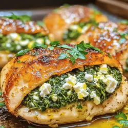 Für unser Spinat-Feta gefülltes Hähnchen brauchen wir einige frische Zutaten. Diese sind wichtig für den Geschmack und die Textur. Du benötigst: - 4 Hähnchenbrustfilets, ohne Haut und Knochen - 1 Tasse frischer Spinat, grob gehackt - 1/2 Tasse Feta-Käse, zerkrümelt - 1/4 Tasse Frischkäse, weich - 2 Knoblauchzehen, fein gehackt Diese Zutaten bilden die Basis für die köstliche Füllung. Der Spinat bringt eine frische Note, während der Feta einen salzigen Kick gibt. Der Frischkäse sorgt für eine cremige Konsistenz. Die richtigen Gewürze machen einen großen Unterschied. Hier sind die Gewürze, die ich benutze: - 1 Teelöffel getrockneter Oregano - 1/2 Teelöffel Salz - 1/4 Teelöffel schwarzer Pfeffer - Abrieb von 1 Zitrone - Saft von 1 Zitrone Diese Gewürze und der Zitronensaft verleihen dem Hähnchen einen tollen Geschmack. Der Oregano ergänzt den Feta und den Spinat perfekt. Wenn du etwas experimentieren möchtest, gibt es viele Optionen. Hier sind einige Vorschläge: - Frische Petersilie zur Garnierung - Getrocknete Tomaten für mehr Geschmack - Pinienkerne für einen knackigen Biss Diese Zutaten bieten dir die Möglichkeit, dein Gericht zu variieren. Du kannst die Füllung nach deinem Geschmack anpassen. Sie machen das Gericht noch interessanter. Für die genauen Zubereitungsschritte, schau dir das [Full Recipe] an. Beginne mit der Füllung für das Spinat-Feta gefüllte Hähnchen. Nimm eine große Schüssel und füge die folgenden Zutaten hinzu: - 1 Tasse frischer Spinat, grob gehackt - 1/2 Tasse Feta-Käse, zerkrümelt - 1/4 Tasse Frischkäse, weich - 2 Knoblauchzehen, fein gehackt - 1 Teelöffel getrockneter Oregano - 1/2 Teelöffel Salz - 1/4 Teelöffel schwarzer Pfeffer - Abrieb von 1 Zitrone - Saft von 1 Zitrone Mische alles gut, bis eine gleichmäßige Füllung entsteht. Der Spinat und der Feta geben einen tollen Geschmack. Jetzt geht es an die Hähnchenbrustfilets. Nimm ein scharfes Messer und schneide vorsichtig eine Tasche in jedes Filet. Achte darauf, nicht ganz durchzuschneiden, damit die Füllung nicht herausfällt. Fülle jede Tasche mit der Spinat-Feta-Mischung. Drücke die Füllung sanft hinein. Wenn nötig, sichere die Öffnungen mit Zahnstocher. Jetzt kommt der spannende Teil! Erhitze 1 Esslöffel Olivenöl in einer großen ofenfesten Pfanne bei mittlerer Hitze. Wenn das Öl heiß ist, lege die gefüllten Hähnchenbrustfilets in die Pfanne. Brate jedes Filet 3-4 Minuten auf jeder Seite, bis es goldbraun ist. Beträufle die Hähnchenbrüste mit dem restlichen Zitronensaft. Danach gib die Pfanne in den vorgeheizten Ofen bei 190 °C (375 °F). Backe das Hähnchen 20-25 Minuten lang, bis es gar ist und eine Innentemperatur von 75 °C (165 °F) erreicht. Nimm die Pfanne aus dem Ofen und lasse das Hähnchen einige Minuten ruhen. So bleibt es saftig. Du kannst es auch mit frischer Petersilie garnieren. Das Rezept für das Spinat-Feta gefüllte Hähnchen ist so einfach und lecker! Um das beste Ergebnis zu erzielen, sollten Sie einige Techniken beachten. Zuerst verwenden Sie frische Zutaten. Das macht den Geschmack lebendig. Heizen Sie den Ofen immer vor, damit das Hähnchen gleichmäßig gart. Benutzen Sie eine ofenfeste Pfanne, um die Aromen zu bewahren. Diese Technik bringt den Geschmack nach dem Anbraten in den Ofen. Die Füllung ist der Star dieses Gerichts. Mischen Sie den Spinat, Feta und Frischkäse gut. Fügen Sie den Knoblauch hinzu, um die Aromen zu verstärken. Der getrocknete Oregano bringt eine italienische Note. Achten Sie darauf, dass die Füllung nicht zu trocken ist. Ein Spritzer Zitronensaft macht sie frisch und lebendig. Stellen Sie sicher, dass sie gut vermischt ist, bevor Sie die Hähnchenbrust füllen. Trockenes Hähnchen ist das Letzte, was Sie wollen. Um dies zu vermeiden, achten Sie auf die Garzeit. Überbacken Sie das Hähnchen nicht. Verwenden Sie ein Fleischthermometer, um die Innentemperatur zu prüfen. 75 °C sind ideal. Ein weiterer Trick ist, das Hähnchen vor dem Anbraten leicht zu salzen. Dies hilft, die Feuchtigkeit zu bewahren. Lassen Sie das Hähnchen nach dem Backen ruhen. Dadurch bleibt der Saft im Fleisch. Für eine detaillierte Anleitung schauen Sie sich die [Full Recipe] an. {{image_4}} Wenn du eine vegetarische Option möchtest, ersetze das Hähnchen durch feste Tofuwürfel. Tofu hat eine tolle Textur und nimmt die Aromen der Füllung gut auf. Du kannst auch Zucchini oder Auberginen verwenden. Diese Gemüsesorten sind perfekt, um die Füllung zu umschließen und bieten eine gesunde Alternative. Feta ist großartig, aber du kannst auch andere Käsesorten ausprobieren. Ziegenkäse passt gut zu Spinat und hat einen milden Geschmack. Ricotta ist ebenfalls eine feine Wahl. Er macht die Füllung cremig und leicht. Experimentiere mit verschiedenen Käsesorten, um neue Geschmäcker zu entdecken. Hast du Allergien oder Unverträglichkeiten? Kein Problem! Du kannst die Füllung anpassen. Verwende eine milchfreie Käsealternative, wenn du laktoseintolerant bist. Statt Olivenöl kannst du auch Kokosöl verwenden. Achte darauf, frische Kräuter zu nutzen, um den Geschmack zu verstärken. So bleibt das Gericht lecker und für alle geeignet. Um übrig gebliebenes Hähnchen zu lagern, lassen Sie es zuerst abkühlen. Wickeln Sie das Hähnchen in Frischhaltefolie oder Aluminiumfolie. Sie können es auch in einen luftdichten Behälter legen. So bleibt es frisch und schmackhaft. Lagern Sie das Hähnchen im Kühlschrank. Es hält sich bis zu drei Tage. Zum Wiedererwärmen empfehle ich, das Hähnchen sanft zu erhitzen. Nutzen Sie einen Ofen oder eine Pfanne. Stellen Sie die Temperatur auf etwa 160 °C (320 °F) ein. Dies hilft, das Hähnchen gleichmäßig zu erwärmen, ohne es trocken zu machen. Ein Spritzer Wasser in der Pfanne kann helfen, das Hähnchen saftig zu halten. Im Kühlschrank bleibt das Hähnchen bis zu drei Tage gut. Wenn Sie es länger lagern möchten, frieren Sie es ein. Im Gefrierschrank hält sich das Hähnchen bis zu drei Monate. Achten Sie darauf, es gut einzupacken, um Gefrierbrand zu vermeiden. Zum Auftauen legen Sie das gefrorene Hähnchen einfach in den Kühlschrank über Nacht. Für das vollständige Rezept von Spinat-Feta gefülltem Hähnchen, schauen Sie sich das [Full Recipe] an. Backen Sie das gefüllte Hähnchen bei 190 °C für 20-25 Minuten. Es ist wichtig, dass das Hähnchen eine Innentemperatur von 75 °C erreicht. Verwenden Sie ein Fleischthermometer, um sicherzustellen, dass es durchgegart ist. So bleibt das Hähnchen saftig und zart. Wenn Sie die Hähnchenbrustfilets gleichmäßig anbraten, fördert dies auch die Garzeit im Ofen. Ja, Sie können die Füllung im Voraus zubereiten. Mischen Sie einfach den Spinat, Feta, Frischkäse und die Gewürze. Lagern Sie die Füllung in einem luftdichten Behälter im Kühlschrank. So sparen Sie Zeit, wenn Sie das Gericht zubereiten. Ich empfehle, die Füllung nicht länger als einen Tag im Voraus zu machen, um die Frische des Spinats zu erhalten. Zu Spinat-Feta gefülltem Hähnchen passen viele Beilagen gut. Hier sind einige Ideen: - Reis: Ein einfacher, geschmackvoller Beilagenklassiker. - Quinoa: Eine nahrhafte Alternative mit einem leichten Nussgeschmack. - Gemüse: Geröstetes oder gedämpftes Gemüse bringt Farbe und Frische. - Salat: Ein grüner Salat mit leichtem Dressing ergänzt das Gericht perfekt. Experimentieren Sie mit verschiedenen Beilagen, um Ihr Essen abwechslungsreich zu gestalten! Für das komplette Rezept schauen Sie sich die [Full Recipe] an. Wir haben heute wichtige Punkte zum gefüllten Hähnchen behandelt. Sie haben gelernt, welche Zutaten nötig sind, wie man die Füllung zubereitet und fehlerfrei anbrät. Tipps und Tricks helfen Ihnen, Trockenheit zu vermeiden. Dabei gab es auch leckere Alternativen und Aufbewahrungshinweise. Zum Schluss wissen Sie, wie lange das Hähnchen backen muss und welche Beilagen passen. Nutzen Sie dieses Wissen, um Ihr gefülltes Hähnchen zu perfektionieren!
