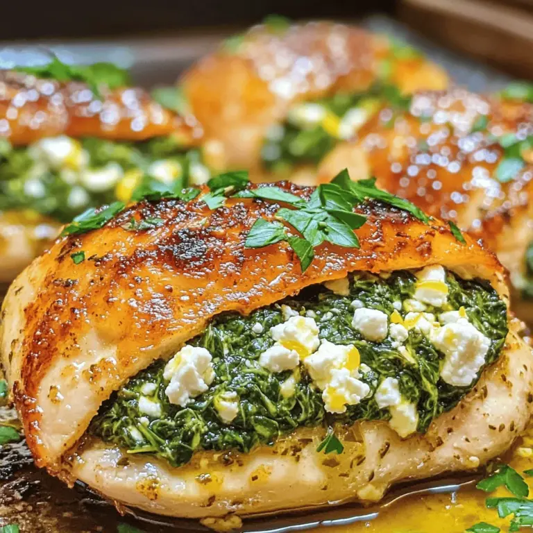 Für unser Spinat-Feta gefülltes Hähnchen brauchen wir einige frische Zutaten. Diese sind wichtig für den Geschmack und die Textur. Du benötigst: - 4 Hähnchenbrustfilets, ohne Haut und Knochen - 1 Tasse frischer Spinat, grob gehackt - 1/2 Tasse Feta-Käse, zerkrümelt - 1/4 Tasse Frischkäse, weich - 2 Knoblauchzehen, fein gehackt Diese Zutaten bilden die Basis für die köstliche Füllung. Der Spinat bringt eine frische Note, während der Feta einen salzigen Kick gibt. Der Frischkäse sorgt für eine cremige Konsistenz. Die richtigen Gewürze machen einen großen Unterschied. Hier sind die Gewürze, die ich benutze: - 1 Teelöffel getrockneter Oregano - 1/2 Teelöffel Salz - 1/4 Teelöffel schwarzer Pfeffer - Abrieb von 1 Zitrone - Saft von 1 Zitrone Diese Gewürze und der Zitronensaft verleihen dem Hähnchen einen tollen Geschmack. Der Oregano ergänzt den Feta und den Spinat perfekt. Wenn du etwas experimentieren möchtest, gibt es viele Optionen. Hier sind einige Vorschläge: - Frische Petersilie zur Garnierung - Getrocknete Tomaten für mehr Geschmack - Pinienkerne für einen knackigen Biss Diese Zutaten bieten dir die Möglichkeit, dein Gericht zu variieren. Du kannst die Füllung nach deinem Geschmack anpassen. Sie machen das Gericht noch interessanter. Für die genauen Zubereitungsschritte, schau dir das [Full Recipe] an. Beginne mit der Füllung für das Spinat-Feta gefüllte Hähnchen. Nimm eine große Schüssel und füge die folgenden Zutaten hinzu: - 1 Tasse frischer Spinat, grob gehackt - 1/2 Tasse Feta-Käse, zerkrümelt - 1/4 Tasse Frischkäse, weich - 2 Knoblauchzehen, fein gehackt - 1 Teelöffel getrockneter Oregano - 1/2 Teelöffel Salz - 1/4 Teelöffel schwarzer Pfeffer - Abrieb von 1 Zitrone - Saft von 1 Zitrone Mische alles gut, bis eine gleichmäßige Füllung entsteht. Der Spinat und der Feta geben einen tollen Geschmack. Jetzt geht es an die Hähnchenbrustfilets. Nimm ein scharfes Messer und schneide vorsichtig eine Tasche in jedes Filet. Achte darauf, nicht ganz durchzuschneiden, damit die Füllung nicht herausfällt. Fülle jede Tasche mit der Spinat-Feta-Mischung. Drücke die Füllung sanft hinein. Wenn nötig, sichere die Öffnungen mit Zahnstocher. Jetzt kommt der spannende Teil! Erhitze 1 Esslöffel Olivenöl in einer großen ofenfesten Pfanne bei mittlerer Hitze. Wenn das Öl heiß ist, lege die gefüllten Hähnchenbrustfilets in die Pfanne. Brate jedes Filet 3-4 Minuten auf jeder Seite, bis es goldbraun ist. Beträufle die Hähnchenbrüste mit dem restlichen Zitronensaft. Danach gib die Pfanne in den vorgeheizten Ofen bei 190 °C (375 °F). Backe das Hähnchen 20-25 Minuten lang, bis es gar ist und eine Innentemperatur von 75 °C (165 °F) erreicht. Nimm die Pfanne aus dem Ofen und lasse das Hähnchen einige Minuten ruhen. So bleibt es saftig. Du kannst es auch mit frischer Petersilie garnieren. Das Rezept für das Spinat-Feta gefüllte Hähnchen ist so einfach und lecker! Um das beste Ergebnis zu erzielen, sollten Sie einige Techniken beachten. Zuerst verwenden Sie frische Zutaten. Das macht den Geschmack lebendig. Heizen Sie den Ofen immer vor, damit das Hähnchen gleichmäßig gart. Benutzen Sie eine ofenfeste Pfanne, um die Aromen zu bewahren. Diese Technik bringt den Geschmack nach dem Anbraten in den Ofen. Die Füllung ist der Star dieses Gerichts. Mischen Sie den Spinat, Feta und Frischkäse gut. Fügen Sie den Knoblauch hinzu, um die Aromen zu verstärken. Der getrocknete Oregano bringt eine italienische Note. Achten Sie darauf, dass die Füllung nicht zu trocken ist. Ein Spritzer Zitronensaft macht sie frisch und lebendig. Stellen Sie sicher, dass sie gut vermischt ist, bevor Sie die Hähnchenbrust füllen. Trockenes Hähnchen ist das Letzte, was Sie wollen. Um dies zu vermeiden, achten Sie auf die Garzeit. Überbacken Sie das Hähnchen nicht. Verwenden Sie ein Fleischthermometer, um die Innentemperatur zu prüfen. 75 °C sind ideal. Ein weiterer Trick ist, das Hähnchen vor dem Anbraten leicht zu salzen. Dies hilft, die Feuchtigkeit zu bewahren. Lassen Sie das Hähnchen nach dem Backen ruhen. Dadurch bleibt der Saft im Fleisch. Für eine detaillierte Anleitung schauen Sie sich die [Full Recipe] an. {{image_4}} Wenn du eine vegetarische Option möchtest, ersetze das Hähnchen durch feste Tofuwürfel. Tofu hat eine tolle Textur und nimmt die Aromen der Füllung gut auf. Du kannst auch Zucchini oder Auberginen verwenden. Diese Gemüsesorten sind perfekt, um die Füllung zu umschließen und bieten eine gesunde Alternative. Feta ist großartig, aber du kannst auch andere Käsesorten ausprobieren. Ziegenkäse passt gut zu Spinat und hat einen milden Geschmack. Ricotta ist ebenfalls eine feine Wahl. Er macht die Füllung cremig und leicht. Experimentiere mit verschiedenen Käsesorten, um neue Geschmäcker zu entdecken. Hast du Allergien oder Unverträglichkeiten? Kein Problem! Du kannst die Füllung anpassen. Verwende eine milchfreie Käsealternative, wenn du laktoseintolerant bist. Statt Olivenöl kannst du auch Kokosöl verwenden. Achte darauf, frische Kräuter zu nutzen, um den Geschmack zu verstärken. So bleibt das Gericht lecker und für alle geeignet. Um übrig gebliebenes Hähnchen zu lagern, lassen Sie es zuerst abkühlen. Wickeln Sie das Hähnchen in Frischhaltefolie oder Aluminiumfolie. Sie können es auch in einen luftdichten Behälter legen. So bleibt es frisch und schmackhaft. Lagern Sie das Hähnchen im Kühlschrank. Es hält sich bis zu drei Tage. Zum Wiedererwärmen empfehle ich, das Hähnchen sanft zu erhitzen. Nutzen Sie einen Ofen oder eine Pfanne. Stellen Sie die Temperatur auf etwa 160 °C (320 °F) ein. Dies hilft, das Hähnchen gleichmäßig zu erwärmen, ohne es trocken zu machen. Ein Spritzer Wasser in der Pfanne kann helfen, das Hähnchen saftig zu halten. Im Kühlschrank bleibt das Hähnchen bis zu drei Tage gut. Wenn Sie es länger lagern möchten, frieren Sie es ein. Im Gefrierschrank hält sich das Hähnchen bis zu drei Monate. Achten Sie darauf, es gut einzupacken, um Gefrierbrand zu vermeiden. Zum Auftauen legen Sie das gefrorene Hähnchen einfach in den Kühlschrank über Nacht. Für das vollständige Rezept von Spinat-Feta gefülltem Hähnchen, schauen Sie sich das [Full Recipe] an. Backen Sie das gefüllte Hähnchen bei 190 °C für 20-25 Minuten. Es ist wichtig, dass das Hähnchen eine Innentemperatur von 75 °C erreicht. Verwenden Sie ein Fleischthermometer, um sicherzustellen, dass es durchgegart ist. So bleibt das Hähnchen saftig und zart. Wenn Sie die Hähnchenbrustfilets gleichmäßig anbraten, fördert dies auch die Garzeit im Ofen. Ja, Sie können die Füllung im Voraus zubereiten. Mischen Sie einfach den Spinat, Feta, Frischkäse und die Gewürze. Lagern Sie die Füllung in einem luftdichten Behälter im Kühlschrank. So sparen Sie Zeit, wenn Sie das Gericht zubereiten. Ich empfehle, die Füllung nicht länger als einen Tag im Voraus zu machen, um die Frische des Spinats zu erhalten. Zu Spinat-Feta gefülltem Hähnchen passen viele Beilagen gut. Hier sind einige Ideen: - Reis: Ein einfacher, geschmackvoller Beilagenklassiker. - Quinoa: Eine nahrhafte Alternative mit einem leichten Nussgeschmack. - Gemüse: Geröstetes oder gedämpftes Gemüse bringt Farbe und Frische. - Salat: Ein grüner Salat mit leichtem Dressing ergänzt das Gericht perfekt. Experimentieren Sie mit verschiedenen Beilagen, um Ihr Essen abwechslungsreich zu gestalten! Für das komplette Rezept schauen Sie sich die [Full Recipe] an. Wir haben heute wichtige Punkte zum gefüllten Hähnchen behandelt. Sie haben gelernt, welche Zutaten nötig sind, wie man die Füllung zubereitet und fehlerfrei anbrät. Tipps und Tricks helfen Ihnen, Trockenheit zu vermeiden. Dabei gab es auch leckere Alternativen und Aufbewahrungshinweise. Zum Schluss wissen Sie, wie lange das Hähnchen backen muss und welche Beilagen passen. Nutzen Sie dieses Wissen, um Ihr gefülltes Hähnchen zu perfektionieren!