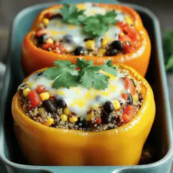 Um die besten Gemüsegefüllten Paprika zu machen, brauchst du: - 4 große Paprika (beliebige Farbe) - 1 Tasse gekochter Quinoa - 1 Dose (425 g) schwarze Bohnen, gründlich abgespült und abgetropft - 1 Tasse Mais (frisch, gefroren oder aus der Dose) - 1 mittelgroße Zwiebel, fein gehackt - 2 Knoblauchzehen, gehackt - 1 Teelöffel Kreuzkümmel - 1 Teelöffel Paprika - 1 Teelöffel Chili-Pulver - 1 Tasse gewürfelte Tomaten (frisch oder aus der Dose) - 1 Tasse geriebener Käse (Cheddar oder eine milchfreie Alternative) - 2 Esslöffel Olivenöl - Salz und Pfeffer nach Geschmack - Frischer Koriander, zur Garnierung Diese Zutaten geben den Paprika einen tollen Geschmack und eine schöne Farbe. Du kannst die Füllung mit weiteren Gewürzen anpassen. Zum Beispiel: - Oregano für einen mediterranen Flair - Basilikum, um Frische hinzuzufügen - Paprikaflocken für etwas Schärfe Diese Gewürze helfen, die Paprika noch besser zu machen und sie nach deinem Geschmack zu gestalten. Wenn du Käse magst, kannst du Cheddar verwenden. Für vegane Optionen probiere: - Cashew-Käse, der cremig ist - Hefeflocken, die einen käsigen Geschmack geben So kannst du die gefüllten Paprika für jeden Geschmack anpassen. Ein leckeres Rezept findest du in der [Full Recipe]. Zuerst wähle vier große Paprika aus. Du kannst jede Farbe nehmen. Halbiere die Paprika und entferne die Kerne. Schneide die Spitzen ab, damit sie gut stehen. Spüle sie unter Wasser ab und lege sie beiseite. So bereitest du die Paprika für die Füllung vor. Erhitze zwei Esslöffel Olivenöl in einer großen Pfanne. Füge eine gehackte Zwiebel hinzu und brate sie für drei bis vier Minuten an. Die Zwiebel soll weich und durchsichtig werden. Danach kommst du mit zwei gehackten Knoblauchzehen. Brate sie eine weitere Minute mit. Jetzt kommt der Hauptteil: Füge den gekochten Quinoa, die schwarzen Bohnen, den Mais und die gewürfelten Tomaten hinzu. Streue einen Teelöffel Kreuzkümmel, Paprika und Chili-Pulver hinein. Salze und pfeffere die Mischung gut. Lass alles für fünf Minuten kochen. Rühre dann die Hälfte des geriebenen Käses unter. Fülle jede Paprika mit der Mischung. Drücke die Füllung leicht an, damit sie fest sitzt. Bestreue die gefüllten Paprika mit dem restlichen Käse. Stelle sie in eine Auflaufform und gieße etwas Wasser in die Form. Decke die Form mit Folie ab. Heize den Ofen auf 190°C vor. Backe die Paprika 25 Minuten lang. Nimm dann die Folie ab und backe sie für weitere 15 Minuten. Die Paprika sind fertig, wenn sie zart sind und der Käse sprudelnd aussieht. Garnieren kannst du die fertigen Paprika mit frischem Koriander. Für das vollständige Rezept schau dir die vollständige Anleitung hier an: [Full Recipe]. Bei der Auswahl frischer Paprika achte ich immer auf die Farbe und Festigkeit. Wähle Paprika mit einer glänzenden Haut. Sie sollten sich fest anfühlen und keine Flecken haben. Vermeide Paprika, die weich oder schrumpelig sind. Sie sind oft überreif und nicht mehr frisch. Ein häufiger Fehler ist, die Paprika nicht richtig vorzubereiten. Schneide die Oberseite der Paprika gleichmäßig ab. Entferne die Kerne und die weißen Membranen. Diese Teile können bitter schmecken. Achte darauf, die Füllung nicht zu überfüllen. Lass genug Platz, damit die Paprika beim Backen nicht platzen. Die Füllung sollte nicht zu trocken oder zu nass sein. Achte darauf, dass der Quinoa gut gekocht ist. Mische ihn mit den anderen Zutaten gut durch. Wenn die Füllung zu trocken ist, füge etwas mehr Tomatensauce hinzu. Ist sie zu nass, kannst du etwas mehr Quinoa oder Käse einarbeiten. So bekommst du die perfekte Konsistenz. Für das vollständige Rezept besuche die Seite mit dem Full Recipe und entdecke die genauen Schritte und Zutaten! {{image_4}} Bei Gemüsegefüllten Paprika kann die Füllung sehr variieren. Ich liebe es, mit verschiedenen Zutaten zu spielen. Reis oder Linsen sind tolle Optionen. Sie sind nahrhaft und fügen Textur hinzu. Du kannst auch Bulgur oder Hirse verwenden. Diese Körner bringen einen anderen Geschmack. Füge einfach deine Lieblingsgewürze hinzu, um den Geschmack zu verbessern. Die Füllungen können auch von verschiedenen Küchen inspiriert sein. Für eine mediterrane Note füge Feta, Oliven und Zucchini hinzu. Das gibt einen frischen, salzigen Geschmack. Wenn du die mexikanische Variante magst, probiere schwarze Bohnen, Mais und Taco-Gewürze. Du kannst auch frische Korianderblätter hinzufügen. Diese Kombination ist einfach lecker und macht die Paprika spannend. Es ist wichtig, Optionen für alle zu haben. Für glutenfreie Füllungen verwende Quinoa oder Reis. Diese sind nahrhaft und sättigend. Vegane Füllungen sind ebenso einfach. Ersetze Käse durch Nusskäse oder lasse ihn ganz weg. Du kannst auch mehr Gemüse verwenden, wie Spinat oder Pilze. Das macht die Paprika bunt und gesund. Mit diesen Variationen kannst du deine Gemüsegefüllten Paprika immer wieder neu erfinden. Lass deiner Kreativität freien Lauf und genieße die Vielfalt! Du findest das vollständige Rezept in der Rezeptübersicht. Wenn du Gemüsegefüllte Paprika übrig hast, lagere sie gut. Lass die Paprika zuerst auf Raumtemperatur abkühlen. Packe sie dann in einen luftdichten Behälter. Du kannst sie bis zu vier Tage im Kühlschrank aufbewahren. Achte darauf, die Paprika nicht übereinander zu stapeln, um Druck zu vermeiden. So bleibt die Füllung in gutem Zustand. Um die gefüllten Paprika wieder aufzuwärmen, benutze deinen Ofen oder die Mikrowelle. Wenn du den Ofen benutzt, heize ihn auf 180°C vor. Lege die Paprika in eine Auflaufform. Bedecke sie mit Folie, um ein Austrocknen zu verhindern. Erwärme sie für etwa 20 Minuten. In der Mikrowelle dauert es nur 3–5 Minuten. Achte darauf, dass die Paprika gleichmäßig warm werden. Das Einfrieren ist eine tolle Option für spätere Mahlzeiten. Stelle sicher, dass die gefüllten Paprika ganz abgekühlt sind. Wickele jede Paprika in Frischhaltefolie ein. Lege sie dann in einen Gefrierbeutel und beschrifte ihn mit dem Datum. So kannst du die Paprika bis zu drei Monate einfrieren. Zum Auftauen lege sie einfach über Nacht in den Kühlschrank. Danach kannst du sie wie gewohnt aufwärmen oder direkt backen. Für die genaue Zubereitung der gefüllten Paprika schau dir das [Full Recipe] an. Die gefüllten Paprika müssen 40 Minuten im Ofen bleiben. Zuerst backen sie 25 Minuten mit Folie. Dann entfernen Sie die Folie und backen sie weitere 15 Minuten. So werden sie weich und der Käse wird schön geschmolzen. Ja, Sie können die Füllung ganz nach Ihrem Geschmack anpassen. Fügen Sie mehr Gemüse hinzu oder verwenden Sie Reis statt Quinoa. Auch Linsen sind eine tolle Option. Seien Sie kreativ und probieren Sie verschiedene Zutaten aus! Zu gefüllten Paprika passen frische Salate gut. Ein einfacher grüner Salat oder ein Couscous-Salat bringt frische Aromen. Auch ein Joghurt-Dip kann eine tolle Ergänzung sein. Wenn Sie es herzhaft mögen, servieren Sie etwas knuspriges Brot dazu. Ja, dieses Rezept kann ganz leicht vegan gemacht werden. Verwenden Sie pflanzlichen Käse oder lassen Sie den Käse einfach weg. Die Füllung bleibt auch ohne Käse sehr lecker und sättigend. Um die gefüllten Paprika spicy zu machen, fügen Sie einfach mehr Chili-Pulver hinzu. Sie können auch frische Jalapeños oder andere scharfe Paprika verwenden. Passen Sie die Menge nach Ihrem Geschmack an, um die perfekte Schärfe zu erreichen. Die gefüllten Paprika bieten eine reichhaltige Auswahl an frischen Zutaten und Aromen. Wir haben die Hauptzutaten, Gewürze und Käseoptionen besprochen. Die Schritt-für-Schritt-Anleitung machte das Zubereiten einfach und klar. Mit unseren Tipps und Variationen finden Sie jeden Tag neue Wege, Paprika zu genießen. Denken Sie daran, Reste richtig zu lagern und kreativ mit der Füllung zu sein. Kochen macht Spaß und gesund, also probieren Sie es aus!