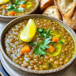 - Linsen: grün oder braun - Gemüse: Zwiebel, Knoblauch, Karotten, Tomaten, Paprika - Gewürze: Kreuzkümmel, Koriander, Kurkuma, Paprika, Cayennepfeffer (optional) Die Hauptzutaten bilden die Basis für diese köstliche Suppe. Linsen sind nahrhaft und bieten viele Vorteile. Sie sind reich an Protein und Ballaststoffen. Du kannst grüne oder braune Linsen verwenden, je nach Vorliebe. Zwiebeln und Knoblauch bringen viel Geschmack. Karotten, Tomaten und Paprika sorgen für eine schöne Farbe und Frische. Die Gewürze sind das Herzstück der Aromen. Kreuzkümmel und Koriander geben der Suppe einen warmen Geschmack. Kurkuma bringt eine schöne Farbe. Paprika fügt eine süße Note hinzu, und Cayennepfeffer ist für den, der es schärfer mag. - Gemüsebrühe - Olivenöl Die flüssigen Zutaten sind wichtig für die Konsistenz. Gemüsebrühe sorgt für zusätzlichen Geschmack. Olivenöl bringt gesunde Fette in die Suppe und hilft, die Aromen zu verbinden. Verwende hochwertige Brühe für den besten Geschmack. - Frische Petersilie oder Koriander - Zitronenspalten Garnierungen sind der letzte Schliff. Frische Kräuter wie Petersilie oder Koriander bringen Farbe und Frische. Zitronenspalten geben einen spritzigen Geschmack. Diese einfachen Ergänzungen machen die Suppe noch leckerer. Um das volle Rezept zu sehen, besuche die [Full Recipe]. - Hacke die Zwiebel fein. - Würfle die Karotten, Tomaten und die Paprika. - Wasche die Linsen gründlich. So entfernst du Schmutz und Steine. - Erhitze das Olivenöl in einem großen Topf. - Füge die gehackte Zwiebel hinzu und brate sie glasig. - Gib den zerdrückten Knoblauch, die Karotten und Paprika dazu. Koche alles für fünf Minuten. - Streue die Gewürze über das Gemüse und röste sie für zwei Minuten an. - Jetzt kommen die gewaschenen Linsen und die gehackten Tomaten in den Topf. - Gieße die Gemüsebrühe hinzu und bringe die Mischung zum Kochen. - Reduziere die Hitze und lasse die Suppe 30 bis 35 Minuten köcheln. Rühre gelegentlich um. - Schmecke die Suppe mit Salz und Pfeffer ab. - Für eine cremige Konsistenz püriere einen Teil der Suppe. - Richte die Suppe in tiefen Schalen an und garniere mit frischer Petersilie oder Koriander. - Serviere die Suppe mit einer Zitronenspalte zum Spritzen. Du findest die vollständige Zubereitung in dem Rezept. Um die richtige Konsistenz zu erreichen, achte auf die Kochzeit der Linsen. Linsen sollten weich, aber nicht matschig sein. Ich empfehle, die Suppe nach 30 Minuten zu probieren. Wenn sie noch zu fest ist, koche sie weiter. Für die Aromatisierung kannst du frische Kräuter wie Petersilie oder Koriander hinzufügen. Ein Spritzer Zitronensaft bringt Frische in die Suppe und hebt die Aromen hervor. Ein häufiger Fehler ist das Überkochen der Linsen. Linsen können leicht zerfallen, wenn du sie zu lange kochst. Halte dich an die Kochzeit und probiere sie regelmäßig. Achte auch auf die Gewürze. Zu viel oder zu wenig kann den Geschmack ruinieren. Beginne mit den angegebenen Mengen in der Full Recipe und passe sie nach deinem Geschmack an. Wenn du die Suppe servierst, richte sie in tiefen Schalen an. Ein kleiner Schuss Olivenöl obenauf macht sie noch leckerer. Garniere die Suppe mit frischen Kräutern für einen schönen Farbkontrast. Ich empfehle, warmes, knuspriges Brot dazu zu servieren. Es ist perfekt, um die Suppe aufzutunken und macht das Essen noch besser. {{image_4}} Eine tolle Möglichkeit, die Suppe zu variieren, ist die Verwendung von roten Linsen. Sie kochen schneller und geben eine schöne, cremige Textur. Wenn du Vegetarier oder Veganer bist, kannst du die Brühe durch Gemüsebrühe ersetzen. Um die Suppe reichhaltiger zu machen, füge Hähnchen oder Kichererbsen hinzu. Hähnchenbrust, in kleine Stücke geschnitten, passt gut zu den Aromen. Kichererbsen bringen eine nussige Note und steigern den Proteingehalt. Die Gewürze können je nach Region variieren. Zum Beispiel verwenden manche Köche Zimt oder Muskatnuss für einen warmen Geschmack. Andere fügen frischen Ingwer oder Chili hinzu, um der Suppe mehr Schärfe zu verleihen. Das macht jede Version einzigartig und spannend. Für das gesamte Rezept schau dir die [Full Recipe] an. Um die Linsensuppe frisch zu halten, lagere sie in einem luftdichten Behälter. Dadurch bleibt der Geschmack erhalten. Im Kühlschrank kannst du die Suppe etwa 3 bis 5 Tage lang aufbewahren. Wenn du Reste hast, erwärme sie einfach. So hast du schnell eine leckere Mahlzeit. Wenn du die Suppe länger aufbewahren möchtest, friere sie ein. Verwende dafür geeignete Behälter, die gefrierfest sind. Du kannst die Suppe bis zu 3 Monate im Gefrierfach lagern. Achte darauf, nicht bis zum Rand zu füllen. So kann die Suppe beim Gefrieren ausdehnen. Um die Suppe aufzuwärmen, gibt es zwei einfache Methoden. Du kannst sie auf dem Herd oder in der Mikrowelle erhitzen. Wenn du den Herd nutzt, wärme sie bei mittlerer Hitze auf. Rühre die Suppe dabei gut um, um ein Anbrennen zu vermeiden. In der Mikrowelle, stelle die Suppe in eine mikrowellengeeignete Schüssel. Erwärme sie in kurzen Intervallen und rühre zwischendurch um. So verhinderst du, dass sie überkocht. Die Linsensuppe hält sich im Kühlschrank bis zu fünf Tage. Bewahre sie in einem luftdichten Behälter auf. Das hilft, den Geschmack zu bewahren. Du kannst die Suppe auch einfrieren. Im Gefrierschrank bleibt sie bis zu drei Monate frisch. Achte darauf, sie gut abzukühlen, bevor du sie einfrierst. Verwende gefriergeeignete Behälter, damit sie nicht kaputt geht. Wenn du sie auftauen möchtest, mache das im Kühlschrank oder in der Mikrowelle. Ja, du kannst die Linsensuppe im Voraus zubereiten. Das spart Zeit an hektischen Tagen. Koche die Suppe und lass sie abkühlen. Danach kannst du sie in Portionen aufteilen und im Kühlschrank oder Gefrierfach aufbewahren. So hast du immer eine leckere Mahlzeit zur Hand. Wenn du sie aufwärmst, gib etwas Wasser oder Brühe hinzu. Das macht die Suppe wieder schön cremig. Die Linsensuppe schmeckt hervorragend mit frischem Brot. Ich empfehle knuspriges Baguette oder Fladenbrot. Diese Brote passen gut zur Suppe. Du kannst auch einen einfachen Salat dazu servieren. Ein grüner Salat mit Zitronen-Vinaigrette bringt Frische. Für mehr Geschmack probiere gebratene Auberginen oder Zucchini. Diese Beilagen ergänzen die Aromen der Suppe perfekt. Du hast nun alle wichtigen Schritte und Tipps zur Zubereitung einer köstlichen Linsensuppe. Wir haben die Zutaten, die Zubereitung und alles Wichtige zu Lagerung und Varianten besprochen. Denke daran, deine Suppe mit frischen Kräutern und Zitronensaft zu verfeinern. Vermeide häufige Fehler, wie das Überkochen der Linsen. So gelingt dir ein tolles Gericht. Wer mit frischen Zutaten experimentiert, wird immer neue Geschmackserlebnisse finden. Genieße die Zeit beim Kochen und teile dein leckeres Ergebnis!