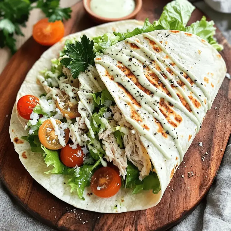 - 2 große Weizentortillas - 1 Tasse gekochte Hähnchenbrust, zerrupft - 1 Tasse Romana-Salat, grob gehackt - 1/2 Tasse Caesar-Dressing - 1/4 Tasse Parmesan, gerieben - 1/4 Tasse Kirschtomaten, halbiert - Croutons für zusätzlichen Crunch (optional) - 1/4 Teelöffel schwarzer Pfeffer - 1/4 Teelöffel Knoblauchpulver Um einen perfekten Chicken Caesar Wrap zu machen, brauchst du frische Zutaten. Ich empfehle, die Tortillas leicht zu erwärmen. So wird es einfacher, sie zu rollen. Die Hähnchenbrust sollte zart und gut gewürzt sein. Das Caesar-Dressing bringt den Wrap zusammen und gibt ihm einen tollen Geschmack. Die Romana-Salatblätter sind knackig und sorgen für eine frische Note. Parmesan und Kirschtomaten fügen Geschmack und Farbe hinzu. Wenn du es magst, kannst du Croutons für einen extra Crunch verwenden. Die Gewürze sind einfach, aber wichtig. Schwarzer Pfeffer und Knoblauchpulver bringen die Aromen zur Geltung. Diese Mischung ergibt einen Wrap, der nicht nur lecker aussieht, sondern auch köstlich schmeckt. Wenn du mehr über die Zubereitung erfahren möchtest, schau dir das Full Recipe an. - Mische in einer großen Schüssel: - 1 Tasse gekochte Hähnchenbrust, zerrupft - 1 Tasse Romana-Salat, grob gehackt - 1/2 Tasse Caesar-Dressing - 1/4 Tasse Parmesan, gerieben - 1/4 Tasse Kirschtomaten, halbiert - 1/4 Teelöffel schwarzer Pfeffer - 1/4 Teelöffel Knoblauchpulver - Achte darauf, dass alles gut vermischt ist. Alle Zutaten sollen gleichmäßig mit dem Dressing bedeckt sein. - Lege eine Tortilla auf eine saubere Arbeitsfläche. - Gib eine große Menge der Hähnchen-Caesar-Mischung in die Mitte. - Optional: Füge eine Handvoll Croutons hinzu, wenn du extra Crunch magst. - Klappe die Seiten der Tortilla ein und rolle sie von unten nach oben fest auf. - Du kannst die Wraps für eine knusprige Textur grillen. - Erhitze eine beschichtete Pfanne und lege die Wraps hinein. Grillen für 2-3 Minuten auf jeder Seite. - Schneide die Wraps diagonal in zwei Hälften. Serviere sie sofort oder wickle sie in Alufolie für eine Mahlzeit unterwegs. Du kannst das gesamte Rezept für den ultimativen Hähnchen Caesar Wrap ganz einfach zubereiten! - Verwende frische Zutaten. Frische Zutaten machen jeden Biss besser. - Erwärme die Tortillas leicht. Dies hilft beim Rollen und macht es einfacher. - Serviere die Wraps auf einem Holzbrett. Das sieht toll aus und zieht Blicke an. - Biete Caesar-Dressing als Dip an. So kann jeder nach Belieben eintauchen. - Verwende nicht zu viel Füllung. Zu viel Füllung lässt sich schwer rollen. - Rolle die Wraps fest genug. So bleibt die Füllung drin und läuft nicht heraus. Diese Tipps helfen dir, den perfekten Chicken Caesar Wrap zuzubereiten. Du kannst sie leicht anwenden und sie machen dein Gericht noch besser. Bei der Zubereitung achte auf die Details, um das beste Ergebnis zu erzielen. Probiere auch die [Full Recipe], um alle Schritte zu sehen. {{image_4}} Sie können den Chicken Caesar Wrap leicht anpassen. - Fügen Sie gegrilltes Gemüse wie Paprika oder Zucchini hinzu. - Verwenden Sie Kichererbsen oder Tofu statt Hähnchen. Diese Optionen sind lecker und gesund. Für mehr Geschmack können Sie kreativ werden. - Geben Sie scharfe Sauce oder Jalapeños hinzu, um einen Kick zu bekommen. - Probieren Sie verschiedene Salatdressings aus. Ein Joghurtdressing kann erfrischend sein. Die richtigen Beilagen machen das Essen noch besser. - Servieren Sie passende Dips wie Guacamole oder Salsa. - Salate oder Chips sind tolle Ergänzungen. Sie bringen Crunch und Farbe auf den Teller. Diese Variationen machen den Chicken Caesar Wrap spannend und vielseitig. Es ist einfach, neue Geschmäcker zu entdecken. Wenn du die Wraps nicht sofort isst, lege sie in den Kühlschrank. Du solltest sie innerhalb von 3 Tagen konsumieren. So bleiben sie frisch und lecker. Achte darauf, die Wraps gut zu verpacken. Verwende Frischhaltefolie oder eine luftdichte Box. Um die Wraps länger aufzubewahren, kannst du sie einfrieren. Wickel sie fest in Alufolie oder Gefrierbeutel. So bleiben sie bis zu 2 Monate frisch. Wenn du sie später essen möchtest, lass sie im Kühlschrank auftauen. Um den besten Geschmack zu erhalten, wärme die Wraps im Ofen oder in der Pfanne auf. Lege sie bei mittlerer Hitze in die Pfanne. So werden sie knusprig. Alternativ kannst du sie auch im Ofen backen. Stelle ihn auf 180 Grad Celsius und backe die Wraps etwa 10 Minuten. So schmecken sie fast wie frisch zubereitet. - Das Rezept ergibt 2 Portionen. So kannst du mit einem Freund oder einer Freundin teilen. - Ja, du kannst die Wraps im Voraus machen. Achte aber darauf, die frischen Zutaten zu trennen. So bleiben sie knackig und frisch. - Der Nährwert hängt von den verwendeten Zutaten ab. Du kannst gesunde Alternativen wie Vollkornwraps oder weniger Dressing verwenden. So machst du die Wraps nahrhafter. Zusammenfassend haben wir die wichtigsten Zutaten und Schritte für einen Chicken Caesar Wrap betrachtet. Du hast gelernt, wie man die Füllung zubereitet, die Tortillas rollt und sie ansprechend serviert. Außerdem gab es Tipps zur Aufbewahrung und Variationen des Rezepts. Experimentiere mit frischen Zutaten und entdecke neue Varianten. Wraps sind schnell gemacht und immer lecker. Viel Spaß beim Ausprobieren deiner eigenen Kreationen!