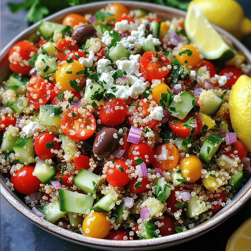 - 1 Tasse Quinoa, gründlich gewaschen - 2 Tassen Gemüsebrühe oder Wasser - 1 Tasse Kirschtomaten, halbiert - 1 Gurke, gewürfelt - 1 rote Paprika, gewürfelt Quinoa ist der Star dieses Salats. Sie ist gesund und voller Protein. Ich koche die Quinoa mit Gemüsebrühe für mehr Geschmack. Kirschtomaten bringen Süße, während Gurke und Paprika Frische hinzufügen. - 1/2 rote Zwiebel, fein gehackt - 1/2 Tasse Kalamata-Oliven, entsteint und in Scheiben geschnitten - 1/2 Tasse Feta-Käse, zerbröselt - 1/4 Tasse frische Petersilie, gehackt Die rote Zwiebel gibt einen leichten Biss. Kalamata-Oliven bringen eine salzige Note. Feta-Käse fügt eine cremige Textur hinzu. Petersilie sorgt für Farbe und Frische. - 2 Esslöffel Olivenöl - 1 Esslöffel Zitronensaft - 1 Teelöffel getrockneter Oregano - Salz und Pfeffer nach Geschmack Das Dressing ist einfach, aber voller Geschmack. Olivenöl und Zitronensaft machen es frisch. Oregano bringt den mediterranen Flair. Ich füge Salz und Pfeffer hinzu, um alles auszubalancieren. Für die vollständige Zubereitung der Zutaten schau dir das [Full Recipe] an. Um Quinoa perfekt zuzubereiten, beginne damit, Quinoa und Gemüsebrühe zu vermengen. Verwende einen mittelgroßen Topf. Bringe die Mischung bei mittlerer Hitze zum Kochen. Achte darauf, dass es gut kocht. Sobald das Wasser kocht, reduziere die Hitze auf niedrig. Decke den Topf ab und lass die Quinoa 15 Minuten köcheln. Die Quinoa wird fluffig und saugt die gesamte Flüssigkeit auf. Nimm den Topf vom Herd und lasse die Quinoa abkühlen. Nehme eine große Rührschüssel. Füge die abgekühlte Quinoa hinzu. Vermenge sie gut mit Kirschtomaten, Gurke, roter Paprika, roter Zwiebel, Kalamata-Oliven und Feta-Käse. Das gibt dem Salat viele frische Aromen. Bereite dann das Dressing vor. Mische in einer kleinen Schüssel Olivenöl, Zitronensaft, getrockneten Oregano, Salz und Pfeffer. Verquirle alles, bis es gut vermischt ist. Gieße das Dressing über den Quinoa-Salat. Rühre vorsichtig um, damit alle Zutaten gut verteilt sind. Füge die gehackte Petersilie hinzu und würze nach Belieben. Lass den Salat mindestens 30 Minuten im Kühlschrank kühlen. So verbinden sich die Aromen hervorragend. Serviere den Salat frisch und genieße den Geschmack des Mittelmeers. Für den vollen Genuss, schaue dir das [Full Recipe] an. Um eine matschige Konsistenz zu vermeiden, spülen Sie die Quinoa gründlich. Das Entfernen der Bitterstoffe verbessert den Geschmack. Verwenden Sie das richtige Verhältnis von Flüssigkeit und Quinoa. Ein gutes Verhältnis ist 2:1, also zwei Tassen Flüssigkeit für jede Tasse Quinoa. Kochen Sie die Quinoa bei mittlerer Hitze und lassen Sie sie quellen. So wird sie locker und fluffig. Die Präsentation ist wichtig für das Essen. Servieren Sie den Salat in einer großen, schönen Schüssel. Garnieren Sie ihn mit zusätzlichem Feta und frischer Petersilie. Eine Zitronenscheibe an die Seite verleiht einen frischen Touch. Sie können auch einige Kirschtomaten oben drauf legen. So sieht der Salat einladend aus. Ein häufiger Fehler ist, die Zutaten nicht gleichmäßig zu vermengen. Achten Sie darauf, alles gut zu kombinieren. So schmeckt jeder Bissen gleich gut. Ein weiterer Fehler ist das Übermarinieren des Salats. Lassen Sie den Salat nicht zu lange im Dressing, da er sonst matschig wird. 30 Minuten im Kühlschrank reichen aus, um die Aromen zu verbinden. {{image_4}} Wenn du den Feta-Käse ersetzen möchtest, gibt es tolle vegane Alternativen. Du kannst zerdrückte Tofu oder einen veganen Käse verwenden. Diese Optionen geben deinem Salat einen ähnlichen Geschmack und eine gute Textur. Zusätzlich kannst du andere Proteinquellen hinzufügen. Kichererbsen sind eine großartige Wahl. Sie sind nahrhaft und fügen einen tollen Biss hinzu. Auch schwarze Bohnen oder Linsen eignen sich hervorragend. Um deinem Salat mehr Geschmack zu verleihen, füge Avocado hinzu. Sie macht den Salat cremig und sättigend. Rucola bringt eine leichte Schärfe. Nüsse und Samen fügen einen knusprigen Biss hinzu. Mandeln oder Sonnenblumenkerne sind hier eine gute Wahl. Saisonale Gemüsealternativen sorgen für Abwechslung. Im Sommer kannst du Zucchini oder Paprika verwenden. Im Herbst passen Kürbis oder Rote Bete gut dazu. Um deinem Dressing einen neuen Twist zu geben, verwende verschiedene Essigsorten. Balsamico oder Apfelessig bringen unterschiedliche Aromen. Du kannst auch Zitrussaft wie Limette oder Grapefruit probieren. Passe die Gewürze und Kräuter an deinen Geschmack an. Frischer Basilikum oder Minze verleihen dem Salat eine frische Note. Auch Kreuzkümmel oder Paprika können interessante Geschmäcker hinzufügen. Der mediterrane Quinoasalat bleibt im Kühlschrank etwa drei bis fünf Tage frisch. Um den Salat optimal zu lagern, nutzen Sie einen luftdichten Behälter. So bleibt der Salat knackig und die Aromen erhalten. Vermeiden Sie, den Salat in einer offenen Schüssel zu lassen. Das schadet der Frische. Es ist nicht ideal, den Quinoasalat einzufrieren. Die Textur von Gemüse und Dressing verändert sich beim Einfrieren. Wenn Sie den Salat dennoch einfrieren möchten, lassen Sie das Dressing weg. Frieren Sie nur die Quinoa und das Gemüse ein. Zum Auftauen legen Sie die Portion in den Kühlschrank. Lassen Sie es über Nacht auftauen. Danach fügen Sie frisches Dressing hinzu. Haben Sie Reste? Nutzen Sie diese kreativ! Mischen Sie die übrig gebliebene Quinoa mit Eiern und braten Sie sie als Omelett. Oder fügen Sie die Zutaten einem Wrap hinzu. Auch als Beilage für ein Hauptgericht eignet sich der Salat gut. Variieren Sie mit frischen Kräutern oder Nüssen für einen neuen Twist. Der mediterrane Quinoasalat bleibt im Kühlschrank bis zu fünf Tage frisch. Um die Haltbarkeit zu maximieren, lagere den Salat in einem luftdichten Behälter. So bleibt er knackig und lecker. Vermeide es, den Salat bei Raumtemperatur stehen zu lassen. Das kann die Qualität beeinträchtigen. Ja, du kannst den Quinoasalat gut vorbereiten. Koche die Quinoa und lasse sie abkühlen. Mische dann die Gemüse und das Dressing im Voraus. Du kannst alles in einem Behälter aufbewahren. So sparst du Zeit, wenn du den Salat servieren möchtest. Stelle sicher, dass du das Dressing erst kurz vor dem Servieren hinzufügst. So bleibt der Salat frisch und knackig. Ja, der Salat ist glutenfrei. Quinoa selbst enthält kein Gluten und ist eine tolle Option für glutenfreie Ernährung. Achte darauf, dass alle anderen Zutaten, wie der Feta-Käse und die Oliven, ebenfalls glutenfrei sind. So kannst du diesen Salat ohne Sorgen genießen. Zusammenfassend haben wir einen leckeren mediterranen Quinoasalat erstellt. Wir haben die Hauptzutaten wie Quinoa und frisches Gemüse besprochen. Ich habe erklärt, wie man die Quinoa perfekt zubereitet und den Salat anrichtet. Zudem gab es Tipps zu Variationen und zur Aufbewahrung des Salats. Letztlich ist dieser Salat gesund und vielseitig. Er passt gut zu vielen Gelegenheiten. Experimentiere mit den Zutaten und finde deine Lieblingsvariationen!