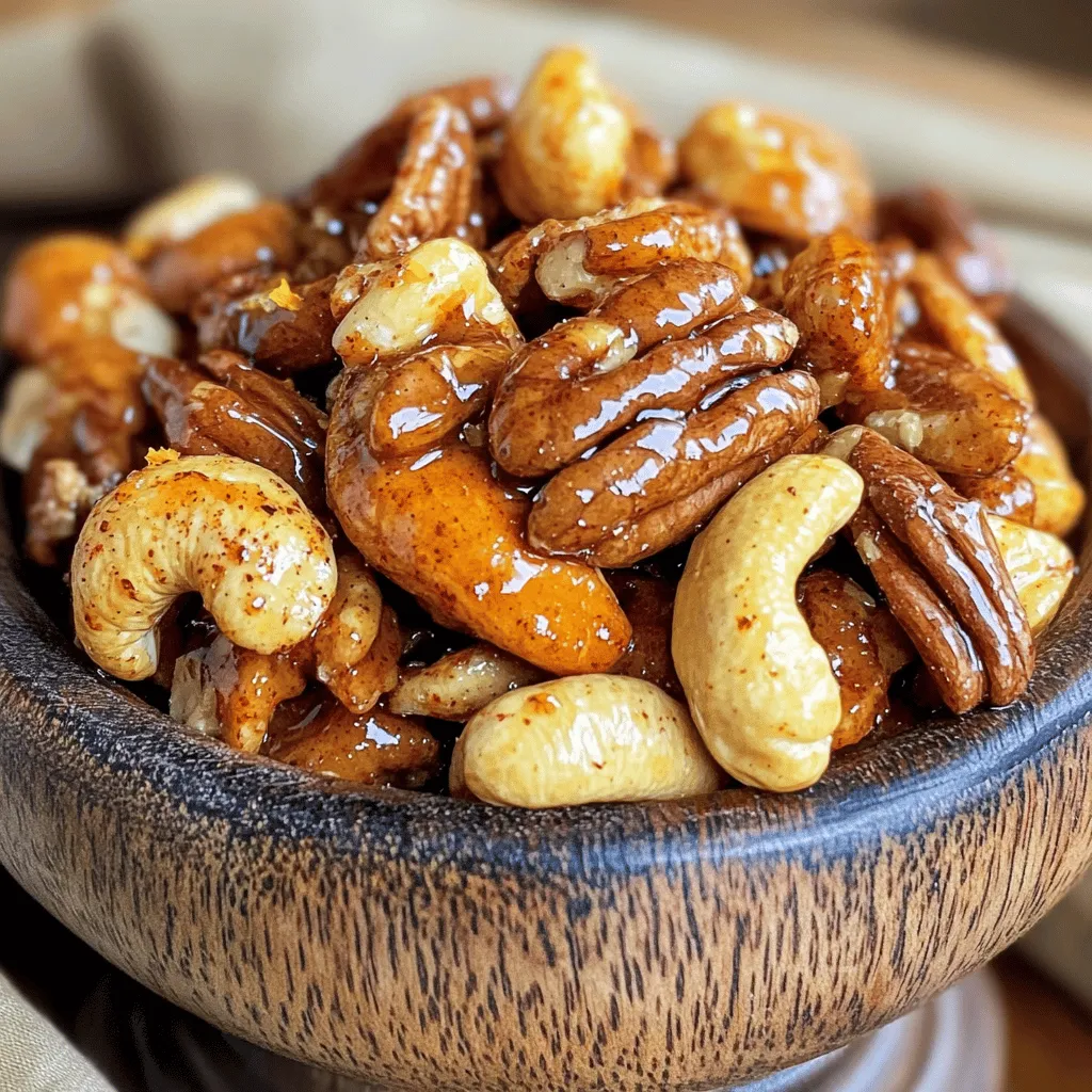 Die Zutaten für süß und würzige geröstete Nüsse sind einfach zu finden und machen Spaß. Hier ist, was du brauchst: - 2 Tassen gemischte Nüsse (Mandeln, Cashews, Walnüsse und Pekannüsse) - 1 Esslöffel Olivenöl - 2 Esslöffel brauner Zucker - 1 Esslöffel Honig - Gewürze: - 1 Teelöffel Cayennepfeffer (nach Geschmack anpassen) - 1 Teelöffel geräuchertes Paprikapulver - 1/2 Teelöffel Meersalz - 1/2 Teelöffel gemahlener Zimt - 1/4 Teelöffel Muskatnuss - Abrieb von 1 Orange Diese Zutaten bringen einen tollen süßen und scharfen Geschmack. Die Nüsse sind perfekt als Snack oder zum Teilen. Der Abrieb der Orange fügt eine frische Note hinzu. Wenn du mehr über die Zubereitung erfahren möchtest, schaue dir die vollständige Rezeptbeschreibung an. Heize deinen Ofen auf 175 °C vor. Das sorgt für die perfekte Röstaroma. Mische in einer Schüssel die Nüsse. Du kannst Mandeln, Cashews, Walnüsse und Pekannüsse verwenden. Diese Mischung ergibt einen tollen Geschmack. Gib das Olivenöl, den braunen Zucker, den Honig, den Cayennepfeffer, das geräucherte Paprikapulver, das Meersalz, den Zimt, die Muskatnuss und den Abrieb von einer Orange in eine große Schüssel. Rühre alles gut um, bis eine glatte Paste entsteht. Füge dann die Nüsse hinzu und mische, bis alle Nüsse gut bedeckt sind. Verteile die Nüsse gleichmäßig auf ein mit Backpapier ausgelegtes Backblech. Röste die Nüsse im Ofen für 15-20 Minuten. Rühre die Nüsse zur Hälfte der Zeit um. So werden sie gleichmäßig knusprig. Achte darauf, dass sie nicht verbrennen. Nach dem Rösten lasse sie etwa 10 Minuten abkühlen. Sie werden beim Abkühlen extra knusprig. Wenn sie abgekühlt sind, breche eventuelle Klumpen auf. Du kannst die Nüsse dann in einen luftdichten Behälter füllen. Für die komplette Zubereitung, sieh dir das [Full Recipe] an. Die Röstzeit ist wichtig für den besten Geschmack. Verschiedene Nüsse brauchen unterschiedliche Zeiten. Zum Beispiel: - Mandeln: 10-15 Minuten - Cashews: 12-15 Minuten - Walnüsse: 8-12 Minuten - Pekannüsse: 10-15 Minuten Behalte die Nüsse im Auge. Jedes Mal, wenn sie goldbraun werden, sind sie fast fertig. Verbrennung kann leicht passieren. Rühre die Nüsse alle 5-7 Minuten um. So röstest du sie gleichmäßig. Achte darauf, dass sie nicht zu dunkel werden. Wenn sie anfangen zu riechen, sind sie fast bereit. Du kannst die Süße und Würze anpassen. Wenn du es süßer magst, füge mehr Honig oder Zucker hinzu. Für mehr Schärfe, erhöhe den Cayennepfeffer. Experimentiere mit den Gewürzen. Das macht deine Nüsse einzigartig und besonders. Für das volle Rezept schaue dir die vollständige Rezeptbeschreibung an. {{image_4}} Um deinen Snack noch nussiger zu machen, füge Samen hinzu. Kürbiskerne und Sonnenblumenkerne sind tolle Optionen. Diese Samen bringen einen knusprigen Biss. Sie passen gut zu den Nüssen und erweitern den Geschmack. Mische einfach die Samen in die süß-würzige Mischung. So hast du mehr Textur und Nährstoffe in deinem Snack. Die Gewürze machen dein Gericht besonders. Du kannst mit verschiedenen Gewürzen experimentieren. Probiere zum Beispiel Kreuzkümmel oder Ingwer. Diese Gewürze geben dem Snack einen neuen Geschmack. Du kannst auch weniger Cayennepfeffer verwenden, wenn du es milder magst. Für mehr Tiefe kannst du auch Chili-Pulver hinzufügen. Es gibt viele Wege, um die Aromen anzupassen! Wenn du eine andere Süße möchtest, probiere Agavendicksaft. Dieser Sirup hat einen milden Geschmack. Er ist eine gute Option für Menschen, die weniger Zucker essen. Du kannst auch Honig durch Ahornsirup ersetzen. Beide bringen eine andere Süße, die gut zu den Nüssen passt. Experimentiere mit diesen Alternativen, um deinen Lieblingsgeschmack zu finden. Bewahren Sie die gerösteten Nüsse in einem luftdichten Behälter auf. Ein Glasbehälter oder eine Plastikbox mit dichtem Deckel funktioniert gut. Halten Sie die Nüsse fern von Licht und Feuchtigkeit. Diese Faktoren können die Frische beeinträchtigen. Lagern Sie die Nüsse an einem kühlen, trockenen Ort. So bleiben sie länger knackig und lecker. Geröstete Nüsse sind in der Regel etwa zwei Wochen haltbar. Wenn Sie sie im Kühlschrank lagern, können sie sogar bis zu einem Monat frisch bleiben. Achten Sie darauf, dass sie immer gut verschlossen sind. So behalten sie ihren Geschmack und ihre Knusprigkeit. Überprüfen Sie die Nüsse regelmäßig. Wenn sie ranzig riechen oder einen bitteren Geschmack haben, sollten Sie sie wegwerfen. Auch eine weiche oder gummiartige Textur ist ein Warnsignal. Frische Nüsse sollten knackig und aromatisch sein. Wenn die Nüsse nicht mehr gut aussehen oder riechen, genießen Sie sie besser nicht mehr. Es dauert etwa 15 bis 20 Minuten, die Nüsse zu rösten. Ich empfehle, den Ofen auf 175 °C vorzuheizen. Während des Röstens sollten Sie die Nüsse einmal umschichten. So rösten sie gleichmäßig. Behalten Sie die Nüsse im Auge, um ein Verbrennen zu verhindern. Wenn sie goldbraun und duftend sind, sind sie fertig. Ja, Sie können die Nüsse anpassen. Wenn jemand eine Nussallergie hat, verwenden Sie Samen. Kürbiskerne oder Sonnenblumenkerne sind gute Alternativen. Mischen Sie sie mit der gleichen Gewürzmischung. So bleibt der Geschmack spannend. Ja, es gibt viele vegane Alternativen. Sie können Agavendicksaft oder Ahornsirup verwenden. Beide sind süß und passen gut zu den Nüssen. Tauschen Sie einfach den Honig im Rezept aus. Die vollständige Rezeptanleitung finden Sie im Abschnitt „Vollständiges Rezept“. Dort sind alle Schritte und Tipps aufgelistet, um Ihr perfektes Ergebnis zu erreichen. Diese Anleitung hat Ihnen gezeigt, wie Sie köstliche geröstete Nüsse zubereiten können. Wir haben die Zutaten, die richtige Röstzeit und verschiedene Variationen besprochen. Genießen Sie Ihre Nüsse in verschiedenen Geschmäckern und als gesunden Snack. Stellen Sie sicher, dass Sie diese frisch und luftdicht lagern. So bleiben Ihre Snacks lange lecker. Experimentieren Sie und passen Sie das Rezept an Ihren Geschmack an. Lassen Sie Ihre Kreativität sprießen!