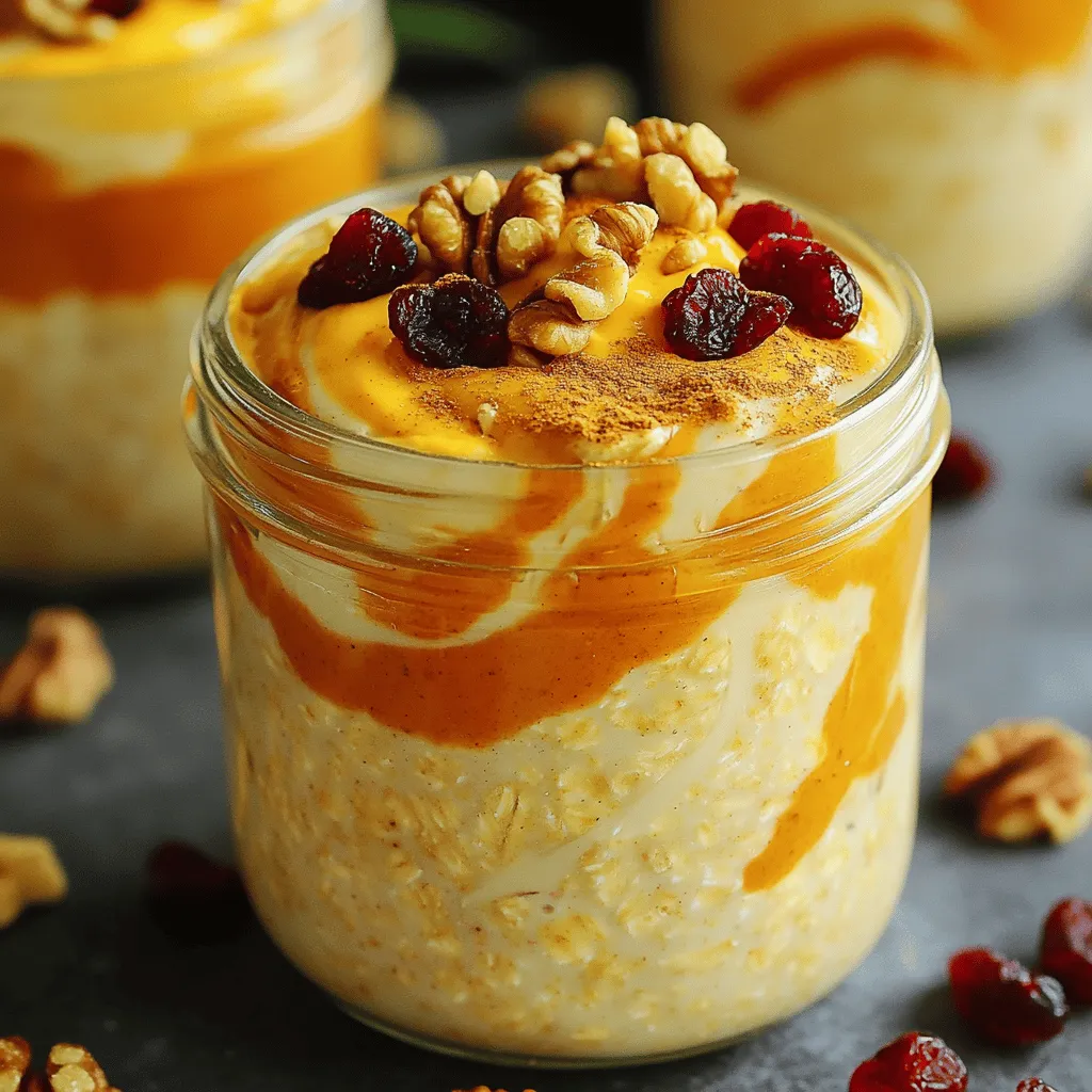 Für dieses Rezept benötigst du folgende Zutaten: - 1 Tasse zarte Haferflocken - 1 Tasse Mandelmilch (oder Milch nach Wahl) - 1/2 Tasse Kürbispüree aus der Dose - 1 Esslöffel Ahornsirup (oder Honig) - 1 Teelöffel Kürbiskuchengewürz - 1/2 Teelöffel Vanilleextrakt - 1/4 Tasse griechischer Joghurt (optional für mehr Cremigkeit) - Eine Prise Salz - Gehackte Nüsse (Walnüsse oder Pekannüsse) als Topping - Getrocknete Cranberries oder Rosinen für die Garnierung Jede Zutat hat ihren eigenen Zweck. Die Haferflocken geben die Basis, während das Kürbispüree den vollen Geschmack bringt. Ahornsirup sorgt für die nötige Süße. Du kannst die Zutaten leicht anpassen. Wenn du allergisch gegen Milch bist, nutze Hafer- oder Sojamilch. Für eine vegane Variante lässt du den Joghurt einfach weg oder nimmst eine pflanzliche Alternative. Wenn du keinen Honig magst, kannst du auch Agavendicksaft verwenden. Achte darauf, die Gewürze nach deinem Geschmack anzupassen. Du kannst auch mehr oder weniger Kürbiskuchengewürz hinzufügen. Wähle frische oder biologische Zutaten, wenn möglich. Hochwertige Haferflocken haben einen besseren Geschmack und eine bessere Textur. Biologisches Kürbispüree hat oft einen intensiveren Geschmack. Achte auch auf die Qualität des Sirups. Echtes Ahornsirup hat einen reicheren Geschmack als die künstlichen Varianten. Diese kleinen Änderungen können einen großen Unterschied im Endergebnis machen. Hochwertige Zutaten tragen zu einem besseren Geschmack und einer besseren Präsentation bei. Probiere die Tipps aus und genieße deine Kürbisgewürz Übernacht Haferflocken! Um Kürbisgewürz Übernacht Haferflocken zuzubereiten, beginne mit der Basis. Du benötigst zarte Haferflocken, Mandelmilch, Kürbispüree und weitere Zutaten. Gib alle festen und flüssigen Zutaten in eine große Schüssel. Das sind: - 1 Tasse zarte Haferflocken - 1 Tasse Mandelmilch - 1/2 Tasse Kürbispüree aus der Dose - 1 Esslöffel Ahornsirup - 1 Teelöffel Kürbiskuchengewürz - 1/2 Teelöffel Vanilleextrakt - Eine Prise Salz Wenn du mehr Cremigkeit möchtest, füge auch griechischen Joghurt hinzu. Rühre alles gut um, bis die Masse gleichmäßig ist. Jetzt kommt der spannende Teil. Teile die Mischung in zwei Gläser. Schließe die Behälter fest und stelle sie in den Kühlschrank. Lass sie mindestens vier Stunden oder über Nacht stehen. Dies hilft den Haferflocken, die Flüssigkeit und Aromen aufzunehmen. Am nächsten Tag werden sie weich und cremig. Du wirst die Konsistenz lieben! Wenn du bereit bist, die Haferflocken zu genießen, nimm sie aus dem Kühlschrank. Rühre die Mischung gut um, um alles zu vermischen. Garniere die Haferflocken mit gehackten Nüssen wie Walnüssen oder Pekannüssen. Füge getrocknete Cranberries oder Rosinen hinzu für einen süßen Crunch. Die bunten Schichten sehen toll aus in klaren Gläsern. Bestreue die Oberseite mit etwas Kürbiskuchengewürz für den letzten Schliff. Das ist ein einfaches und köstliches Frühstück! Für das vollständige Rezept, schau dir die Details oben an. Ein häufiger Fehler ist, die Haferflocken zu wenig zu vermengen. Stelle sicher, dass alle Zutaten gut kombiniert sind. Wenn du die Mischung nicht gut rührst, kann sie klumpig werden. Ein anderer Fehler ist, die Haferflocken nicht lange genug im Kühlschrank zu lassen. Über Nacht ist ideal, damit sie die Flüssigkeit gut aufnehmen. Um noch mehr Geschmack zu bekommen, füge frische Früchte hinzu. Bananen oder Äpfel passen hervorragend. Du kannst auch einen Schuss Karamell oder Schokolade probieren. Diese Extras bringen eine neue Dimension in dein Frühstück. Experimentiere mit verschiedenen Nüssen und Samen für mehr Crunch und Nährstoffe. Wähle Gläser mit einem luftdichten Deckel, um die Frische zu bewahren. Glasbehälter sind ideal, da sie keine Chemikalien abgeben. Achte darauf, dass die Behälter eine gute Größe haben. So bleibt genug Platz für die Haferflocken und die Toppings. Verwende kleine Behälter für Einzelportionen. Dann kannst du sie einfach mitnehmen. Für das vollständige Rezept, schaue dir den Abschnitt mit dem Titel "Full Recipe" an. {{image_4}} Du kannst die Kürbisgewürz Übernacht Haferflocken ganz einfach vegan und glutenfrei machen. Wähle dazu glutenfreie Haferflocken. Nutze Pflanzenmilch wie Mandel- oder Hafermilch. Diese Optionen machen das Rezept lecker und gesund. Anstelle von griechischem Joghurt kannst du auch Kokosjoghurt verwenden. Er bietet eine tolle Cremigkeit. Außerdem ist er eine gute Wahl für vegane Ernährung. Kürbisgewürz ist nur der Anfang. Du kannst viele andere Geschmäcker hinzufügen. Zum Beispiel, probiere Zimt oder Muskatnuss für mehr Wärme. Vanilleextrakt gibt einen süßen Hauch. Für einen fruchtigen Twist füge frische Beeren oder Apfelstücke hinzu. Auch Schokoladenstückchen passen gut. Experimentiere mit den Zutaten, um deinen perfekten Mix zu finden. Nutze frische, saisonale Zutaten, um die Haferflocken noch besser zu machen. Im Herbst sind Äpfel und Birnen besonders lecker. Im Winter kannst du Nüsse oder getrocknete Früchte wie Feigen verwenden. Im Frühling sind frische Kräuter wie Minze spannend. Jede Saison bringt neue Aromen. Das macht das Rezept abwechslungsreich und aufregend. Probiere verschiedene Kombinationen aus, um deinen Favoriten zu finden. Für das vollständige Rezept, schau dir die Anleitung in der vorherigen Sektion an. Um die Kürbisgewürz Übernacht Haferflocken frisch zu halten, bewahre sie im Kühlschrank auf. Verwende dafür feste Behälter mit Deckel. So bleibt die Mischung kühl und aromatisch. Sie sind am besten, wenn du sie innerhalb von drei Tagen nach der Zubereitung isst. Wenn du sie länger aufbewahren willst, achte darauf, dass der Deckel dicht schließt, um das Austrocknen zu vermeiden. Die Haltbarkeit dieser Haferflocken ist gut. Im Kühlschrank halten sie sich bis zu fünf Tage. Wenn du sie länger aufbewahren möchtest, kannst du sie einfrieren. Fülle die Mischung in gefriergeeignete Behälter. So bleibt der Geschmack erhalten. Du kannst sie bis zu drei Monate im Gefrierfach lagern. Stelle sicher, dass du die Haferflocken vor dem Servieren über Nacht im Kühlschrank auftauen lässt. Wenn du Reste hast, mache etwas Neues daraus. Du kannst die Haferflocken in einen Smoothie geben oder als Topping für Joghurt verwenden. Sie eignen sich auch hervorragend als Füllung für Pfannkuchen oder Waffeln. Nutze deine Kreativität, um die Reste lecker zu verarbeiten. Verwende die Kürbisgewürz Übernacht Haferflocken auch als Basis für einen fruchtigen Frühstücksauflauf. So hast du immer eine schmackhafte Option zur Hand. Kürbisgewürz Übernacht Haferflocken bleiben im Kühlschrank etwa 3 bis 5 Tage frisch. Achte darauf, sie in einem luftdichten Behälter aufzubewahren. Wenn sie gut gekühlt sind, bleiben die Aromen angenehm und die Textur bleibt gut. Nach ein paar Tagen könnten sie jedoch weicher werden. Du kannst sie auch einen Tag vorher zubereiten und dann genießen. Ja, du kannst jede Milchart verwenden. Mandelmilch ist toll, aber auch Sojamilch oder Hafermilch funktionieren gut. Wenn du keine pflanzliche Milch magst, nimm einfach normale Kuhmilch. Jede Milch gibt einen eigenen Geschmack und eine eigene Textur. Probiere verschiedene Sorten, um deinen Favoriten zu finden. Eine Portion Kürbisgewürz Übernacht Haferflocken hat ungefähr 300 bis 350 Kalorien. Dies kann je nach den Zutaten leicht variieren. Wenn du mehr Joghurt oder Nüsse hinzufügst, steigen die Kalorien. Diese Haferflocken sind nährstoffreich und bieten eine gute Mischung aus Kohlenhydraten, Proteinen und gesunden Fetten. Sie sind perfekt für ein gesundes Frühstück. Für das vollständige Rezept, schau dir die Anleitung an, um die Schritte einfach zu befolgen. In diesem Artikel haben wir die besten Zutaten und deren Anpassungen besprochen. Ich habe die Schritt-für-Schritt-Anleitung für die Zubereitung dargestellt. Tipps und Tricks helfen dir, häufige Fehler zu vermeiden und den Geschmack zu verbessern. Du kannst auch Variationen mit verschiedenen Zutaten ausprobieren. Denke an die optimale Lagerung für eine lange Haltbarkeit. Experimentiere mit den FAQs, um persönliche Fragen zu klären. Viel Spaß beim Ausprobieren dieser leckeren Haferflocken!