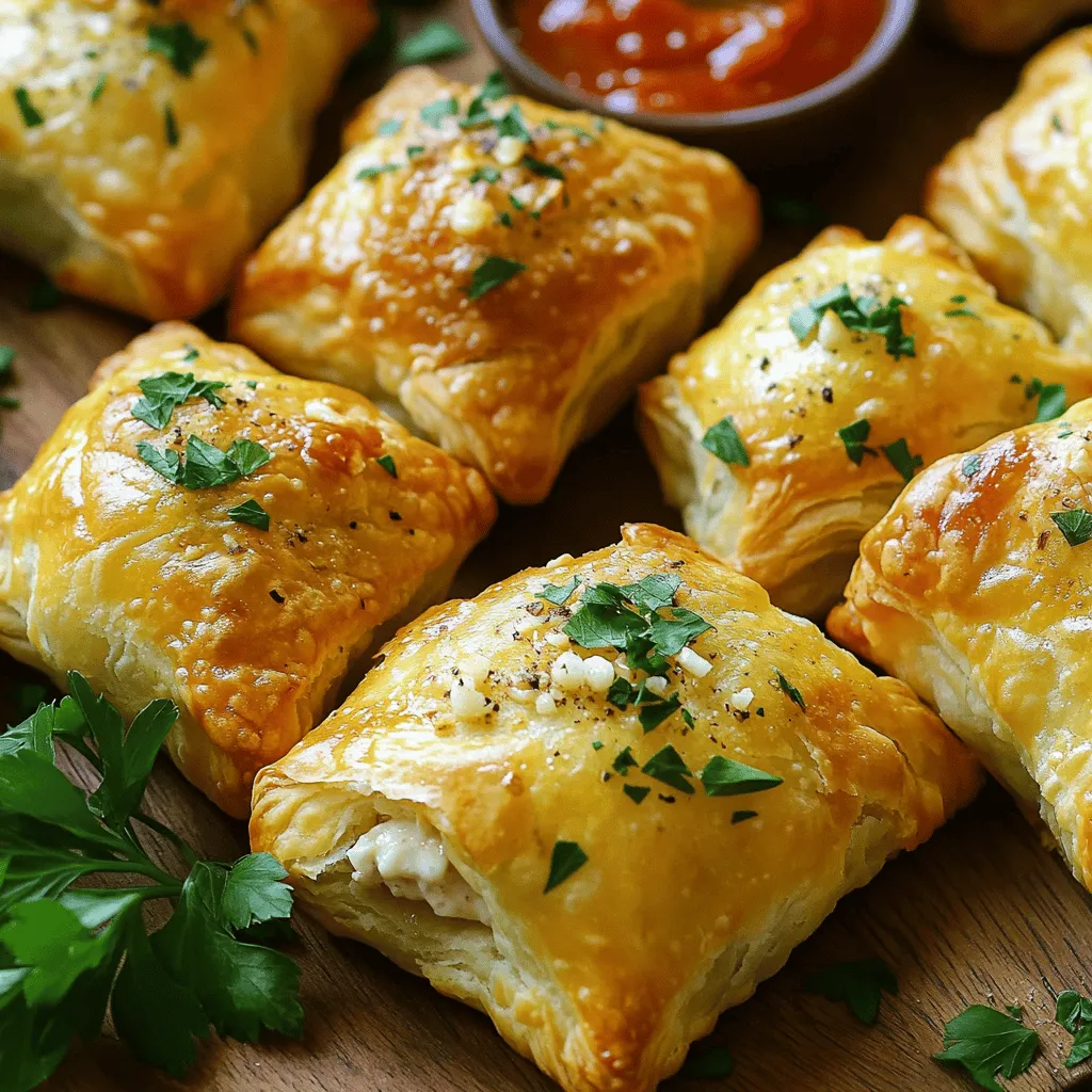 - 450 g Hähnchenbrustfilets, gekocht und zerkleinert - 240 g Frischkäse - 100 g geriebener Mozzarella-Käse - 4 Knoblauchzehen, fein gehackt - 1 Packung Blätterteig Die Hauptzutaten bilden die Basis für die Knoblauch-Hühnchen-Pastetchen. Ich empfehle, frisches Hähnchen zu verwenden. Dies sorgt für einen tollen Geschmack. Frischkäse macht die Füllung cremig. Mozzarella bringt einen leckeren, schmelzenden Effekt. Und natürlich, ohne Knoblauch geht es nicht. Der Knoblauch gibt diesen Pastetchen den besonderen Kick. - 1 Esslöffel frische Petersilie, gehackt - 1 Teelöffel Knoblauchpulver - Salz und Pfeffer nach Geschmack Die Gewürze sind wichtig für den Geschmack. Petersilie bringt Frische. Knoblauchpulver verstärkt den Knoblauchgeschmack. Salz und Pfeffer machen alles rund. Ich empfehle, die Gewürze nach deinem Geschmack anzupassen. Das macht das Rezept persönlicher und einzigartiger. - 1 Ei, geschlagen (für die Ei-Wäsche) Das Ei ist wichtig für die Farbe. Es hilft, die Pastetchen beim Backen goldbraun zu machen. Ein schöner Glanz macht sie noch appetitlicher. Wenn du die Pastetchen siehst, wirst du direkt Hunger bekommen! Für das vollständige Rezept und die Zubereitung, schau dir die [Full Recipe] an. - Ofen auf 200°C vorheizen - Backblech mit Backpapier auslegen Zuerst heizen Sie den Ofen vor. Dies hilft, die Pastetchen gleichmäßig zu backen. Legen Sie ein Backblech mit Backpapier aus. So kleben die Pastetchen nicht fest. - Hähnchen, Frischkäse, Mozzarella, Knoblauch, Petersilie und Gewürze mischen In einer Schüssel mischen Sie das zerkleinerte Hähnchen mit Frischkäse und Mozzarella. Fügen Sie den gehackten Knoblauch und die Petersilie hinzu. Vergessen Sie nicht, Salz und Pfeffer hinzuzufügen. Rühren Sie alles gut um, bis die Füllung cremig und gut vermischt ist. - Blätterteig ausrollen und schneiden - Füllung in die Mitte der Teigquadrate geben Rollt den Blätterteig auf einer leicht bemehlten Fläche aus. Schneiden Sie ihn in 7,5 cm große Quadrate. In die Mitte jedes Quadrats geben Sie einen gehäuften Esslöffel der Füllung. Achten Sie darauf, nicht zu viel Füllung zu nehmen, sonst kleben die Pastetchen. - Ecken des Teigs über der Füllung zusammenfalten - Mit geschlagenem Ei bestreichen und backen Falten Sie die Ecken des Teigs über der Füllung zusammen. Drücken Sie die Ränder gut an, damit die Füllung nicht herausläuft. Bestreichen Sie die Oberseiten mit geschlagenem Ei. So erhalten die Pastetchen eine schöne goldene Farbe. Legen Sie die Pastetchen auf das Backblech und backen Sie sie 15-20 Minuten lang. Sie sind fertig, wenn sie goldbraun sind. Für das vollständige Rezept schauen Sie bitte in den Abschnitt über die Zutaten. Um die beste Textur zu bekommen, rolle den Blätterteig dünn aus. Ein gut ausgewalzter Teig wird knusprig und leicht. Nutze ein leicht bemehltes Brett, damit der Teig nicht kleben bleibt. Achte darauf, dass der Teig gleichmäßig dick ist. Das sorgt dafür, dass die Pastetchen gleichmäßig backen. Experimentiere mit verschiedenen Käsesorten oder Gewürzen. Feta oder Cheddar bringen einen neuen Geschmack. Du kannst auch Kräuter wie Thymian oder Rosmarin hinzufügen. Das gibt den Pastetchen eine frische Note. Wenn du es schärfer magst, füge Chili oder Paprika hinzu. So wird die Füllung ganz nach deinem Geschmack. Serviere die Knoblauch-Hühnchen-Pastetchen warm. Sie passen gut zu verschiedenen Dips, wie einer Marinara-Sauce oder einem Joghurt-Dip. Dazu kannst du einen frischen Salat reichen. Das macht die Mahlzeit leicht und gesund. Diese Kombination sorgt für ein tolles Geschmackserlebnis. {{image_4}} Für eine vegane Variante nutze ich pflanzlichen Frischkäse. Ich empfehle auch, einen Hähnchenersatz zu verwenden. Diese Optionen bieten einen tollen Geschmack. Manchmal füge ich Chili oder Cajun-Gewürze hinzu. Diese Zutaten machen das Gericht schärfer und aufregender. Du kannst die Menge nach deinem Geschmack anpassen. Im Frühling oder Herbst mag ich, Gemüse in die Füllung zu geben. Du kannst Spargel oder Kürbis verwenden. Diese Zutaten bringen Farbe und Frische ins Gericht. So bleibt es das ganze Jahr über spannend. Diese Variationen helfen dir, die Knoblauch-Hühnchen-Pastetchen neu zu entdecken. Das Rezept bleibt gleich, aber die Kombinationen machen es einzigartig. Bewahren Sie die Knoblauch-Hühnchen-Pastetchen in luftdichten Behältern auf. So bleiben sie frisch und saftig. Legen Sie ein Stück Küchenpapier hinein, um Feuchtigkeit zu absorbieren. Das hilft, die Pastetchen knusprig zu halten. Genießen Sie sie innerhalb von drei Tagen nach dem Backen. Sie können die Pastetchen auch einfrieren. Legen Sie sie auf ein Backblech und frieren Sie sie ein, bis sie fest sind. Danach packen Sie sie in Gefrierbeutel. Vor dem Backen tauen Sie die Pastetchen im Kühlschrank auf. Backen Sie sie dann wie im Rezept beschrieben. So bleiben die Aromen frisch und lecker. Die Haltbarkeit ist wichtig, um Lebensmittelverschwendung zu vermeiden. Achten Sie auf die Lagerzeiten. Im Kühlschrank sind die Pastetchen etwa drei Tage haltbar. Im Gefrierfach können sie bis zu drei Monate bleiben. Nutzen Sie die Möglichkeit, Reste in kleinen Portionen einzufrieren. So haben Sie jederzeit einen schnellen Snack zur Hand. Die Knoblauch-Hühnchen-Pastetchen bleiben im Kühlschrank etwa drei Tage frisch. Ich lege sie in einen luftdichten Behälter. So bleiben sie knusprig. Wenn du sie länger aufbewahren möchtest, friere sie ein. Sie halten im Gefrierfach bis zu drei Monate. Zum Auftauen lege sie einfach über Nacht in den Kühlschrank. Ja, du kannst Blätterteig selbst herstellen. Mische Mehl, Wasser, Butter und eine Prise Salz. Knete den Teig gut und rolle ihn dann aus. Falten und rollen ist der Schlüssel für den Schichten. Mach das mehrmals, um eine flauschige Textur zu erreichen. Wenn du Zeit sparen willst, benutze fertigen Blätterteig. Er ist einfach und lecker. Die Knoblauch-Hühnchen-Pastetchen passen gut zu vielen Beilagen. Ein frischer Salat bringt Farbe und Geschmack. Auch eine marinara Sauce ist perfekt zum Dippen. Du kannst auch Gemüse-Sticks oder Oliven servieren. Wenn du etwas Herzhaftes möchtest, probiere Knoblauchbrot. Es ergänzt die Pastetchen wunderbar. Diese Anleitung zeigt dir, wie du köstliche Knoblauch-Hühnchen-Pastetchen zubereitest. Wir haben die besten Zutaten, Schritte und Tipps zusammengefasst. Du kannst deinen eigenen Stil einbringen, mit verschiedenen Füllungen oder Beilagen. Denke daran, deine Pastetchen gut zu lagern, um die Frische zu halten. Probiere es aus und genieße deine leckeren Kreationen. Viel Spaß beim Kochen!